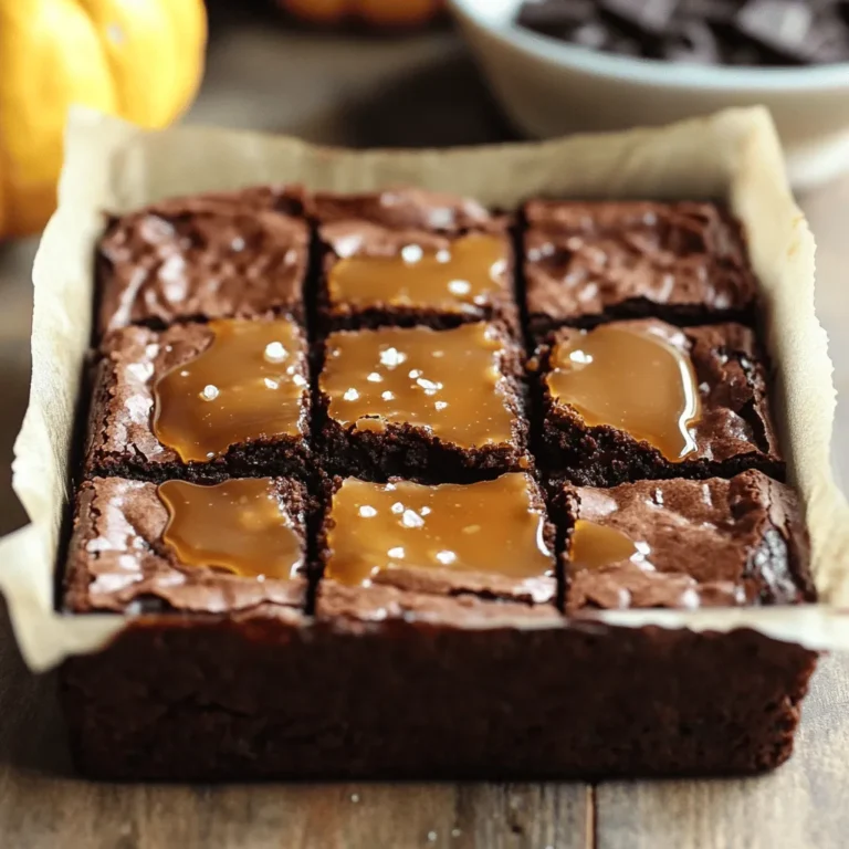 Um diese köstlichen Brownies zu machen, benötigst du: - 1 Tasse Kürbispüree - 1/2 Tasse ungesüßtes Kakaopulver - 1 Tasse Weizenmehl - 1 Tasse Kristallzucker - 1/2 Tasse brauner Zucker, fest gepackt - 1/2 Tasse ungesalzene Butter, geschmolzen - 3 große Eier - 1 Teelöffel Vanilleextrakt - 1/2 Teelöffel Backpulver - 1/4 Teelöffel Natron - 1/2 Teelöffel Salz - 1/2 Tasse Schokoladenstückchen (dunkel oder halbsüß) - 1/2 Tasse gesalzene Karamellsauce (kaufen oder selbstgemacht) - Flockiges Meersalz, zum Garnieren Es ist wichtig, die richtigen Maße zu verwenden. Hier sind einige Alternativen: - Kürbispüree: Du kannst auch frischen Kürbis verwenden, der gekocht und püriert wurde. - Weizenmehl: Verwende Dinkelmehl für eine nussigere Note. - Kakaopulver: Rohes Kakaopulver kann einen intensiveren Geschmack bieten. - Zucker: Kokosblütenzucker ist eine gesunde Alternative. - Butter: Für eine vegane Option nutze Kokosöl. Gesalzene Karamellsauce ist der Star dieses Rezepts. Sie bietet eine süße Note mit einem salzigen Kick. Du kannst sie kaufen oder selbst zubereiten. Um sie selbst zu machen, schmelze Zucker in einem Topf, bis er goldbraun wird. Dann füge Sahne und eine Prise Salz hinzu. Rühre gut um, bis die Sauce cremig ist. Lass sie abkühlen, bevor du sie verwendest. Die Karamellsauce macht die Brownies besonders lecker. Sie sorgt für eine schöne Textur und einen tollen Geschmack. Heize zuerst deinen Ofen auf 175°C vor. Dies ist wichtig, um die Brownies gleichmäßig zu backen. Fette eine 20x20 cm Backform ein. Alternativ kannst du sie mit Backpapier auslegen. So bleiben die Brownies nach dem Backen nicht kleben. In einer großen Schüssel gibst du das Kürbispüree, die geschmolzene Butter, den Kristallzucker, den braunen Zucker und den Vanilleextrakt. Rühre alles gut mit einem Schneebesen oder Handmixer. Die Mischung sollte glatt und gleichmäßig sein. Jetzt füge die Eier einzeln hinzu. Schlage jede Zugabe gut ein. So wird der Teig schön luftig. In einer anderen Schüssel vermischst du das Mehl, das Kakaopulver, das Backpulver, das Natron und das Salz. Diese trockenen Zutaten sind wichtig für die Konsistenz. Gib die trockenen Zutaten nach und nach zu den feuchten Zutaten. Rühre nur so lange, bis alles leicht vermischt ist. Übermische die Masse nicht. Sonst werden die Brownies zäh. Jetzt ist es Zeit, die Schokoladenstückchen vorsichtig unterzuheben. Halte einige Stückchen für das Topping zurück. Gieße die Hälfte des Brownieteigs gleichmäßig in die vorbereitete Backform. Träufle die Hälfte der gesalzenen Karamellsauce gleichmäßig über den Teig. Gieße dann den restlichen Brownieteig über die Karamelschicht. Träufle die restliche gesalzene Karamellsauce darüber. Mit einem Messer oder Zahnstocher ziehe vorsichtig Muster. So vermischt sich die Karamelsauce leicht mit dem Teig. Verteile die zurückbehaltenen Schokoladenstückchen auf der Oberfläche. Backe die Brownies dann 25-30 Minuten. Sie sind fertig, wenn ein Zahnstocher mit ein paar feuchten Krümeln herauskommt. Lass die Brownies mindestens 15 Minuten in der Form abkühlen, bevor du sie in Quadrate schneidest. Vor dem Servieren bestreue sie mit flockigem Meersalz. Um die besten Brownies zu genießen, achte auf die Backzeit. Backe sie nicht zu lange. Ein Zahnstocher sollte mit wenigen feuchten Krümeln herauskommen. So bleiben die Brownies schön saftig. Lass sie nach dem Backen kurz auskühlen, bevor du sie schneidest. Das ist wichtig für die perfekte Form. Serviere sie mit einem Klecks gesalzener Karamellsauce. Das verstärkt den Geschmack. Ein häufiger Fehler ist, den Teig zu übermischen. Mische nur so lange, bis alles leicht vermengt ist. Zu viel Rühren macht die Brownies zäh. Achte auch darauf, die richtige Backform zu nutzen. Eine 20x20 cm Form funktioniert am besten. Wenn du die Brownies in einer größeren Form backst, werden sie dünn und trocken. Überprüfe die Backzeit. Jeder Ofen kann unterschiedlich sein. Für dieses Rezept benötigst du einige wichtige Utensilien: - Eine große Schüssel für die feuchten Zutaten - Eine separate Schüssel für die trockenen Zutaten - Einen Schneebesen oder Handmixer für die Mischung - Eine 20x20 cm Backform, gefettet oder mit Backpapier ausgelegt - Ein Messer oder Zahnstocher zum Testen der Brownies Diese Werkzeuge machen die Zubereitung einfacher und effektiver. {{image_4}} Möchtest du eine vegane Version der Brownies? Du kannst die Eier durch Apfelmus oder Chiasamen ersetzen. Verwende 1/4 Tasse Apfelmus für jedes Ei. Für die Butter nimm pflanzliche Margarine oder Kokosöl. Achte darauf, dass die Schokoladenstückchen vegan sind. So bleibt der Geschmack reichhaltig und lecker. Für glutenfreie Brownies kannst du Weizenmehl durch Mandelmehl oder glutenfreies Mehl ersetzen. Achte darauf, dass dein Backpulver glutenfrei ist. Damit bleibt die Textur der Brownies weich und saftig. Das Kürbispüree gibt zusätzliche Feuchtigkeit, was toll ist für glutenfreie Rezepte. Du kannst die Brownies mit verschiedenen Aromen erweitern. Füge Zimt oder Muskatnuss für einen warmen Geschmack hinzu. Nüsse wie Walnüsse oder Pekannüsse geben einen schönen Crunch. Für mehr Schokoladengeschmack kannst du Schokoladenstückchen in verschiedenen Sorten verwenden. Probiere auch einen Hauch von Espresso für einen intensiveren Geschmack. Brownies sind einfach zu lagern. Sie bleiben frisch, wenn du sie in einem luftdichten Behälter aufbewahrst. Achte darauf, dass die Brownies vollständig abgekühlt sind, bevor du sie verpackst. So vermeidest du Feuchtigkeit und Sumpf. Lass die Brownies nach dem Backen etwa 15 Minuten in der Form abkühlen. Dann kannst du sie vorsichtig herausnehmen und auf ein Gitter legen. Dies hilft, die Feuchtigkeit zu verteilen. Wenn sie ganz abgekühlt sind, schneide sie in Quadrate und lege sie in deinen Behälter. Du kannst auch ein Stück Backpapier zwischen die Schichten legen. Das sorgt dafür, dass sie nicht aneinander kleben. Du kannst die Brownies auch einfrieren. Schneide sie in Portionen und lege sie in einen gefrierfesten Behälter. Trenne die Schichten mit Backpapier. So bleiben sie besser frisch. Wenn du die Brownies essen möchtest, nimm sie einfach aus dem Gefrierfach. Lass sie bei Raumtemperatur auftauen oder erwärme sie kurz in der Mikrowelle. So schmecken sie fast wie frisch gebacken! Die Brownies sind bei richtiger Lagerung bis zu einer Woche haltbar. Du kannst sie in einem luftdichten Behälter aufbewahren. Achte darauf, sie an einem kühlen, trockenen Ort zu lagern. Wenn du sie im Kühlschrank aufbewahrst, bleiben sie noch frischer. Ja, du kannst die gesalzene Karamellsauce ersetzen. Du könntest eine normale Karamellsauce verwenden. Wenn du den salzigen Geschmack vermisst, füge einfach eine Prise Meersalz hinzu. Du kannst auch andere Soßen wie Schokoladensauce ausprobieren. Sie geben den Brownies eine andere, aber leckere Note. Um die Brownies schokoladiger zu machen, füge mehr Kakaopulver hinzu. Du kannst auch die Menge der Schokoladenstückchen erhöhen. Wenn du magst, kannst du auch Schokoladenstückchen in die Karamellsauce mischen. So bekommst du einen intensiveren Schokoladengeschmack in jedem Bissen. Wir haben die besten Zutaten für köstliche Brownies erkundet. Von Salzkaramellsauce über Maßeinheiten bis zu tollen Variationen. Ich hoffe, die Schritt-für-Schritt-Anleitung hilft Ihnen beim Backen. Nutzen Sie die Tipps, um Fehler zu vermeiden. Und vergessen Sie nicht, Ihre Brownies richtig aufzubewahren. Genießen Sie die süßen Ergebnisse und experimentieren Sie mit neuen Aromen. Mit diesen Informationen sind Sie bestens gerüstet, um perfekte Brownies zu zaubern!