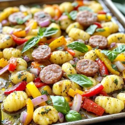 - 450 g italienische Hähnchen- oder Truthahnwurst, in Scheiben geschnitten - 450 g Gnocchi (fertig gekauft oder selbstgemacht) - 1 rote Paprika, dünn geschnitten - 1 gelbe Paprika, dünn geschnitten - 1 rote Zwiebel, dünn geschnitten - 3 Knoblauchzehen, fein gehackt Diese Zutaten machen das Gericht so lecker. Die Wurst bringt Geschmack und die Paprika Farben. Die Gnocchi geben dem Ganzen eine tolle Textur. - 2 Esslöffel Olivenöl - 1 Teelöffel getrockneter Oregano - 1 Teelöffel Paprika - Salz und Pfeffer nach Geschmack Das Olivenöl sorgt für eine knusprige Haut. Oregano und Paprika geben einen tollen Aroma. Salz und Pfeffer heben die Aromen hervor. - Frische Basilikumblätter Die frischen Basilikumblätter machen das Gericht bunt und frisch. Sie sind der letzte Schliff. Ich liebe, wie sie den Geschmack verbessern. Heize deinen Ofen auf 220°C vor. Diese hohe Temperatur hilft, alles schön knusprig zu machen. Du willst, dass die Wurst brutzelt und die Gnocchi goldbraun werden. Nimm die italienische Hähnchen- oder Truthahnwurst. Schneide sie in dünne Scheiben. Danach nimm die Paprika und die rote Zwiebel. Schneide die Paprika in dünne Streifen und die Zwiebel in feine Ringe. Hacke auch die Knoblauchzehen fein. Jetzt hast du alle Zutaten bereit. Nimm ein großes Backblech. Lege die Wurst, die Gnocchi, die geschnittenen Paprika, die Zwiebel und den Knoblauch darauf. Beträufle alles mit Olivenöl. Streue getrockneten Oregano, Paprika, Salz und Pfeffer darüber. Mische alles gut, damit sich die Gewürze gleichmäßig verteilen. Verteile die Mischung auf dem Blech in einer einzigen Lage. So garen die Zutaten gleichmäßig. Backe alles 20-25 Minuten. Rühre nach der Hälfte um, damit alles gleichmäßig bräunt. Wenn die Wurst durchgegart und die Gnocchi knusprig sind, ist es fertig. Lass das Blech ein paar Minuten abkühlen, bevor du servierst. Um die perfekte Garstufe zu erreichen, ist es wichtig, die Backzeit genau zu überwachen. Backe die Mischung 20-25 Minuten bei 220°C. Rühre die Zutaten nach 10-15 Minuten um, damit sie gleichmäßig garen. Achte darauf, dass die Wurst schön durchgegart und die Gnocchi goldbraun sind. So bekommst du den besten Geschmack und die beste Textur. Die Anordnung der Zutaten auf dem Backblech ist entscheidend. Verteile die Wurst, Gnocchi und das Gemüse gleichmäßig in einer einzigen Lage. So kann die Hitze gut zirkulieren und alles wird gleichmäßig gar. Wenn die Mischung zu dicht gepackt ist, kann es an einigen Stellen matschig werden. Ein gutes Layout sorgt für knusprige Gnocchi und zarte Wurst. Jeder hat seinen eigenen Geschmack. Du kannst die Gewürze nach Belieben anpassen. Probiere verschiedene Kräuter wie Thymian oder Rosmarin. Auch ein wenig Chili macht das Gericht schärfer. Du kannst auch andere Gemüse wie Zucchini oder Brokkoli hinzufügen. Experimentiere, um deine perfekte Mischung zu finden! {{image_4}} Für eine vegetarische Version können Sie die Wurst durch pflanzliche Alternativen ersetzen. Es gibt viele leckere Optionen. Sie können zum Beispiel Soja-Wurst oder Linsen-Wurst verwenden. Auch Räuchertofu ist eine gute Wahl. Diese Alternativen bringen Geschmack und Protein in das Gericht. Das Schöne an diesem Rezept ist die Flexibilität bei den Gemüsesorten. Sie können auch Zucchini, Brokkoli oder Kürbis verwenden. Diese Gemüse bringen unterschiedliche Texturen und Farben in das Gericht. Experimentieren Sie mit Ihrem Lieblingsgemüse, um neue Geschmäcker zu entdecken. Für mehr Protein können Sie Huhn oder Tofu hinzufügen. Hühnerbrust in Würfel geschnitten, passt gut dazu. Tofu kann auch eine tolle Ergänzung sein, besonders wenn er gut gewürzt ist. Beide Optionen machen das Gericht noch nahrhafter und sättigender. Um die Reste von Sheet Pan Sausage Pepper Gnocchi richtig zu lagern, verwenden Sie einen luftdichten Behälter. So bleibt das Aroma frisch. Lassen Sie das Gericht zuerst auf Raumtemperatur abkühlen. Stellen Sie sicher, dass der Behälter gut verschlossen ist, um das Austrocknen zu vermeiden. Diese Methode hilft, die saftigen Aromen zu bewahren. Der beste Weg, das Gericht wieder zu erwärmen, ist im Ofen. Heizen Sie ihn auf 180°C vor. Geben Sie die Reste auf ein Backblech. Decken Sie es leicht mit Alufolie ab, um das Austrocknen zu verhindern. Erwärmen Sie das Gericht für etwa 10 bis 15 Minuten. Alternativ können Sie die Reste auch in der Mikrowelle aufwärmen. Stellen Sie die Mikrowelle auf mittlere Hitze und erhitzen Sie das Gericht für 2 bis 3 Minuten. Rühren Sie zwischendurch um, damit alles gleichmäßig warm wird. Die Reste sind im Kühlschrank etwa 3 bis 4 Tage genießbar. Achten Sie auf den Geruch und das Aussehen, bevor Sie sie essen. Wenn das Gericht schlecht riecht oder sich die Farbe verändert, sollten Sie es entsorgen. Für eine längere Lagerung können Sie es auch einfrieren. In einem gefriergeeigneten Behälter hält es etwa 2 bis 3 Monate. So haben Sie jederzeit ein schnelles und leckeres Gericht zur Hand. Die Zubereitung dauert insgesamt 35 Minuten. Die Vorbereitungszeit ist nur 10 Minuten. In dieser Zeit schneiden Sie die Wurst, Paprika, Zwiebel und Knoblauch. Danach backen Sie das Gericht im Ofen für 20 bis 25 Minuten. Achten Sie darauf, die Mischung nach der Hälfte der Backzeit umzurühren. So garen alle Zutaten gleichmäßig. Ja, Sie können Gnocchi selbst machen. Für frische Gnocchi benötigen Sie Kartoffeln, Mehl und ein Ei. Kochen Sie die Kartoffeln, bis sie weich sind. Dann pürieren Sie sie und lassen sie abkühlen. Mischen Sie die Kartoffeln mit Mehl und Ei. Kneten Sie den Teig, bis er glatt ist. Formen Sie kleine Stücke und drücken Sie sie leicht mit einer Gabel. Kochen Sie die Gnocchi in Salzwasser, bis sie an die Oberfläche steigen. So schnell haben Sie frische Gnocchi! Zu Sheet Pan Sausage Pepper Gnocchi passen viele Beilagen. Ein einfacher grüner Salat ist immer eine gute Wahl. Auch geröstetes Gemüse schmeckt toll dazu. Wenn Sie etwas Herzhaftes wollen, probieren Sie ein Stück knuspriges Brot. Es hilft, die leckeren Säfte aufzusaugen. Für eine leichtere Option können Sie gedämpften Brokkoli servieren. Ja, dieses Gericht kann gesund sein. Es enthält mageres Fleisch wie Hähnchen- oder Truthahnwurst. Auch die Paprika und Zwiebeln bringen viele Vitamine. Gnocchi aus Kartoffeln sind eine gute Kohlenhydratquelle. Achten Sie darauf, nicht zu viel Öl zu verwenden. So bleibt das Gericht leicht und nahrhaft. Mit frischen Kräutern garnieren Sie zudem Ihre Mahlzeit. In diesem Artikel hast du gelernt, ein köstliches Gericht aus Wurst, Gnocchi und Gemüse zuzubereiten. Du hast die Hauptzutaten und Gewürze entdeckt, die Schritte zum Backen kennengelernt und nützliche Tipps erhalten. Variationen und Lagerungshinweise helfen dir, kreative Möglichkeiten zu finden und Reste richtig zu verwahren. Denke daran, diesen einfachen Prozess zu genießen und deine eigene Note hinzuzufügen. Kochen soll Spaß machen und das Ergebnis köstlich sein!