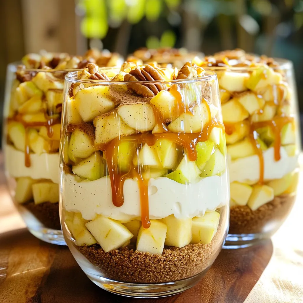 Die Hauptzutaten sind einfach und lecker. Hier ist, was du brauchst: - 2 große Granny Smith Äpfel, geschält und gewürfelt - 1 Esslöffel Zitronensaft - 2 Esslöffel brauner Zucker - ½ Teelöffel Zimt - 1 Tasse Schlagsahne - 225g Frischkäse, weichgeknetet - ½ Tasse Puderzucker - 1 Teelöffel Vanilleextrakt - 1 Tasse Graham-Cracker-Crumble - ½ Tasse Karamellsauce, plus extra zum Drapieren - ¼ Tasse gehackte Pekannüsse (optional) Diese Zutaten ergeben einen tollen Geschmack und eine schöne Textur. Die Äpfel bringen Frische, während der Karamell für Süße sorgt. Du kannst die Trifles anpassen. Hier sind ein paar Ideen: - Füge eine Prise Muskatnuss hinzu für mehr Tiefe. - Verwende andere Apfelsorten wie Fuji oder Honeycrisp. - Ersetze die Pekannüsse durch Walnüsse für einen anderen Crunch. Mit diesen Variationen kannst du die Trifles nach deinem Geschmack gestalten. Experimentiere ruhig mit verschiedenen Kombinationen! Die Qualität der Zutaten macht einen großen Unterschied. Achte auf diese Punkte: - Wähle frische Äpfel aus. Sie sollten fest und knackig sein. - Verwende hochwertigen Frischkäse, um eine cremige Füllung zu erhalten. - Kaufe echte Karamellsauce und keine künstlichen Varianten. Indem du auf die Qualität achtest, steigerst du den Genuss deiner Trifles. Hochwertige Zutaten sorgen für besseren Geschmack und ein schöneres Erlebnis. Zuerst schälen und würfeln Sie die Äpfel. Ich benutze gerne Granny Smith Äpfel. Diese Äpfel haben einen tollen Geschmack. Geben Sie die Apfelwürfel in eine Schüssel. Fügen Sie 1 Esslöffel Zitronensaft, 2 Esslöffel braunen Zucker und ½ Teelöffel Zimt hinzu. Mischen Sie alles gut. Lassen Sie die Mischung 10 bis 15 Minuten ziehen. So nehmen die Äpfel die süßen Aromen auf. Nehmen Sie eine große Schüssel. Schlagen Sie 1 Tasse Schlagsahne mit einem Handmixer. Sie wollen steife Spitzen. Das dauert ein paar Minuten. In einer anderen Schüssel vermengen Sie 225g weich gekneteten Frischkäse, ½ Tasse Puderzucker und 1 Teelöffel Vanilleextrakt. Mischen Sie alles zu einer glatten und cremigen Masse. Heben Sie dann die geschlagene Sahne vorsichtig unter die Frischkäsemasse. So entsteht eine luftige Käsekuchenfüllung. Jetzt kommt der spaßige Teil: das Schichten! Nehmen Sie Ihre Gläser oder Schalen. Beginnen Sie mit einer Schicht Graham-Cracker-Crumble. Geben Sie ein paar Esslöffel in jedes Glas. Darauf kommt eine Schicht der Käsekuchenfüllung. Verteilen Sie diese gleichmäßig. Jetzt fügen Sie die marinierten Äpfel hinzu. Achten Sie darauf, dass alles gut verteilt ist. Wiederholen Sie die Schichten, bis die Gläser voll sind. Beenden Sie mit einer Schicht Käsekuchenfüllung. Träufeln Sie die Karamellsauce oben drauf. Wenn Sie möchten, streuen Sie gehackte Pekannüsse darüber. Lassen Sie die Trifles mindestens 1 Stunde im Kühlschrank kühlen. So können sich die Aromen gut setzen. Um die beste Käsekuchenfüllung zu machen, benutze weichen Frischkäse. Achte darauf, dass der Frischkäse Zimmertemperatur hat. So lässt er sich besser cremig schlagen. Füge langsam Puderzucker und Vanilleextrakt hinzu. Das sorgt für eine gleichmäßige Mischung. Schlage die Sahne, bis sie steife Spitzen hat. Hebe die Sahne vorsichtig unter die Frischkäsemasse. Dies macht die Füllung luftig und leicht. Für eine tolle Karamellsauce, koche Zucker in einer Pfanne. Lass ihn schmelzen, bis er goldbraun wird. Füge dann Butter und Sahne vorsichtig hinzu. Rühre gut, bis alles glatt ist. Achte darauf, die Sauce nicht zu lange zu kochen, sonst wird sie zu fest. Lass die Sauce abkühlen, bevor du sie über die Trifles gießt. So bleibt sie schön flüssig und lecker. Ein häufiger Fehler ist, die Äpfel zu lange zu marinieren. Zehn bis fünfzehn Minuten reichen aus. Wenn du sie länger lässt, werden sie zu weich. Ein weiterer Fehler ist, die Sahne zu stark zu schlagen. Sie sollte cremig, aber nicht trocken sein. Achte darauf, die Schichten gleichmäßig in die Gläser zu füllen. Das macht die Trifles schön und ansprechend. {{image_4}} Um die Trifles glutenfrei zu machen, nutzen Sie glutenfreie Kekse. Diese können aus Mandeln oder Hafer bestehen. Wählen Sie einen Keks, der gut bröckelt. Mischen Sie ihn mit etwas geschmolzener Butter, um die gleiche Textur zu erzielen. Diese Anpassung sorgt dafür, dass jeder die Trifles genießen kann, ohne auf Gluten zu achten. Für eine vegane Version ersetzen Sie den Frischkäse mit pflanzlichem Frischkäse. Verwenden Sie auch Kokoscreme anstelle von Schlagsahne. Kombinieren Sie diese Zutaten, um eine cremige Füllung zu erhalten. Achten Sie darauf, dass der Zucker vegan ist. Dies macht das Dessert für alle zugänglich. Experimentieren Sie mit anderen Früchten! Statt Äpfeln können Birnen oder Pfirsiche verwendet werden. Fügen Sie etwas Schokoladensirup hinzu, um einen schokoladigen Twist zu schaffen. Auch Gewürze wie Muskatnuss oder Ingwer bringen neue Aromen. Seien Sie kreativ und finden Sie Ihre Lieblingskombination! Um die Caramel Apple Cheesecake Trifles frisch zu halten, lagere sie in einem luftdichten Behälter. Dies hilft, die Feuchtigkeit zu bewahren und sie vor Gerüchen im Kühlschrank zu schützen. Wenn du die Trifles bereits in Gläsern geschichtet hast, decke sie einfach mit Frischhaltefolie ab. Achte darauf, dass die Folie die Füllung nicht berührt. So bleiben die Schichten schön und die Karamellsauce bleibt intakt. Die Trifles halten sich im Kühlschrank etwa 3 bis 4 Tage. Nach dieser Zeit können die Äpfel matschig werden und die Textur ändert sich. Ich empfehle, die Trifles nicht länger als nötig aufzubewahren. Wenn du die Trifles ein paar Tage im Voraus machst, ist es am besten, die Karamellsauce erst kurz vor dem Servieren hinzuzufügen. So bleibt alles frisch und lecker. Du kannst die Trifles einen Tag im Voraus zubereiten. Schichte die Graham-Cracker-Crumble, die Käsekuchenfüllung und die marinierten Äpfel. Decke die Gläser gut ab und stelle sie in den Kühlschrank. Vor dem Servieren füge die Karamellsauce hinzu. Das sorgt für einen tollen Look und den besten Geschmack. Wenn du etwas mehr Crunch möchtest, kannst du auch die Pekannüsse kurz vor dem Servieren darüber streuen. Caramel Apple Cheesecake Trifles halten sich gut im Kühlschrank. Sie sind bis zu drei Tage frisch. Achten Sie darauf, sie in einem luftdichten Behälter zu lagern. So bleiben sie lecker und die Aromen bleiben erhalten. Ich empfehle, die Trifles nicht länger zu lagern. Nach drei Tagen kann die Textur leiden. Ja, du kannst die Zutaten ändern! Wenn du andere Äpfel magst, probiere Honeycrisp oder Fuji. Das gibt dem Dessert eine andere Süße. Du kannst auch den Zucker anpassen. Verwende weniger Zucker, wenn du es weniger süß magst. Für eine cremigere Füllung kannst du mehr Frischkäse verwenden. Sei kreativ und passe das Rezept deinem Geschmack an. Wenn du kein Graham-Cracker-Crumble magst, gibt es viele Alternativen. Du kannst zerbröselte Kekse verwenden, wie Butterkekse oder Digestive-Kekse. Auch zerstoßene Nüsse sind eine gute Wahl. Sie geben einen schönen Crunch. Für eine glutenfreie Option nutze glutenfreie Kekse oder Haferflocken. Mische sie mit etwas Butter für die beste Textur. Caramel Apple Cheesecake Trifles sind einfach und lecker. Wir haben die besten Zutaten behandelt, um den Geschmack zu verbessern. Schritt für Schritt erklärte ich, wie du sie zubereitest und schichtest. Du kannst mit Variationen experimentieren und die Trifles an deine Wünsche anpassen. Außerdem gibt es Tipps zur perfekten Füllung und Karamellsauce. Denk daran, sie richtig zu lagern, damit sie frisch bleiben. Probiere die verschiedenen Varianten aus und genieße dein Dessert! Es wird ein Hit bei jedem Anlass sein.