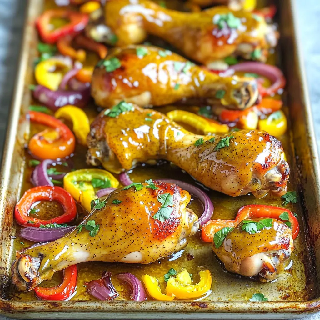 - 8 Hühnchen-Trommelstöcke - 60 ml Honig - 60 ml Dijon-Senf - 30 ml Olivenöl - 1 Teelöffel Knoblauchpulver - 1 Teelöffel geräuchertes Paprikapulver - Salz und Pfeffer nach Geschmack - 3 Tassen bunte Paprika, in Streifen geschnitten - 1 mittelgroße rote Zwiebel, in Scheiben geschnitten - Frische Petersilie zum Garnieren (optional) Diese Zutaten sind einfach zu finden. Hühnchen-Trommelstöcke sind saftig und perfekt zum Marinieren. Honig verleiht eine süße Note, während Dijon-Senf einen tollen Kick gibt. Die Gewürze sind wichtig. Olivenöl hilft, das Hühnchen und Gemüse zart zu machen. Knoblauchpulver und geräuchertes Paprikapulver bringen einen tollen Geschmack. Vergessen Sie nicht, mit Salz und Pfeffer nach Ihrem Geschmack zu würzen. Das Gemüse bringt Farbe und Frische. Bunte Paprika sorgen für Crunch und Süße. Die rote Zwiebel fügt einen milden Zwiebelgeschmack hinzu. Das Garnieren mit frischer Petersilie sieht nicht nur schön aus, sondern bringt auch einen frischen Geschmack. Jetzt sind Sie bereit, mit diesen Zutaten ein leckeres Gericht zu zaubern! Heizen Sie den Ofen auf 220 °C vor. Diese Temperatur sorgt für ein schönes Rösten. Jetzt bereiten wir die Honig-Senf-Mischung vor. Nehmen Sie eine große Schüssel. Geben Sie 60 ml Honig, 60 ml Dijon-Senf und 30 ml Olivenöl hinein. Fügen Sie 1 Teelöffel Knoblauchpulver und 1 Teelöffel geräuchertes Paprikapulver hinzu. Würzen Sie mit Salz und Pfeffer. Rühren Sie alles gut um, bis die Mischung glatt ist. Jetzt marinieren wir die Hühnchen-Trommelstöcke. Fügen Sie die Trommelstöcke in die Schüssel. Wenden Sie sie gut in der Mischung. Lassen Sie das Hühnchen mindestens 15 Minuten marinieren. Für mehr Geschmack können Sie es auch bis zu 2 Stunden im Kühlschrank lassen. Bereiten Sie ein großes Backblech vor. Legen Sie es mit Backpapier aus oder fetten Sie es leicht ein. Legen Sie die marinierten Hühnchen-Trommelstöcke auf eine Seite des Blechs. Schneiden Sie 3 Tassen bunte Paprika in Streifen und eine mittelgroße rote Zwiebel in Scheiben. Verteilen Sie das Gemüse auf der anderen Seite des Blechs. Beträufeln Sie das Gemüse mit etwas Olivenöl. Würzen Sie es mit Salz und Pfeffer, um den Geschmack zu verstärken. Jetzt stellen Sie das Backblech in den Ofen. Backen Sie das Hühnchen für 30-35 Minuten. Überwachen Sie die Temperatur. Das Hühnchen sollte eine Innentemperatur von 75 °C erreichen. Achten Sie darauf, das Gemüse zur Hälfte der Garzeit umzurühren. So wird es gleichmäßig geröstet. Nach dem Backen lassen Sie das Blech 5 Minuten ruhen. Genießen Sie die köstlichen Aromen! Um den besten Geschmack zu erreichen, marinieren Sie das Hühnchen mindestens 15 Minuten. Für ein intensiveres Aroma lassen Sie es bis zu 2 Stunden im Kühlschrank. Wenn Sie die Marinade anpassen möchten, probieren Sie verschiedene Senfsorten oder fügen Sie etwas Sojasauce hinzu. Ein Spritzer Zitrone kann die Aromen zusätzlich aufhellen. Die optimale Innentemperatur für Hühnchen liegt bei 75 °C. Verwenden Sie ein Fleischthermometer, um sicher zu gehen. Um rustikal zu servieren, können Sie das Hühnchen direkt vom Backblech auf den Tisch bringen. Alternativ richten Sie das Gericht auf einer schönen Platte an. Garnieren Sie das Hühnchen mit frischer Petersilie und beträufeln Sie es mit der restlichen Marinade. Passende Beilagen für dieses Gericht sind Reis, Kartoffeln oder ein frischer Salat. Dazu passen auch knusprige Brötchen oder ein Baguette. Als Getränke empfehle ich einen leichten Weißwein oder ein erfrischendes Mineralwasser. Ein fruchtiger Eistee ist ebenfalls eine gute Wahl. {{image_4}} Für das Honig-Senf-Hühnchen können Sie viele Gemüsesorten nutzen. Paprika und Zwiebeln sind lecker, aber nicht die einzigen Optionen. - Alternativen zu Paprika und Zwiebeln: - Zucchini sorgt für eine frische Note. - Karotten fügen Süße hinzu und machen das Gericht bunt. - Brokkoli passt gut zum Hühnchen und bietet eine knackige Textur. - Saisonale Gemüseoptionen: - Im Frühling sind Spargel und Erbsen großartig. - Im Sommer probieren Sie Tomaten und Auberginen. - Im Herbst sind Kürbis und Rosenkohl ideal. Dieses Rezept ist sehr flexibel. Sie können nicht nur Hühnchen verwenden. - Verwendung von Hähnchenbrust oder -schenkeln: - Hähnchenbrust ist magerer, aber trotzdem zart. - Hähnchenschenkel sind saftig und haben mehr Geschmack. - Vegetarische Alternativen: - Tofu kann die gleiche Marinade aufnehmen und ist eine gute Wahl. - Kichererbsen sind eine tolle Proteinquelle und passen gut zu den Aromen. Die Marinade ist der Schlüssel. Sie können sie ganz nach Ihrem Geschmack anpassen. - Süßere oder würzigere Marinadenoptionen: - Fügen Sie mehr Honig für eine süßere Note hinzu. - Ein Spritzer Sriracha bringt Schärfe in die Marinade. - Kräuter und zusätzliche Gewürze hinzufügen: - Thymian und Rosmarin passen gut zu Hühnchen. - Ein Hauch von Kreuzkümmel gibt dem Gericht einen interessanten Twist. Nach dem Genuss bleiben oft köstliche Reste übrig. Um diese frisch zu halten, lege die Hühnchen-Trommelstöcke in einen luftdichten Behälter. Das schützt sie vor Austrocknung und Gerüchen. Stelle den Behälter in den Kühlschrank. So bleiben die Reste etwa drei bis vier Tage frisch. Wenn du die Reste länger aufbewahren möchtest, kannst du sie einfrieren. Hier ist, wie du es machst: 1. Lass die Hühnchen-Trommelstöcke zuerst auf Raumtemperatur abkühlen. 2. Wickel sie einzeln in Frischhaltefolie ein. 3. Lege die verpackten Trommelstöcke in einen Gefrierbeutel. 4. Beschrifte den Beutel mit dem Datum. So bleiben die Reste bis zu drei Monate haltbar. Wenn du sie wieder aufwärmen möchtest, nimm sie einfach aus dem Gefrierfach und lasse sie über Nacht im Kühlschrank auftauen. Um die Hühnchen-Trommelstöcke aufzuwärmen, gibt es ein paar gute Methoden, um den Geschmack zu bewahren. - Backofen: Heize den Ofen auf 180 °C vor. Leg die Trommelstöcke auf ein Backblech und backe sie für etwa 15-20 Minuten. So bleiben sie saftig. - Mikrowelle: Dies ist schneller, kann aber den Geschmack verändern. Stelle die Trommelstöcke in eine mikrowellengeeignete Schüssel. Decke sie ab und erwärme sie in 30-Sekunden-Intervallen. Beide Methoden sind effektiv, aber der Ofen bleibt die beste Wahl für den besten Geschmack. Für den besten Geschmack marinieren Sie das Hühnchen mindestens 15 Minuten. Ich empfehle jedoch, es bis zu 2 Stunden im Kühlschrank zu lassen. Dadurch zieht die Marinade tiefer in das Fleisch ein. Der Honig und der Dijon-Senf geben dem Hühnchen einen tollen Geschmack. Je länger Sie marinieren, desto intensiver wird das Aroma. Ja, Sie können das Rezept im Voraus zubereiten. Marinieren Sie das Hühnchen und lagern Sie es im Kühlschrank. Sie können das Gemüse schneiden und in einem Behälter aufbewahren. So sparen Sie Zeit, wenn es Zeit zum Kochen ist. Bereiten Sie alles vor, damit Sie schnell ins Backen starten können. Statt Dijon-Senf können Sie auch Honigsenf oder normalen Senf verwenden. Honigsenf macht das Gericht süßer. Normaler Senf gibt einen scharfen Geschmack. Beide Optionen sind lecker, aber sie verändern den Geschmack des Gerichts. Wählen Sie, was Ihnen besser gefällt! Dieses Rezept bringt leckere Hühnchen-Trommelstöcke mit buntem Gemüse einfach auf den Tisch. Sie haben gelernt, wie man die Marinade optimal zubereitet und das Gericht auf den Punkt gart. Variationen machen es leicht, neue Geschmäcker zu entdecken. Denken Sie daran, Reste richtig zu lagern, damit nichts verloren geht. Ob zum schnellen Abendessen oder für Gäste, dieses Gericht lässt sich gut vorbereiten. Viel Spaß beim Kochen und Experimentieren in der Küche!