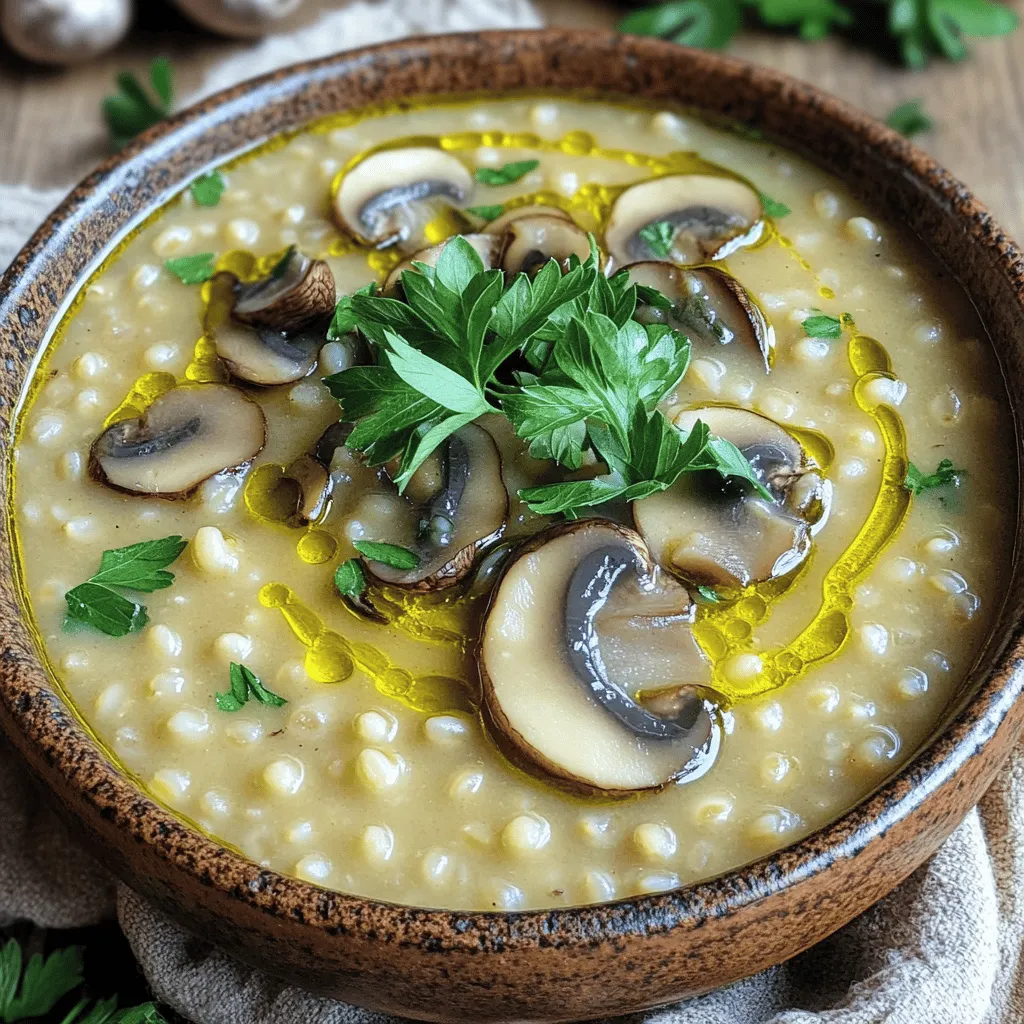 Die Hauptzutaten für diese Suppe sind einfach und frisch. Du brauchst: - 1 Tasse Perlgerste - 2 Esslöffel Olivenöl - 1 mittelgroße Zwiebel, gewürfelt - 3 Knoblauchzehen, gehackt - 225 Gramm Champignons (Cremini oder Button), in Scheiben geschnitten - 1 Liter Gemüsebrühe - 240 Milliliter Schlagsahne (oder Kokoscreme für eine milchfreie Option) - 1 Teelöffel getrockneter Thymian - 1 Teelöffel getrockneter Rosmarin - Salz und Pfeffer nach Geschmack - Frische Petersilie, gehackt (zum Garnieren) Diese Zutaten geben der Suppe einen reichen Geschmack und eine tolle Konsistenz. Manchmal sind frische Zutaten nicht verfügbar. Hier sind einige Alternativen: - Statt Perlgerste kannst du auch Quinoa verwenden. - Für die Champignons sind getrocknete oder gefrorene Varianten auch gut. - Bei Zwiebel- und Knoblauchpulver kannst du frische Zwiebel und Knoblauch ersetzen. - Gemüsebrühe lässt sich durch Wasser oder Hühnerbrühe ersetzen. Diese Alternativen machen die Suppe trotzdem lecker und nahrhaft. Die Zutaten bieten viele Nährstoffe. Hier sind einige wichtige Informationen: - Perlgerste ist reich an Ballaststoffen, gut für die Verdauung. - Champignons sind niedrig in Kalorien, bieten aber wichtige Vitamine. - Olivenöl enthält gesunde Fette, die gut für das Herz sind. - Schlagsahne oder Kokoscreme sorgt für gesunde Fette und Geschmack. Diese Nährstoffe machen die Suppe nicht nur lecker, sondern auch gesund. Zuerst spüle die Perlgerste unter kaltem Wasser ab. Das entfernt Staub und Schmutz. Danach stelle die Gerste beiseite. Nimm dann die Zwiebel und schneide sie in kleine Würfel. Hacke auch die Knoblauchzehen fein. Wenn du frische Champignons hast, schneide sie in dünne Scheiben. Diese Schritte helfen, alles bereit für das Kochen zu haben. Erhitze 2 Esslöffel Olivenöl in einem großen Topf bei mittlerer Hitze. Füge die gewürfelte Zwiebel hinzu und brate sie etwa 5 Minuten. Die Zwiebel sollte weich und durchscheinend sein. Jetzt kommt der gehackte Knoblauch dazu. Rühre gut um und füge die Champignons hinzu. Koche alles für 7 bis 8 Minuten, bis die Champignons zart sind. Gib nun die Perlgerste in den Topf. Mische alles gut für etwa eine Minute. Gieße 1 Liter Gemüsebrühe dazu. Füge 1 Teelöffel getrockneten Thymian und 1 Teelöffel getrockneten Rosmarin hinzu. Bringe die Suppe zum Kochen. Reduziere dann die Hitze, decke den Topf ab und lasse sie 30 bis 40 Minuten köcheln. Die Gerste sollte weich sein, wenn die Zeit um ist. Sobald die Gerste gar ist, füge 240 Milliliter Schlagsahne hinzu. Lass die Suppe weitere 5 Minuten köcheln. Schmecke alles mit Salz und Pfeffer ab. Falls die Suppe zu dick ist, kannst du etwas Brühe oder Wasser hinzufügen. Jetzt ist es Zeit, die Suppe zu servieren! Fülle die heiße Suppe in Schalen. Garniere sie mit frisch gehackter Petersilie. Das bringt Farbe und Frische. Ein Spritzer Olivenöl oben drauf macht die Suppe noch leckerer. So sieht dein Gericht nicht nur gut aus, sondern schmeckt auch hervorragend. Um deine Suppe noch cremiger zu machen, verwende mehr Schlagsahne. Alternativ kannst du Kokoscreme nutzen. Sie gibt der Suppe eine feine, süße Note. Ein weiterer Trick: püriere einen Teil der Suppe mit einem Stabmixer. Das sorgt für eine samtige Textur und verstärkt den Pilzgeschmack. Ein häufiger Fehler ist, die Gerste nicht richtig zu kochen. Achte darauf, die Gerste für die richtige Zeit köcheln zu lassen. Wenn du die Hitze zu hoch stellst, kann die Suppe anbrennen. Lass die Suppe immer sanft köcheln, damit die Aromen gut verbunden werden. Vergiss nicht, ausreichend Brühe hinzuzufügen, falls die Suppe zu dick wird. Die perfekte Konsistenz erreichst du, indem du beim Kochen regelmäßig rührst. Achte darauf, dass die Gerste gleichmäßig gart. Wenn die Suppe zu dick ist, füge langsam mehr Brühe hinzu. Wenn sie zu dünn ist, lass sie ohne Deckel weiter köcheln, bis sie eindickt. Teste die Konsistenz mit einem Löffel, um sicherzustellen, dass sie deinen Wünschen entspricht. {{image_4}} Um diese cremige Pilzgerste Suppe vegan zu machen, ersetze die Schlagsahne durch Kokoscreme. Diese cremige Option gibt der Suppe einen leichten, süßen Geschmack. Du kannst auch pflanzliche Butter anstelle von Olivenöl verwenden. Das bringt zusätzlichen Geschmack und hält die Suppe reichhaltig. Füge mehr Gemüse hinzu, um die Suppe noch schmackhafter zu machen. Karotten, Sellerie oder Erbsen sind tolle Ergänzungen. Wenn du es würziger magst, probiere einen Schuss Sojasauce oder Worcestersauce. Auch frische Kräuter wie Basilikum oder Schnittlauch passen gut dazu. Diese Zutaten bringen neue Aromen in die Suppe. Wenn du glutenfrei isst, kannst du die Perlgerste durch Quinoa oder Reis ersetzen. Diese Alternativen sind einfach zu finden und passen gut zur Suppe. Achte darauf, dass die Gemüsebrühe auch glutenfrei ist. Für eine proteinreiche Variante kannst du Kichererbsen oder Linsen hinzufügen. Sie machen die Suppe nahrhafter und sättigender. Um die Cremige Pilzgerste Suppe gut zu lagern, nutze einen luftdichten Behälter. Lass die Suppe auf Raumtemperatur abkühlen, bevor du sie in den Kühlschrank stellst. So bleibt die Frische der Zutaten erhalten. Verwende am besten Glasbehälter, um Gerüche und Geschmack zu bewahren. Wenn du die Reste aufwärmen möchtest, tu dies langsam. Gieße die Suppe in einen Topf und erhitze sie bei mittlerer Hitze. Rühre gelegentlich um, damit sie gleichmäßig warm wird. Du kannst auch etwas Brühe oder Wasser hinzufügen, falls die Suppe zu dick geworden ist. So bleibt die Konsistenz cremig und lecker. Im Kühlschrank hält sich die Suppe etwa 3-4 Tage. Achte darauf, sie in einem gut verschlossenen Behälter zu lagern. Wenn du die Suppe länger aufbewahren möchtest, friere sie ein. Im Gefrierfach bleibt sie bis zu 3 Monate frisch. Teile die Suppe in Portionen auf, um sie später leicht zu erwärmen. Du kannst die Suppe bis zu fünf Tage im Kühlschrank aufbewahren. Stelle sicher, dass sie in einem luftdichten Behälter ist. Wenn du die Suppe einfrierst, hält sie sich bis zu drei Monate. Lass sie zuerst abkühlen, bevor du sie ins Gefrierfach gibst. Ja, du kannst die Gerste durch Quinoa oder Reis ersetzen. Diese Optionen sind glutenfrei und bieten eine ähnliche Konsistenz. Achte darauf, die Kochzeit entsprechend anzupassen, da Quinoa schneller gart als Gerste. Ja, du kannst die Suppe im Voraus zubereiten. Koche sie einfach und lasse sie abkühlen. Bewahre sie dann im Kühlschrank oder Gefrierfach auf. Wenn du die Suppe servieren willst, erhitze sie einfach auf dem Herd. Die cremige Pilzgerste Suppe ist einfach zuzubereiten und voller Geschmack. Wir haben die Hauptzutaten besprochen und Alternativen gezeigt. Die Schritt-für-Schritt-Anleitung hilft Ihnen beim Kochen und Abschmecken. Tipps und Tricks sorgen für die perfekte Konsistenz. Variationen zeigen, wie man die Suppe anpassen kann. Schließlich wissen Sie nun, wie man die Suppe richtig lagert. Nutzen Sie dieses Wissen, um eine leckere und nahrhafte Suppe für sich und Ihre Familie zu kreieren. Viel Spaß beim Kochen!