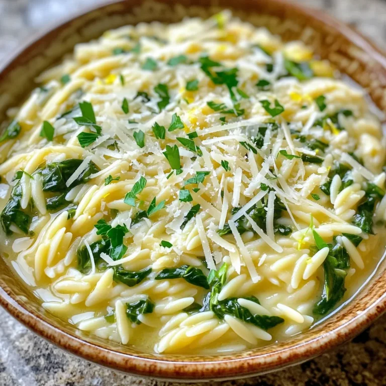 - 1 Tasse Orzo-Pasta - 2 Tassen frischer Spinat, grob gehackt - 4 Knoblauchzehen, fein gehackt - 1 Tasse Gemüsebrühe - 1 Tasse Schlagsahne (oder Kokoscreme für eine vegane Option) - Salz und Pfeffer nach Geschmack - Schale von 1 Zitrone - Frische Petersilie, gehackt, zum Garnieren Ich liebe es, mit frischen Zutaten zu kochen. Die Hauptzutaten für unser Gericht sind einfach und lecker. Orzo-Pasta macht das Essen besonders. Spinat bringt Farbe und Nährstoffe. Knoblauch gibt dem Gericht einen starken, tollen Geschmack. Für die flüssigen Zutaten verwenden wir Gemüsebrühe. Diese Brühe sorgt für einen tiefen Geschmack. Die Schlagsahne oder Kokoscreme macht die Sauce schön cremig. Möchten Sie eine vegane Option? Einfach die Sahne durch Kokoscreme ersetzen. Die Gewürze sind wichtig. Salz und Pfeffer bringen alles zusammen. Die Zitronenschale gibt einen frischen, spritzigen Touch. Die gehackte Petersilie obendrauf sieht toll aus und schmeckt gut. Jede Zutat spielt eine Rolle. Zusammen machen sie aus einem einfachen Gericht eine schmackhafte Mahlzeit. Um zu starten, bringe ich in einem großen Topf gesalzenes Wasser zum Kochen. Ich füge die Orzo-Pasta hinzu und koche sie gemäß den Anweisungen auf der Verpackung al dente. Das dauert in der Regel etwa 8 bis 10 Minuten. Sobald die Pasta fertig ist, gieße ich sie ab und stelle sie beiseite. Achte darauf, etwas von dem Nudelwasser aufzuheben, falls du es später brauchst. Jetzt geht es ans Sautieren des Knoblauchs. In demselben Topf erhitze ich 3 Esslöffel Olivenöl bei mittlerer Hitze. Ich füge die fein gehackten Knoblauchzehen hinzu und brate sie etwa 1 Minute lang, bis sie duften. Es ist wichtig, den Knoblauch nicht anbrennen zu lassen, da er sonst bitter wird. Anschließend gebe ich die grob gehackten Spinatblätter in den Topf. Ich koche sie, bis sie zusammenfallen, was etwa 2 bis 3 Minuten dauert. Jetzt ist es Zeit, die Brühe und die Sahne hinzuzufügen. Ich rühre die 1 Tasse Gemüsebrühe ein und bringe alles zum Simmern. Ich reduziere die Hitze auf niedrig und gebe die 1 Tasse Schlagsahne dazu. Dabei rühre ich ständig, um alles gut zu vermischen. Nach etwa 2 Minuten lasse ich die Mischung sanft köcheln. Dann füge ich die gekochte Orzo-Pasta hinzu, zusammen mit ½ Tasse geriebenem Parmesan. Ich rühre alles gut um, bis der Käse schmilzt und die Pasta von der cremigen Sauce umhüllt ist. Nach dem Kochen lasse ich das Gericht eine Minute ruhen, damit die Sauce etwas eindickt. Schließlich serviere ich das Gericht warm und garniere es mit frischer, gehackter Petersilie. Um die beste Konsistenz für Ihre Orzo zu erreichen, kochen Sie die Pasta al dente. Das bedeutet, sie sollte noch einen leichten Biss haben. Achten Sie darauf, die Orzo in gesalzenem Wasser zu kochen. Hochwertige Zutaten sind ebenfalls wichtig. Verwenden Sie frische Orzo-Pasta und gute Gemüsebrühe. Diese bringen mehr Geschmack in Ihr Gericht. Um den Geschmack zu verbessern, passen Sie die Gewürze nach Ihrem Wunsch an. Ein wenig mehr Salz oder Pfeffer kann einen großen Unterschied machen. Nutzen Sie auch frische Kräuter wie Basilikum oder Thymian. Diese geben dem Gericht einen intensiveren und frischeren Geschmack. Eine ansprechende Präsentation macht Ihr Essen besonders. Servieren Sie das Gericht in flachen Schalen. Geben Sie einen Spritzer Olivenöl darüber. Bestreuen Sie es mit zusätzlichem Parmesan und frischer Petersilie. Diese Farben wirken einladend und frisch. {{image_4}} Für eine vegane Variante von Creamy Garlic Spinach Orzo können wir die Sahne und den Käse ersetzen. Statt Schlagsahne nutzen wir Kokoscreme. Diese gibt dem Gericht eine schöne Cremigkeit. Anstelle von Parmesan verwenden wir Nährhefe. Sie bietet einen käsigen Geschmack ohne tierische Produkte. Wir können auch weitere pflanzliche Zutaten hinzufügen. Zum Beispiel passen gebratene Champignons oder Paprika wunderbar dazu. Sie geben dem Gericht mehr Textur und Farbe. Creamy Garlic Spinach Orzo ist vielseitig. Wir können andere Gemüsesorten hinzufügen. Zucchini, Erbsen oder Brokkoli sind tolle Optionen. Sie bringen mehr Nährstoffe und Geschmack. Einfügen von Proteinen wie Hühnchen oder Garnelen macht das Gericht sättigender. Einfach das Protein in der Pfanne anbraten, bevor wir den Spinat hinzufügen. Dadurch erhält das Gericht mehr Fülle und macht es zu einer kompletten Mahlzeit. Um den Geschmack zu variieren, experimentieren wir mit verschiedenen Kräutern und Gewürzen. Dill oder Basilikum geben dem Gericht einen frischeren Geschmack. Zitrusfrüchte bringen ein tolles Aroma. Ein Spritzer Zitronensaft oder Limettensaft hebt die Aromen hervor. Das macht das Gericht noch lebendiger und erfrischender. Richtiges Lagern ist wichtig für den Geschmack. Bewahre die Reste im Kühlschrank auf. Nutze einen luftdichten Behälter. So bleibt dein Gericht frisch. Du kannst es bis zu drei Tage lagern. Für die Wiedererwärmung gibt es ein paar Tricks. Erwärme die Orzo-Pasta in einem Topf. Füge etwas Gemüsebrühe oder Sahne hinzu. Das macht das Gericht cremig. Rühre oft um, damit nichts anbrennt. Du kannst auch die Mikrowelle nutzen. Stelle sie auf mittlere Hitze und rühre zwischendurch um. Die Reste sind bis zu drei Tage haltbar. Nach dieser Zeit kann der Geschmack leiden. Überprüfe die Reste vor dem Essen. Achte auf einen schlechten Geruch oder eine veränderte Farbe. Wenn du Schimmel siehst, wirf das Gericht weg. Das ist ein Zeichen, dass es nicht mehr genießbar ist. Um Creamy Garlic Spinach Orzo vegan zu machen, ersetzen Sie die tierischen Produkte. Verwenden Sie Kokoscreme anstelle von Schlagsahne. Für den Parmesan nutzen Sie Nährhefe. Diese Zutaten geben Ihnen die gleiche cremige Textur und den Geschmack. So bleibt das Gericht lecker und vegan. Ja, Sie können andere Pastaarten verwenden. Reisnudeln oder Fusilli sind großartige Optionen. Diese Pastaarten nehmen die Sauce gut auf. Achten Sie darauf, die Kochzeiten anzupassen. So bleibt die Konsistenz perfekt. Orzo hat eine zarte Form, die viel Sauce aufnimmt. Die Zubereitung von Creamy Garlic Spinach Orzo dauert etwa 25 Minuten. Die Vorbereitungszeit beträgt nur 10 Minuten. Kochen Sie die Orzo-Pasta, während Sie die Sauce zubereiten. So sparen Sie Zeit und genießen schneller ein köstliches Gericht. Diese Anleitung zeigt, wie man ein leckeres Creamy Garlic Spinach Orzo zubereitet. Wir haben die wichtigen Zutaten sowie die Zubereitungsschritte besprochen. Tipps für die perfekte Konsistenz und Variationen helfen dir, das Gericht nach deinem Geschmack anzupassen. Ich hoffe, du fühlst dich inspiriert und bereit, in der Küche zu experimentieren. Mit frischen Zutaten und etwas Kreativität kannst du jedes Mal ein neues Geschmackserlebnis schaffen. Viel Spaß beim Kochen!