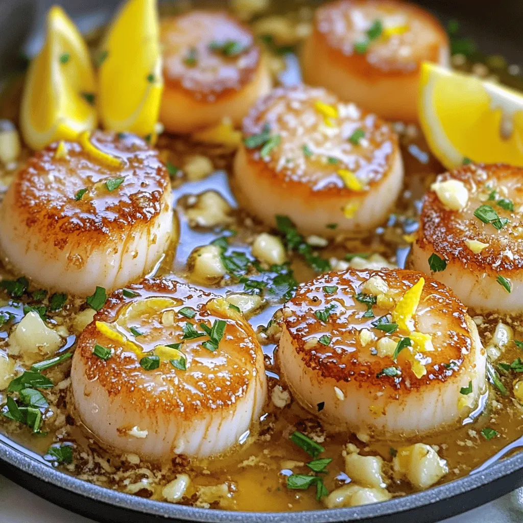 Für dieses köstliche Gericht benötigst du folgende Hauptzutaten: - 450 g Jakobsmuscheln, gut trocken getupft - 60 g ungesalzene Butter - 3 Knoblauchzehen, fein gehackt - Schale von 1 Zitrone - 30 ml frischer Zitronensaft Diese Zutaten sind wichtig, um den vollen Geschmack der Jakobsmuscheln zu zeigen. Achte darauf, dass die Jakobsmuscheln frisch sind. Das sorgt für eine zarte Textur und einen leckeren Geschmack. Um den Geschmack zu heben, brauchst du auch einige Gewürze und frische Kräuter: - 1 Esslöffel frische Petersilie, gehackt - Salz und Pfeffer nach Geschmack - Zitronenschnitze zum Garnieren Petersilie gibt eine schöne Frische. Salz und Pfeffer bringen die Aromen der Jakobsmuscheln zur Geltung. Die Zitronenschnitze sind nicht nur dekorativ, sondern auch für zusätzlichen Geschmack. Hier sind die Hilfsmittel, die du für die Zubereitung brauchst: - Eine große Pfanne - Ein Holzlöffel oder Spatel - Ein Papiertuch zum Trocknen der Jakobsmuscheln - Ein Schneidebrett und ein Messer Die Pfanne sollte groß genug sein, damit du die Jakobsmuscheln in einer Schicht anbraten kannst. So bekommst du die perfekte Kruste. Mit diesen Werkzeugen wird das Kochen einfach und macht Spaß. Zuerst bereiten wir die Jakobsmuscheln vor. Tupfen Sie die Jakobsmuscheln gründlich mit einem Papiertuch trocken. Dies ist wichtig, damit sie eine schöne Kruste bilden. Würzen Sie beide Seiten mit Salz und frisch gemahlenem Pfeffer. Der richtige Würze hebt den Geschmack hervor. Erhitzen Sie eine große Pfanne bei mittlerer bis hoher Hitze. Schmelzen Sie 30 g ungesalzene Butter, bis sie zu schäumen beginnt. Legen Sie die Jakobsmuscheln in einer einzigen Schicht in die Pfanne. Überladen Sie die Pfanne nicht, damit sie gleichmäßig braten. Braten Sie sie etwa 2-3 Minuten auf jeder Seite an. Sie sollten eine goldene Kruste haben und in der Mitte undurchsichtig sein. Nehmen Sie die Jakobsmuscheln aus der Pfanne und legen Sie sie auf einen Teller. In derselben Pfanne geben Sie die restlichen 30 g Butter und die fein gehackten Knoblauchzehen. Dünsten Sie dies für etwa 30 Sekunden, bis der Knoblauch duftet. Achten Sie darauf, ihn nicht zu verbrennen! Rühren Sie dann die Zitronenschale und den Zitronensaft unter. Lassen Sie die Mischung etwa eine Minute köcheln. Geben Sie die angebratenen Jakobsmuscheln zurück in die Pfanne. Wenden Sie sie vorsichtig, damit sie gleichmäßig mit der Zitronen-Knoblauch-Butter-Sauce bedeckt sind. Lassen Sie sie für eine weitere Minute erhitzen. Servieren Sie die Jakobsmuscheln auf Tellern. Löffeln Sie die restliche Sauce darüber und garnieren Sie mit frischer Petersilie und Zitronenschnitzen. Um die perfekte Kruste zu erzielen, müssen Sie die Jakobsmuscheln gut trocken tupfen. Feuchtigkeit verhindert die Kruste. Würzen Sie sie mit Salz und Pfeffer, bevor Sie sie in die Pfanne legen. Erhitzen Sie die Pfanne gut, bevor Sie die Jakobsmuscheln hinzufügen. Dies hilft, eine goldene Farbe zu erreichen. Braten Sie sie nicht zu lange, um die Zartheit zu bewahren. Frische Jakobsmuscheln sind ideal, wenn Sie einen intensiven Geschmack wollen. Sie haben oft eine bessere Textur und Aroma. Gefrorene Jakobsmuscheln sind praktisch und können auch köstlich sein. Achten Sie darauf, sie richtig aufzutauen. Lassen Sie sie im Kühlschrank über Nacht auftauen. Tupfen Sie sie nach dem Auftauen gut trocken. Das Anrichten Ihrer Jakobsmuscheln macht einen großen Unterschied. Legen Sie sie auf einen schönen Teller. Löffeln Sie die Zitronen-Knoblauch-Butter-Sauce großzügig darüber. Garnieren Sie das Gericht mit frischer Petersilie und Zitronenschnitzen. Dies bringt Farbe und Frische. Servieren Sie die Jakobsmuscheln sofort, um sie warm und lecker zu genießen. {{image_4}} Um den Zitronen-Knoblauch-Butter-Jakobsmuscheln neuen Schwung zu geben, können Sie verschiedene Geschmäcker hinzufügen. Ein Hauch von Chili gibt Schärfe. Fügen Sie eine Prise rote Pfefferflocken zur Butter hinzu, um einen Kick zu erzielen. Alternativ können frische Kräuter wie Thymian oder Dill eine interessante Note verleihen. Diese Kräuter passen gut zu den Jakobsmuscheln und sorgen für frische Aromen. Wenn Sie eine vegetarische Option suchen, können Sie Jakobsmuscheln durch gebratene Champignons ersetzen. Champignons haben eine fleischige Textur und nehmen die Aromen gut auf. Braten Sie sie wie die Jakobsmuscheln an, bis sie goldbraun sind. Verwenden Sie die gleiche Zitronen-Knoblauch-Butter-Sauce, um den Geschmack zu intensivieren. Dies schafft ein Gericht, das auch Nicht-Fischliebhaber begeistert. Servieren Sie die Jakobsmuscheln auf einem Bett von cremigem Risotto oder Püree. Diese Beilagen ergänzen die zarte Textur der Muscheln. Auch frisches Gemüse wie Spargel oder grüne Bohnen passen gut dazu. Diese Beilagen bringen Farbe auf den Teller und sorgen für ein ausgewogenes Gericht. Garnieren Sie mit frischer Petersilie und Zitronenschnitzen für einen tollen Look und zusätzlichen Geschmack. Um Reste der Zitronen-Knoblauch-Butter-Jakobsmuscheln zu lagern, nutzen Sie einen luftdichten Behälter. Lassen Sie die Jakobsmuscheln zuerst auf Raumtemperatur abkühlen. Dann decken Sie sie ab und stellen sie in den Kühlschrank. So bleiben sie frisch und lecker. Um die Jakobsmuscheln aufzuwärmen, verwenden Sie eine Pfanne. Erhitzen Sie sie bei mittlerer Hitze. Fügen Sie ein wenig Butter hinzu, um sie saftig zu halten. Braten Sie die Jakobsmuscheln für 1-2 Minuten, bis sie warm sind. Vermeiden Sie es, sie zu lange zu erhitzen, da sie zäh werden können. Im Kühlschrank halten die Reste etwa 2-3 Tage. Wenn Sie sie länger aufbewahren möchten, frieren Sie die Jakobsmuscheln ein. Im Gefrierschrank sind sie bis zu 2 Monate haltbar. Vergessen Sie nicht, sie in einem geeigneten Behälter zu lagern. Jakobsmuscheln brauchen nur kurze Zeit zum Kochen. Braten Sie sie etwa 2-3 Minuten auf jeder Seite. Sie sind fertig, wenn sie goldbraun und in der Mitte undurchsichtig sind. Diese kurze Kochzeit sorgt für einen zarten Biss. Überkochen Sie sie nicht, da sie sonst gummiartig werden. Ja, gefrorene Jakobsmuscheln sind eine gute Option. Stellen Sie sicher, dass Sie sie richtig auftauen. Legen Sie sie einfach in den Kühlschrank über Nacht. Tupfen Sie sie danach gut trocken. Feuchtigkeit kann die Kruste beeinträchtigen. So erzielen Sie trotzdem ein tolles Ergebnis. Es gibt viele Beilagen, die gut dazu passen. Hier sind einige Vorschläge: - Pasta: Eine leichte Nudelvariation ergänzt die Muscheln gut. - Reis: Ein einfaches Risotto oder Basmatireis harmoniert hervorragend. - Gemüse: Gebratenes oder gedünstetes Gemüse bringt Farbe und Geschmack. - Salat: Ein frischer grüner Salat sorgt für einen leichten Kontrast. Diese Beilagen runden das Gericht perfekt ab und bringen Abwechslung. In diesem Artikel habe ich die Zutaten, die Zubereitung und nützliche Tipps für Zitronen-Knoblauch-Butter Jakobsmuscheln vorgestellt. Du kannst die Hauptzutaten einfach finden und mit frischen Kräutern arbeiten. Achte auf die perfekte Kruste und spiele mit Variationen. Reste sind leicht zu lagern und aufzuwärmen. Probiere verschiedene Serviervorschläge aus und genieße das Gericht. Mit diesen Tipps machst du jedes Mal ein köstliches Mahl. Das Kochen wird zum Erlebnis, das jeder lieben wird.