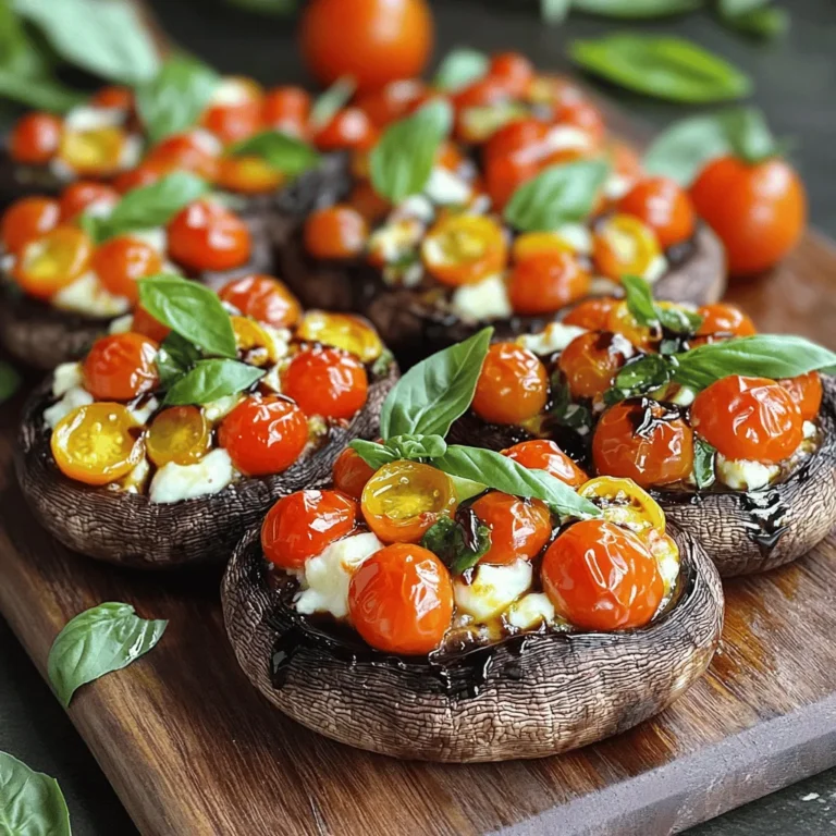 - 4 große Portobello-Pilze, Stiele entfernt - 1 Tasse Kirschtomaten, halbiert - 1 Tasse frische Mozzarella-Bällchen, gewürfelt - 1 Tasse frische Basilikumblätter, gehackt Die Portobello-Pilze sind die Hauptdarsteller in diesem Rezept. Sie haben einen tiefen, erdigen Geschmack und eine fleischige Textur. Kirschtomaten bringen Süße und Frische. Frische Mozzarella-Bällchen schmelzen perfekt und geben den Pilzen eine cremige Note. Basilikum verleiht dem Gericht ein Italienisches Flair. - 2 Esslöffel Balsamico-Glasur - 2 Esslöffel Olivenöl - 2 Knoblauchzehen, fein gehackt - 1 Teelöffel getrockneter Oregano - Salz und Pfeffer nach Geschmack Die Balsamico-Glasur fügt eine süß-säuerliche Tiefe hinzu. Olivenöl sorgt für einen reichhaltigen Geschmack. Knoblauch bringt Aroma, während Oregano die italienische Note verstärkt. Salz und Pfeffer runden alles ab. - Portionen: 4 - Zubereitungszeit: 10 Minuten - Gesamtzeit: 35 Minuten Dieses Rezept ist einfach und schnell. In nur 10 Minuten Vorbereitung und 25 Minuten im Ofen hast du ein köstliches Gericht. Perfekt für ein schnelles Abendessen oder eine gesellige Runde. Heize zuerst deinen Ofen auf 190°C vor. Das ist wichtig, damit die Pilze gleichmäßig garen. Nimm die großen Portobello-Pilze und entferne die Stiele. Reinige die Pilze vorsichtig mit einem feuchten Tuch. Achte darauf, dass du sie nicht durchdrückst. Lege die Pilze mit der Hutseite nach oben auf ein Backblech. So können sie die Füllung gut halten. Jetzt kommt der spaßige Teil: die Füllung! Nimm eine große Rührschüssel. Gib die halbierten Kirschtomaten, die gewürfelten Mozzarella-Bällchen und die gehackten Basilikumblätter hinein. Dann füge die fein gehackten Knoblauchzehen, das Olivenöl, den getrockneten Oregano, Salz und Pfeffer hinzu. Vermenge alles gut. Du willst, dass jede Zutat gleichmäßig verteilt ist. Fülle die Mischung großzügig in jede Portobello-Pilzkappe. Drücke die Mischung leicht hinein, damit sie nicht herausfällt. Jetzt sind die gefüllten Pilze bereit für den Ofen. Backe sie bei 190°C für 20 bis 25 Minuten. Die Pilze sollten zart sein und der Käse sollte schmelzen und sprudeln. Nach dem Backen nimm die Pilze aus dem Ofen. Lass sie ein paar Minuten abkühlen, bevor du sie servierst. Du kannst sie schön anrichten und mit etwas Balsamico-Glasur und frischen Basilikumblättern garnieren. Wählen Sie große, feste Portobello-Pilze. Achten Sie auf eine glatte Oberfläche. Vermeiden Sie Pilze mit dunklen Flecken oder Rissen. Diese sind oft nicht frisch. Um Wasseransammlungen zu vermeiden, reinigen Sie die Pilze vorsichtig. Verwenden Sie ein feuchtes Tuch, um Schmutz zu entfernen. Tauchen Sie die Pilze nicht ins Wasser. So bleiben sie fest und behalten ihren Geschmack. Füllen Sie die Pilze gleichmäßig. Beginnen Sie mit einer großen Menge der Füllung. Drücken Sie die Mischung leicht hinein. So bleibt alles zusammen und läuft nicht heraus. Für mehr Geschmack fügen Sie zusätzliches Gemüse hinzu. Zucchini oder Paprika passen gut. Versuchen Sie auch verschiedene Käsesorten. Feta oder Cheddar können neue Aromen bringen. Präsentieren Sie die gefüllten Pilze auf einem großen Teller. Beträufeln Sie sie mit mehr Balsamico-Glasur. Garnieren Sie mit frischen Basilikumblättern. Das sieht schön aus und bringt Farbe. Servieren Sie die Pilze mit einem frischen Salat. Ein knuspriges Brot passt ebenfalls gut dazu. Es ergänzt das Gericht perfekt und sorgt für eine tolle Mahlzeit. {{image_4}} Du kannst das Rezept anpassen, indem du weitere Gemüsesorten hinzufügst. Zucchini oder Paprika passen gut. Diese bringen zusätzliche Farben und Nährstoffe. Du kannst auch Spinat verwenden, um mehr Grün hinzuzufügen. Wenn du eine andere Käseart magst, probiere Feta oder Ziegenkäse. Diese Optionen bringen neue Geschmäcker in dein Gericht. Wenn du ein veganes Gericht möchtest, gibt es tolle Alternativen zu Mozzarella. Cashewkäse oder Kokosnuss-Mozzarella sind großartige Optionen. Sie bieten eine ähnliche Textur und einen leckeren Geschmack. Diese veganen Alternativen sind einfach zu finden und machen das Gericht gesund und lecker. Die Balsamico-Glasur ist wunderbar, aber du kannst auch andere Dressings ausprobieren. Eine Zitronen-Vinaigrette bringt Frische. Ein Pesto-Dressing gibt dem Gericht einen würzigen Kick. Du kannst auch ein einfaches Dressing aus Olivenöl und Zitronensaft verwenden. Es ist leicht und schmeckt gut zu den Pilzen. Wenn du gerne experimentierst, probiere verschiedene Soßen. Eine BBQ-Sauce kann den Pilzen einen rauchigen Geschmack verleihen. Eine cremige Knoblauchsoße macht die Pilze reichhaltiger und sättigender. Es gibt viele Möglichkeiten, dein Gericht spannend zu gestalten. Nutze saisonale Zutaten für mehr Geschmack. Im Sommer sind frische Tomaten und Basilikum am besten. Im Herbst kannst du Kürbis oder Süßkartoffeln in die Füllung geben. Diese Zutaten bringen den Geschmack der Saison auf den Teller. Für Feiertage oder Feiern kannst du die Pilze festlicher gestalten. Füge geröstete Nüsse oder getrocknete Früchte hinzu. Diese Zutaten geben dem Gericht eine besondere Note. Du kannst auch die Präsentation anpassen, indem du die Pilze auf hübschen Tellern anrichtest. So wird dein Festessen noch schöner. Lagern Sie die gefüllten Pilze in einem luftdichten Behälter. So bleiben sie frisch. Stellen Sie sicher, dass die Pilze vollständig abgekühlt sind, bevor Sie sie lagern. Im Kühlschrank halten sie sich etwa 3 bis 4 Tage. Wenn Sie die Pilze frühzeitig zubereiten, können Sie sie einfach aufwärmen. Um die gefüllten Pilze einzufrieren, legen Sie sie in einen gefrierfesten Behälter. Stellen Sie sicher, dass sie gut verpackt sind, um Frostschäden zu vermeiden. Sie können die Pilze bis zu 3 Monate einfrieren. Zum Wiedererwärmen lassen Sie die Pilze zuerst im Kühlschrank auftauen. Danach backen Sie sie bei 180°C für etwa 15 Minuten, bis sie heiß sind. Wenn Sie Füllung übrig haben, verwenden Sie sie für andere Gerichte. Sie können die Füllung in einen Salat mischen oder auf einen Toast legen. Eine weitere Idee ist, die Füllung in Omeletts zu geben. So haben Sie schnell eine leckere Mahlzeit. Um Caprese gefüllte Portobello-Pilze vegan zu machen, ersetzen Sie den Käse. Nutzen Sie vegane Mozzarella-Alternativen aus Nüssen oder Tofu. Sie können auch Cashew-Creme verwenden. Diese gibt einen guten Geschmack und die richtige Konsistenz. Um noch mehr Geschmack hinzuzufügen, probieren Sie Hefeflocken. Diese sind nahrhaft und haben einen käsigen Geschmack. Ein weiterer Tipp ist, die Balsamico-Glasur selbst zu machen. Mischen Sie Balsamico-Essig mit einer süßen Zutat wie Agavendicksaft. So bleibt das Gericht frisch und lecker. Ja, Sie können die Pilze auch grillen. Das gibt den Pilzen einen tollen, rauchigen Geschmack. Heizen Sie den Grill auf mittlere Hitze vor. Bereiten Sie die Pilze wie gewohnt vor, füllen Sie sie und stellen Sie sie auf den Grill. Grillen Sie die gefüllten Pilze etwa 10-15 Minuten. Achten Sie darauf, dass der Käse schmilzt und die Pilze weich werden. Wenden Sie die Pilze vorsichtig mit einer Zange, um ein Ankleben zu vermeiden. So bleibt das Gericht saftig und geschmackvoll. Caprese gefüllte Portobello-Pilze sind im Kühlschrank etwa 3-4 Tage haltbar. Lagern Sie sie in einem luftdichten Behälter. So bleiben sie frisch und lecker. Wenn Sie die Pilze einfrieren möchten, können Sie dies auch tun. Wickeln Sie sie gut in Frischhaltefolie ein und legen Sie sie in einen Gefrierbehälter. So sind sie bis zu 2 Monate haltbar. Zum Wiedererwärmen lassen Sie die Pilze einfach im Kühlschrank auftauen. Erwärmen Sie sie dann im Ofen oder in der Mikrowelle, um die Textur zu erhalten. In diesem Artikel haben wir alles über Caprese gefüllte Portobello-Pilze behandelt. Wir haben die Hauptzutaten durchgenommen, die Zubereitung Schritt für Schritt erklärt und Tipps gegeben, um die besten Pilze auszuwählen. Außerdem haben wir Variationen, Lagerung und beliebte Fragen geklärt. Jetzt kannst du das Rezept ausprobieren und deine eigenen leckeren Kreationen machen. Experimentiere mit neuen Zutaten und genieße deine gefüllten Pilze!