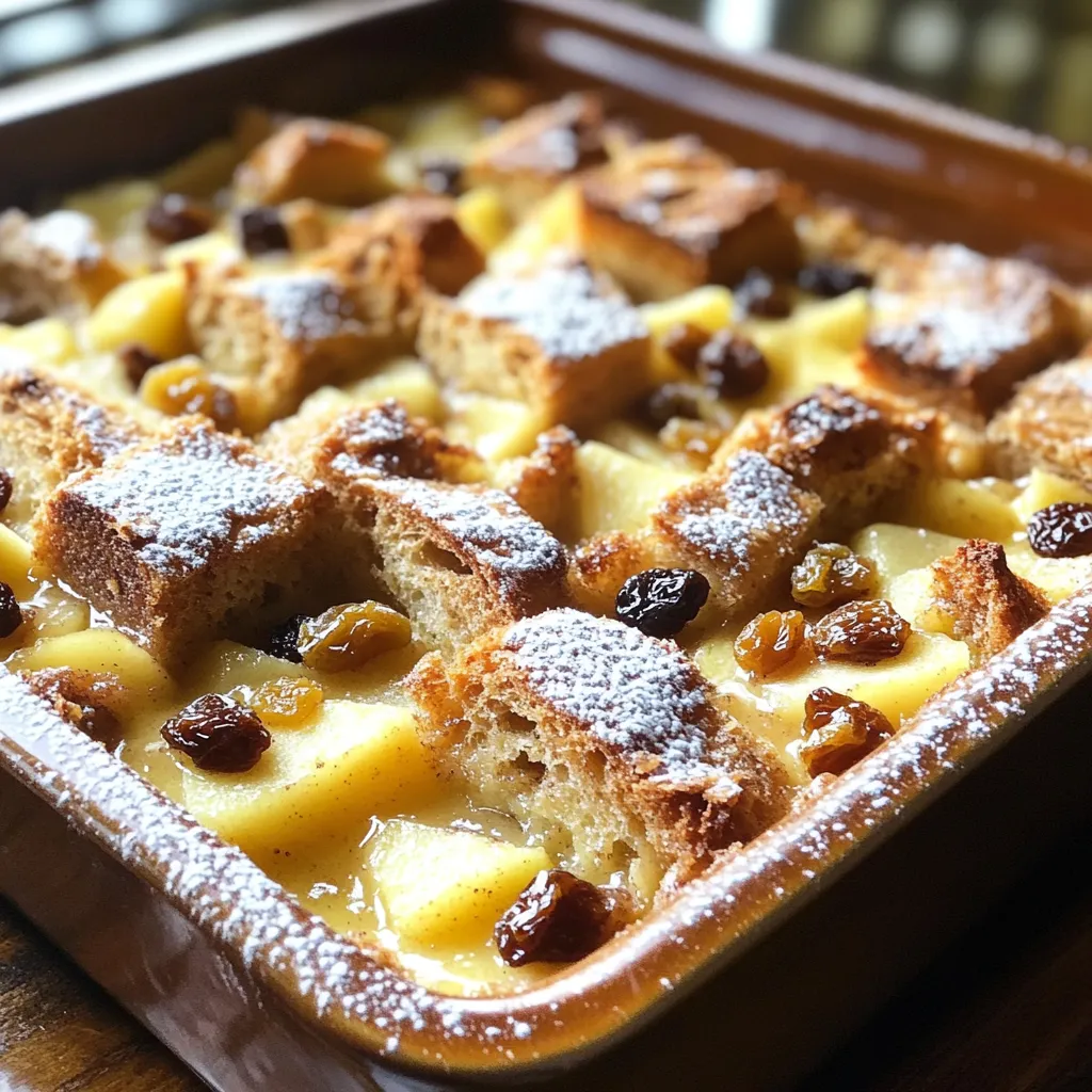 - altbackenes Brot: Verwende etwa 4 Tassen gewürfeltes Brot. Französisches oder Challah-Brot eignet sich gut. Das Brot sollte etwas trocken sein, damit es die Flüssigkeit gut aufnimmt. - Äpfel und deren Auswahl: Du benötigst 3 große Äpfel, geschält und entkernt. Eine Mischung aus süßen und sauren Äpfeln bringt einen tollen Geschmack. Sorten wie Granny Smith und Fuji sind ideal. - Milch und Sahne: Für einen cremigen Pudding brauchst du 1 Tasse Milch und 1 Tasse Sahne. Diese Mischung macht den Pudding reichhaltig und lecker. - brauner Zucker: 1/2 Tasse gibt dem Pudding eine süße Note und einen schönen Karamellgeschmack. Er ergänzt die Äpfel perfekt. - Eier und Vanilleextrakt: Du benötigst 4 große Eier und 1 Teelöffel Vanilleextrakt. Die Eier helfen, den Pudding zu binden, und die Vanille gibt zusätzlichen Geschmack. - Gewürze und optionale Zutaten: Füge 2 Teelöffel gemahlenen Zimt, 1/2 Teelöffel Muskatnuss und 1/4 Teelöffel Salz hinzu. Diese Gewürze bringen Wärme und Tiefe in dein Gericht. Optional kannst du 1/2 Tasse Rosinen oder 1/4 Tasse gehackte Nüsse verwenden. Diese Zutaten bieten einen zusätzlichen Crunch und Geschmack. Heize deinen Ofen auf 175°C vor. Nimm eine 23x33 cm große Auflaufform und fette sie mit Butter oder Kochspray ein. Diese Schritte sind wichtig. Sie helfen, dass der Pudding nicht anklebt und gleichmäßig backt. In einer großen Rührschüssel vermischst du die Milch, die Sahne und den braunen Zucker. Füge dann die Eier, den Vanilleextrakt, den Zimt, die Muskatnuss und das Salz hinzu. Rühre alles gut durch. Achte darauf, dass keine Klumpen bleiben. Diese Mischung macht den Pudding cremig und lecker. Verteile die gewürfelten Brote gleichmäßig in der vorbereiteten Auflaufform. Darauf kommen die gewürfelten Äpfel. Wenn du magst, kannst du auch Rosinen und Nüsse hinzufügen. Gieße dann die Eiermischung über die Brot-Apfel-Mischung. Drücke die Brotwürfel vorsichtig nach unten. So saugen sie die Flüssigkeit gut auf. Lass die Mischung etwa 15 Minuten ruhen. So kann das Brot die Flüssigkeit aufnehmen. Backe den Pudding im Ofen für 40-45 Minuten. Er ist fertig, wenn die Oberseite goldbraun ist und ein Messer sauber herauskommt. Nimm das Gericht aus dem Ofen und lasse es einige Minuten abkühlen. Optional kannst du es mit Puderzucker bestäuben, bevor du es servierst. Um die perfekte Konsistenz zu erreichen, ist das Einweichen des Brotes wichtig. Nutze altbackenes Brot, denn es nimmt die Flüssigkeit besser auf. Schneide das Brot in gleichmäßige Würfel. So wird es gleichmäßig durchtränkt. Lass die Mischung nach dem Gießen für 15 Minuten ruhen. Das gibt dem Brot Zeit, die Eiermischung gut aufzunehmen. Serviere den Apfel-Zimt-Brotpudding warm. Ein Schokoladensirup oder eine Kugel Vanilleeis passen wunderbar dazu. Diese Beilagen bringen eine neue Geschmacksebene. Du kannst auch eine Prise Zimt oder frische Apfelscheiben als Garnitur verwenden. So sieht das Gericht noch appetitlicher aus! Wenn der Brot-Pudding ungleichmäßig bäckt, könnte das an der Temperatur liegen. Stelle sicher, dass dein Ofen richtig vorgeheizt ist. Verwende ein Messer, um die Mitte zu testen. Wenn es sauber herauskommt, ist der Pudding fertig. Wenn du eine weiche Stelle findest, backe ihn einfach etwas länger. Das hilft, ein gleichmäßiges Ergebnis zu erzielen. {{image_4}} Sie können viele verschiedene Früchte in Ihrem Apfel-Zimt-Brotpudding verwenden. Probieren Sie Birnen oder Pfirsiche für einen neuen Geschmack. Auch die Kombination von Äpfeln mit Beeren macht den Pudding frisch und fruchtig. Nüsse bringen einen tollen Crunch. Walnüsse und Pekannüsse passen gut. Aber auch Mandeln oder Haselnüsse sind eine gute Wahl. Trockenfrüchte wie Cranberries oder Aprikosen können ebenfalls die Süße erhöhen. Seien Sie kreativ und wählen Sie, was Sie mögen! Für glutenfreie Optionen nehmen Sie glutenfreies Brot. Dieses Brot gibt es in vielen Geschäften. So bleibt der Pudding lecker und gut verträglich. Wenn Sie eine vegane Version möchten, ersetzen Sie die Milch und die Sahne durch Pflanzenmilch. Kokos- oder Mandeldrink sind großartige Alternativen. Verwenden Sie auch Leinsamen statt Eier. Mischen Sie 1 Esslöffel Leinsamen mit 3 Esslöffeln Wasser. Lassen Sie die Mischung kurz stehen, bis sie dick wird. Diese Anpassungen machen den Pudding für jeden zugänglich. Nach dem Genießen des Apfel-Zimt-Brotpuddings bleibt oft etwas übrig. Um die Reste frisch zu halten, sollten Sie den Pudding in einem luftdichten Behälter aufbewahren. Legen Sie diesen Behälter in den Kühlschrank. Der Pudding bleibt bis zu drei Tage frisch. Achten Sie darauf, den Pudding gut abzudecken, um ein Austrocknen zu verhindern. Wenn es Zeit ist, die Reste aufzuwärmen, gibt es eine einfache Methode. Nehmen Sie eine Portion des Puddings und legen Sie diese in eine ofenfeste Form. Bedecken Sie die Form mit Alufolie. Heizen Sie den Ofen auf 160°C vor. Lassen Sie den Pudding etwa 15 bis 20 Minuten erwärmen. Diese Methode sorgt dafür, dass der Pudding gleichmäßig warm wird. Sie können auch eine Mikrowelle verwenden. Erwärmen Sie den Pudding in kurzen Intervallen von 30 Sekunden. So vermeiden Sie, dass er zu trocken wird. Genießen Sie den Pudding warm, damit er seinen köstlichen Geschmack behält. Apfel-Zimt-Brotpudding bleibt im Kühlschrank etwa 3 bis 4 Tage frisch. Bewahren Sie ihn in einem luftdichten Behälter auf. So bleibt der Geschmack und die Textur erhalten. Vor dem Servieren können Sie ihn kurz aufwärmen. Das macht ihn wieder warm und einladend. Ja, Sie können Apfel-Zimt-Brotpudding einfrieren. Lassen Sie ihn zuerst ganz abkühlen. Schneiden Sie ihn dann in Portionen und packen Sie ihn in gefriergeeignete Behälter. Er hält sich bis zu 3 Monate im Gefrierfach. Zum Auftauen legen Sie ihn einfach über Nacht in den Kühlschrank. Erwärmen Sie ihn dann im Ofen oder in der Mikrowelle. Für Apfel-Zimt-Brotpudding empfehle ich eine Mischung aus süßen und sauren Äpfeln. Süße Äpfel wie Fuji oder Gala bieten einen tollen Geschmack. Saure Äpfel wie Granny Smith geben einen schönen Kontrast. Diese Mischung sorgt für ein ausgewogenes Aroma. Experimentieren Sie gerne mit verschiedenen Sorten! Der Apfel-Zimt-Brotpudding ist einfach zuzubereiten und köstlich. Wir haben die besten Zutaten und eine Schritt-für-Schritt-Anleitung besprochen. Tipps wie das richtige Einweichen des Brotes helfen, die Konsistenz zu perfektionieren. Du kannst auch Variationen ausprobieren, um jeden Geschmack zu treffen. Lagere übrig gebliebenes Essen gut und wärme es optimal auf. Genieß diese leckere Nachspeise und wage neue Kombinationen!