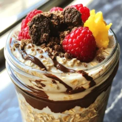 - 1 Tasse Haferflocken - 2 Tassen ungesüßte Mandelmilch (oder Milch nach Wahl) - 1 Portion Vanille-Protein-Pulver - 2 Esslöffel Kakaopulver - 2 Esslöffel Ahornsirup (oder Honig) - 1/2 Teelöffel Vanilleextrakt - 1/4 Tasse zerdrückte Schokoladenkeksbrösel (z.B. Oreos oder eine gesündere Alternative) Diese Zutaten machen die Basis für die Protein Cookies & Cream Overnight Oats. Haferflocken sind eine tolle Quelle für Ballaststoffe und geben dir Energie. Das Vanille-Protein-Pulver sorgt für einen guten Eiweißgehalt. Mandelmilch macht die Mischung cremig und lecker. Kakaopulver fügt einen schokoladigen Geschmack hinzu, während der Ahornsirup die Süße bringt. Vanilleextrakt rundet das Ganze ab. Die Keksbrösel geben einen knusprigen Crunch und schokoladigen Geschmack. - Frische Beeren oder Bananenscheiben Mit frischen Beeren oder Bananenscheiben kannst du die Overnight Oats noch leckerer machen. Diese Toppings bringen Farbe auf den Teller und sind auch gesund. Beeren sind voller Vitamine und Antioxidantien. Bananen geben eine natürliche Süße und eine schöne Textur. Wenn du keine Mandelmilch magst, kannst du jede andere Milch verwenden. Sojamilch oder Hafermilch sind gute Alternativen. Für das Protein-Pulver kannst du auch Schokoladengeschmack wählen. Wenn du kein Kakaopulver hast, dann lass es weg oder ersetze es durch etwas Schokoladensirup. Für die Keksbrösel gibt es gesündere Optionen wie Datteln oder Haferkekse. Sei kreativ und passe das Rezept an deinen Geschmack an! Zuerst nimmst du eine große Schüssel. Füge die Haferflocken, Mandelmilch, Protein-Pulver, Kakaopulver, Ahornsirup und Vanilleextrakt hinzu. Rühre die Zutaten gut um. Achte darauf, dass sie gleichmäßig vermischt sind. Die Mischung sollte glatt sein. Jetzt kommt der spaßige Teil. Nimm die zerdrückten Schokoladenkekse und hebe sie vorsichtig unter die Mischung. Lass ein paar Brösel für das Topping übrig. Das gibt dir eine schöne Textur. Teile die Mischung gleichmäßig auf zwei luftdichte Behälter oder Gläser auf. Schließe die Behälter gut und stelle sie in den Kühlschrank. Lass die Mischung für mindestens 6 Stunden oder über Nacht ruhen. Dadurch werden die Haferflocken weich. Am Morgen rührst du alles gut um. Wenn die Konsistenz zu dick ist, füge mehr Mandelmilch hinzu. Garniere mit frischen Beeren oder Bananenscheiben und streue die zurückbehaltenen Keksbrösel darüber. Jetzt kannst du deine Protein Cookies & Cream Overnight Oats genießen! Um perfekte Overnight Oats zu machen, ist das richtige Mischverhältnis wichtig. Ich empfehle, eine Tasse Haferflocken mit zwei Tassen Mandelmilch zu kombinieren. So bleiben die Haferflocken weich und cremig. Verwende ungesüßte Mandelmilch für weniger Zucker. Das Proteinpulver gibt zusätzlichen Geschmack und Fülle. Vanilleextrakt sorgt für eine feine Note. Achte darauf, alles gut zu vermischen. Eine glatte Konsistenz ist der Schlüssel. Du kannst das Rezept leicht anpassen. Wenn du Schokoladenliebhaber bist, füge mehr Kakaopulver hinzu. Für einen fruchtigen Geschmack probiere frische Beeren oder Bananenscheiben. Du kannst auch andere Kekssorten verwenden. Versuche zum Beispiel, die Schokoladenkeksbrösel durch gesunde Alternativen zu ersetzen. So bleibt der Genuss dabei, ohne zu viele Kalorien. Ersetze den Ahornsirup durch Honig, wenn du es süßer magst. Die Zubereitung der Protein Cookies & Cream Overnight Oats ist schnell und einfach. In nur zehn Minuten hast du alles gemischt und portioniert. Das macht es leicht, für die ganze Woche vorzubereiten. Bereite die Portionen in luftdichten Behältern vor. So kannst du sie einfach im Kühlschrank lagern. Am Morgen sind die Oats bereit, ohne dass du viel Zeit brauchst. Du kannst sie direkt genießen oder kurz erwärmen. {{image_4}} Du kannst dein Rezept ganz leicht anpassen! Probiere zum Beispiel Schokoladengeschmack. Nutze dazu Schokoladenproteinpulver und füge mehr Kakaopulver hinzu. Magst du Erdnussbutter? Mische einen Esslöffel Erdnussbutter in deine Haferflocken. Das gibt einen tollen Geschmack. Du kannst auch experimentieren und andere Aromen wie Kokos oder Zimt verwenden. Lass deiner Kreativität freien Lauf! Wenn du nach gesünderen Keksbröseln suchst, gibt es viele Optionen. Du kannst zerbröselte Datteln oder Nüsse verwenden. Auch Haferkekse sind eine gute Wahl. Sie sind nahrhaft und lecker. Achte darauf, dass die Alternativen gut zerkleinert sind. So hast du die perfekte Textur in deinen Overnight Oats. Diese Variationen sind nicht nur gesund, sondern auch super schmackhaft! Möchtest du noch mehr Protein? Füge ein wenig griechischen Joghurt hinzu. Ein Esslöffel reicht oft aus. Du kannst auch Chiasamen oder Leinsamen einmischen. Diese kleinen Samen sind nahrhaft und geben einen tollen Crunch. Wenn du noch mehr Geschmack willst, probiere Mandelbutter oder andere Nussbutter. Das gibt deinen Overnight Oats einen zusätzlichen Kick! Um die Protein Cookies & Cream Overnight Oats richtig zu lagern, benutze luftdichte Behälter. Diese halten die Oats frisch und verhindern, dass sie austrocknen. Es ist wichtig, die Oats nach der Zubereitung schnell in den Kühlschrank zu stellen. So bleibt die Textur gut und das Aroma frisch. Im Kühlschrank bleiben die Oats bis zu fünf Tage haltbar. Achte darauf, sie gut verschlossen zu lagern. Vor dem Essen kannst du die Oats umrühren und, falls nötig, mehr Mandelmilch hinzufügen. So erhältst du die perfekte Konsistenz. Du kannst die Oats auch einfrieren, um sie länger haltbar zu machen. Portioniere die Oats in geeignete Behälter oder Beutel. Sie können bis zu drei Monate im Gefrierfach bleiben. Wenn du bereit bist, sie zu essen, taue sie einfach im Kühlschrank auf. Nach dem Auftauen, rühre sie gut durch und genieße den leckeren Geschmack. Der Proteingehalt hängt vom verwendeten Protein-Pulver ab. Im Durchschnitt enthält eine Portion etwa 20 bis 25 Gramm Protein. Dies macht die Overnight Oats zu einer nahrhaften Wahl. Die Haferflocken tragen auch zur Proteinmenge bei. Sie sind eine gute Quelle für Ballaststoffe und unterstützen die Verdauung. Für eine exakte Zahl schauen Sie auf die Nährwertangaben Ihres Protein-Pulvers. Ja, du kannst das Rezept leicht vegan machen. Verwende einfach pflanzliches Protein-Pulver. Nutze ungesüßte Mandelmilch oder eine andere pflanzliche Milch. Ersetze den Ahornsirup mit einem veganen Süßstoff. So bleibt das Rezept komplett pflanzlich und lecker. Ja, du hast viele Optionen! Du kannst Sojamilch, Hafermilch oder Kokosmilch verwenden. Jede Milch hat ihren eigenen Geschmack. Sojamilch hat viel Protein, während Hafermilch süßlich ist. Experimentiere, um deinen Favoriten zu finden! In diesem Blogpost habe ich die leckeren Protein Cookies & Cream Overnight Oats vorgestellt. Wir haben die Hauptzutaten und verschiedene Toppings erkundet. Die Schritt-für-Schritt-Anleitung erleichtert die Zubereitung. Tipps und Tricks helfen dir, die perfekten Oats zu erzielen. Variationen zeigen dir neue Geschmäcker und Kühlinfos garantieren eine lange Haltbarkeit. Probiere dein Rezept aus. Genieße die gesunde, proteinreiche Nahrung!