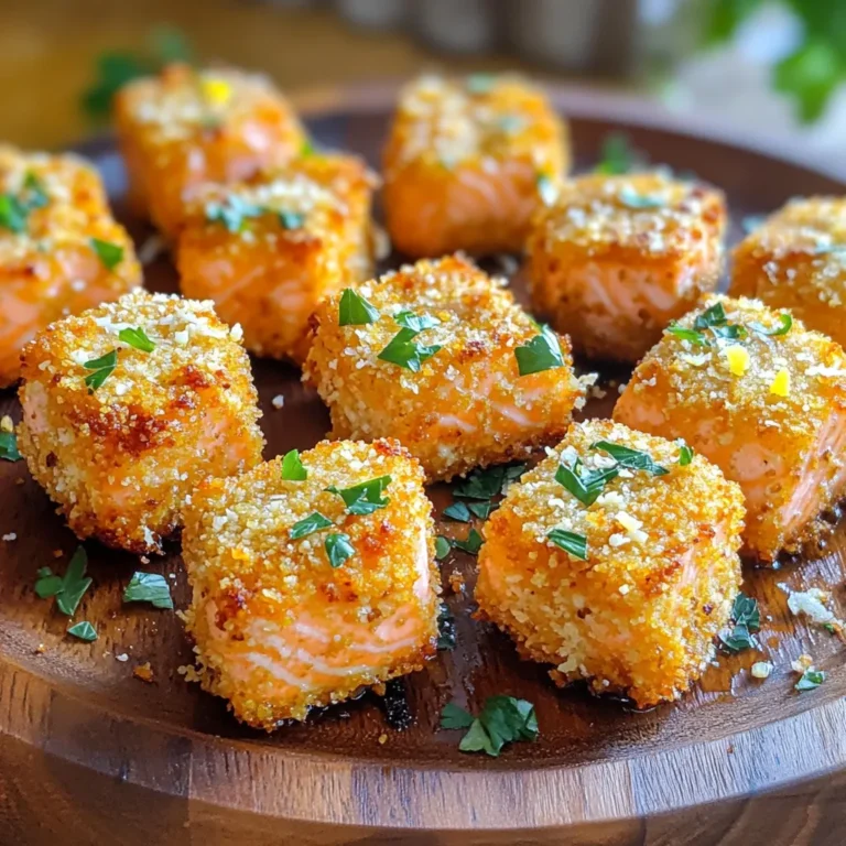 - 450 g frischer Lachsfilet - 125 g geriebener Parmesan-Käse - 125 g Semmelbrösel (Panko) - 1 Knoblauchzehe - 1 Teelöffel Zitronenschale - 1 Teelöffel getrocknete Petersilie - 1/2 Teelöffel schwarzer Pfeffer - 1/2 Teelöffel Salz - 1 Ei, verquirlt - Olivenölspray Die Hauptzutaten machen diese Lachs-Bissen besonders lecker. Frischer Lachs gibt den Bissen einen tollen Geschmack. Parmesan-Käse sorgt für eine würzige Note. Panko-Semmelbrösel machen die Bissen extra knusprig. Die Würzmittel sind einfach, aber effektiv. Ein Stück Knoblauch gibt einen feinen Geschmack. Zitronenschale bringt Frische in das Gericht. Petersilie sorgt für Farbe und einen leichten Geschmack. Pfeffer und Salz runden alles ab. Das verquirlte Ei hilft, die Panade gut zu halten. Schließlich sorgt Olivenölspray dafür, dass die Bissen schön braun werden. Mit diesen Zutaten kannst du schnell köstliche Parmesan-Lachs-Bissen zubereiten. Zuerst spülst du die Lachsstücke unter kaltem Wasser ab. Das hilft, den Fisch frisch zu halten. Danach tupfst du die Stücke mit Küchenpapier trocken. So entfernst du überschüssige Feuchtigkeit. Dies ist wichtig, damit der Lachs knusprig wird. Jetzt ist es Zeit, die Panade zuzubereiten. Nimm eine Schüssel und gib den geriebenen Parmesan, die Semmelbrösel, den gehackten Knoblauch, die Zitronenschale, die getrocknete Petersilie, den schwarzen Pfeffer und das Salz hinein. Mische alles gut, bis die Zutaten gleichmäßig verteilt sind. Diese Mischung gibt dem Lachs einen tollen Geschmack. Tauche jeden Lachs-Würfel in das verquirlte Ei. Lass das überschüssige Ei abtropfen. Danach wälze den Lachs in der Bröselmischung. Achte darauf, dass jedes Stück gut bedeckt ist. Dies sorgt für eine schöne, knusprige Textur. Heize die Heißluftfritteuse auf 200°C vor. Lasse sie etwa 5 Minuten lang laufen. Das Vorheizen hilft, die Lachs-Bissen gleichmäßig zu garen. Spray den Korb der Heißluftfritteuse leicht mit Olivenöl. Lege die panierten Lachs-Bissen in einer einzigen Schicht in den Korb. Achte darauf, dass du sie nicht überfüllst. Frittier die Lachs-Bissen dann bei 200°C für 7 bis 10 Minuten. Wende sie nach der Hälfte der Zeit, damit sie gleichmäßig garen. Nach dem Garen nimm die Lachs-Bissen aus der Heißluftfritteuse. Lass sie kurz abkühlen. Richte sie dann auf einem schönen Servierteller an. Ein Spritzer frischer Zitronensaft und etwas Petersilie machen das Gericht noch ansprechender. So servierst du ein leckeres Gericht. Ich empfehle, Panko-Semmelbrösel zu verwenden. Diese Brösel sind grob und luftig. Sie sorgen für die perfekte Knusprigkeit. Wenn du die Lachs-Bissen frittierst, ist die Textur entscheidend. Panko wird knuspriger als normale Semmelbrösel. So wird jeder Bissen zu einem Genuss. Du kannst die Gewürze nach deinem Geschmack anpassen. Füge etwas Paprika für mehr Würze hinzu. Oder probiere frische Kräuter wie Dill oder Koriander. Jedes Gewürz bringt einen neuen Geschmack. Sei kreativ! So kannst du deine eigenen Lieblingskombinationen entdecken. Präsentiere die Lachs-Bissen auf einem schönen Teller. Garniere sie mit frischer Petersilie und Zitronenschnitzen. Dies gibt Farbe und Frische. Wenn du ein wenig Zitrone über die Bissen sprühst, hebt das den Geschmack. Deine Gäste werden die Präsentation lieben! {{image_4}} Um die Aromen zu verstärken, kannst du verschiedene Gewürze und Kräuter hinzufügen. Probiere zum Beispiel Paprika, Oregano oder Thymian. Diese geben den Lachs-Bissen einen besonderen Kick. Ein Hauch von Zitronenpfeffer kann ebenfalls für mehr Frische sorgen. Kreationen wie diese machen das Gericht einzigartig. Du kannst die Lachs-Bissen auch mit Gemüse frittieren. Zucchini und Paprika passen toll zu den Aromen des Lachses. Das Gemüse wird zart und bleibt knackig. Einfach die Gemüse in Stücke schneiden und zusammen mit den Lachs-Bissen in die Heißluftfritteuse geben. So hast du eine komplette Mahlzeit in einem Schritt. Wenn du eine Abwechslung möchtest, versuche Thunfisch oder Hähnchen. Diese Proteine lassen sich ähnlich zubereiten wie der Lachs. Sie nehmen die Aromen der Panade gut auf. Achte darauf, die Garzeit entsprechend anzupassen, damit das Fleisch zart bleibt. So kannst du deine Lieblingsgerichte variieren. Bewahre die Lachs-Bissen in einem luftdichten Behälter im Kühlschrank auf. So bleiben sie frisch. Am besten sind sie innerhalb von drei Tagen verzehrfertig. Vor dem Servieren kannst du sie kurz aufwärmen. Dies macht sie wieder knusprig. Wenn du die Lachs-Bissen einfrieren möchtest, lege sie in eine einzelne Schicht auf ein Backblech. So kleben sie nicht zusammen. Lass sie dann für ein paar Stunden gefrieren. Danach kannst du sie in einen Gefrierbeutel geben. So bleiben sie bis zu drei Monate haltbar. Um sie aufzutauen, lege sie einfach über Nacht in den Kühlschrank. Erhitze sie dann in der Heißluftfritteuse für ein paar Minuten. Die Lachs-Bissen sind im Kühlschrank für etwa drei Tage haltbar. Wenn sie eingefroren sind, kannst du sie bis zu drei Monate aufbewahren. Achte darauf, sie gut zu verpacken. So verhindern wir Gefrierbrand und erhalten den frischen Geschmack. Lachs-Bissen bleiben frisch, wenn du sie richtig lagerst. Du kannst sie in einem luftdichten Behälter im Kühlschrank für 2 bis 3 Tage aufbewahren. Achte darauf, dass die Bissen gut abgekühlt sind, bevor du sie einlagerst. So bleibt die Knusprigkeit erhalten. Wenn du die Bissen noch länger aufbewahren möchtest, friere sie ein. In einem gefrierfesten Behälter halten sie bis zu 3 Monate. Zum Auftauen lege sie einfach für einige Stunden in den Kühlschrank. Ja, du kannst die Lachs-Bissen auch im Ofen zubereiten. Heize deinen Ofen auf 200°C vor. Lege die panierten Lachs-Bissen auf ein mit Backpapier belegtes Blech. Sprühe sie leicht mit Olivenöl ein, um sie knusprig zu machen. Backe sie dann für etwa 15 bis 20 Minuten, bis sie goldbraun sind. Drehe die Bissen nach der Hälfte der Zeit um, damit sie gleichmäßig garen. Um mehr Geschmack zu bekommen, kannst du verschiedene Kräuter und Gewürze hinzufügen. Probiere frischen Dill oder Schnittlauch für eine frische Note. Etwas Zitronensaft vor dem Servieren bringt die Aromen zusammen. Du kannst auch einen Hauch von Paprika oder Cayennepfeffer hinzufügen, um eine leichte Schärfe zu erzielen. Experimentiere mit verschiedenen Käsearten, wie Feta oder Cheddar, für zusätzliche Tiefe. Zu diesen knusprigen Lachs-Bissen passen viele Beilagen. Ein frischer Gartensalat mit leichten Vinaigrette ist eine gute Wahl. Auch gebratenes Gemüse wie Zucchini oder grüne Bohnen ergänzen die Lachs-Bissen perfekt. Für einen besonderen Touch kannst du einen cremigen Dip, wie Knoblauch-Aioli oder Zitronen-Joghurt-Sauce, servieren. Die Zubereitung von knusprigen Parmesan-Lachs-Bissen ist einfach und macht Spaß. Wir haben den Prozess von den Zutaten bis zum Servieren durchlaufen. Verwende frischen Lachs und Panko-Semmelbrösel für ein tolles Ergebnis. Du kannst die Gewürze anpassen und sogar Variationen hinzufügen. Denke daran, Reste gut aufzubewahren und verschiedene Beilagen auszuprobieren. So hast du jederzeit einen leckeren Snack oder ein schnelles Abendessen! Genieß die Zeit in der Küche und entdecke deine kreativen Möglichkeiten mit Lachs!