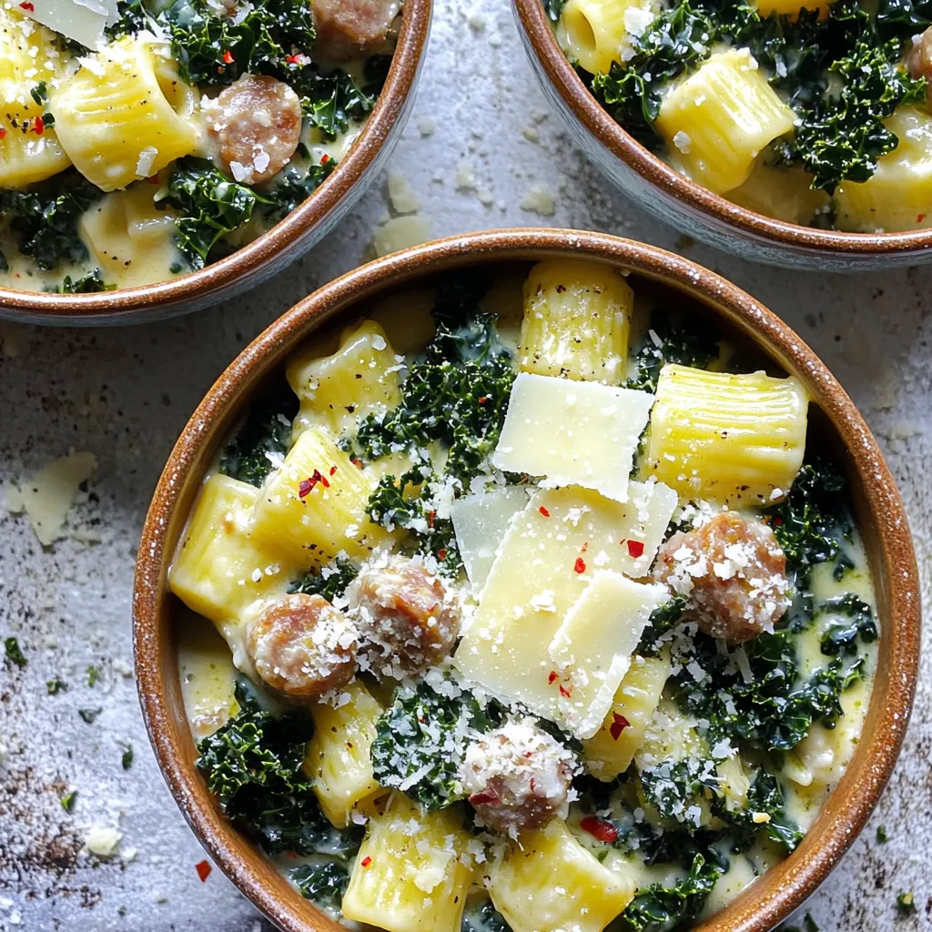 - 340 g Pasta (Penne oder Rotini) - 450 g italienische Wurst (mild oder scharf, Haut entfernt) - 3 Tassen Grünkohl, grob gehackt - 1 mittlere Zwiebel, gewürfelt - 2 Zehen Knoblauch, fein gehackt - 950 ml Hühnerbrühe - 240 ml Schlagsahne - 100 g frisch geriebener Parmesan - 2 Esslöffel Olivenöl - 1 Teelöffel italienische Gewürzmischung - Salz und Pfeffer nach Geschmack - Rote Pfefferflocken (optional, für extra Schärfe) Ein großer Topf oder eine gusseiserne Pfanne ist ideal. Ein Kochlöffel hilft, die Wurst zu zerbröseln. Eine Reibe ist nützlich, um den Parmesan frisch zu reiben. Eine Schüssel zum Servieren macht das Gericht ansprechend. Frische Zutaten bieten den besten Geschmack. Frischer Grünkohl hat mehr Nährstoffe und eine bessere Textur. Gefrorene Zutaten sind praktisch und oft genauso nahrhaft. Wenn du frische Wurst nicht findest, kannst du gefrorene verwenden. Achte darauf, sie gut aufzutauen, bevor du sie kochst. Für dieses Rezept müssen Sie zuerst alle Zutaten bereitstellen. So bleibt der Kochprozess einfach und schnell. Hier sind die Zutaten, die Sie brauchen: - 340 g Pasta (Penne oder Rotini) - 450 g italienische Wurst (mild oder scharf, Haut entfernt) - 3 Tassen Grünkohl, grob gehackt - 1 mittlere Zwiebel, gewürfelt - 2 Zehen Knoblauch, fein gehackt - 950 ml Hühnerbrühe - 240 ml Schlagsahne - 100 g frisch geriebener Parmesan - 2 Esslöffel Olivenöl - 1 Teelöffel italienische Gewürzmischung - Salz und Pfeffer nach Geschmack - Rote Pfefferflocken (optional) Sobald Sie alles haben, starten Sie mit dem Schneiden der Zwiebel und dem Hacken des Knoblauchs. Der Grünkohl sollte auch grob gehackt werden. Das macht das Kochen viel einfacher. Erhitzen Sie das Olivenöl in einem großen Topf bei mittlerer Hitze. Fügen Sie die gewürfelte Zwiebel hinzu und braten Sie sie, bis sie glasig ist. Das dauert etwa 3-4 Minuten. Dann kommt der Knoblauch dazu. Braten Sie ihn für eine Minute an, um die Aromen freizusetzen. Jetzt ist es Zeit für die Wurst. Geben Sie die italienische Wurst in den Topf und zerbröseln Sie sie. Braten Sie sie für 5-7 Minuten, bis sie schön braun ist. Danach fügen Sie den gehackten Grünkohl hinzu und lassen ihn für 2-3 Minuten weich werden. Gießen Sie die Hühnerbrühe in den Topf und bringen Sie alles zum Kochen. Wenn die Brühe kocht, rühren Sie die Pasta und die italienische Gewürzmischung ein. Reduzieren Sie die Hitze und decken Sie den Topf ab. Lassen Sie die Pasta 10-12 Minuten kochen, bis sie al dente ist. Wenn die Pasta fertig ist, reduzieren Sie die Hitze und fügen Sie die Schlagsahne hinzu. Lassen Sie das Gericht für 2-3 Minuten köcheln, bis es leicht dick wird. Nehmen Sie dann den Topf vom Herd und rühren Sie den geriebenen Parmesan unter. Schmecken Sie das Gericht mit Salz, Pfeffer und optionalen roten Pfefferflocken ab. Für eine schöne Präsentation servieren Sie die Pasta in flachen Schalen. Fügen Sie extra Parmesan und eine Prise zerstoßene rote Pfefferflocken hinzu. Ein Spritzer Olivenöl und einige Grünkohlblätter sorgen für das perfekte Finish. Jetzt sind Sie bereit, diese leckere, cremige Wurst und Grünkohl Pasta zu genießen! Um die perfekte Pasta zu kochen, beginne mit viel Wasser. Verwende mindestens vier Liter Wasser für 340 g Pasta. Füge einen Esslöffel Salz hinzu, wenn das Wasser kocht. Das Salz gibt Geschmack und hilft, die Pasta gut zu würzen. Achte darauf, die Pasta al dente zu kochen. Das bedeutet, sie sollte weich, aber noch bissfest sein. Rühre die Pasta während des Kochens gelegentlich um, um ein Verkleben zu verhindern. Die Wahl der Wurst ist wichtig für den Geschmack. Du kannst milde oder scharfe italienische Wurst verwenden. Mild gibt einen sanften Geschmack, während scharf mehr Würze bringt. Achte darauf, die Wurst ohne Haut zu kaufen. So lässt sie sich leicht zerbröseln und gleichmäßig braten. Wenn du eine gesündere Option möchtest, probiere Geflügelwurst. Sie schmeckt lecker und hat weniger Fett. Für eine cremigere Sauce füge mehr Schlagsahne hinzu. 240 ml ist gut, aber ein wenig mehr macht es noch besser. Rühre die Sahne langsam ein, wenn die Pasta fast fertig ist. Lass die Sauce leicht köcheln, damit sie eindickt. Frisch geriebener Parmesan hilft, die Sauce cremig zu machen. Er schmilzt schnell und verbindet sich gut mit der Pasta. Wenn du magst, kannst du auch etwas Frischkäse hinzufügen. Das macht die Sauce noch reichhaltiger. {{image_4}} Um die cremige Wurst und Grünkohl Pasta vegetarisch zu machen, tausche die Wurst gegen pflanzliche Alternativen aus. Du kannst würzige Sojawurst oder Linsen nutzen. Diese Optionen bieten dir den gleichen Geschmack ohne Fleisch. Außerdem kannst du Pilze hinzufügen, um eine fleischige Textur zu erreichen. Kichererbsen sind eine weitere großartige Wahl, sie sind nahrhaft und fügen Fülle hinzu. Die Gewürze sind wichtig für den Geschmack. Du kannst die italienische Gewürzmischung nach deinem Geschmack anpassen. Wenn du es schärfer magst, füge mehr rote Pfefferflocken hinzu. Für einen milden Geschmack, benutze weniger. Auch frische Kräuter wie Basilikum oder Oregano sind tolle Ergänzungen. Sie bringen frische Aromen in dein Gericht. Experimentiere mit verschiedenen Kombinationen, um deinen perfekten Geschmack zu finden. Du kannst das Rezept mit zusätzlichen Zutaten aufpeppen. Zum Beispiel passen Cherry-Tomaten gut dazu. Sie geben Frische und eine süße Note. Auch Spinat ist eine tolle Ergänzung, die gut zu Grünkohl passt. Für extra Crunch, füge geröstete Nüsse oder Samen hinzu. Wenn du mehr Käse magst, probiere Feta oder Mozzarella. Diese Zutaten machen das Gericht noch interessanter und leckerer. Bewahre die cremige Wurst und Grünkohl Pasta in einem luftdichten Behälter auf. So bleibt sie frisch. Stelle sicher, dass der Behälter gut verschlossen ist, um Gerüche zu vermeiden. Im Kühlschrank hält sich das Gericht bis zu drei Tage. Wenn du Reste hast, kannst du die Pasta auch einfrieren. Teile das Gericht in Portionen auf und lege es in gefriergeeignete Behälter. So bleibt die Pasta bis zu drei Monate haltbar. Achte darauf, die Behälter gut zu verschließen. Beschrifte sie mit dem Datum, damit du weißt, wie lange sie schon eingefroren ist. Um die Reste aufzuwärmen, nimm die gewünschte Portion aus dem Kühlschrank oder Gefrierfach. Wenn die Pasta gefroren ist, lasse sie zuerst im Kühlschrank über Nacht auftauen. Erwärme die Pasta in einem Topf bei mittlerer Hitze. Füge etwas Wasser oder Brühe hinzu, um die Sauce wieder cremig zu machen. Rühre häufig um, bis alles gleichmäßig warm ist. Ja, du kannst andere Pastaformen verwenden. Penne und Rotini sind ideal, aber auch Spaghetti oder Fusilli funktionieren gut. Achte darauf, die Kochzeit der Pasta zu beachten. Jede Form hat eine andere Garzeit. Wenn du eine längere oder kürzere Pasta wählst, passe die Kochzeit entsprechend an. Dieses Rezept ist nicht glutenfrei, da die Pasta Weizen enthält. Du kannst jedoch glutenfreie Pasta verwenden. Es gibt viele leckere Optionen auf dem Markt. Achte darauf, die Kochzeit für glutenfreie Pasta anzupassen. So bleibt das Gericht perfekt und geschmackvoll. Um das Gericht schärfer zu machen, füge rote Pfefferflocken hinzu, während du das Gericht würzt. Du kannst auch scharfe italienische Wurst verwenden. Eine weitere Möglichkeit ist, frischen Chili oder Tabasco hinzuzufügen. So bekommst du die gewünschte Schärfe, die du magst. Experimentiere ruhig mit der Menge, um deinen perfekten Geschmack zu finden. Wir haben die wichtigsten Zutaten und den gesamten Kochprozess durchlebt. Du hast gelernt, wie du frische und gefrorene Zutaten nutzt. Ich habe dir Tipps für perfekte Pasta, die Auswahl der Wurst und cremige Saucen gezeigt. Weiterhin haben wir Variationen für Vegetarier besprochen und praktische Lagerungstipps gegeben. Nutze diese Informationen, um dein Gericht zu verbessern. Experimentiere mit neuen Zutaten und finde deinen eigenen Stil. Kochen macht Spaß und jeder kann es meistern!