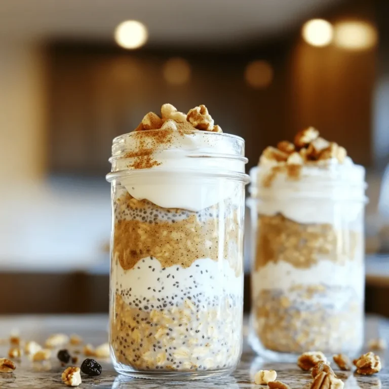 Für diese leckeren Zimtschnecken Overnight-Oats brauchst du die folgenden Hauptzutaten: - 1 Tasse Haferflocken (grob) - 1 Tasse ungesüßte Mandelmilch (oder Milch nach Wahl) - 1 Esslöffel Chiasamen - 1 Teelöffel Vanilleextrakt - 1 Teelöffel gemahlener Zimt - 1 Esslöffel Ahornsirup (oder Honig) Diese Zutaten bilden die Basis für deinen köstlichen Frühstücksgenuss. Die Haferflocken sind gesund und geben dir Energie. Mandelmilch macht die Mischung cremig und lecker. Du kannst dein Rezept mit diesen optionalen Zutaten verfeinern: - 1/4 Tasse griechischer Joghurt (für extra Cremigkeit) - 2 Esslöffel gehackte Walnüsse - 2 Esslöffel Rosinen oder Korinthen Die optionalen Zutaten geben dir die Freiheit, die Aromen zu variieren. Der griechische Joghurt macht die Oats besonders cremig, während die Walnüsse einen tollen Crunch bieten. Wenn du die besten Zutaten auswählst, achte auf Folgendes: - Wähle grobe Haferflocken für mehr Textur. - Verwende frische und ungesüßte Mandelmilch für den besten Geschmack. - Achte darauf, dass die Chiasamen nicht alt sind, damit sie gut quellen. Frische Zutaten machen den Unterschied. Sie sorgen dafür, dass deine Zimtschnecken Overnight-Oats nicht nur lecker, sondern auch nahrhaft sind. Nehmen Sie eine mittelgroße Schüssel. Geben Sie die Haferflocken hinein. Fügen Sie die Chiasamen und den gemahlenen Zimt hinzu. Rühren Sie alles gut um. So mischen sich die trockenen Zutaten gleichmäßig. Dies sorgt für einen tollen Geschmack in den Overnight Oats. Nehmen Sie eine separate Schüssel oder einen Messbecher. Gießen Sie die ungesüßte Mandelmilch hinein. Fügen Sie den Vanilleextrakt und den Ahornsirup dazu. Wenn Sie wünschen, geben Sie den griechischen Joghurt hinzu. Rühren Sie alles gut um, bis die Mischung glatt ist. Diese Mischung sorgt für die Cremigkeit in Ihren Oats. Gießen Sie die flüssige Mischung über die trockenen Zutaten. Rühren Sie alles gut um, bis die Haferflocken gleichmäßig benetzt sind. Wenn Sie möchten, fügen Sie die gehackten Walnüsse und die Rosinen hinzu. Verteilen Sie die Mischung gleichmäßig auf zwei oder drei Behälter. Decken Sie die Behälter ab und stellen Sie sie über Nacht in den Kühlschrank. So werden die Haferflocken weich und nehmen den Geschmack auf. Wenn du die Konsistenz deiner Overnight Oats ändern möchtest, habe ich einige einfache Tipps. Du kannst mehr Mandelmilch hinzufügen, um sie flüssiger zu machen. Für eine dickere Textur kannst du weniger Milch verwenden. Ein zusätzlicher Esslöffel griechischer Joghurt macht die Mischung cremiger. Experimentiere mit der Menge, bis du deine perfekte Mischung gefunden hast. Die Garnierung macht viel aus! Du kannst Zimt und gehackte Nüsse darüber streuen. Das gibt einen tollen Crunch. Frisches Obst wie Bananen oder Äpfel passt auch gut dazu. Eine Prise Kokosraspeln bringt einen neuen Geschmack. Du kannst sogar einen Klecks Joghurt oben drauf geben. So sieht es nicht nur gut aus, sondern schmeckt auch besser. Wenn du morgens wenig Zeit hast, bereite die Overnight Oats am Abend zuvor vor. Das spart Zeit! Du kannst auch gleich mehrere Portionen machen. Stelle sie in den Kühlschrank und genieße sie die nächsten Tage. Wenn du auf die Schnelle gehen musst, pack die Zutaten in ein Glas. So hast du ein schnelles Frühstück für unterwegs. {{image_4}} Wenn Sie pflanzliche Milch verwenden möchten, gibt es viele Optionen. Mandeln, Hafer oder Soja sind tolle Alternativen. Sie liefern einen feinen Geschmack. Kokosmilch gibt einen tropischen Touch. Jede Milch hat ihren eigenen Charakter. Probieren Sie, was Ihnen am besten gefällt. Für eine glutenfreie Version nutzen Sie glutenfreie Haferflocken. Achten Sie auf das Etikett. Um die Overnight Oats vegan zu machen, ersetzen Sie den griechischen Joghurt. Verwenden Sie einfach pflanzlichen Joghurt. Das Rezept bleibt lecker und nahrhaft. Fügen Sie verschiedene Gewürze hinzu, um neue Geschmäcker zu entdecken. Muskatnuss oder Ingwer können eine interessante Note bringen. Auch Erdnussbutter oder Schokoladenstückchen sind toll. Seien Sie kreativ und probieren Sie neue Kombinationen aus. Es macht Spaß, mit Aromen zu spielen! Um die Zimtschnecken Overnight-Oats frisch zu halten, lagere sie in einem luftdichten Behälter. Der Kühlschrank ist ideal. So bleiben die Aromen und die Textur erhalten. Du kannst die Overnight-Oats bis zu 5 Tage aufbewahren. Die Haferflocken nehmen die Flüssigkeit auf und werden weicher. Das macht sie besonders lecker. Falls du Reste hast, kannst du sie ganz einfach wiederverwenden. Mische sie mit frischem Obst oder Joghurt. Das bringt neue Aromen. Du kannst auch die Reste in Smoothies einarbeiten. Das gibt deinem Getränk eine cremige Textur. Sei kreativ und variiere die Zutaten nach deinem Geschmack. Achte auf Geruch und Aussehen deiner Overnight-Oats. Wenn sie komisch riechen oder sich die Farbe ändert, ist Vorsicht geboten. Möglicherweise sind sie nicht mehr gut. Wenn du Schimmel siehst, wirf sie sofort weg. Sicherheit geht vor. Es ist wichtig, nur frische Zutaten zu verwenden, um das Risiko zu minimieren. Cinnamon Roll Overnight Oats halten sich im Kühlschrank für bis zu fünf Tage. Achte darauf, die Behälter gut zu verschließen. So bleiben die Aromen frisch und die Haferflocken weich. Die Konsistenz kann sich leicht ändern, aber das macht sie nicht schlecht. Wenn du mehr als eine Portion machst, kannst du sie für die Woche vorbereiten. Ja, du kannst die Overnight Oats einfrieren. Fülle sie in gefriergeeignete Behälter. Achte darauf, genug Platz zu lassen, da die Mischung beim Gefrieren an Volumen zunimmt. Zum Auftauen lege sie einfach in den Kühlschrank über Nacht. Am nächsten Tag kannst du sie rühren und nach Belieben mit frischer Milch anpassen. Es gibt viele Möglichkeiten, Cinnamon Roll Overnight Oats zu variieren. Probiere verschiedene Nüsse wie Mandeln oder Pecannüsse. Du kannst auch andere Trockenfrüchte wie Datteln oder Cranberries verwenden. Für zusätzliche Süße füge Schokoladenstückchen oder Karamellsoße hinzu. Experimentiere mit verschiedenen Gewürzen wie Muskat oder Ingwer, um neue Geschmäcker zu entdecken. Zimtschnecken Overnight-Oats sind einfach, lecker und vielseitig. Wir haben die besten Zutaten sowie Tipps zur Zubereitung besprochen. Denk daran, die Konsistenz nach deinem Geschmack anzupassen. Variiere die Rezepte mit verschiedenen Aromen und Milchalternativen, um neue Geschmäcker zu entdecken. Lagere die Resten richtig, damit sie frisch bleiben. Diese Overnight-Oats sind eine großartige Wahl für ein schnelles Frühstück. Viel Spaß beim Ausprobieren!