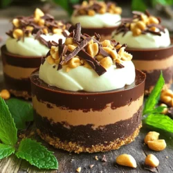 - 1 Tasse dunkle Schokoladenstückchen - 1 Tasse Schlagsahne - 1/2 Tasse cremige Erdnussbutter - 1/4 Tasse Puderzucker - 1 Teelöffel Vanilleextrakt - Eine Prise Salz Die Mousse ist einfach und schnell zuzubereiten. Dunkle Schokoladenstückchen geben einen reichen Geschmack. Die Schlagsahne sorgt für eine luftige Konsistenz. Cremige Erdnussbutter bringt einen köstlichen, nussigen Geschmack. Puderzucker fügt die nötige Süße hinzu. Vanilleextrakt rundet das Ganze ab und eine Prise Salz hebt die Aromen. - 1/2 Tasse zerbröselte Graham-Cracker - 2 Esslöffel geschmolzene Butter Die Kruste ist eine wichtige Basis für die Mousse. Die zerbröselten Graham-Cracker geben einen leckeren Crunch. Geschmolzene Butter hilft, die Kruste zusammenzuhalten. Diese Kruste ist leicht und ergänzt die Mousse perfekt. - Gehackte Erdnüsse - Schokoladenspäne Die Garnierungen machen die Becher noch schöner. Gehackte Erdnüsse bieten einen tollen Biss. Schokoladenspäne sind ein schöner Anblick und geben zusätzlichen Schokoladengeschmack. Beide Garnierungen sorgen dafür, dass die Mousse-Becher besonders appetitlich aussehen. Zuerst mische ich die zerbröselten Graham-Cracker mit der geschmolzenen Butter. Ich rühre gut, bis die Krümel gleichmäßig beschichtet sind. Dann nehme ich etwa 1-2 Esslöffel der Mischung und fülle sie in jeden Becher. Ich drücke die Krümel fest nach unten, um eine stabile Basis zu schaffen. Die Becher stelle ich für die Mousse in den Kühlschrank, damit sie fest werden. Nun schmelze ich die dunklen Schokoladenstückchen in der Mikrowelle. Ich erwärme sie in 30-Sekunden-Intervallen, bis sie glatt sind. Dann lasse ich die Schokolade etwas abkühlen. In einer großen Schüssel schlage ich die Schlagsahne, bis sich weiche Spitzen bilden. Langsam füge ich den Puderzucker hinzu und schlage weiter, bis steife Spitzen entstehen. In einer anderen Schüssel vermische ich die Erdnussbutter, den Vanilleextrakt und eine Prise Salz. Ich hebe die abgekühlte Schokolade vorsichtig unter. Jetzt hebe ich die Schokoladen-Erdnussbutter-Mischung in die Schlagsahne. Ich arbeite in drei Teilen, damit die Mischung luftig bleibt. Anschließend löffle ich die Mousse in die vorbereiteten Becher. Ich klopfe die Becher leicht, um eine gleichmäßige Schicht zu schaffen. Die Becher stelle ich dann wieder in den Kühlschrank, damit die Mousse mindestens zwei Stunden fest werden kann. - Richtiges Schlagen der Sahne: Schlage die Sahne in einer kalten Schüssel. Beginne mit niedriger Geschwindigkeit und steigere sie dann. Schlage, bis sich weiche Spitzen formen. Dies sorgt für eine leichte und luftige Mousse. - Langsame Kombination der Zutaten: Mische die geschmolzene Schokolade langsam unter die Erdnussbutter. Füge dann die Schlagsahne in kleinen Portionen hinzu. So bleibt die Mousse schön fluffig und luftig. - Dekorative Servierung auf einem Teller: Platziere die Mousse-Becher auf einem schönen Teller. Dies macht das Dessert ansprechender. Die Augen essen mit! - Verwendung von frischen Minzblättern: Frische Minzblätter bringen Farbe und Frische. Sie sind ein schöner Kontrast zur dunklen Schokolade und Erdnussbutter. - Übermixen der Schlagsahne: Achte darauf, die Sahne nicht zu lange zu schlagen. Übermixen kann die Sahne hart machen. Das wollen wir nicht für eine cremige Mousse. - Zu schnelles Füllen der Becher: Fülle die Becher langsam und vorsichtig. Ein schnelles Füllen kann die Schichten vermischen. Das sieht nicht so schön aus und beeinträchtigt die Textur. {{image_4}} Für eine vegane Version der Schokoladen-Erdnussbutter-Mousse-Becher, nutzen Sie vegane Schokolade. Diese gibt es in vielen Geschäften. Sie können auch vegane Sahne verwenden. Diese Sahne ist oft auf Kokosbasis oder aus Soja. Außerdem gibt es tolle Erdnussbutter-Alternativen. Mandelbutter oder Cashewbutter passen gut. Sie bringen einen neuen Geschmack in die Mousse. Eine tolle Idee ist, Kaffee oder Espresso hinzuzufügen. Der Kaffee gibt der Mousse mehr Tiefe. Sie können auch andere Nüsse verwenden. Mandeln, Haselnüsse oder Walnüsse verleihen der Mousse eine besondere Note. Wenn Sie eine andere Nussbutter probieren möchten, können Sie auch Pistazienbutter verwenden. Sie sorgt für eine interessante Geschmacksrichtung. Mini-Mousse-Becher sind perfekt für Partys. Sie sind einfach zu essen und sehen toll aus. Sie können die Mousse auch in Gläser schichten. Die verschiedenen Schichten machen die Becher ansprechend. Fügen Sie eine Schicht Keksboden und dann die Mousse hinzu. Wiederholen Sie dies, um einen schönen Effekt zu erzielen. Die Schokoladen-Erdnussbutter-Mousse-Becher halten sich gut im Kühlschrank. Sie bleiben frisch für etwa drei Tage. Achten Sie darauf, die Becher mit Frischhaltefolie abzudecken. So bleibt die Mousse cremig und der Geschmack bleibt erhalten. Das Einfrieren ist möglich, aber nicht ideal. Wenn Sie die Mousse einfrieren möchten, verwenden Sie luftdichte Behälter. Lassen Sie die Mousse vorher etwas abkühlen. Zum Auftauen die Becher über Nacht im Kühlschrank lassen. Vermeiden Sie das Auftauen bei Raumtemperatur, um die Textur zu schonen. Haben Sie Mousse übrig? Keine Sorge! Verwenden Sie die Reste als Topping für Waffeln oder Pfannkuchen. Sie können sie auch in einen Smoothie geben. Eine weitere Idee ist, die Mousse in Schokoladenkeksen oder Brownies zu verwenden. So verschwenden Sie nichts und genießen den leckeren Geschmack weiter. Die Zubereitung dauert nur 20 Minuten. Die Gesamtzeit beträgt 2 Stunden und 20 Minuten. Diese Zeit beinhaltet das Kühlen der Mousse. Jeder Schritt ist einfach und schnell. Sie können die Becher in der Zeit vorbereiten und dann im Kühlschrank fest werden lassen. Ja, Sie können die Mousse ohne Zucker machen. Statt Puderzucker können Sie andere Süßstoffe verwenden. Zum Beispiel können Sie Honig, Agavensirup oder Stevia nehmen. Diese Alternativen sind oft süßer. Achten Sie darauf, die Menge anzupassen, da sie unterschiedlich süß sind. So bleibt der köstliche Geschmack der Mousse erhalten. Um die Mousse stabiler zu machen, schlagen Sie die Sahne gut. Achten Sie darauf, steife Spitzen zu bilden. Verwenden Sie auch weniger Flüssigkeit in der Mousse. Sie können auch Gelatine oder Agar-Agar hinzufügen. Diese Zutaten helfen, die Struktur zu festigen. So bleibt die Mousse schön fluffig und stabil. Diese Schokoladen-Erdnussbutter-Mousse-Becher sind einfach zuzubereiten und lecker. Wir haben die Hauptzutaten, die richtige Technik und Tipps zur Präsentation besprochen. Denk daran, die Konsistenz deiner Sahne richtig zu treffen und Fehler wie Übermixen zu vermeiden. Erwäge auch, Variationen auszuprobieren, um neue Geschmäcker zu entdecken. Egal, ob du sie vegan machst oder mit anderen Nüssen experimentierst, der Genuss bleibt gleich. Viel Spaß beim Zubereiten und Genießen deiner Mousse-Becher!