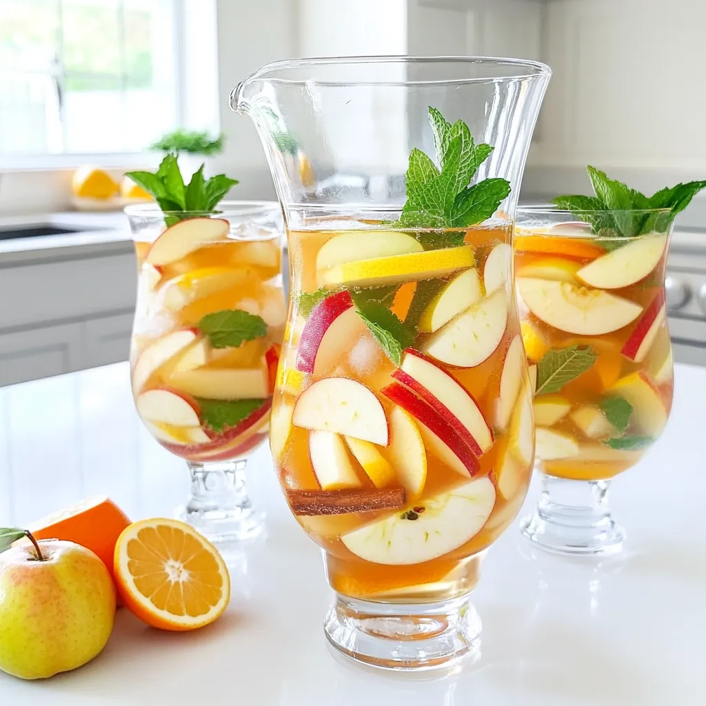 Für diesen erfrischenden Apfelmost-Sangria Mocktail brauchen Sie: - 4 Tassen Apfelmost - 2 Tassen Sprudelwasser (oder Club Soda) - 1 Tasse Orangensaft - 1 Apfel, entkernt und in Scheiben geschnitten - 1 Orange, dünn geschnitten - 1 Zitrone, dünn geschnitten Diese Zutaten sind die Basis für Ihren Mocktail. Der Apfelmost bringt eine süße und fruchtige Note. Sprudelwasser sorgt für eine prickelnde Frische. Der Orangensaft fügt Zitrusgeschmack hinzu und macht das Getränk lebendig. Für zusätzlichen Geschmack fügen wir Gewürze hinzu: - 1 Teelöffel Zimt - 1/2 Teelöffel Muskatnuss Diese Gewürze geben dem Mocktail eine warme, würzige Tiefe. Zimt hat einen süßen und erdigen Geschmack, während Muskatnuss einen nussigen und leicht scharfen Geschmack hat. Zusammen machen sie das Getränk besonders und festlich. Um den Mocktail noch schöner zu machen, können Sie frische Kräuter verwenden: - Minze oder Thymian Diese Kräuter bringen eine frische Note und einen tollen Duft. Sie sehen auch schön aus, wenn Sie das Getränk servieren. Ein paar Blätter auf dem Glas machen wirklich den Unterschied. Mit diesen Zutaten sind Sie bereit, einen köstlichen Apfelmost-Sangria Mocktail zu zaubern, der nicht nur gut schmeckt, sondern auch toll aussieht. Beginnen Sie mit dem Gießen von 4 Tassen Apfelmost in einen großen Krug. Fügen Sie dann 1 Tasse frisch gepressten Orangensaft hinzu. Rühren Sie die Mischung gut um, um die süßen Aromen zu vereinen. Danach kommen die Gewürze ins Spiel. Geben Sie 1 Teelöffel Zimt und 1/2 Teelöffel Muskatnuss dazu. Rühren Sie erneut, bis die Gewürze gleichmäßig verteilt sind. Jetzt ist es Zeit für die frischen Früchte! Nehmen Sie 1 entkernten Apfel und schneiden Sie ihn in dünne Scheiben. Schneiden Sie auch 1 Orange und 1 Zitrone in feine Scheiben. Falten Sie die geschnittenen Früchte vorsichtig in die Flüssigkeit im Krug. Lassen Sie die Mischung dann etwa 15 Minuten stehen. So können die Aromen gut durchziehen und intensiver werden. Kurz vor dem Servieren fügen Sie 2 Tassen Sprudelwasser oder Club Soda hinzu. Rühren Sie sanft, damit die Sprudelwirkung bleibt. Gießen Sie den Mocktail in Gläser, die mit Eis gefüllt sind. Um das Ganze abzurunden, garnieren Sie jedes Glas mit frischen Kräutern, wie Minze oder Thymian. So sieht der Mocktail nicht nur toll aus, sondern schmeckt auch frisch und fruchtig! Um Ihren Apfel Cider Sangria Mocktail zu perfektionieren, nutzen Sie frische Zutaten. Frische Früchte machen einen großen Unterschied. Wählen Sie knackige Äpfel und saftige Orangen. Lassen Sie den Mocktail etwa 15 Minuten stehen, damit die Aromen gut ziehen können. Sprudelwasser fügt den letzten Schliff hinzu. Fügen Sie es kurz vor dem Servieren hinzu, um die Spritzigkeit zu bewahren. Ein häufiger Fehler ist, die Gewürze zu früh hinzuzufügen. Geben Sie Zimt und Muskatnuss erst nach dem Mischen der Säfte hinzu. Zu viel Sprudelwasser kann den Geschmack verwässern. Fügen Sie es schrittweise hinzu und testen Sie den Geschmack. Auch das Eis sollte nicht zu lange im Drink sein. Es kann den Mocktail verwässern und die Frische mindern. Für mehr Geschmacksrichtungen können Sie verschiedene Säfte ausprobieren. Grapefruitsaft bringt eine herbe Note. Birnensaft sorgt für eine süßere Alternative. Experimentieren Sie mit anderen Kräutern wie Rosmarin oder Basilikum. Diese Kräuter geben dem Mocktail eine interessante Wendung. Fügen Sie auch andere Früchte hinzu, wie Beeren oder Pfirsiche, um neue Geschmäcker zu entdecken. {{image_4}} Für deinen Apfel Cider Sangria Mocktail kannst du die Fruchtsäfte anpassen. Der Grundgeschmack bleibt, aber die Vielfalt ist groß. Du kannst zum Beispiel Birnensaft oder Traubensaft hinzufügen. Diese Säfte bringen eine süße Note. Eine Mischung aus Apfel- und Cranberrysaft ergibt eine schöne herbe Tiefe. Experimentiere mit den Säften, die dir am besten gefallen. Die Kräuter können ebenfalls variieren. Frische Minze bringt Frische und einen kühlen Geschmack. Thymian bietet eine erdige Note und passt gut zu den Äpfeln. Du kannst auch Basilikum ausprobieren, um einen interessanten Twist zu schaffen. Die Auswahl der Kräuter kann den Mocktail stark beeinflussen. So bleibt er immer spannend und neu. Wenn du es kinderfreundlich machen möchtest, lasse die Zimt- und Muskatnuss weg. Diese Gewürze sind oft zu stark für Kinder. Stattdessen kannst du mehr frische Früchte hinzufügen. Ein Spritzer Limettensaft macht den Drink spritzig und lecker. Auch ein Schuss Traubensaft kann die Süße erhöhen. So haben die Kleinen einen tollen Drink zum Genießen. Wenn Sie Reste Ihres Apfelmost-Sangria Mocktails haben, bewahren Sie diese in einem großen, verschlossenen Behälter auf. Ein Krug mit Deckel eignet sich gut. Stellen Sie den Behälter in den Kühlschrank. Dies hält den Mocktail frisch und kühl. Vermeiden Sie es, Eis in den Krug zu geben, da es schmelzen und die Mischung verwässern kann. Der Apfelmost-Sangria Mocktail bleibt im Kühlschrank bis zu zwei Tage haltbar. Nach diesem Zeitraum können die Aromen schwächer werden. Es ist am besten, den Mocktail frisch zu genießen. Wenn die Fruchtstücke weich werden, ist es Zeit, ihn wegzuwerfen. Die Zutaten sind vielseitig. Verwenden Sie den übrig gebliebenen Apfelmost in anderen Getränken oder Desserts. Mischen Sie ihn mit Joghurt für ein leckeres Frühstück. Die Früchte aus dem Mocktail können Sie auch in Salaten oder auf Joghurt servieren. So verschwenden Sie nichts und genießen gleichzeitig neue Geschmackserlebnisse. Ein Mocktail ist ein alkoholfreier Cocktail. Er enthält frische Säfte, Früchte und Aromen. Diese Getränke sind oft bunt und lecker. Sie sind perfekt für alle, die keinen Alkohol trinken möchten. Mocktails bieten den gleichen Spaß wie Cocktails, jedoch ohne Alkohol. Das macht sie ideal für Partys oder Familienfeiern. Ja, du kannst diesen Mocktail im Voraus machen. Mische die Säfte und Gewürze in einem Krug. Füge die geschnittenen Früchte hinzu und lasse alles ziehen. So entfalten sich die Aromen gut. Füge das Sprudelwasser erst kurz vor dem Servieren hinzu. So bleibt der Mocktail spritzig und frisch. Viele Früchte passen gut zu diesem Mocktail. Du kannst Trauben, Birnen oder Beeren verwenden. Diese Früchte bringen zusätzliche Süße und Farbe. Experimentiere mit verschiedenen Kombinationen. So findest du den perfekten Geschmack für deinen Apfelmost-Sangria Mocktail. Der Mocktail ist eine leckere und gesunde Wahl. In diesem Artikel haben wir die besten Zutaten, von Hauptzutaten bis zu Garnierungen, erkundet. Ich habe die Zubereitung und die besten Serviertipps erläutert. Wichtig ist auch, Fehler zu vermeiden und die Geschmäcker zu variieren. Schließlich kannst du Reste sinnvoll lagern und nutzen. Mach dir keine Sorgen! Mit diesen Tipps wirst du sicher einen tollen Mocktail kreieren. Vertraue deinem Geschmack und experimentiere!