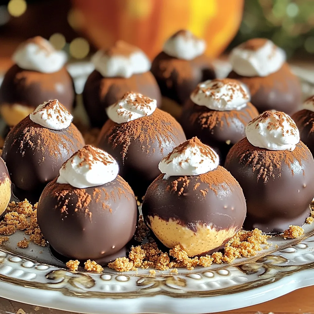 - 1 Tasse Kürbispüree - 225 g Frischkäse, weich gemacht - 60 g Puderzucker - 170 g Schokoladenstückchen - 1 Teelöffel Vanilleextrakt - 1/2 Teelöffel Zimt - 1/4 Teelöffel Muskatnuss - 1/4 Teelöffel Ingwer - 60 g Grahamcrackerkrümel - Eine Prise Salz - Dieses Rezept ergibt etwa 20 Trüffel. - Eine Portion hat ungefähr 90 Kalorien. - Diese Trüffel sind reich an Geschmack und gut für besondere Anlässe. Ich liebe es, mit diesen Zutaten zu arbeiten. Kürbispüree bringt eine schöne Süße und eine tolle Farbe. Frischkäse sorgt für die cremige Textur. Puderzucker macht die Mischung süß und zart. Schokoladenstückchen fügen das Schokoladengeschmack hinzu, das jeder liebt. Gewürze wie Zimt und Muskatnuss geben den Trüffeln einen warmen, herbstlichen Geschmack. Wenn du die Grahamcrackerkrümel hinzufügst, bekommst du einen leckeren Crunch. Das Zusammenspiel dieser Zutaten macht die Trüffel zu einem echten Genuss. Du kannst sie gut vorbereiten und sie sind perfekt für Feste oder einfach zum Naschen. 1. Zuerst nehme ich eine große Rührschüssel. 2. Dort kombiniere ich den weichen Frischkäse und das Kürbispüree. 3. Ich benutze einen elektrischen Mixer, um die Mischung glatt zu schlagen. 4. Dann füge ich Puderzucker, Vanilleextrakt, Zimt, Muskatnuss, Ingwer und eine Prise Salz hinzu. 5. Ich rühre alles gut um, bis die Füllung gleichmäßig ist. 1. Nach dem Rühren decke ich die Schüssel ab. 2. Ich stelle die Mischung für eine Stunde in den Kühlschrank. 3. Nach dem Kühlen forme ich kleine Bällchen, etwa 2,5 cm groß. 4. Ich lege die Bällchen auf ein mit Backpapier ausgelegtes Blech. 5. Dann friere ich die geformten Trüffel für 30 Minuten ein. 1. Während die Trüffel im Gefrierfach sind, schmelze ich die Schokoladenstückchen. 2. Ich benutze eine mikrowellengeeignete Schüssel und schmelze die Schokolade in 30-Sekunden-Intervallen. 3. Nach jedem Intervall rühre ich die Schokolade um, bis sie glatt ist. 4. Ich nehme die Kürbis-Trüffel aus dem Gefrierfach. 5. Dann tauche ich jede Trüffel schnell in die geschmolzene Schokolade. 6. Ich lasse die überschüssige Schokolade abtropfen. 7. Anschließend wälze ich die Trüffel in den Grahamcrackerkrümeln. 8. Zuletzt lege ich die beschichteten Trüffel zurück auf das Blech. 9. Ich stelle sie in den Kühlschrank, bis die Schokolade fest ist, etwa 15-20 Minuten. - Verwendung von Raumtemperatur-Frischkäse: Frischkäse sollte weich sein. Lass ihn eine Stunde bei Raumtemperatur stehen. Dadurch mischt er sich besser mit dem Kürbispüree. - Optimales Kühlen der Füllung: Stelle die Mischung nach dem Mischen für mindestens eine Stunde in den Kühlschrank. So wird die Füllung fest genug, um die Trüffel zu formen. - Konsistenz der Mischung prüfen: Die Mischung sollte cremig und gut verbunden sein. Sie muss leicht formbar, aber nicht zu flüssig sein. - Zeit zum Kühlen beachten: Lasse die geformten Trüffel mindestens 30 Minuten im Gefrierfach. Das hilft, dass sie ihre Form behalten. - Anrichten der Trüffel: Lege die Trüffel auf eine schöne Platte. Streue etwas Grahamcrackerkrümel um die Trüffel. Das sieht toll aus und gibt einen zusätzlichen Crunch. - Kombination mit verschiedenen Toppings: Probiere, die Trüffel mit Schokoladensauce oder Schlagsahne zu servieren. Zimt obendrauf macht es noch besser. {{image_4}} Du kannst die Schokolade leicht anpassen. Verwende weiße, dunkle oder sogar Ruby-Schokolade. Jede Sorte gibt den Trüffeln einen anderen Geschmack. Du kannst auch Nüsse wie Walnüsse oder Mandeln hinzufügen. Diese verleihen den Trüffeln einen schönen Crunch. Trockenfrüchte, wie Cranberries oder Aprikosen, passen ebenfalls gut. Sie bringen eine süße und fruchtige Note in die Trüffel. Möchtest du glutenfreie Trüffel? Nutze glutenfreie Grahamcracker. Sie sind perfekt für die Krümel. Für vegane Trüffel kannst du pflanzliche Frischkäse-Alternativen verwenden. Achte darauf, dass die Schokolade vegan ist. Diese Änderungen machen die Trüffel für viele Menschen zugänglich. Im Winter kannst du Weihnachtsgewürze wie Nelken oder Piment hinzufügen. Diese sorgen für einen festlichen Geschmack. Im Herbst kannst du die Kürbisse durch andere Früchte ersetzen. Äpfel oder Birnen bieten eine tolle Abwechslung. Experimentiere mit verschiedenen Geschmäckern, um deine eigenen Trüffel zu kreieren! - Lagere die Trüffel im Kühlschrank in einem luftdichten Behälter. - So bleiben sie frisch und lecker. - Die Haltbarkeit im Kühlschrank beträgt etwa eine Woche. - Um die Trüffel einzufrieren, lege sie in einen luftdichten Behälter. - Friere sie für bis zu drei Monate ein. - Zum Auftauen lege die Trüffel einfach in den Kühlschrank. - So bleibt der Geschmack und die Textur gut. - Verwende luftdichte Behälter oder Gefrierbeutel. - Achte darauf, die Luft gut herauszudrücken. - Halte die Temperatur im Gefrierfach konstant. - Lagere die Trüffel nicht zu lange im Gefrierfach. Die Trüffel halten im Kühlschrank bis zu einer Woche. Bewahren Sie sie in einem luftdichten Behälter auf. So bleiben sie frisch und lecker. Wenn Sie die Trüffel einfrieren, halten sie bis zu drei Monate. Achten Sie darauf, sie gut zu verpacken, um Gefrierbrand zu vermeiden. Ja, Sie können die Trüffel im Voraus zubereiten. Stellen Sie die Mischung einfach im Kühlschrank kalt. Das macht es einfacher, die Bällchen zu formen. Die Trüffel können auch einen Tag vorher gemacht werden. Lagern Sie sie im Kühlschrank, bis Sie bereit sind, sie zu servieren. Wenn Sie keinen Frischkäse verwenden möchten, gibt es viele Alternativen. Sie können Ricotta oder Quark verwenden. Für eine vegane Option probieren Sie pflanzlichen Frischkäse. Diese Optionen geben Ihnen einen ähnlichen Geschmack und eine gute Textur. Im Artikel haben wir die köstlichen Schokoladen-Kürbis-Käsekuchen-Trüffel Schritt für Schritt behandelt. Wir haben die Hauptzutaten wie Kürbispüree und Frischkäse besprochen, sowie die Gewürze, die den Geschmack verstärken. Ich habe auch Tipps für die Zubereitung und die besten Variationen gegeben. Denke daran, dass du deine Trüffel gut lagerst, um ihren Geschmack zu bewahren. Diese Trüffel sind nicht nur lecker, sondern auch einfach zu machen. Egal, ob du sie zur Feier oder für dich selbst zubereitest, sie werden sicher gut ankommen.