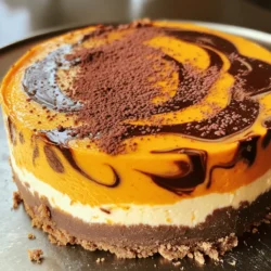 Für den Boden braucht ihr: - 1 ½ Tassen Graham-Cracker-Brösel - ½ Tasse ungesalzene Butter, geschmolzen - 2 Esslöffel Zucker Diese Zutaten geben dem Käsekuchen eine knusprige und süße Basis. Für die Käsekuchenfüllung benötigt ihr: - 16 oz Frischkäse, zimmerwarm - 1 Tasse Zucker - 1 Teelöffel Vanilleextrakt - 2 große Eier - 1 Tasse Kürbispüree - 1 Teelöffel Kürbiskuchengewürz Der Frischkäse macht die Füllung cremig und reichhaltig. Um die Schokoladenmischung zu machen, braucht ihr: - ½ Tasse halbgeschmolzene Schokoladenstückchen - 2 Esslöffel Kakaopulver Diese Zutaten geben dem Käsekuchen einen köstlichen Schokoladengeschmack, der perfekt zum Kürbis passt. Heize deinen Ofen auf 160°C vor. In einer mittelgroßen Schüssel vermische die Graham-Cracker-Brösel, geschmolzene Butter und Zucker. Rühre, bis alles gut vermengt ist. Drücke die Mischung gleichmäßig auf den Boden einer Springform. Backe den Boden für 10 Minuten und lasse ihn dann abkühlen. Nimm eine große Rührschüssel und schlage den zimmerwarmen Frischkäse mit Zucker cremig. Nutze einen Handmixer und rühre, bis die Masse glatt ist. Füge den Vanilleextrakt hinzu und vermische alles gut. Gib die Eier einzeln dazu und rühre, bis sie gut verbunden sind. Teile die Käsekuchenmasse in zwei Schüsseln. In der ersten Schüssel rühre das Kürbispüree und das Kürbiskuchengewürz ein. In der zweiten Schüssel füge die geschmolzenen Schokoladenstückchen und Kakaopulver hinzu. Löffle die Kürbisfüllung gleichmäßig auf den Boden. Füge kleine Löffel der Schokoladenfüllung hinzu. Nutze einen Zahnstocher, um die beiden Füllungen sanft zu marmorieren. Stelle die Springform in den Ofen. Backe den Käsekuchen für etwa 50 bis 60 Minuten. Die Mitte sollte fest, aber leicht wackelig sein. Schalte den Ofen aus und lasse die Tür leicht geöffnet. Lass den Käsekuchen eine Stunde lang abkühlen. Danach kühle ihn für mindestens 4 Stunden im Kühlschrank. Entferne die Springform und schneide den Käsekuchen in Stücke vor dem Servieren. Um ein schönes Marmorbild zu erreichen, benutze einen Zahnstocher oder ein Messer. Beginne, indem du die Kürbisfüllung gleichmäßig auf den Boden gibst. Verwende dann kleine Löffel der Schokoladenfüllung. Ziehe vorsichtig durch die zwei Mischungen. Achte darauf, nicht zu tief zu gehen. Ein paar sanfte Bewegungen genügen. So bleibt der schöne Look erhalten. Risse können den Käsekuchen unansehnlich machen. Um dies zu verhindern, backe den Käsekuchen bei niedriger Temperatur. Lass den Käsekuchen im Ofen langsam abkühlen. Öffne die Ofentür leicht, um die Temperatur zu reduzieren. So verringert sich der Druck auf die Oberfläche. Ein sanftes Abkühlen hilft, Risse zu vermeiden. Für eine glatte Käsekuchenfüllung ist zimmerwarmer Frischkäse wichtig. Kalter Frischkäse lässt sich schwer vermischen. Er kann Klumpen bilden, die die Textur stören. Lass den Frischkäse mindestens eine Stunde vor der Zubereitung draußen stehen. So wird er weich und leicht zu verarbeiten. {{image_4}} Diese Variante bringt Crunch in den Käsekuchen. Fügen Sie 1 Tasse grob gehackte Walnüsse in die Schokoladenfüllung hinzu. Die Nüsse geben einen tollen Kontrast zur Cremigkeit des Käsekuchens. Das Aroma der Walnüsse passt gut zu Kürbis und Schokolade. Für eine glutenfreie Version verwenden Sie glutenfreie Kekse anstelle von Graham-Crackern. Diese sind in vielen Supermärkten erhältlich. Mischen Sie sie mit der geschmolzenen Butter und dem Zucker. So bleibt der Boden knusprig und lecker. Wenn Sie weniger Zucker oder einen anderen Süßstoff wünschen, probieren Sie Stevia oder Honig. Achten Sie darauf, die Menge anzupassen. Diese Süßstoffe können den Geschmack leicht verändern, aber sie machen den Käsekuchen gesünder. Um den Kürbis Schokoladen Marmor Käsekuchen frisch zu halten, lege ihn in den Kühlschrank. Verwende eine luftdichte Box oder decke ihn mit Frischhaltefolie ab. So bleibt der Käsekuchen bis zu fünf Tage lecker. Achte darauf, dass er nicht mit stark riechenden Lebensmitteln in Kontakt kommt. Wenn du den Käsekuchen länger aufbewahren möchtest, kannst du ihn einfrieren. Schneide ihn in Stücke, damit du nur das auftauen kannst, was du brauchst. Wickele jedes Stück in Frischhaltefolie und lege sie in einen Gefrierbeutel. So bleibt der Käsekuchen bis zu drei Monate frisch. Um den gefrorenen Käsekuchen wieder aufzutauen, lege ihn über Nacht in den Kühlschrank. So bleibt die Textur schön. Wenn du es eilig hast, kannst du ihn auch bei Raumtemperatur für einige Stunden auftauen. Vermeide die Mikrowelle, da sie die Füllung weich macht. Vor dem Servieren kannst du ihn mit etwas Schlagsahne oder Zimt bestreuen. Der Kürbis-Schokoladen-Marmorkäsekuchen bleibt frisch für etwa 5 bis 7 Tage im Kühlschrank. Bewahren Sie ihn in einem luftdichten Behälter auf. So bleibt er feucht und lecker. Wenn Sie ihn länger aufbewahren möchten, können Sie ihn auch einfrieren. Ja, Sie können Schokoladenstückchen durch Kakaopulver ersetzen. Verwenden Sie etwa 2 Esslöffel Kakaopulver. Mischen Sie es gut in die Käsekuchenfüllung. Beachten Sie jedoch, dass der Käsekuchen dann weniger süß schmeckt. Fügen Sie etwas mehr Zucker hinzu, wenn nötig. Ja, es ist wichtig, den Käsekuchen über Nacht zu kühlen. Dies hilft, die Textur zu festigen. Außerdem verbessert es den Geschmack. Wenn Sie es eilig haben, lassen Sie ihn mindestens 4 Stunden im Kühlschrank. Aber über Nacht ist am besten für beste Ergebnisse. Der Blogbeitrag hat dir die wichtigsten Zutaten und Schritte für einen köstlichen Käsekuchen gezeigt. Wir haben die Grundzutaten für den Boden, die Füllung und die Schokoladenmischung besprochen. Du hast gelernt, wie man richtig marmoriert, Risse vermeidet und den Kuchen lagert. Denke an die Variationen für neue Geschmackserlebnisse. Halte die Tipps bereit, um deine Backkünste zu verbessern. So bereitest du einen Käsekuchen, der alle begeistert. Backen macht Spaß und du wirst damit viele Freude bringen!