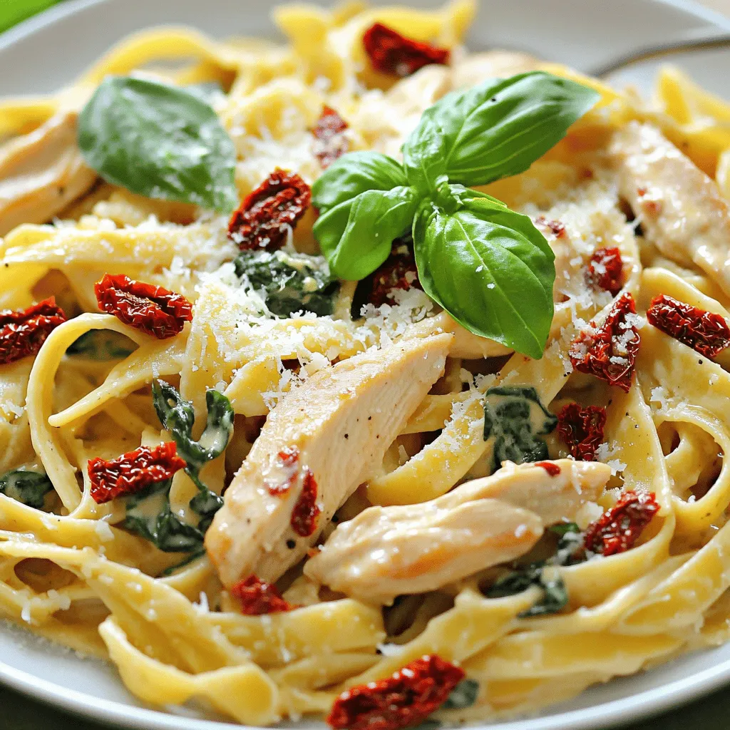 Für dieses köstliche Gericht brauchst du folgende Zutaten: - 2 Hähnchenbrustfilets, ohne Haut und Knochen, in Streifen geschnitten - 1 Tasse getrocknete Tomaten in Öl, abgetropft und grob gehackt - 3 Knoblauchzehen, fein gehackt - 1 Tasse Sahne - 1 Tasse Hühnerbrühe - 225 g Fettuccine-Nudeln - 1 Tasse Babyspinat - 1/2 Tasse geriebener Parmesan - 1 Esslöffel Olivenöl - 1 Teelöffel italienische Gewürzmischung - Salz und Pfeffer nach Geschmack - Frische Basilikumblätter zur Garnitur Falls du einige Zutaten nicht hast, kannst du sie leicht ersetzen: - Verwende Putenbrust anstelle von Hähnchen. - Statt Sahne kannst du griechischen Joghurt verwenden. - Für eine leichtere Variante nimm Gemüsebrühe anstelle von Hühnerbrühe. - Spinat kann durch Rucola ersetzt werden, wenn du etwas Schärfe willst. Die Qualität der Zutaten macht einen großen Unterschied. Achte auf frische Produkte: - Wähle Hähnchenbrust aus freier Haltung, wenn möglich. - Achte auf hochwertige getrocknete Tomaten, die in gutem Öl eingelegt sind. - Frischer Knoblauch sollte fest und ohne Flecken sein. - Benutze frischen Parmesan, kein Pulver. Das verbessert den Geschmack. Indem du hochwertige Zutaten verwendest, erhältst du ein besseres Ergebnis. So wird dein Sun-Dried Tomato Chicken Pasta noch leckerer! Kochen Sie zuerst die Fettuccine-Nudeln. Füllen Sie einen großen Topf mit Wasser und bringen Sie es zum Kochen. Fügen Sie dann Salz hinzu. Geben Sie die Nudeln ins Wasser. Kochen Sie sie nach Packungsanleitung, bis sie al dente sind. Abgießen und beiseite stellen. Bewahren Sie etwa 120 ml des Nudelwassers auf. Erhitzen Sie eine große Pfanne bei mittlerer Hitze. Geben Sie das Olivenöl in die Pfanne. Fügen Sie die geschnittenen Hähnchenbruststreifen hinzu. Braten Sie das Hähnchen etwa 5-7 Minuten lang. Es sollte nicht mehr rosa sein. Würzen Sie es mit Salz, Pfeffer und italienischen Gewürzen. Nehmen Sie das Hähnchen aus der Pfanne und stellen Sie es beiseite. In der gleichen Pfanne fügen Sie den gehackten Knoblauch hinzu. Braten Sie ihn etwa 1 Minute an, bis er duftet. Geben Sie die gehackten getrockneten Tomaten dazu. Braten Sie alles eine weitere Minute. Gießen Sie die Hühnerbrühe und die Sahne in die Pfanne. Rühren Sie gut um. Lassen Sie die Sauce etwa 5 Minuten köcheln, bis sie leicht eindickt. Fügen Sie den Babyspinat und das gebratene Hähnchen zur Sauce hinzu. Rühren Sie alles gut um. Wenn die Sauce zu dick ist, fügen Sie etwas Nudelwasser hinzu. Geben Sie die gekochten Fettuccine in die Pfanne. Mischen Sie alles gut, bis die Nudeln gleichmäßig mit der Sauce überzogen sind. Erhitzen Sie es für 1-2 Minuten. Legen Sie die Pasta auf Teller. Garnieren Sie sie mit frischen Basilikumblättern und zusätzlichem Parmesan. Jetzt ist Ihr Gericht fertig zum Servieren! Um das Hähnchen perfekt zu braten, achte auf die Hitze. Erhitze das Olivenöl gut, bevor das Hähnchen kommt. Wenn es zu kalt ist, wird das Hähnchen matschig. Brate die Streifen etwa 5-7 Minuten. Sie sollten goldbraun und durchgegart sein. Mit Salz und Pfeffer würzen. Die italienische Gewürzmischung gibt einen tollen Geschmack. Lass das Hähnchen nach dem Braten ruhen, damit die Säfte bleiben. Die Sauce sollte cremig, aber nicht zu dick sein. Nach dem Hinzufügen der Sahne und Brühe, lass sie köcheln. Rühre gut um, damit sie gleichmäßig eindickt. Wenn die Sauce zu dick wird, füge etwas von dem Nudelwasser hinzu. Das macht die Sauce geschmeidiger. Ein wenig Nudelwasser ist der Trick für die perfekte Konsistenz. Um die Fettuccine richtig zu kochen, nutze viel gesalzenes Wasser. Das hilft, die Nudeln gut zu würzen. Koche sie al dente, damit sie nicht matschig werden. Nach dem Abgießen, lass etwas Nudelwasser zurück. Das kannst du später für die Sauce nutzen. Mische die Nudeln gleich mit der Sauce, damit sie den Geschmack aufnehmen. {{image_4}} Um die Pasta vegetarisch zu machen, tausche das Hähnchen gegen Tofu oder Kichererbsen. Tofu gibt eine schöne Textur. Brate ihn ähnlich an wie das Hähnchen. Kichererbsen sind eine gute Proteinquelle und sehr lecker. Die restlichen Zutaten bleiben gleich. So bleibt der Geschmack der getrockneten Tomaten und der Sahne erhalten. Für eine glutenfreie Variante, benutze glutenfreie Fettuccine. Diese sind in den meisten Supermärkten erhältlich. Achte darauf, dass die getrockneten Tomaten auch glutenfrei sind. Die Zubereitung bleibt gleich. So kannst du die Pasta genießen, ohne auf den Geschmack zu verzichten. Du kannst die Pasta noch interessanter machen. Füge zum Beispiel Oliven oder Artischocken hinzu. Diese bringen neue Geschmäcker ins Spiel. Auch frische Kräuter wie Thymian oder Oregano passen hervorragend. Für einen scharfen Kick, streue etwas rote Paprika darüber. So wird deine Pasta nicht nur bunt, sondern auch geschmacklich vielfältig. Die Reste von der getrockneten Tomaten Hähnchen Pasta lassen sich leicht aufbewahren. Fülle die Reste in einen luftdichten Behälter. So bleiben sie frisch. Stelle sicher, dass die Pasta gut abgekühlt ist, bevor du den Behälter verschließt. Im Kühlschrank bleibt die Pasta drei bis vier Tage haltbar. Du kannst sie auch in Portionen aufteilen, um die Reste leichter zu verwalten. Wenn du die Pasta länger aufbewahren möchtest, kannst du sie einfrieren. Fülle die abgekühlte Pasta in gefriergeeignete Behälter oder Beutel. Achte darauf, die Luft herauszudrücken, um Gefrierbrand zu vermeiden. Die Pasta kann bis zu drei Monate im Gefrierfach bleiben. Zum Auftauen lege die Portionen über Nacht in den Kühlschrank. Das Aufwärmen der getrockneten Tomaten Hähnchen Pasta ist einfach. Du kannst sie in der Mikrowelle oder auf dem Herd aufwärmen. Wenn du die Pasta auf dem Herd aufwärmst, füge etwas Wasser oder Brühe hinzu. So bleibt sie saftig. Erhitze sie bei niedriger Hitze, bis sie warm ist. Achte darauf, nicht zu lange zu erhitzen, damit die Pasta nicht austrocknet. Die Pasta hält sich im Kühlschrank etwa drei bis vier Tage. Lagern Sie sie in einem luftdichten Behälter. Achten Sie darauf, die Sauce und die Nudeln gut zu vermischen, bevor Sie sie aufbewahren. So bleibt der Geschmack frisch. Wenn Sie die Pasta länger aufbewahren möchten, können Sie sie auch einfrieren. Ja, frische Tomaten sind eine tolle Option. Sie geben der Pasta eine andere Textur und Frische. Verwenden Sie reife Tomaten für den besten Geschmack. Schneiden Sie sie in kleine Stücke und braten Sie sie mit dem Knoblauch, bis sie weich sind. Dadurch entsteht eine schöne Sauce. Wenn Sie keine Sahne verwenden möchten, probieren Sie griechischen Joghurt oder Kokosmilch. Diese Alternativen geben der Sauce einen cremigen Geschmack. Achten Sie darauf, die Hitze niedrig zu halten, wenn Sie Joghurt verwenden, damit er nicht gerinnt. Ja, die Pasta kann im Voraus zubereitet werden. Kochen Sie die Nudeln und die Sauce getrennt. Mischen Sie sie erst kurz vor dem Servieren. So bleibt die Pasta al dente. Sie können die Sauce auch einige Tage im Voraus zubereiten und im Kühlschrank lagern. In diesem Artikel habe ich die besten Zutaten, Schritte und Tipps für dein Pasta-Gericht vorgestellt. Du hast erfahren, wie du Hähnchen brätst, die Sauce zubereitest und die Zutaten perfekt kombinierst. Zudem gab es schmackhafte Variationen und wichtige Lagerhinweise. Denk daran, dass frische Zutaten den Geschmack verbessern. Experimentiere mit Alternativen und finde deine Lieblingsversion. Viel Spaß beim Kochen!