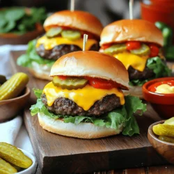 Für die Cheeseburger Sliders benötigst du: - 450 g Rinderhackfleisch (80/20 Mischung) - 1 Teelöffel Knoblauchpulver - 1 Teelöffel Zwiebelpulver - Salz und Pfeffer nach Geschmack - 8 Mini-Burgerbrötchen - 4 Scheiben Cheddar-Käse, halbiert Diese Zutaten bilden die Basis für saftige und schmackhafte Slider. Das Rinderhackfleisch gibt den Sliders ihren Geschmack. Die Gewürze bringen zusätzlich Aroma. Die kleinen Brötchen sind perfekt für die Portionierung. Die Spezialsoße sorgt für das besondere Etwas. Du brauchst: - 60 ml Mayonnaise - 30 g Ketchup - 15 g Senf (gelb) - 15 g Gewürzgurkenrelish - 15 ml Apfelessig Diese Zutaten ergeben eine cremige und würzige Soße. Der Ketchup und das Relish bringen Süße und Säure. Der Apfelessig verleiht einen frischen Kick. Frische Zutaten sind wichtig für den besten Geschmack. Achte auf Folgendes: - Wähle Rinderhackfleisch, das frisch aussieht und gut riecht. - Die Brötchen sollten weich und leicht goldbraun sein. - Verwende frisches Gemüse wie Tomaten und Salat. Sie sollten fest und saftig sein. Mit diesen Tipps kannst du die besten Zutaten finden. So werden deine Cheeseburger Sliders ein echter Hit! Zuerst musst du das Rinderhackfleisch vorbereiten. Nimm eine große Schüssel. Füge 450 g Rinderhackfleisch, 1 Teelöffel Knoblauchpulver und 1 Teelöffel Zwiebelpulver hinzu. Salz und Pfeffer kommen nach Geschmack dazu. Mische alles vorsichtig. Achte darauf, dass du das Fleisch nicht zu stark bearbeitest. So bleibt es zart. Jetzt heizt du den Grill oder eine Pfanne auf mittelhohe Hitze vor. Teile die Fleischmischung in 8 Portionen. Forme kleine Patties, die etwas größer als die Brötchen sind. So schrumpfen sie nicht beim Braten. Lege die Patties auf den Grill oder in die Pfanne. Brate sie 3-4 Minuten auf einer Seite. Wende die Patties dann. Lege eine halbe Käsescheibe auf jedes Patty und koche sie weitere 2-3 Minuten. Der Käse sollte schmelzen und das Patty den gewünschten Gargrad erreichen. Während die Patties braten, bereite die Spezialsoße vor. Vermenge in einer kleinen Schüssel 60 ml Mayonnaise, 30 g Ketchup, 15 g Senf, 15 g Gewürzgurkenrelish und 15 ml Apfelessig. Röste die Mini-Burgerbrötchen auf dem Grill für 1-2 Minuten. Jetzt setze die Slider zusammen. Verteile die Spezialsoße auf die unteren Brötchenhälften. Lege das Patty mit dem geschmolzenen Käse darauf. Füge ein Blatt Salat, eine Scheibe Tomate und Gewürzgurken hinzu. Setze die obere Brötchenhälfte darauf und serviere die Slider sofort. Um die besten Burger-Patties zu machen, beginne mit gutem Rinderhackfleisch. Ich empfehle eine Mischung von 80/20, weil sie saftig bleibt. Nimm eine große Schüssel. Vermische das Hackfleisch mit Knoblauch- und Zwiebelpulver, Salz und Pfeffer. Achte darauf, nicht zu fest zu drücken. Das macht die Patties zart. Teile das Fleisch in 8 Portionen. Forme die Patties leicht größer als die Brötchen. Sie schrumpfen beim Kochen. Die Spezialsoße macht diese Slider besonders. In einer kleinen Schüssel vermische Mayonnaise, Ketchup, Senf, Gewürzgurkenrelish und Apfelessig. Rühre alles gut um, bis es glatt ist. Probiere die Soße! Vielleicht brauchst du mehr Ketchup oder Senf. Es ist wichtig, dass die Soße gut schmeckt. Sie passt perfekt zu den saftigen Patties und macht alles lecker. Die Präsentation zählt! Lege die Slider auf ein Holzbrett. Das sieht gut aus und macht Lust auf mehr. Stelle kleine Schüsseln mit extra Spezialsoße und Gewürzgurken dazu. Frische Kräuter sind ein schöner Akzent. Garnieren macht das Gericht einladender. Vergiss nicht, die Slider sofort zu servieren. So schmecken sie am besten, warm und frisch! {{image_4}} Wenn du Rindfleisch nicht magst, probiere Hähnchen oder Pute. Diese Fleischarten sind leicht und gesund. Du kannst auch pflanzliche Alternativen wie schwarze Bohnen oder Linsen verwenden. Diese Optionen sind lecker und bieten viel Geschmack. Füge etwas Paprika oder Chili-Pulver zu deinem Fleisch hinzu, wenn du es scharf magst. Du kannst auch frische Kräuter wie Basilikum oder Petersilie mischen. Diese machen die Patties frisch und aromatisch. Für eine gesunde Option nutze Vollkornbrötchen und füge mehr Gemüse hinzu. Avocado oder Spinat sind tolle Ergänzungen. Zu den Slidern passen Pommes oder ein frischer Salat. Ein einfacher grüner Salat bringt Frische. Du kannst auch Süßkartoffelpommes für einen süßen Geschmack wählen. Als Getränk empfehle ich ein kaltes Bier oder eine Limonade. Diese passen gut zu den herzhaften Slidern und machen dein Essen noch besser. Wenn du Reste von den Cheeseburger Sliders hast, kannst du sie einfach aufbewahren. Lege die Slider in einen luftdichten Behälter. Stelle sicher, dass sie gut abgedeckt sind. So bleiben sie frisch. Du solltest die Reste im Kühlschrank aufbewahren. Sie sind dort etwa drei Tage lang haltbar. Möchtest du die Reste wieder aufwärmen? Das geht schnell! Du kannst die Slider in der Mikrowelle aufwärmen. Lege sie auf einen Teller und decke sie leicht mit einem feuchten Papiertuch ab. Erwärme sie in 30-Sekunden-Intervallen, bis sie warm sind. Alternativ kannst du den Ofen nutzen. Heize den Ofen auf 175 Grad Celsius vor. Lege die Slider auf ein Backblech und wärme sie für etwa 10 Minuten. So werden sie schön knusprig. Die Zutaten für die Cheeseburger Sliders haben unterschiedliche Haltbarkeiten. Frisches Rinderhackfleisch sollte innerhalb von 1-2 Tagen verbraucht werden. Käse kann in der Regel eine Woche im Kühlschrank bleiben. Mayonnaise und Ketchup sind oft mehrere Monate haltbar. Achte darauf, die Zutaten gut verpackt zu lagern. So vermeidest du, dass sie schlecht werden. Um die Slider vegetarisch zu machen, kannst du Gemüseburger verwenden. Es gibt viele leckere Optionen, wie schwarze Bohnen oder Linsenburger. Du kannst auch pflanzliches Hackfleisch nehmen. Achte darauf, dass die Gewürze gut schmecken. Das macht den Burger würzig und lecker. Die Spezialsoße hält sich gut im Kühlschrank. Du kannst sie bis zu einer Woche aufbewahren. Stelle sicher, dass du sie in einem luftdichten Behälter lagerst. So bleibt sie frisch und schmeckt toll, wenn du sie wieder verwendest. Wenn du keine Mini-Burgerbrötchen hast, gibt es viele Alternativen. Du kannst normale Burgerbrötchen schneiden oder Pita-Brot nutzen. Auch kleine Tortillas sind eine gute Wahl. So kannst du die Slider nach deinem Geschmack anpassen. In diesem Artikel haben wir die besten Zutaten für leckere Slider erkundet. Wir haben auch die Schritte zur Zubereitung sowie Tipps für die perfekten Patties und die spezielle Soße besprochen. Variationen und passende Beilagen haben wir ebenfalls behandelt. Denke daran, frische Zutaten zu wählen und Spaß beim Grillen zu haben. Experimentiere mit verschiedenen Rezepten, um deine perfekte Kombination zu finden. Viel Spaß beim Ausprobieren!