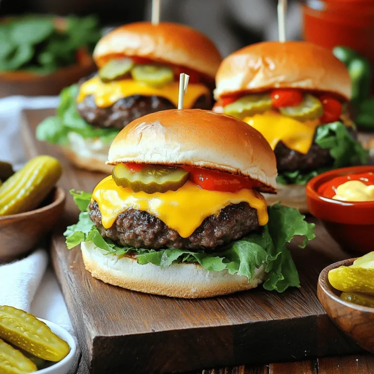 Für die Cheeseburger Sliders benötigst du: - 450 g Rinderhackfleisch (80/20 Mischung) - 1 Teelöffel Knoblauchpulver - 1 Teelöffel Zwiebelpulver - Salz und Pfeffer nach Geschmack - 8 Mini-Burgerbrötchen - 4 Scheiben Cheddar-Käse, halbiert Diese Zutaten bilden die Basis für saftige und schmackhafte Slider. Das Rinderhackfleisch gibt den Sliders ihren Geschmack. Die Gewürze bringen zusätzlich Aroma. Die kleinen Brötchen sind perfekt für die Portionierung. Die Spezialsoße sorgt für das besondere Etwas. Du brauchst: - 60 ml Mayonnaise - 30 g Ketchup - 15 g Senf (gelb) - 15 g Gewürzgurkenrelish - 15 ml Apfelessig Diese Zutaten ergeben eine cremige und würzige Soße. Der Ketchup und das Relish bringen Süße und Säure. Der Apfelessig verleiht einen frischen Kick. Frische Zutaten sind wichtig für den besten Geschmack. Achte auf Folgendes: - Wähle Rinderhackfleisch, das frisch aussieht und gut riecht. - Die Brötchen sollten weich und leicht goldbraun sein. - Verwende frisches Gemüse wie Tomaten und Salat. Sie sollten fest und saftig sein. Mit diesen Tipps kannst du die besten Zutaten finden. So werden deine Cheeseburger Sliders ein echter Hit! Zuerst musst du das Rinderhackfleisch vorbereiten. Nimm eine große Schüssel. Füge 450 g Rinderhackfleisch, 1 Teelöffel Knoblauchpulver und 1 Teelöffel Zwiebelpulver hinzu. Salz und Pfeffer kommen nach Geschmack dazu. Mische alles vorsichtig. Achte darauf, dass du das Fleisch nicht zu stark bearbeitest. So bleibt es zart. Jetzt heizt du den Grill oder eine Pfanne auf mittelhohe Hitze vor. Teile die Fleischmischung in 8 Portionen. Forme kleine Patties, die etwas größer als die Brötchen sind. So schrumpfen sie nicht beim Braten. Lege die Patties auf den Grill oder in die Pfanne. Brate sie 3-4 Minuten auf einer Seite. Wende die Patties dann. Lege eine halbe Käsescheibe auf jedes Patty und koche sie weitere 2-3 Minuten. Der Käse sollte schmelzen und das Patty den gewünschten Gargrad erreichen. Während die Patties braten, bereite die Spezialsoße vor. Vermenge in einer kleinen Schüssel 60 ml Mayonnaise, 30 g Ketchup, 15 g Senf, 15 g Gewürzgurkenrelish und 15 ml Apfelessig. Röste die Mini-Burgerbrötchen auf dem Grill für 1-2 Minuten. Jetzt setze die Slider zusammen. Verteile die Spezialsoße auf die unteren Brötchenhälften. Lege das Patty mit dem geschmolzenen Käse darauf. Füge ein Blatt Salat, eine Scheibe Tomate und Gewürzgurken hinzu. Setze die obere Brötchenhälfte darauf und serviere die Slider sofort. Um die besten Burger-Patties zu machen, beginne mit gutem Rinderhackfleisch. Ich empfehle eine Mischung von 80/20, weil sie saftig bleibt. Nimm eine große Schüssel. Vermische das Hackfleisch mit Knoblauch- und Zwiebelpulver, Salz und Pfeffer. Achte darauf, nicht zu fest zu drücken. Das macht die Patties zart. Teile das Fleisch in 8 Portionen. Forme die Patties leicht größer als die Brötchen. Sie schrumpfen beim Kochen. Die Spezialsoße macht diese Slider besonders. In einer kleinen Schüssel vermische Mayonnaise, Ketchup, Senf, Gewürzgurkenrelish und Apfelessig. Rühre alles gut um, bis es glatt ist. Probiere die Soße! Vielleicht brauchst du mehr Ketchup oder Senf. Es ist wichtig, dass die Soße gut schmeckt. Sie passt perfekt zu den saftigen Patties und macht alles lecker. Die Präsentation zählt! Lege die Slider auf ein Holzbrett. Das sieht gut aus und macht Lust auf mehr. Stelle kleine Schüsseln mit extra Spezialsoße und Gewürzgurken dazu. Frische Kräuter sind ein schöner Akzent. Garnieren macht das Gericht einladender. Vergiss nicht, die Slider sofort zu servieren. So schmecken sie am besten, warm und frisch! {{image_4}} Wenn du Rindfleisch nicht magst, probiere Hähnchen oder Pute. Diese Fleischarten sind leicht und gesund. Du kannst auch pflanzliche Alternativen wie schwarze Bohnen oder Linsen verwenden. Diese Optionen sind lecker und bieten viel Geschmack. Füge etwas Paprika oder Chili-Pulver zu deinem Fleisch hinzu, wenn du es scharf magst. Du kannst auch frische Kräuter wie Basilikum oder Petersilie mischen. Diese machen die Patties frisch und aromatisch. Für eine gesunde Option nutze Vollkornbrötchen und füge mehr Gemüse hinzu. Avocado oder Spinat sind tolle Ergänzungen. Zu den Slidern passen Pommes oder ein frischer Salat. Ein einfacher grüner Salat bringt Frische. Du kannst auch Süßkartoffelpommes für einen süßen Geschmack wählen. Als Getränk empfehle ich ein kaltes Bier oder eine Limonade. Diese passen gut zu den herzhaften Slidern und machen dein Essen noch besser. Wenn du Reste von den Cheeseburger Sliders hast, kannst du sie einfach aufbewahren. Lege die Slider in einen luftdichten Behälter. Stelle sicher, dass sie gut abgedeckt sind. So bleiben sie frisch. Du solltest die Reste im Kühlschrank aufbewahren. Sie sind dort etwa drei Tage lang haltbar. Möchtest du die Reste wieder aufwärmen? Das geht schnell! Du kannst die Slider in der Mikrowelle aufwärmen. Lege sie auf einen Teller und decke sie leicht mit einem feuchten Papiertuch ab. Erwärme sie in 30-Sekunden-Intervallen, bis sie warm sind. Alternativ kannst du den Ofen nutzen. Heize den Ofen auf 175 Grad Celsius vor. Lege die Slider auf ein Backblech und wärme sie für etwa 10 Minuten. So werden sie schön knusprig. Die Zutaten für die Cheeseburger Sliders haben unterschiedliche Haltbarkeiten. Frisches Rinderhackfleisch sollte innerhalb von 1-2 Tagen verbraucht werden. Käse kann in der Regel eine Woche im Kühlschrank bleiben. Mayonnaise und Ketchup sind oft mehrere Monate haltbar. Achte darauf, die Zutaten gut verpackt zu lagern. So vermeidest du, dass sie schlecht werden. Um die Slider vegetarisch zu machen, kannst du Gemüseburger verwenden. Es gibt viele leckere Optionen, wie schwarze Bohnen oder Linsenburger. Du kannst auch pflanzliches Hackfleisch nehmen. Achte darauf, dass die Gewürze gut schmecken. Das macht den Burger würzig und lecker. Die Spezialsoße hält sich gut im Kühlschrank. Du kannst sie bis zu einer Woche aufbewahren. Stelle sicher, dass du sie in einem luftdichten Behälter lagerst. So bleibt sie frisch und schmeckt toll, wenn du sie wieder verwendest. Wenn du keine Mini-Burgerbrötchen hast, gibt es viele Alternativen. Du kannst normale Burgerbrötchen schneiden oder Pita-Brot nutzen. Auch kleine Tortillas sind eine gute Wahl. So kannst du die Slider nach deinem Geschmack anpassen. In diesem Artikel haben wir die besten Zutaten für leckere Slider erkundet. Wir haben auch die Schritte zur Zubereitung sowie Tipps für die perfekten Patties und die spezielle Soße besprochen. Variationen und passende Beilagen haben wir ebenfalls behandelt. Denke daran, frische Zutaten zu wählen und Spaß beim Grillen zu haben. Experimentiere mit verschiedenen Rezepten, um deine perfekte Kombination zu finden. Viel Spaß beim Ausprobieren!