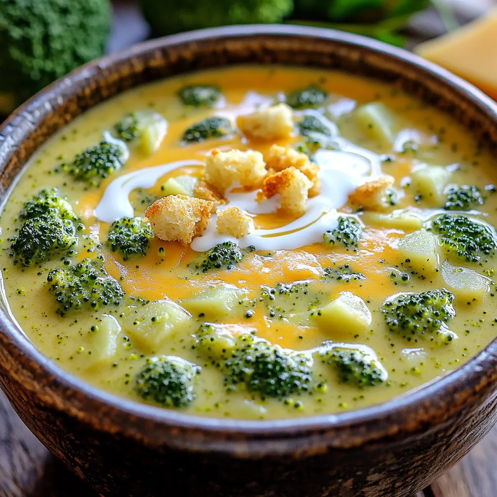 - 4 Tassen frische Brokkoliröschen - 1 mittelgroße Zwiebel, gewürfelt - 2 Knoblauchzehen, fein gehackt Die Hauptzutaten sind einfach zu finden. Frischer Brokkoli gibt den besten Geschmack. Ich mag es, die Röschen klein zu schneiden, damit sie gleichmäßig garen. Die Zwiebel bringt Süße und der Knoblauch sorgt für einen tollen Duft. Diese drei Zutaten sind die Basis für eine köstliche Suppe. - 3 Tassen Gemüsebrühe - 2 Tassen geriebener scharfer Cheddar-Käse - 1 Tasse Schlagsahne oder Kokosmilch Gemüsebrühe ist wichtig für den Geschmack. Sie gibt der Suppe Tiefe. Der scharfe Cheddar-Käse sorgt für die cremige Textur und den würzigen Kick. Wenn du eine milchfreie Option willst, nimm Kokosmilch. Sie macht die Suppe auch cremig und lecker. - 1 mittelgroße Kartoffel, geschält und gewürfelt - Zwiebelpulver, Knoblauchpulver - Salz, Pfeffer, Olivenöl Die Kartoffel macht die Suppe dick und cremig. Zwiebel- und Knoblauchpulver sind praktisch, wenn du schnell arbeiten willst. Salz und Pfeffer bringen den Geschmack in Balance. Das Olivenöl hilft beim Anbraten der Zwiebel und des Knoblauchs. So entsteht ein tolles Aroma. Zuerst erhitze das Olivenöl in einer Pfanne. Füge die gewürfelte Zwiebel hinzu. Brate sie, bis sie durchsichtig wird, etwa 5 bis 7 Minuten. Dann gib den gehackten Knoblauch dazu. Brate ihn für 1 bis 2 Minuten, bis er duftet. Übertrage die Zwiebel-Knoblauch-Mischung in den Slow Cooker. Jetzt ist es Zeit für den Brokkoli und die Kartoffel. Schneide den Brokkoli in kleine Röschen. Schäle und würfle die Kartoffel. Diese Zutaten geben der Suppe Geschmack und Textur. Nachdem du die Zutaten vorbereitet hast, füge sie in den Slow Cooker. Gib die Brokkoliröschen und die gewürfelte Kartoffel hinein. Gieße die Gemüsebrühe dazu. Streue Zwiebelpulver, Knoblauchpulver, Salz und Pfeffer darüber. Rühre alles gut um, damit sich die Aromen verbinden. Setze den Deckel auf den Slow Cooker. Koche die Suppe auf niedriger Stufe für 6 Stunden oder auf hoher Stufe für 3 Stunden. Die Brokkoli- und Kartoffelstücke sollten zart sein, wenn die Kochzeit vorbei ist. Wenn die Kochzeit endet, nimm einen Stabmixer. Püriere die Suppe, bis sie die gewünschte Cremigkeit hat. Du kannst sie grob oder fein pürieren, je nach deinem Geschmack. Jetzt kommt der leckere Teil! Rühre die Schlagsahne oder die Kokosmilch unter die pürierte Suppe. Füge dann den geriebenen Cheddar-Käse hinzu. Mische alles gut, bis der Käse geschmolzen ist. Schmecke die Suppe ab und passe die Gewürze nach Bedarf an. Um die richtige Konsistenz zu erreichen, püriere die Suppe für 1-2 Minuten. So wird sie schön cremig. Benutze einen Stabmixer oder einen Standmixer. Ein Stabmixer ist einfach und schnell. Wenn du keinen Mixer hast, kannst du auch eine Kartoffelpresse verwenden. Das gibt eine grobe Textur, die ebenfalls lecker ist. Um den Geschmack zu verbessern, füge einige Gewürze hinzu. Ein Teelöffel Muskatnuss passt gut. Auch frische Kräuter wie Petersilie oder Schnittlauch sind toll. Bei der Käseauswahl ist scharfer Cheddar-Käse ideal. Er gibt der Suppe einen kräftigen Geschmack. Du kannst auch Gouda oder ein bisschen Parmesan ausprobieren. Diese Käsesorten bringen neue Aromen. Die Suppe schmeckt besonders gut mit Croutons. Sie geben einen schönen Crunch. Auch geröstetes Brot ist eine gute Wahl. Serviere die Suppe in tiefen Tellern. Garniere sie mit ein paar Kräutern oder einem Spritzer Sahne. Das sieht hübsch aus und schmeckt fantastisch. {{image_4}} Ich liebe es, kreative Varianten der cremigen Brokkoli-Käse-Suppe zu machen. Wenn du eine vegane Version möchtest, kannst du die Schlagsahne durch Kokosmilch ersetzen. Das gibt der Suppe eine tolle, cremige Textur. Für den Käse kannst du verschiedene Sorten verwenden. Cashewkäse oder Hefeflocken sind tolle Alternativen für den Käsegeschmack. So kannst du die Suppe ganz nach deinem Geschmack anpassen. Um die Suppe noch bunter und gesünder zu machen, füge Erbsen, Karotten oder Spinat hinzu. Diese Gemüse bringen Farbe und Nährstoffe. Du kannst auch mit anderen Gemüsesorten experimentieren. Zucchini oder Blumenkohl passen gut dazu. Einfach klein schneiden und in den Slow Cooker geben. So wird deine Suppe noch vielfältiger und leckerer. Für eine schärfere Variante kannst du etwas Chilipulver hinzufügen. Es gibt der Suppe einen tollen Kick. Wenn du eine asiatische Note magst, probiere Ingwer und Sojasauce aus. Diese Aromen geben der Suppe einen besonderen Twist. Spiele mit den Gewürzen, um deinen perfekten Geschmack zu finden. Die cremige Brokkoli-Käse-Suppe bleibt am besten im Kühlschrank. Sie kann etwa drei bis vier Tage frisch bleiben. Lass die Suppe nach dem Kochen auf Raumtemperatur abkühlen. Danach füllst du sie in einen luftdichten Behälter. So bleibt der Geschmack erhalten. Du kannst die Suppe auch einfrieren. Fülle sie in gefriergeeignete Behälter oder Beutel. Achte darauf, etwas Platz zu lassen. Die Suppe dehnt sich beim Gefrieren aus. Sie bleibt bis zu drei Monate haltbar. Zum Aufwärmen nimm die Suppe aus dem Gefrierfach und lass sie im Kühlschrank auftauen. Dann erwärmst du sie in einem Topf bei mittlerer Hitze. Rühre sie gut um, bis sie heiß ist. Die Reste der Suppe sind vielseitig. Du kannst sie als Basis für Pasta verwenden. Oder mische sie mit Reis für ein schnelles Gericht. Auch als Füllung für Aufläufe ist sie lecker. Sei kreativ und entdecke neue Lieblingsrezepte! Die Suppe hält sich gut im Kühlschrank. Du kannst sie bis zu fünf Tage aufbewahren. Achte darauf, sie in einem luftdichten Behälter zu lagern. Lass die Suppe zuerst abkühlen, bevor du sie in den Kühlschrank stellst. So bleibt der Geschmack frisch. Ja, du kannst die Suppe auch ohne Slow Cooker machen. Eine gute Methode ist, sie auf dem Herd zu kochen. Brate Zwiebeln und Knoblauch in einem großen Topf an. Füge die anderen Zutaten hinzu und koche alles etwa 30 Minuten lang. Püriere die Suppe danach wie im Rezept beschrieben. Wenn die Suppe zu dick ist, kannst du sie leicht verdünnen. Füge einfach etwas Gemüsebrühe oder Wasser hinzu. Rühre gut um, bis die gewünschte Konsistenz erreicht ist. Du kannst auch etwas mehr Sahne für einen reichhaltigeren Geschmack hinzufügen. Die cremige Brokkoli-Käse-Suppe ist einfach zuzubereiten und sehr schmackhaft. Wir haben die Hauptzutaten und die einfache Schritt-für-Schritt-Anleitung besprochen. Du kannst die Suppe nach deinem Geschmack anpassen und sogar lagern. Experimentiere mit verschiedenen Gemüse und Gewürzen für mehr Vielfalt. Ich hoffe, du hast viele neue Ideen für deine eigene Version der Suppe gesammelt. Viel Spaß beim Kochen und Genießen!
