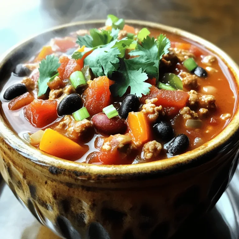 - Gemahlenes Truthahnfleisch: Dieses Fleisch macht das Chili leicht und gesund. Ich benutze 450 g. Es sorgt für eine schöne Textur. - Bohnen und Tomaten: Ich füge eine Dose schwarze Bohnen und eine Dose Kidneybohnen hinzu. Beide Bohnen sind gut für den Proteinbedarf. Eine Dose gewürfelte Tomaten mit grünen Chilis bringt Geschmack und Farbe. - Gewürze und Aromen: Gewürze bringen das Chili zum Leben. Ich benutze 2 Esslöffel Chilipulver, 1 Esslöffel Kreuzkümmel und 1 Esslöffel geräuchertes Paprikapulver. Cayennepfeffer passt gut dazu, aber nur nach Geschmack. Brauner Zucker rundet die Schärfe ab. Ich füge auch Salz und Pfeffer hinzu, um den Geschmack zu verbessern. Zusätzlich benötige ich Zwiebeln, Knoblauch, Paprika und Mais. Diese Zutaten sorgen für mehr Textur und Geschmack. Frischer Koriander oder Frühlingszwiebeln sind eine schöne Garnierung. 1. Erhitze in einer Pfanne 1 Esslöffel Olivenöl bei mittlerer Hitze. 2. Füge die gehackte Zwiebel, den Knoblauch und die gewürfelte Paprika hinzu. 3. Brate das Gemüse für etwa 5 Minuten, bis es weich und duftend ist. 4. Gib das gemahlene Truthahnfleisch in die Pfanne. 5. Brate es an, bis es gleichmäßig braun ist. 6. Teile das Fleisch mit einem Spatel in kleine Stücke. 7. Entferne überschüssiges Fett aus der Pfanne, falls nötig. 1. Übertrage die Truthahn-Mischung in den Slow Cooker. 2. Füge die schwarzen Bohnen, Kidneybohnen und gewürfelte Tomaten hinzu. 3. Gib den gefrorenen oder abgetropften Mais dazu. 4. Mische Chilipulver, Kreuzkümmel, geräuchertes Paprikapulver, Cayennepfeffer, braunen Zucker, Salz und Pfeffer hinein. 5. Rühre alle Zutaten gut um, bis sie gleichmäßig verteilt sind. 1. Decke den Slow Cooker ab. Stelle ihn auf niedrige Temperatur für 6 Stunden oder hohe Temperatur für 3 Stunden. 2. Nach dem Kochen probiere das Chili. 3. Passe die Würze nach deinem Geschmack an. 4. Wenn du ein dickflüssigeres Chili magst, koche es unbedeckt auf hoher Stufe für 30 Minuten weiter. 5. Serviere das Chili heiß. Garniere es mit frischem Koriander oder Frühlingszwiebeln, wenn du magst. Um das Beste aus deinem Chili herauszuholen, passe die Gewürze an. Du kannst mehr Chilipulver oder Cayennepfeffer hinzufügen, wenn du es schärfer magst. Für eine süßere Note, erhöhe den braunen Zucker. Experimentiere mit Gewürzen wie Oregano oder Thymian für neue Geschmäcker. Füge andere Zutaten hinzu, um neue Texturen und Aromen zu schaffen. Probiere Mais oder Zucchini. Auch frische Kräuter wie Koriander bringen Frische ins Gericht. Sei kreativ und mache das Chili zu deinem eigenen! Die Zubereitung ist einfach und schnell. Du benötigst nur 15 Minuten, um alles vorzubereiten. Nach dem Anbraten des Gemüses und der Truthahnmasse, kannst du alles in den Slow Cooker geben. Die Kochzeit beträgt entweder 6 Stunden auf niedriger oder 3 Stunden auf hoher Stufe. Wenn du wenig Zeit hast, kannst du das Chili auch am Vortag zubereiten. Lass es einfach im Kühlschrank abkühlen und erwärme es am nächsten Tag. Das Chili sieht toll aus in tiefen Schalen. Du kannst es mit frischem Koriander oder Frühlingszwiebeln garnieren. Ein Spritzer Limettensaft gibt einen frischen Kick. Serviere das Chili mit Reis, Tortilla Chips oder einem Stück Brot. Diese Beilagen ergänzen das Gericht perfekt und machen es noch leckerer! {{image_4}} Wenn du eine pflanzenbasierte Option möchtest, probiere diese Zutaten. Statt Truthahnfleisch kannst du Linsen oder schwarze Bohnen verwenden. Diese bieten viel Protein und einen tollen Geschmack. Tofu ist auch eine gute Wahl, wenn du eine andere Textur magst. Achte darauf, die Gewürze gut anzupassen. So bekommst du das perfekte Aroma. Die Gewürze machen den Unterschied in deinem Chili. Du kannst mit der Schärfe spielen. Wenn du es schärfer magst, füge mehr Cayennepfeffer hinzu. Für weniger Schärfe, reduziere die Menge. Experimentiere auch mit anderen Gewürzen, wie Oregano oder Zimt. Sie geben deinem Chili einen neuen Twist und viel Tiefe. Nutze lokale Zutaten, um frische Aromen zu erhalten. Bunte Paprika sind nicht nur lecker, sondern auch schön anzusehen. Du kannst gelbe, grüne oder rote Paprika verwenden. Sie bringen Farbe und Süße in dein Gericht. Denke auch an saisonale Produkte, um das Beste aus deinem Chili herauszuholen. Ich empfehle, das Chili in einem luftdichten Behälter zu lagern. So bleibt es frisch. Im Kühlschrank hält sich das Chili bis zu 4 Tage. Achten Sie darauf, dass der Behälter gut verschlossen ist. So vermeiden Sie Gerüche von anderen Lebensmitteln. Das Chili lässt sich hervorragend einfrieren. Verwenden Sie gefriergeeignete Behälter oder Beutel. Achten Sie darauf, etwas Platz für die Ausdehnung zu lassen. So bleibt die Konsistenz gut. Zum Auftauen legen Sie es einfach über Nacht in den Kühlschrank. Alternativ können Sie es auch in der Mikrowelle auftauen. Um das Chili wieder warm zu machen, haben Sie zwei gute Optionen: die Mikrowelle oder den Herd. In der Mikrowelle erwärmen Sie es in einem geeigneten Behälter. Stellen Sie die Leistung auf mittlere Stufe und rühren Sie zwischendurch um. Auf dem Herd erhitzen Sie das Chili in einer Pfanne bei mittlerer Hitze. Rühren Sie oft, damit es gleichmäßig warm wird. Um das Chili schärfer zu machen, füge einfach mehr Cayennepfeffer hinzu. Du kannst auch frische Chilis verwenden, wie Jalapeños oder Serranos. Diese geben nicht nur Schärfe, sondern auch tollen Geschmack. Denke daran, die Menge langsam zu erhöhen. So kannst du die Schärfe gut kontrollieren. Ja, du kannst andere Fleischsorten verwenden. Rinderhack oder Hähnchen sind gute Alternativen. Für eine leichtere Option wähle Pute oder Hähnchenbrust. Wenn du es vegetarisch magst, ersetze das Fleisch durch Linsen oder Tofu. Diese Optionen machen das Gericht gesund und lecker. Zu diesem Chili passen viele Beilagen gut. Einige meiner Favoriten sind: - Maisbrot - Reis - Tortilla-Chips - Guacamole - Frischer Salat Diese Beilagen machen dein Chili noch besser und bieten tolle Texturen. Probier sie aus und finde deine Lieblingskombination! Zusammenfassend haben wir die wichtigsten Zutaten und die Zubereitung von Chili betrachtet. Du hast gelernt, wie man die Aromen optimiert und verschiedene Varianten ausprobiert. Die Tipps zur Lagerung helfen dir, das Chili frisch zu halten. Denke daran, dass du mit unterschiedlichen Gewürzen und Zutaten experimentieren kannst, um dein Chili perfekt zu machen. Sei kreativ und genieße jede Mahlzeit!
