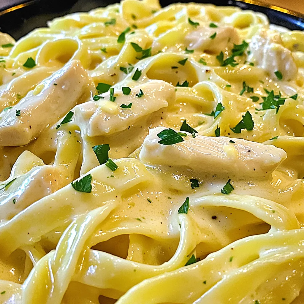 Für dieses leckere Gericht brauchst du: - 225 g Fettuccine-Nudeln - 2 Esslöffel Butter - 2 Knoblauchzehen, fein gehackt - 450 g Hähnchenbrustfilet, in Streifen geschnitten - Salz und Pfeffer nach Geschmack - 240 ml Schlagsahne - 75 g geriebener Parmesan-Käse - 1 Teelöffel italienische Gewürzmischung - Frischer Schnittlauch, gehackt (zum Garnieren) Diese Zutaten sind einfach zu finden. Sie geben deinem Gericht einen tollen Geschmack. Ich empfehle, frische Zutaten zu wählen. Achte auf Bio-Hühnchen, wenn möglich. Marken wie Barilla bieten gute Fettuccine-Nudeln an. Für die Sahne ist die Marke Weihenstephan eine gute Wahl. Ihr Parmesan-Käse hat einen tollen Geschmack. Du kannst das Rezept leicht anpassen. Füge Gemüse wie Brokkoli oder Erbsen hinzu. Das macht das Gericht bunter und gesünder. Für eine leichtere Version kannst du Zucchini-Nudeln verwenden. Sie sind eine tolle Low-Carb-Option. Wenn du keinen Parmesan magst, probiere anderen Käse wie Pecorino. Zuerst setze einen großen Topf mit gesalzenem Wasser auf. Bringe das Wasser zum Kochen. Gib die Fettuccine hinein und koche sie nach den Anweisungen auf der Verpackung. Achte darauf, dass die Nudeln al dente sind. Abgießen und beiseite stellen. Erhitze in einer großen Pfanne bei mittlerer Hitze die Butter. Warte, bis die Butter geschmolzen ist. Füge den fein gehackten Knoblauch hinzu. Sautiere ihn für etwa eine Minute, bis er gut duftet. Dann gib die Hähnchenstreifen dazu. Würze mit Salz und Pfeffer. Brate das Hühnchen für etwa 5-6 Minuten, bis es gar ist. Nachdem das Hühnchen gar ist, reduziere die Hitze auf niedrig. Gieße die Schlagsahne in die Pfanne und rühre gut um. Füge nach und nach den geriebenen Parmesan hinzu. Rühre weiter, bis der Käse geschmolzen ist. Die Sauce sollte jetzt schön cremig sein. Gib die gekochten Fettuccine in die Pfanne. Werfe die Nudeln vorsichtig, sodass sie gleichmäßig mit der Sauce bedeckt werden. Lass alles für 1-2 Minuten durchwärmen. So nehmen die Nudeln die Aromen auf. Vor dem Servieren garniere das Gericht mit frischem, gehacktem Schnittlauch. Dies gibt dem Essen einen schönen Farbkontrast und frischen Geschmack. Jetzt kannst du dein köstliches Garlic Butter Chicken Alfredo genießen! Um die perfekten Fettuccine zu kochen, achte auf diese Punkte: - Salzen des Wassers: Füge viel Salz zum Wasser hinzu, bevor du die Nudeln kochst. Es sollte wie Meerwasser schmecken. - Al dente kochen: Koche die Nudeln nach Packungsanweisung, aber beende sie 1-2 Minuten früher. Sie garen weiter, wenn du sie mit der Sauce mischst. Eine cremige Alfredo-Sauce ist der Schlüssel zu deinem Gericht. Hier sind meine Tipps: - Verwende frische Sahne: Achte darauf, frische Schlagsahne zu verwenden. Sie sorgt für die beste Konsistenz. - Käse langsam einrühren: Füge den Parmesan nach und nach hinzu. Rühre ständig, damit er gut schmilzt und die Sauce schön cremig bleibt. Die richtige Gewürzmischung macht den Unterschied. Probiere diese Tipps aus: - Italienische Gewürze: Füge einen Teelöffel italienische Gewürzmischung hinzu. Sie bringt Aromen von Oregano und Basilikum. - Würze nach Geschmack: Probiere die Sauce während des Kochens. Füge mehr Salz und Pfeffer nach Bedarf hinzu, um den Geschmack zu verstärken. {{image_4}} Sie können das Rezept leicht aufpeppen. Fügen Sie Gemüse wie Brokkoli oder Spinat hinzu. Diese bringen nicht nur Farbe, sondern auch Nährstoffe. Kochen Sie das Gemüse einfach mit den Nudeln. Das spart Zeit und macht das Gericht noch gesünder. Wer auf Kohlenhydrate verzichten möchte, kann Zucchini-Nudeln nutzen. Diese sind leicht und frisch. Schneiden Sie die Zucchini mit einem Spiralschneider in dünne Streifen. Sautieren Sie die Zucchini kurz in der Pfanne, bevor Sie die Sauce hinzufügen. So bleibt das Gericht leicht und lecker. Parmesan ist klassisch, aber nicht der einzige Käse. Sie können auch andere Käsesorten ausprobieren. Mozzarella macht die Sauce milder. Feta gibt einen salzigen Kick. Probieren Sie verschiedene Käsesorten, um Ihren Lieblingsgeschmack zu finden. Wenn du Reste von deinem Garlic Butter Chicken Alfredo hast, ist die richtige Lagerung wichtig. Lass das Gericht zuerst auf Raumtemperatur abkühlen. Danach füllst du die Reste in einen luftdichten Behälter. So bleibt der Geschmack frisch. Du kannst die Reste bis zu drei Tage im Kühlschrank aufbewahren. Zum Wiederaufwärmen nimm die gewünschte Portion heraus. Gib sie in eine Pfanne bei mittlerer Hitze. Füge einen Schuss Milch oder Sahne hinzu. Das sorgt für eine cremige Konsistenz. Rühre gelegentlich um, bis alles warm ist. Du kannst auch die Mikrowelle nutzen. Stelle die Reste in eine mikrowellengeeignete Schüssel. Decke sie ab und erwärme sie in kurzen Intervallen. Im Kühlschrank hält sich dein Garlic Butter Chicken Alfredo bis zu drei Tage. Wenn du es länger aufbewahren willst, friere es ein. In einem luftdichten Behälter hält es sich bis zu drei Monate im Gefrierfach. Achte darauf, das Gericht gut zu verpacken, um Gefrierbrand zu vermeiden. Bei Bedarf tau es im Kühlschrank über Nacht auf, bevor du es erwärmst. Ja, du kannst das Rezept vegan zubereiten. Ersetze das Hühnchen durch Tofu oder Seitan. Verwende vegane Butter und pflanzliche Sahne. Für den Käse, nimm eine vegane Parmesan-Alternative oder nutritional yeast. So bleibt der Geschmack ähnlich, und du hast ein leckeres veganes Gericht. Zu diesem Gericht passen viele Beilagen gut. Einige Ideen sind: - Gedämpftes Gemüse wie Brokkoli oder grüne Bohnen. - Ein frischer grüner Salat mit leichtem Dressing. - Knoblauchbrot oder Ciabatta, um die Sauce aufzutunken. - Gebratene Zucchini oder Paprika für einen zusätzlichen Geschmack. Um die Schärfe anzupassen, füge einfach etwas Pfeffer oder Chili-Flocken hinzu. Wenn du es milder magst, lasse die scharfen Zutaten weg. Du kannst auch frische Kräuter wie Basilikum verwenden, um einen sanften Geschmack zu erreichen. Ja, dieses Rezept ist perfekt für Meal Prep. Koche die Portionen vor und lagere sie in luftdichten Behältern. Im Kühlschrank halten sie sich etwa drei bis vier Tage. Du kannst die Portionen einfach aufwärmen, wenn du Hunger hast. In diesem Artikel haben wir die wichtigsten Zutaten für Garlic Butter Chicken Alfredo besprochen. Ich habe Tipps zur Zubereitung und Variationen gegeben. Auch Lagerung und häufige Fragen wurden behandelt. Die Zubereitung kann einfach und schnell sein. Experimentiere mit Zutaten für deinen eigenen Geschmack. Am Ende bleibt es ein leckeres Gericht, das Freude macht. Probiere es aus und entdecke, was dir am besten gefällt!