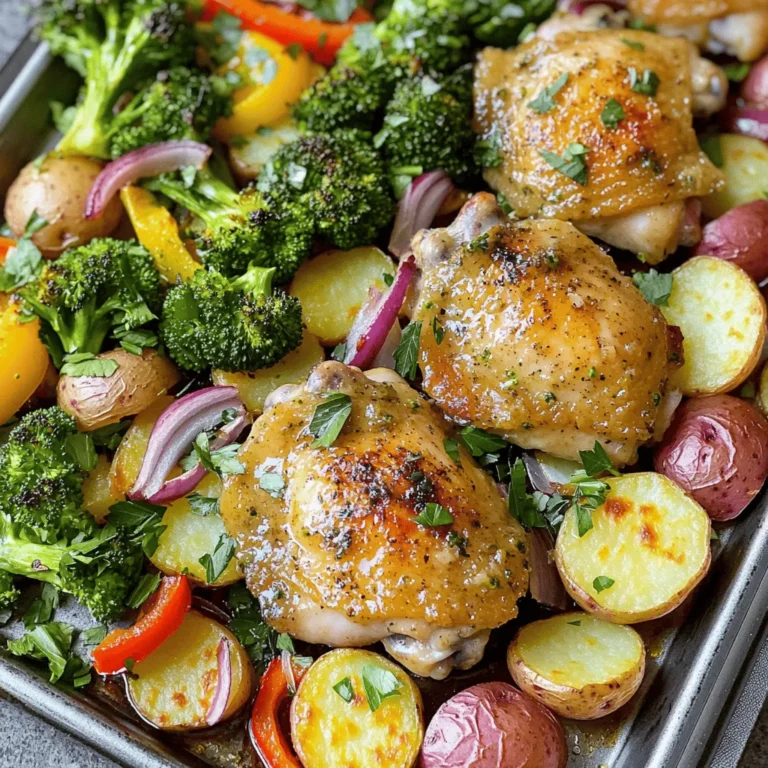 Für das Rezept brauchst du folgende Hauptzutaten: - 4 Hähnchenschenkel, entbeint und ohne Haut - 1 Tasse Babykartoffeln, halbiert - 2 Tassen Brokkoliröschen - 1 Paprika, in Streifen geschnitten (rot oder gelb) - 1 mittelgroße rote Zwiebel, in Spalten geschnitten - 4 Knoblauchzehen, fein gehackt Diese Zutaten machen das Gericht besonders lecker und nährstoffreich. Hähnchen ist eine gute Proteinquelle, während das Gemüse viele Vitamine liefert. Die perfekten Gewürze und Öle sind entscheidend für den Geschmack. Du benötigst: - 1 Päckchen Ranch-Gewürzmischung - 3 Esslöffel Olivenöl - Salz und Pfeffer nach Geschmack Die Ranch-Gewürzmischung bringt einen tollen, cremigen Geschmack. Das Olivenöl hilft, alles schön zu marinieren und gibt eine feine Note. Frische Kräuter machen jedes Gericht lebendig. Hier sind meine Empfehlungen: - Petersilie, gehackt (zum Garnieren) - Thymian oder Rosmarin für zusätzlichen Geschmack Frische Kräuter bringen Farbe und Frische auf deinen Teller. Sie passen super zu dem Hähnchen und dem Gemüse. Zuerst heize deinen Ofen auf 200 °C vor. Dies sorgt für eine gleichmäßige Garung. Lege ein großes Backblech mit Backpapier aus. Das macht die Reinigung einfacher. Jetzt schneide die Babykartoffeln in zwei Hälften. Teile den Brokkoli in kleine Röschen. Schneide die Paprika in Streifen und die Zwiebel in Spalten. So hast du alle Zutaten bereit. Diese Schritte helfen, alles schnell zu verarbeiten. Nehme eine kleine Schüssel und gebe das Olivenöl hinein. Füge die fein gehackten Knoblauchzehen dazu. Jetzt kommt die Ranch-Gewürzmischung. Diese Mischung gibt dem Hühnchen viel Geschmack. Gib eine Prise Salz und Pfeffer hinzu. Rühre alles gut um, bis eine gleichmäßige Marinade entsteht. Diese Marinade macht das Hühnchen zart und lecker. In einer anderen großen Schüssel gib die Babykartoffeln, Brokkoliröschen, Paprika und Zwiebel. Gieße die restliche Marinade darüber. Mische alles gut, bis das Gemüse gleichmäßig bedeckt ist. Dadurch wird jedes Stück Gemüse würzig und schmackhaft. Lass die Marinade kurz einziehen. So haben die Aromen Zeit, sich zu entfalten. Verteile das marinierte Gemüse gleichmäßig auf einer Seite des Backblechs. Platziere die marinierten Hähnchenschenkel auf die andere Seite. Achte darauf, dass sie genügend Platz haben. Jetzt backe alles im vorgeheizten Ofen für 25-30 Minuten. Das Hühnchen sollte eine Kerntemperatur von 74 °C erreichen. Das Gemüse wird zart und leicht karamellisiert. Am Ende nimm das Blech aus dem Ofen und lasse das Gericht einige Minuten ruhen. Garnieren mit frisch gehackter Petersilie bringt Farbe und Geschmack. Um das Hühnchen perfekt zu garen, stelle sicher, dass die Kerntemperatur 74 °C erreicht. Das Gemüse braucht nur 25-30 Minuten im Ofen. Achte darauf, dass die Babykartoffeln weich und das Brokkoli zart ist. Wenn du das Gemüse länger im Ofen lässt, kann es verbrennen. Du kannst die Garzeiten auch anpassen. Wenn du mehr Gemüse hast, erhöhe die Zeit leicht. Du kannst die Marinade leicht ändern. Zum Beispiel, füge Zitronensaft für einen frischen Geschmack hinzu. Oder mische verschiedene Kräuter wie Thymian oder Rosmarin. Für einen scharfen Kick, probiere etwas Chili oder Paprika. Wenn du keinen Ranch-Gewürzmischung hast, kannst du auch italienische Kräuter verwenden. Das gibt dir neue Aromen. Serviere dein Hühnchen und Gemüse mit Reis oder Quinoa für mehr Sättigung. Ein einfacher grüner Salat passt gut dazu. Du kannst auch Brot oder Knoblauchbrot auf die Seite stellen. Wenn du das Gericht rustikal präsentieren möchtest, serviere alles direkt vom Backblech. Für ein schickeres Aussehen, richte das Hühnchen und das Gemüse auf Tellern an. Vergiss nicht, die frisch gehackte Petersilie darüber zu streuen. {{image_4}} Sie können viele verschiedene Gemüsesorten verwenden. Brokkoli ist toll, aber versuchen Sie auch Zucchini oder grüne Bohnen. Karotten geben eine schöne Süße. Blumenkohl ist eine weitere schmackhafte Wahl. Die Vielfalt macht das Gericht lebendig und bunt. Achten Sie darauf, dass das Gemüse gleichmäßig kocht. Schneiden Sie es in ähnliche Größen. Hühnchen ist sehr beliebt, doch andere Proteine sind auch lecker. Probieren Sie Hähnchenbrust oder Putenbrust für eine magere Option. Schweinefleisch kann ebenfalls gut passen. Für Fischliebhaber sind Lachs oder Forelle eine feine Wahl. Sie können auch Tofu verwenden, um das Gericht noch proteinreicher zu machen. Marinieren Sie die Proteine wie das Hühnchen. Vegane und vegetarische Varianten sind einfach zuzubereiten. Ersetzen Sie das Hühnchen durch Kichererbsen oder Linsen. Diese liefern viel Protein und Ballaststoffe. Nutzen Sie auch Tempeh oder Seitan für eine fleischähnliche Textur. Statt Ranch-Gewürzmischung können Sie einen veganen Dip verwenden, um den Geschmack zu verbessern. Fügen Sie frische Kräuter für mehr Aroma hinzu. Um das Blech-Pfanne Knoblauch-Ranch-Hühnchen und Gemüse frisch zu halten, lege die Reste in einen luftdichten Behälter. So bleiben die Aromen erhalten. Lagere das Gericht im Kühlschrank und verbrauche es innerhalb von drei bis fünf Tagen. Vor dem Servieren kannst du das Gericht auf Zimmertemperatur bringen oder leicht aufwärmen. Wenn du Reste für später aufbewahren möchtest, kannst du das Gericht auch einfrieren. Teile es in Portionen und lege es in gefriergeeignete Behälter oder Beutel. Stelle sicher, dass du so viel Luft wie möglich entfernst, um Gefrierbrand zu vermeiden. Das Gericht bleibt bis zu drei Monate frisch. Zum Auftauen lasse es über Nacht im Kühlschrank oder erwärme es direkt aus dem Gefrierfach. Zum Aufwärmen empfehle ich, das Gericht im Ofen bei 180 °C für etwa 15-20 Minuten zu erhitzen. So bleibt das Hühnchen saftig und das Gemüse knusprig. Du kannst auch die Mikrowelle nutzen, aber achte darauf, die Portionen gleichmäßig zu verteilen, damit alles gut erhitzt wird. Füge etwas Olivenöl oder Brühe hinzu, um die Feuchtigkeit zu erhalten. Sie können das Gericht bis zu 24 Stunden im Voraus zubereiten. Marinieren Sie das Hühnchen und das Gemüse in der Marinade. Lagern Sie sie dann in einem luftdichten Behälter im Kühlschrank. Wenn Sie bereit sind, das Gericht zu kochen, nehmen Sie es aus dem Kühlschrank. Lassen Sie es etwa 15 Minuten bei Raumtemperatur ruhen, bevor Sie es backen. So bleibt das Hühnchen saftig und das Gemüse frisch. Ja, die Marinade ist sehr flexibel. Sie können verschiedene Kräuter oder Gewürze hinzufügen. Zum Beispiel können Sie Paprika, Zitronensaft oder Honig verwenden. Wenn Sie keinen Ranch-Geschmack mögen, probieren Sie italienische Gewürze oder BBQ-Sauce. Passen Sie die Marinade nach Ihrem Geschmack an. So wird jedes Gericht einzigartig und besonders. Für Blech-Pfannen-Gerichte sind einfache Beilagen am besten. Reis, Quinoa oder ein frischer grüner Salat passen gut dazu. Sie können auch Brot oder Brötchen servieren, um die Säfte aufzunehmen. Diese Beilagen sind leicht zu machen und ergänzen das Gericht perfekt. Experimentieren Sie mit verschiedenen Beilagen, um neue Geschmackskombinationen zu entdecken. In diesem Artikel haben wir alles Wichtige für ein leckeres Blech-Pfannen-Gericht besprochen. Die benötigten Zutaten und die Schritt-für-Schritt-Anleitung machen das Kochen leicht. Du hast viele Tipps für die perfekte Zubereitung und klare Lagerungshinweise erhalten. Experimentiere mit Variationen und finde die besten Beilagen für dein Gericht. So kannst du sicher sein, dass jedes Essen gut schmeckt. Viel Spaß beim Kochen und Ausprobieren!