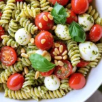 Für einen leckeren Pesto Caprese Pasta Salad brauchst du einige Hauptzutaten: - 225 g Rotini-Nudeln - 240 ml Kirschtomaten, halbiert - 240 g frische Mozzarellakugeln, halbiert - 240 ml frische Basilikumblätter, zerrissen - 120 ml hausgemachtes Basilikumpesto (oder aus dem Geschäft) - 30 ml natives Olivenöl extra - Salz und Pfeffer nach Geschmack - 30 g Pinienkerne, geröstet (zum Garnieren) Diese Zutaten bilden die Basis deines Salats. Die Kombination von Nudeln, Tomaten und Mozzarella sorgt für ein frisches und leckeres Gericht. Die Auswahl der besten Zutaten ist wichtig. Wähle frische Kirschtomaten für den besten Geschmack. Achte darauf, dass die Mozzarella weich und cremig ist. Der Basilikum sollte kräftig grün und duftend sein. Verwende hochwertiges Olivenöl, um den Geschmack zu verbessern. Frisches Basilikumpesto schmeckt intensiver als das im Supermarkt. Frische Kräuter machen dein Gericht lebendig. Zerrisse die Basilikumblätter vorsichtig, um den Geschmack zu bewahren. Füge die Kräuter erst am Ende hinzu, damit sie frisch bleiben. Du kannst auch andere Kräuter wie Petersilie oder Schnittlauch ausprobieren. Sie bringen neue Aromen in deinen Salat. Um die Nudeln zu kochen, bringe einen großen Topf mit gesalzenem Wasser zum Kochen. Füge die Rotini-Nudeln hinzu und koche sie nach der Anleitung auf der Verpackung. Sie sollten al dente sein. Nach dem Kochen, lasse die Nudeln abtropfen und spüle sie unter kaltem Wasser ab. Das stoppt den Kochprozess und kühlt die Nudeln. In einer großen Rührschüssel kombinierst du die abgekühlten Nudeln mit den halbierten Kirschtomaten und den halbierten Mozzarellakugeln. Diese Mischung bildet die Basis für deinen Salat. Es ist wichtig, alles gut zu vermengen, damit sich die Zutaten gleichmäßig verteilen. Jetzt kommt der spannende Teil – das Dressing. Gib das hausgemachte Basilikumpesto und das native Olivenöl in die Schüssel. Tossiere alles gründlich, bis die Pasta und die Zutaten gut beschichtet sind. Probiere den Salat und würze ihn nach deinem Geschmack mit Salz und Pfeffer. Zum Schluss streue die gerösteten Pinienkerne oben auf den Salat. Das gibt einen tollen Crunch! Lass den Salat mindestens 30 Minuten im Kühlschrank ruhen, damit sich die Aromen verbinden können. Pesto Caprese Pasta Salad ist sehr vielseitig. Du kannst ihn nach deinem Geschmack anpassen. Hier sind einige Ideen: - Gemüse hinzufügen: Probiere Paprika, Zucchini oder Spinat. Diese bringen Farbe und Nährstoffe. - Verschiedene Käsesorten: Statt Mozzarella kannst du Feta oder Parmesan verwenden. Jeder Käse hat seinen eigenen Geschmack. - Nüsse: Neben Pinienkernen sind Walnüsse oder Mandeln eine tolle Wahl. Sie geben dem Salat mehr Crunch. Die Gewürze sind wichtig für den Geschmack. Du kannst Salz und Pfeffer nach deinem Wunsch anpassen. Hier sind einige Tipps: - Zitronensaft: Ein Spritzer frischer Zitronensaft kann die Aromen heben. - Knoblauch: Ein wenig frischer Knoblauch fügt Tiefe hinzu. Achte darauf, nicht zu viel zu verwenden. - Chili-Flocken: Wenn du es scharf magst, füge Chili-Flocken hinzu. Sie bringen eine angenehme Schärfe. Die Vorbereitung ist einfach und schnell. Hier sind einige Tipps, die dir helfen: - Nudeln richtig kochen: Achte darauf, die Nudeln al dente zu kochen. So bleiben sie bissfest. - Kühlen: Lass den Salat vor dem Servieren kühl stehen. Das hilft, die Aromen zu verbinden. Mindestens 30 Minuten sind ideal. - Frische Zutaten: Verwende frische Basilikumblätter und Kirschtomaten. Sie machen den Salat lebendig und lecker. Folge diesen Tipps, um deinen Pesto Caprese Pasta Salad zu perfektionieren. Probiere verschiedene Kombinationen aus und finde deinen Favoriten! {{image_4}} Pesto Caprese Pasta Salad ist bereits vegetarisch. Um mehr Geschmack zu bringen, füge geröstete Paprika hinzu. Du kannst auch Avocado für eine cremige Textur verwenden. Diese Zutaten passen gut zu den Kirschtomaten und Mozzarella. Für eine glutenfreie Version wähle glutenfreie Nudeln. Diese sind in vielen Geschäften erhältlich. Reis- oder Maisnudeln sind gute Optionen. Sie haben eine ähnliche Textur wie normale Nudeln und passen gut zu Pesto. Um den Salat nahrhafter zu machen, füge gekochte Hühnchenstücke hinzu. Gegrillte Garnelen sind auch lecker. Du kannst auch Kichererbsen verwenden, um eine pflanzliche Proteinquelle zu bieten. Diese Optionen machen den Salat sättigender und helfen dir, länger satt zu bleiben. Um deinen Pesto Caprese Pasta Salad gut zu lagern, nutze einen luftdichten Behälter. Dies hilft, die Frische zu bewahren. Stelle den Salat in den Kühlschrank. Vermeide es, ihn in offenen Schalen zu lassen, denn das macht ihn trocken. Im Kühlschrank bleibt dein Nudelsalat etwa drei Tage frisch. Achte darauf, dass du ihn gut abdeckst. Nach ein paar Tagen kann der Salat weich werden. Das Basilikum verliert seinen Biss und die Nudeln können matschig werden. Ein schneller Blick auf den Salat hilft dir, die Frische zu prüfen. Einfrieren ist nicht die beste Wahl für diesen Salat. Die frischen Zutaten wie Mozzarella und Basilikum leiden unter der Kälte. Wenn du trotzdem etwas einfrieren möchtest, lass das Basilikumpesto weg. Füge es erst nach dem Auftauen hinzu. So bleibt der Geschmack frisch und knackig. Der Pesto Caprese Pasta Salat hält sich im Kühlschrank etwa 3 Tage. Lagern Sie ihn in einem luftdichten Behälter. Nach 3 Tagen kann der Salat an Geschmack verlieren. Achten Sie darauf, ihn gut abzudecken, um eine Austrocknung zu vermeiden. Ja, Sie können das Pesto im Voraus machen! Es bleibt frisch im Kühlschrank für bis zu einer Woche. Lagern Sie es in einem Glas mit etwas Olivenöl oben drauf. Das Öl hilft, das Pesto frisch zu halten. Sie können auch eine größere Menge zubereiten und es einfrieren. So haben Sie immer Pesto bereit, wann immer Sie es brauchen. Zu Pesto Caprese Pasta Salad passen viele Beilagen gut. Hier sind einige Ideen: - Gegrilltes Gemüse - Knoblauchbrot - Ein frischer grüner Salad - Gegrilltes Hähnchen oder Garnelen für mehr Protein - Ein leichter Weißwein, um das Essen zu ergänzen Jede dieser Beilagen bringt neue Geschmäcker und Texturen in das Essen. Probieren Sie verschiedene Kombinationen aus, um Ihre Favoriten zu finden! Pesto Caprese Pasta Salad bietet frischen Geschmack und einfache Zubereitung. Wir haben die besten Zutaten besprochen, die den Salat besonders machen. Mit der Schritt-für-Schritt-Anleitung gelingt dir das Rezept leicht. Viele Variationen laden zum Experimentieren ein, vom vegetarischen bis zum glutenfreien Genuss. Achte auf die Lagerung, um den Salat lange frisch zu halten. Probiere die Tipps aus, um das perfekte Gericht zu kreieren. Viel Spaß beim Kochen!
