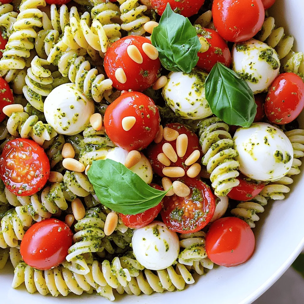 Für einen leckeren Pesto Caprese Pasta Salad brauchst du einige Hauptzutaten: - 225 g Rotini-Nudeln - 240 ml Kirschtomaten, halbiert - 240 g frische Mozzarellakugeln, halbiert - 240 ml frische Basilikumblätter, zerrissen - 120 ml hausgemachtes Basilikumpesto (oder aus dem Geschäft) - 30 ml natives Olivenöl extra - Salz und Pfeffer nach Geschmack - 30 g Pinienkerne, geröstet (zum Garnieren) Diese Zutaten bilden die Basis deines Salats. Die Kombination von Nudeln, Tomaten und Mozzarella sorgt für ein frisches und leckeres Gericht. Die Auswahl der besten Zutaten ist wichtig. Wähle frische Kirschtomaten für den besten Geschmack. Achte darauf, dass die Mozzarella weich und cremig ist. Der Basilikum sollte kräftig grün und duftend sein. Verwende hochwertiges Olivenöl, um den Geschmack zu verbessern. Frisches Basilikumpesto schmeckt intensiver als das im Supermarkt. Frische Kräuter machen dein Gericht lebendig. Zerrisse die Basilikumblätter vorsichtig, um den Geschmack zu bewahren. Füge die Kräuter erst am Ende hinzu, damit sie frisch bleiben. Du kannst auch andere Kräuter wie Petersilie oder Schnittlauch ausprobieren. Sie bringen neue Aromen in deinen Salat. Um die Nudeln zu kochen, bringe einen großen Topf mit gesalzenem Wasser zum Kochen. Füge die Rotini-Nudeln hinzu und koche sie nach der Anleitung auf der Verpackung. Sie sollten al dente sein. Nach dem Kochen, lasse die Nudeln abtropfen und spüle sie unter kaltem Wasser ab. Das stoppt den Kochprozess und kühlt die Nudeln. In einer großen Rührschüssel kombinierst du die abgekühlten Nudeln mit den halbierten Kirschtomaten und den halbierten Mozzarellakugeln. Diese Mischung bildet die Basis für deinen Salat. Es ist wichtig, alles gut zu vermengen, damit sich die Zutaten gleichmäßig verteilen. Jetzt kommt der spannende Teil – das Dressing. Gib das hausgemachte Basilikumpesto und das native Olivenöl in die Schüssel. Tossiere alles gründlich, bis die Pasta und die Zutaten gut beschichtet sind. Probiere den Salat und würze ihn nach deinem Geschmack mit Salz und Pfeffer. Zum Schluss streue die gerösteten Pinienkerne oben auf den Salat. Das gibt einen tollen Crunch! Lass den Salat mindestens 30 Minuten im Kühlschrank ruhen, damit sich die Aromen verbinden können. Pesto Caprese Pasta Salad ist sehr vielseitig. Du kannst ihn nach deinem Geschmack anpassen. Hier sind einige Ideen: - Gemüse hinzufügen: Probiere Paprika, Zucchini oder Spinat. Diese bringen Farbe und Nährstoffe. - Verschiedene Käsesorten: Statt Mozzarella kannst du Feta oder Parmesan verwenden. Jeder Käse hat seinen eigenen Geschmack. - Nüsse: Neben Pinienkernen sind Walnüsse oder Mandeln eine tolle Wahl. Sie geben dem Salat mehr Crunch. Die Gewürze sind wichtig für den Geschmack. Du kannst Salz und Pfeffer nach deinem Wunsch anpassen. Hier sind einige Tipps: - Zitronensaft: Ein Spritzer frischer Zitronensaft kann die Aromen heben. - Knoblauch: Ein wenig frischer Knoblauch fügt Tiefe hinzu. Achte darauf, nicht zu viel zu verwenden. - Chili-Flocken: Wenn du es scharf magst, füge Chili-Flocken hinzu. Sie bringen eine angenehme Schärfe. Die Vorbereitung ist einfach und schnell. Hier sind einige Tipps, die dir helfen: - Nudeln richtig kochen: Achte darauf, die Nudeln al dente zu kochen. So bleiben sie bissfest. - Kühlen: Lass den Salat vor dem Servieren kühl stehen. Das hilft, die Aromen zu verbinden. Mindestens 30 Minuten sind ideal. - Frische Zutaten: Verwende frische Basilikumblätter und Kirschtomaten. Sie machen den Salat lebendig und lecker. Folge diesen Tipps, um deinen Pesto Caprese Pasta Salad zu perfektionieren. Probiere verschiedene Kombinationen aus und finde deinen Favoriten! {{image_4}} Pesto Caprese Pasta Salad ist bereits vegetarisch. Um mehr Geschmack zu bringen, füge geröstete Paprika hinzu. Du kannst auch Avocado für eine cremige Textur verwenden. Diese Zutaten passen gut zu den Kirschtomaten und Mozzarella. Für eine glutenfreie Version wähle glutenfreie Nudeln. Diese sind in vielen Geschäften erhältlich. Reis- oder Maisnudeln sind gute Optionen. Sie haben eine ähnliche Textur wie normale Nudeln und passen gut zu Pesto. Um den Salat nahrhafter zu machen, füge gekochte Hühnchenstücke hinzu. Gegrillte Garnelen sind auch lecker. Du kannst auch Kichererbsen verwenden, um eine pflanzliche Proteinquelle zu bieten. Diese Optionen machen den Salat sättigender und helfen dir, länger satt zu bleiben. Um deinen Pesto Caprese Pasta Salad gut zu lagern, nutze einen luftdichten Behälter. Dies hilft, die Frische zu bewahren. Stelle den Salat in den Kühlschrank. Vermeide es, ihn in offenen Schalen zu lassen, denn das macht ihn trocken. Im Kühlschrank bleibt dein Nudelsalat etwa drei Tage frisch. Achte darauf, dass du ihn gut abdeckst. Nach ein paar Tagen kann der Salat weich werden. Das Basilikum verliert seinen Biss und die Nudeln können matschig werden. Ein schneller Blick auf den Salat hilft dir, die Frische zu prüfen. Einfrieren ist nicht die beste Wahl für diesen Salat. Die frischen Zutaten wie Mozzarella und Basilikum leiden unter der Kälte. Wenn du trotzdem etwas einfrieren möchtest, lass das Basilikumpesto weg. Füge es erst nach dem Auftauen hinzu. So bleibt der Geschmack frisch und knackig. Der Pesto Caprese Pasta Salat hält sich im Kühlschrank etwa 3 Tage. Lagern Sie ihn in einem luftdichten Behälter. Nach 3 Tagen kann der Salat an Geschmack verlieren. Achten Sie darauf, ihn gut abzudecken, um eine Austrocknung zu vermeiden. Ja, Sie können das Pesto im Voraus machen! Es bleibt frisch im Kühlschrank für bis zu einer Woche. Lagern Sie es in einem Glas mit etwas Olivenöl oben drauf. Das Öl hilft, das Pesto frisch zu halten. Sie können auch eine größere Menge zubereiten und es einfrieren. So haben Sie immer Pesto bereit, wann immer Sie es brauchen. Zu Pesto Caprese Pasta Salad passen viele Beilagen gut. Hier sind einige Ideen: - Gegrilltes Gemüse - Knoblauchbrot - Ein frischer grüner Salad - Gegrilltes Hähnchen oder Garnelen für mehr Protein - Ein leichter Weißwein, um das Essen zu ergänzen Jede dieser Beilagen bringt neue Geschmäcker und Texturen in das Essen. Probieren Sie verschiedene Kombinationen aus, um Ihre Favoriten zu finden! Pesto Caprese Pasta Salad bietet frischen Geschmack und einfache Zubereitung. Wir haben die besten Zutaten besprochen, die den Salat besonders machen. Mit der Schritt-für-Schritt-Anleitung gelingt dir das Rezept leicht. Viele Variationen laden zum Experimentieren ein, vom vegetarischen bis zum glutenfreien Genuss. Achte auf die Lagerung, um den Salat lange frisch zu halten. Probiere die Tipps aus, um das perfekte Gericht zu kreieren. Viel Spaß beim Kochen!
