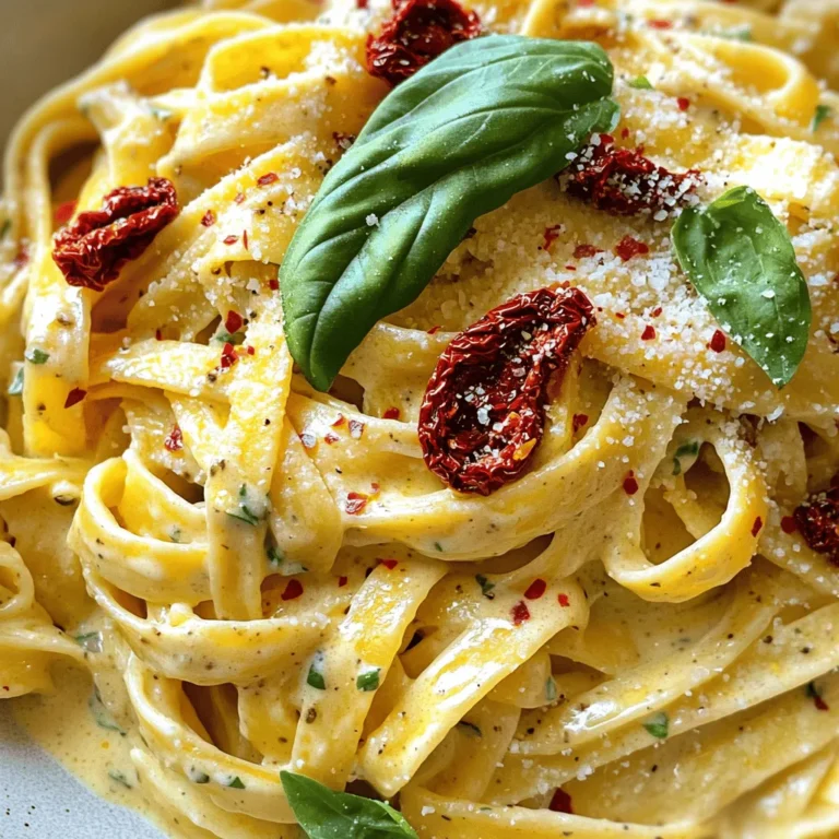Für die cremige Pasta mit getrockneten Tomaten benötigst du: - 225 g Pasta (Fettuccine oder Penne) - 240 ml getrocknete Tomaten in Öl, fein gehackt - 2 Esslöffel Olivenöl (aus dem Glas der getrockneten Tomaten) - 3 Knoblauchzehen, fein gehackt - 240 ml Schlagsahne - 100 g geriebener Parmesan - 1 Teelöffel getrocknetes Basilikum - 1 Teelöffel getrockneter Oregano - Salz und schwarzer Pfeffer nach Geschmack - Frische Basilikumblätter zum Garnieren - Optional: Chiliflocken für eine würzige Note Diese Pasta hat einen hohen Kaloriengehalt. Sie ist jedoch auch reich an Geschmack. Eine Portion enthält etwa 600 Kalorien. Die Schlagsahne und der Käse tragen zu den Kalorien bei. Du kannst die Sahne durch eine leichtere Variante ersetzen, um Kalorien zu sparen. Die getrockneten Tomaten liefern wichtige Vitamine und Antioxidantien. Wenn du eine spezielle Diät hast, gibt es tolle Alternativen: - Glutenfrei: Verwende glutenfreie Pasta. Viele Marken bieten diese an. - Vegan: Ersetze die Schlagsahne durch Kokosmilch oder Cashewcreme. Nutze veganen Käse anstelle von Parmesan. - Laktosefrei: Nutze laktosefreie Sahne und Käse. Diese Produkte schmecken oft sehr gut. Diese Anpassungen machen das Gericht für viele Diäten geeignet. So kannst du das Rezept an deine Bedürfnisse anpassen. Kochen Sie die Pasta in einem großen Topf mit gesalzenem Wasser. Achten Sie darauf, die Pasta al dente zu kochen. Das bedeutet, sie sollte weich, aber noch bissfest sein. Dies dauert meist etwa 8 bis 10 Minuten. Behalten Sie etwa 120 ml des Nudelwassers für später. Gießen Sie die Pasta ab und stellen Sie sie zur Seite. Erhitzen Sie das Olivenöl in dem gleichen Topf oder in einer großen Pfanne bei mittlerer Hitze. Fügen Sie die fein gehackten Knoblauchzehen hinzu. Braten Sie den Knoblauch für etwa 1 Minute an. Der Geruch sollte sehr aromatisch sein. Achten Sie jedoch darauf, dass der Knoblauch nicht verbrennt, da dies bitter schmeckt. Rühren Sie die gehackten getrockneten Tomaten in die Pfanne. Lassen Sie sie 2 bis 3 Minuten braten, bis sie gut erwärmt sind. Senken Sie dann die Hitze und gießen Sie die Schlagsahne hinein. Rühren Sie ständig, während die Mischung sanft köchelt. Fügen Sie den geriebenen Parmesan, das getrocknete Basilikum und den Oregano hinzu. Rühren Sie weiter, bis der Käse geschmolzen ist. Wenn die Soße zu dick ist, fügen Sie langsam etwas von dem reservierten Nudelwasser hinzu. Geben Sie die gekochte Pasta in die Soße. Werfen Sie alles gut um, damit die Pasta gleichmäßig bedeckt ist. Schmecken Sie die Pasta mit Salz und Pfeffer ab. Für eine schärfere Note können Sie Chiliflocken hinzufügen. Servieren Sie die Pasta in Schalen und garnieren Sie sie mit frischen Basilikumblättern und etwas Parmesan. Genießen Sie Ihr köstliches Gericht! Die Kochzeit für Fettuccine oder Penne beträgt etwa 8 bis 10 Minuten. Achte darauf, die Pasta al dente zu kochen. Das bedeutet, sie bleibt leicht fest beim Biss. So saugt sie die Soße besser auf. Probiere die Pasta einfach einige Minuten vor dem Ende der Kochzeit. Ist sie perfekt? Dann abgießen und etwas Nudelwasser aufheben. Um die Soße dicker zu machen, lass sie länger köcheln. Die Schlagsahne muss gut eindicken. Wenn sie zu dick wird, füge langsam etwas Nudelwasser hinzu. Das Wasser hilft, die Soße cremig zu halten, ohne sie zu verdünnen. Achte darauf, ständig zu rühren, damit sie nicht anbrennt. Für mehr Geschmack kannst du einige Extras hinzufügen. Probiere frischen Spinat oder Erbsen, um Farbe und Nährstoffe hinzuzufügen. Auch gebratene Champignons passen gut dazu. Wenn du es scharf magst, streue Chiliflocken über die fertige Pasta. Sie geben einen tollen Kick und machen das Gericht noch aufregender. {{image_4}} Für eine vegetarische Variante der cremigen Pasta mit getrockneten Tomaten, können Sie frisches Gemüse hinzufügen. Zucchini, Spinat oder Paprika passen gut. Diese Gemüsesorten bringen Farbe und Textur in das Gericht. Sie können auch Kichererbsen für extra Protein verwenden. Einfach das Gemüse zusammen mit den getrockneten Tomaten anbraten. Möchten Sie mehr Protein? Geben Sie Hühnchen oder Garnelen hinzu. Für Hühnchen braten Sie es in Würfeln an, bis es goldbraun ist. Fügen Sie es dann zur Soße hinzu. Für Garnelen, braten Sie sie kurz, bis sie rosa sind. Geben Sie sie ebenfalls in die Soße. Beide Optionen machen das Gericht sättigender und köstlich. Wenn Sie glutenfrei essen, verwenden Sie glutenfreie Pasta. Es gibt viele gute Sorten aus Reis oder Linsen. Diese Pasta kocht ähnlich wie normale Pasta. Achten Sie darauf, die Kochzeit genau zu befolgen. So bleibt die Konsistenz perfekt. Die Soße bleibt gleich, und Sie genießen das gleiche cremige Erlebnis. Um die Reste von deiner cremigen Pasta mit getrockneten Tomaten gut zu lagern, brauchst du einen luftdichten Behälter. Stelle sicher, dass die Pasta vollständig abgekühlt ist, bevor du sie einpackst. So vermeidest du, dass sich Feuchtigkeit bildet. Im Kühlschrank bleibt die Pasta bis zu drei Tage frisch. Wenn du die Pasta länger aufbewahren möchtest, kannst du sie einfrieren. Teile die Pasta in Portionen auf. Lege jede Portion in einen gefriergeeigneten Beutel. Drücke die Luft heraus, bevor du sie verschließt. Im Gefrierfach hält die Pasta bis zu drei Monate. Um die aufbewahrte Pasta zu erwärmen, kannst du sie entweder in der Mikrowelle oder auf dem Herd erhitzen. Wenn du die Mikrowelle nutzt, lege die Pasta in eine Schüssel und füge einen Esslöffel Wasser hinzu. Decke die Schüssel ab und erhitze sie in Intervallen von 30 Sekunden. Rühre zwischendurch um. Auf dem Herd kannst du die Pasta in einer Pfanne bei mittlerer Hitze erwärmen. Füge bei Bedarf etwas Sahne oder Nudelwasser hinzu, um die Konsistenz zu verbessern. Die Soße hält sich etwa 3 bis 4 Tage im Kühlschrank. Stelle sicher, dass du sie in einem luftdichten Behälter aufbewahrst. So bleibt die frische Note erhalten. Wenn du die Soße später verwendest, erwärme sie sanft in einer Pfanne. Füge bei Bedarf etwas Nudelwasser hinzu, um die Konsistenz zu verbessern. Ja, du kannst frische Tomaten verwenden! Ich empfehle, reife Tomaten zu nehmen. Sie sind saftig und süß. Du kannst sie klein schneiden und kurz anbraten, bevor du die Sahne hinzufügst. Beachte, dass die Soße dann etwas dünner sein kann. Das Aroma wird trotzdem großartig sein. Diese Pasta passt gut zu verschiedenen Beilagen. Hier sind einige Optionen: - Ein einfacher grüner Salat mit einem leichten Dressing - Knoblauchbrot für eine herzhafte Ergänzung - Gedämpftes Gemüse wie Brokkoli oder Zucchini - Ein frischer Tomatensalat für zusätzlichen Geschmack Diese Beilagen bringen eine schöne Balance zu der cremigen Pasta! Diese Anleitung hat dir die wichtigsten Zutaten und Zubereitungsschritte für eine leckere Pasta gezeigt. Du hast auch gelernt, wie du sie variieren kannst, um verschiedene Diäten zu bedienen. Die Tipps helfen dir, deine Kochtechnik zu verbessern und die Pasta perfekt zu machen. Denke daran, die Reste richtig zu lagern, damit nichts verschwendet wird. Nutze die FAQs für weitere praktische Tipps. Mit diesen Informationen bist du bereit, köstliche Pasta zu genießen!