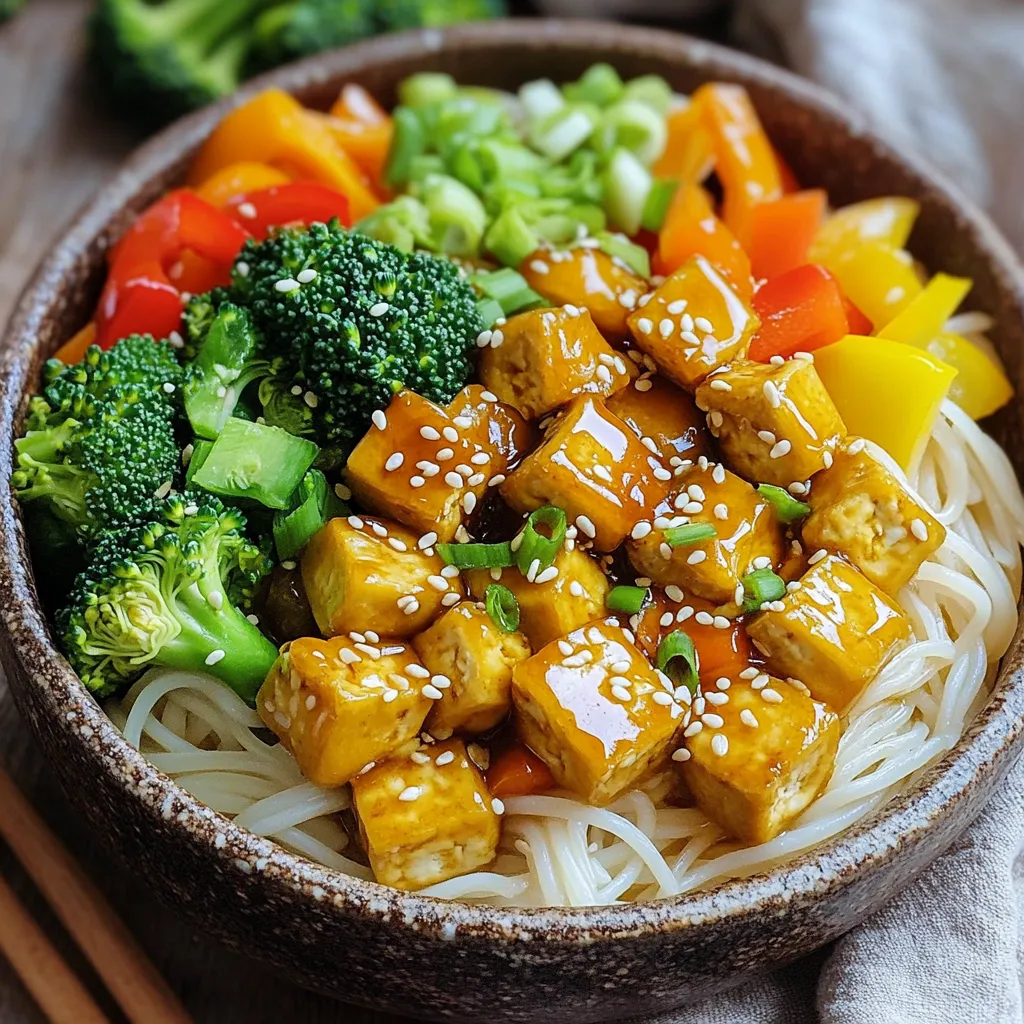 - Tofu und Marinade - 1 Block (400 g) fester Tofu, gepresst und gewürfelt - 3 Esslöffel Honig - 3 Esslöffel Sojasauce (oder Tamari für glutenfrei) - 2 Knoblauchzehen, fein gehackt - 1 Esslöffel Sesamöl - 1 Esslöffel Maisstärke - Gemüse - 1 Tasse Paprika (in Streifen, gemischte Farben) - 1 Tasse Brokkoliröschen - 1 Karotte, in feine Streifen geschnitten (Julienne) - 2 Frühlingszwiebeln, gehackt - Reisnudeln und Garnierung - 225 g Reisnudeln - Sesamsamen zur Garnierung - Salz und Pfeffer nach Geschmack Die Auswahl der Zutaten macht dieses Gericht besonders. Der Tofu ist die Grundlage und nimmt die Marinade gut auf. Honig und Sojasauce geben eine süße und salzige Note, während der Knoblauch einen tollen Geschmack bringt. Gemüse wie Paprika, Brokkoli und Karotten sorgt für Farbe und Crunch. Die Reisnudeln sind leicht und passen perfekt zu der Tofu-Gemüse-Mischung. Die Garnierung mit Frühlingszwiebeln und Sesamsamen sorgt für den letzten Schliff. Sie geben nicht nur Geschmack, sondern auch eine schöne Optik. Achten Sie darauf, frische Zutaten zu verwenden. Das macht einen großen Unterschied im Endergebnis. Um den Tofu vorzubereiten, beginne mit dem Pressen. Lege den Block Tofu auf ein Küchentuch und beschwere ihn mit etwas Schwerem. Lass ihn 15 Minuten so liegen. Das entzieht überschüssige Feuchtigkeit. Danach schneide den Tofu in Würfel von etwa 2,5 cm. Für die Marinade mische in einer Schüssel Honig, Sojasauce, gehackten Knoblauch und Sesamöl. Rühre gut um, bis alles vermischt ist. Füge die Tofu-Würfel hinzu und wende sie. Lass den Tofu mindestens 20 Minuten marinieren, damit er die Aromen aufnimmt. Während der Tofu mariniert, ist es Zeit, die Reisnudeln vorzubereiten. Koche sie gemäß den Anweisungen auf der Verpackung. Achte darauf, sie nicht zu lange zu kochen, damit sie nicht matschig werden. Nach dem Kochen lass die Nudeln abtropfen und stelle sie beiseite. Erhitze eine beschichtete Pfanne bei mittlerer Hitze. Füge die marinierten Tofu-Würfel hinzu. Bestreue sie gleichmäßig mit Maisstärke. Brate den Tofu 8 bis 10 Minuten, bis er goldbraun und leicht knusprig ist. Wende ihn dabei gelegentlich. Sobald der Tofu fertig ist, füge das geschnittene Gemüse hinzu. Paprika, Brokkoli und Karotte passen gut. Brate das Gemüse 5 bis 7 Minuten, bis es zart, aber knackig ist. Jetzt kommt der nächste Schritt: die Sauce. Gieße die aufbewahrte Marinade über den Tofu und das Gemüse in der Pfanne. Koche alles 2 bis 3 Minuten, bis die Sauce leicht eindickt. Schmecke mit Salz und Pfeffer ab. In einer großen Schüssel kombiniere die gekochten Reisnudeln mit der Tofu-Gemüse-Mischung. Vermenge alles vorsichtig, damit die Nudeln nicht zerbrechen. Jetzt sind deine Honey Garlic Tofu Noodle Bowls fast fertig zum Servieren! - Die richtige Vorbereitung ist wichtig. Pressen Sie den Tofu für 15 Minuten, um überschüssige Feuchtigkeit zu entfernen. So wird der Tofu knuspriger. - Schneiden Sie den gepressten Tofu in gleichmäßige Würfel. Diese Größe hilft beim Braten. - Beim Braten den Tofu gleichmäßig mit Maisstärke bestreuen. Das sorgt für eine schöne, goldbraune Kruste. - Sie können verschiedene Gemüsesorten verwenden. Paprika, Brokkoli und Karotten sind toll, aber denken Sie auch an Zucchini oder Spinat. - Wenn Sie frisches Gemüse nicht haben, sind gefrorene Optionen auch gut. Sie sind oft gleichwertig in Geschmack und Nährstoffen. - Experimentieren Sie mit Farben. Bunte Gemüse machen Ihre Schalen lebendiger und appetitlicher. - Um die Schalen ansprechend zu gestalten, verwenden Sie große, flache Teller. - Garnieren Sie die Schalen mit gehackten Frühlingszwiebeln und Sesamsamen. Das sorgt für einen frischen Look. - Fügen Sie einen Spritzer Limettensaft vor dem Servieren hinzu. Das bringt die Aromen noch besser zur Geltung. {{image_4}} Wenn du eine vegane Variante machen möchtest, kannst du Agavendicksaft anstelle von Honig verwenden. Agavendicksaft hat einen ähnlichen süßen Geschmack und funktioniert gut in der Marinade. Diese Wahl macht das Gericht perfekt für alle, die tierische Produkte vermeiden. Du wirst es lieben, wie gut der Agavendicksaft mit dem Knoblauch und der Sojasauce harmoniert. Für eine glutenfreie Version nutze Tamari als Sojasaucenersatz. Tamari hat einen reichen Geschmack und bietet eine tolle Option für Menschen mit Glutenunverträglichkeit. Es funktioniert genauso gut wie normale Sojasauce und verleiht den Nudelschalen einen köstlichen Umami-Geschmack. Wenn du mehr Protein in dein Gericht bringen möchtest, füge Hühnchen oder Garnelen hinzu. Diese Zutaten sind einfach zuzubereiten und passen gut zu den Aromen des Tofus. Brate sie einfach in der Pfanne an, bevor du das Gemüse hinzufügst. So bekommst du eine nahrhafte und leckere Mahlzeit, die dich lange satt hält. Um die Reste der Honey Garlic Tofu Noodle Bowls frisch zu halten, solltest du sie in einem luftdichten Behälter im Kühlschrank aufbewahren. Achte darauf, die Schalen vollständig abkühlen zu lassen, bevor du sie lagerst. So bleibt der Geschmack intensiv und die Texturen gut. Die Reste sind bis zu drei Tage haltbar. Wenn du die Reste in kleineren Portionen aufteilst, kannst du sie leicht aufwärmen. Die besten Methoden zum Aufwärmen sind die Mikrowelle oder eine Pfanne. Wenn du die Mikrowelle verwendest, stelle sicher, dass du die Mischung gleichmäßig verteilst. Erhitze die Schalen in Intervallen von 30 Sekunden, um ein Überkochen zu vermeiden. In einer Pfanne kannst du die Nudeln bei mittlerer Hitze mit etwas Wasser oder Öl aufwärmen. Das hält die Nudeln saftig und verhindert, dass sie kleben. Tofu bleibt im Kühlschrank etwa fünf bis sieben Tage frisch, wenn er ungeöffnet ist. Nach dem Öffnen solltest du den Tofu in Wasser lagern und täglich das Wasser wechseln. Gemüse wie Paprika und Brokkoli sind im Kühlschrank etwa vier bis fünf Tage haltbar. Achte darauf, sie in einem trockenen Behälter zu lagern, um Schimmel zu vermeiden. So bleiben deine Zutaten frisch und bereit für das nächste köstliche Gericht! Die Honey Garlic Tofu Noodle Bowls halten sich gut im Kühlschrank. Du kannst sie bis zu drei Tage aufbewahren. Achte darauf, die Schalen in einem luftdichten Behälter zu lagern. So bleibt der Geschmack frisch. Wenn du die Schalen aufwärmst, füge etwas Wasser hinzu, um die Nudeln wieder saftig zu machen. Ja, du kannst die Nudeln im Voraus zubereiten. Koche die Reisnudeln und lasse sie abkühlen. Bewahre sie in einem luftdichten Behälter im Kühlschrank auf. So sparst du Zeit, wenn du das Gericht zubereitest. Wenn du die Nudeln aufwärmst, füge etwas Wasser hinzu. So bleiben sie weich und lecker. Es gibt viele tolle Beilagen zu diesen Nudelschalen. Ein frischer Salat passt gut dazu. Du kannst auch gedämpftes Gemüse servieren. Für einen besonderen Genuss reicht ein kaltes Getränk wie grüner Tee oder Eistee. Diese Getränke ergänzen die Aromen des Gerichts perfekt. In diesem Artikel haben wir das Rezept für Honey Garlic Tofu Noodle Bowls behandelt. Wir haben die Zutaten, die Zubereitung und Tipps für perfekte Ergebnisse besprochen. Variationen und Aufbewahrungshinweise helfen dir, die Schalen anzupassen und frisch zu halten. Wenn du diese Schritte befolgst, kannst du ein leckeres, gesundes Gericht zubereiten. Probiere es aus und genieße die Vielfalt!