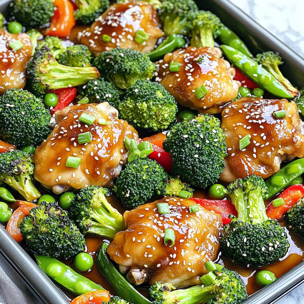 - 680 g Hähnchenschenkel, entbeint und ohne Haut - 2 Tassen Brokkoliröschen - 1 rote Paprika, in Scheiben geschnitten - 1 Tasse Zuckerschoten - 120 ml Teriyakisoße - 2 Esslöffel Sesamöl - 2 Knoblauchzehen, fein gehackt - 1 Teelöffel frischer Ingwer, gerieben - Sesamkörner - Frühlingszwiebeln, in Ringe geschnitten Ich liebe die Vielfalt der Zutaten in diesem Gericht. Die Hähnchenschenkel sind saftig und zart, perfekt für unser Rezept. Brokkoli bringt Farbe und Nährstoffe mit. Zuckerschoten und rote Paprika fügen Süße hinzu und machen das Gericht noch knuspriger. Die Marinade ist der Schlüssel. Teriyakisoße gibt dem Hühnchen einen tollen Geschmack. Sesamöl sorgt für ein nussiges Aroma. Der Knoblauch und der Ingwer bringen Frische und Tiefe. Diese Zutaten machen das Gericht besonders. Für die Garnierung verwenden wir Sesamkörner. Sie sorgen für einen schönen Crunch. Die geschnittenen Frühlingszwiebeln fügen einen Hauch von Farbe und Geschmack hinzu. So wird das Gericht nicht nur lecker, sondern auch schön anzusehen. Heize deinen Ofen auf 200°C (400°F) vor. Das hilft beim gleichmäßigen Garen. Lege ein großes Backblech mit Backpapier aus. Das macht die Reinigung einfacher und verhindert das Anhaften. Vermische in einer großen Schüssel die Teriyakisoße, das Sesamöl, den gehackten Knoblauch und den geriebenen Ingwer. Diese Mischung bringt viel Geschmack. Füge die Hähnchenschenkel hinzu und rühre gut um. Lass das Hühnchen für 15 Minuten marinieren. So ziehen die Aromen gut ein. Während das Hühnchen mariniert, bereite das Gemüse vor. Schneide die rote Paprika in Streifen. Mische die Brokkoliröschen und die Zuckerschoten in einer separaten Schüssel. Gib einen Schuss Olivenöl dazu und würze sie mit Salz und Pfeffer. Das gibt dem Gemüse einen tollen Geschmack. Lege die marinierten Hähnchenschenkel in die Mitte des Backblechs. Verteile das Gemüse gleichmäßig um das Hühnchen herum. So gart alles gleichmäßig. Schiebe das Blech in den vorgeheizten Ofen. Backe alles für 25-30 Minuten. Achte darauf, dass das Hühnchen eine Innentemperatur von 75°C (165°F) erreicht. Nimm das Backblech nach dem Garen aus dem Ofen. Lass das Gericht einige Minuten ruhen. Bestreue das Hühnchen und das Gemüse mit Sesamkörnern. Füge die geschnittenen Frühlingszwiebeln hinzu. So sieht dein Gericht nicht nur gut aus, sondern schmeckt auch frisch. Serviere es direkt vom Blech für einen rustikalen Look oder richte es auf Tellern an. - Überwache die Innentemperatur. Hühnchen sollte 75°C (165°F) erreichen. - Beachte die Ruhezeit. Lasse das Hühnchen nach dem Garen mindestens fünf Minuten ruhen. So bleiben die Säfte im Fleisch. - Richtiges Timing ist wichtig. Brokkoli und Zuckerschoten brauchen nicht lange im Ofen. Backe sie zusammen mit dem Hühnchen. - Alternativ kannst du das Gemüse auch blanchieren. Das erhält die Farbe und den Crunch. - Variiere die Teriyakisauce. Füge Ananassaft oder Honig für mehr Süße hinzu. - Experimentiere mit Gewürzen und Kräutern. Koriander oder Chili geben eine schöne Note. {{image_4}} Du kannst andere Gemüsesorten zu deinem Gericht hinzufügen. Karotten, Paprika oder Zucchini passen gut. Sie geben deinem Gericht mehr Farbe und Geschmack. Du kannst auch saisonale Gemüse nutzen. Im Frühling sind Spargel und Erbsen lecker. Im Herbst sind Kürbis und Rosenkohl sehr frisch. Das macht dein Gericht vielseitig und spannend. Wenn du kein Hähnchen magst, gibt es viele Alternativen. Du kannst Hähnchenbrust oder Putenbrust verwenden. Für eine andere Textur probiere Hähnchenflügel. Für vegetarische oder vegane Optionen sind Tofu oder Tempeh ideal. Sie nehmen die Aromen der Marinade gut auf. So kannst du eine gesunde, pflanzliche Mahlzeit kreieren. Eine hausgemachte Teriyakisauce ist einfach und lecker. Du kannst Sojasauce, Honig und Mirin mischen. Das gibt deinem Gericht eine frische Note. Außerdem kannst du andere Geschmacksrichtungen ausprobieren. Mische die Teriyakisoße mit Chili für einen scharfen Kick. Oder füge Ananas hinzu für eine süße Note. Diese Variationen bringen neue Ideen in dein Kochen! Wenn du Reste hast, lagere sie richtig. - Kühlschranklagerung: Lege die Reste in einen luftdichten Behälter. So bleiben sie frisch. Du kannst sie bis zu drei Tage im Kühlschrank aufbewahren. - Gefrieroptionen: Wenn du länger aufbewahren willst, friere das Gericht ein. Verwende einen gefrierfesten Behälter oder einen Beutel. So bleibt der Geschmack erhalten. Du kannst die Reste bis zu drei Monate im Gefrierfach lassen. Das Aufwärmen ist einfach. Hier sind die besten Methoden. - Beste Methoden für das Aufwärmen: Du kannst die Reste in der Mikrowelle oder im Ofen aufwärmen. In der Mikrowelle, stelle die Leistung auf mittel und wärme in kurzen Intervallen. Im Ofen, heize ihn auf 180°C. Lege das Gericht in eine Auflaufform und decke es ab. - Geschmack und Konsistenz erhalten: Füge beim Aufwärmen etwas Wasser oder Brühe hinzu. So bleibt das Gericht saftig und lecker. Achte darauf, das Gemüse nicht zu lange zu erhitzen. So bleibt es knackig und frisch. Die Zubereitungszeit für dieses Gericht beträgt 15 Minuten. Die Kochzeit ist 25 bis 30 Minuten. Insgesamt brauchst du also etwa 45 Minuten. Das ist schnell und einfach, perfekt für ein schnelles Abendessen. Ja, du kannst das Rezept im Voraus vorbereiten. Marinieren das Hühnchen bis zu einem Tag vorher. Das macht die Aromen noch intensiver. Das Gemüse kannst du ebenfalls im Voraus schneiden. Lagere beides im Kühlschrank. So sparst du Zeit am Kochabend. Wenn du keine Teriyakisoße hast, kannst du Sojasauce nutzen. Füge etwas Honig oder braunen Zucker hinzu, um die Süße zu erreichen. Auch eine Mischung aus Sojasauce, Essig und Honig funktioniert gut. Sei kreativ und passe die Aromen an. Um das Gericht glutenfrei zu machen, wähle eine glutenfreie Teriyakisoße. Es gibt mehrere Marken, die glutenfreie Optionen anbieten. Achte auch auf die Sojasauce. Sojasauce gibt es auch in glutenfreier Form. So bleibt dein Gericht lecker und glutenfrei. Schneide das Hühnchen in gleichmäßige Stücke. So garen sie gleichmäßig. Verwende ein scharfes Messer. Beginne mit der Brust oder den Schenkeln. Achte darauf, die Haut und die Knochen zu entfernen. Serviere die Stücke auf einem Teller für eine schöne Präsentation. Zusammenfassend haben wir leckere Zutaten, einfache Schritte und hilfreiche Tipps für dein Gericht entdeckt. Du hast gelernt, wie man Hähnchenschenkel perfekt mariniert und Gemüse zubereitet. Variationen geben dir Freiheit, das Rezept anzupassen. Achte darauf, Reste richtig zu lagern oder aufzuwärmen. Mit diesem Wissen kannst du schmackhafte Mahlzeiten schnell zubereiten. Lass deine Kreativität beim Kochen fließen und genieße jedes Gericht.