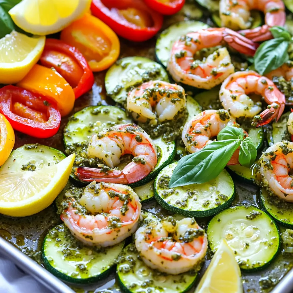 - 450 g große Garnelen, geschält und entdarmt - 2 mittelgroße Zucchini, in Halbmonde geschnitten - 1 Paprika (nach Wahl), in Streifen geschnitten - 240 ml Kirschtomaten, halbiert Die Garnelen sind zart und voller Geschmack. Zucchini bringt Frische und eine schöne Textur. Paprika fügt Süße und Farbe hinzu. Kirschtomaten machen das Gericht saftig und lecker. - 60 ml Pesto (fertig gekauft oder hausgemacht) - 45 ml Olivenöl - 2 Knoblauchzehen, fein gehackt - Salz und Pfeffer nach Geschmack Pesto ist der Star, der alles verbindet. Es gibt dem Gericht einen italienischen Flair. Olivenöl sorgt für einen leichten Geschmack und hilft beim Braten. Knoblauch bringt einen tollen Duft und Geschmack mit. - Frische Basilikumblätter zum Garnieren - Zitronenschnitze zum Servieren Das Garnieren mit frischem Basilikum macht das Gericht lebendig. Zitronenschnitze fügen Frische hinzu und heben die Aromen hervor. Es ist eine einfache Möglichkeit, das Gericht zu verbessern und jedem Bissen mehr Geschmack zu geben. Heize deinen Ofen auf 200 °C (400 °F) vor. Diese Temperatur sorgt dafür, dass die Garnelen zart werden und das Gemüse schön röstet. Wenn der Ofen die richtige Temperatur erreicht hat, bist du bereit für den nächsten Schritt. Nimm eine große Schüssel. Gib die geschälten Garnelen, die Zucchini-Halbmonde, die Paprika-Streifen und die halbierten Kirschtomaten hinein. Füge die fein gehackten Knoblauchzehen, das Olivenöl und das Pesto hinzu. Mische alles gut durch. Achte darauf, dass die Garnelen und das Gemüse gleichmäßig mit dem Pesto bedeckt sind. Das sorgt für Geschmack in jedem Bissen. Lege ein großes Backblech mit Backpapier aus. Verteile die Pesto-Garnelen und das Gemüse gleichmäßig darauf. Achte darauf, dass nichts übereinanderliegt. So wird alles gleichmäßig gar. Würze die Mischung nach deinem Geschmack mit Salz und Pfeffer. Jetzt ist alles bereit für den Ofen. Die Garnelen sind der Star dieses Gerichts. Um sie perfekt zuzubereiten, achte auf die Garzeit. Backe sie bei 200 °C für 12-15 Minuten. Sie sind fertig, wenn sie rosa und fest sind. Überbacke sie nicht, da sie sonst zäh werden. Halte die Temperatur konstant, damit sie gleichmäßig garen. Das Gemüse macht das Gericht bunt und lecker. Schneide die Zucchini in Halbmonde. Achte darauf, dass sie gleich groß sind. So garen sie gleichmäßig. Die Paprika sollte in Streifen sein, um einen schönen Biss zu haben. Halbiere die Kirschtomaten, damit sie ihren Saft abgeben. All diese Tricks helfen, das Gemüse perfekt zu garen. Pesto bringt Geschmack in das Gericht. Du kannst es selbst machen oder fertig kaufen. Selbstgemachtes Pesto hat oft mehr Geschmack. Probiere verschiedene Nüsse oder Kräuter, um deinen eigenen Stil zu finden. Bei gekauftem Pesto achte auf die Zutaten. Wähle Marken ohne Zusatzstoffe, um die beste Qualität zu bekommen. {{image_4}} Wenn Sie die Garnelen ersetzen möchten, probieren Sie Tofu oder Kichererbsen. Tofu nimmt den Geschmack von Pesto gut auf. Schneiden Sie ihn in Würfel und braten Sie ihn vorher an. Kichererbsen bringen eine nussige Note. Sie sind proteinreich und passen gut zu Gemüse. Zucchini ist toll, aber Sie können auch andere Gemüse verwenden. Paprika ist eine gute Wahl. Brokkoli und grüne Bohnen bringen Farbe und Textur. Achten Sie auf saisonales Gemüse. Im Sommer sind Auberginen und Paprika frisch und lecker. Im Herbst sind Kürbis und Wurzelgemüse ideal. Experimentieren Sie mit Kräutern und Gewürzen. Fügen Sie italienische Kräuter wie Oregano oder Thymian hinzu. Für einen scharfen Kick probieren Sie Chili-Flocken. Frisches Basilikum bringt Frische. Sie können auch geriebenen Parmesan hinzufügen, um mehr Geschmack zu geben. Bewahre die Reste von Blech-Pfanne Pesto Garnelen & Zucchini in einem luftdichten Behälter auf. Der Kühlschrank ist eine gute Option für die kurzfristige Lagerung. Du kannst die Reste bis zu drei Tage im Kühlschrank lassen. Wenn du mehr Zeit brauchst, kannst du die Reste auch im Gefrierschrank aufbewahren. In einem gefrierfesten Behälter halten sie bis zu drei Monate. Die beste Methode zum Aufwärmen ist der Ofen. Heize den Ofen auf 175 °C vor und lege die Reste auf ein Backblech. Backe sie für etwa 10 Minuten, bis sie warm sind. Du kannst auch die Mikrowelle nutzen. Stelle sie auf mittlere Leistung und erwärme die Reste in kurzen Abständen von 30 Sekunden. Rühre zwischendurch um, damit sie gleichmäßig warm werden. Die Reste sind im Kühlschrank etwa drei Tage haltbar. Wenn du sie im Gefrierschrank aufbewahrst, halte dich an die drei Monate. Achte darauf, die Reste gut zu verpacken, damit sie nicht austrocknen. Wenn du Anzeichen von Gefrierbrand siehst, solltest du die Reste nicht mehr essen. Die Zubereitung dauert insgesamt nur 25 Minuten. Sie brauchen 10 Minuten für die Vorbereitung. Das Kochen im Ofen dauert 12 bis 15 Minuten. So können Sie schnell eine leckere Mahlzeit zubereiten. Ja, Sie können das Rezept im Voraus zubereiten. Mischen Sie die Garnelen und das Gemüse mit dem Pesto. Decken Sie die Schüssel ab und stellen Sie sie in den Kühlschrank. Bereiten Sie das Gericht bis zu 24 Stunden vor. So sparen Sie Zeit am Kochtag. Zu diesem Gericht passen viele Beilagen gut. Hier sind einige Vorschläge: - Reis: Einfacher, gekochter Reis ergänzt die Aromen. - Quinoa: Nussiger Quinoa bringt eine tolle Textur. - Salat: Ein frischer grüner Salat sorgt für einen leichten Kontrast. - Brot: Ein Stück knuspriges Baguette ist ideal zum Dippen. Wählen Sie die Beilage, die Ihnen am besten gefällt! In diesem Blogbeitrag haben wir die Zutaten und Schritte für ein einfaches Garnelen-Gericht besprochen. Du lernst, wie du Garnelen und Gemüse mit Pesto vermengst und sie perfekt zubereitest. Wir haben Tipps für Variationen gegeben und erklärt, wie du Reste aufbewahren kannst. Egal, ob du dein Gericht anpassen oder neue Zutaten ausprobieren möchtest, die Möglichkeiten sind endlos. Mach dieses Rezept zu deinem eigenen und genieße leckere Mahlzeiten!