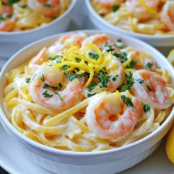 Für die cremige Zitronenbutter-Garnelenpasta brauchst du: - 225 g Spaghetti oder Linguine - 450 g große Garnelen, geschält und entdarmt - 56 g ungesalzene Butter (geteilt) - 30 ml Olivenöl - 4 Knoblauchzehen, fein gehackt - 240 ml Schlagsahne - 1 Zitrone, abgerieben und ausgepresst - 50 g geriebener Parmesan - Salz und Pfeffer nach Geschmack Die Gewürze verleihen dem Gericht Geschmack und Tiefe. Verwende: - 1/4 Teelöffel rote Pfefferflocken (optional) - Frische Petersilie, gehackt, zum Garnieren Du kannst das Gericht variieren. Probiere: - Mehr Parmesan für zusätzlichen Geschmack - Zitronenscheiben als frische Garnitur - Gegrilltes Gemüse für eine bunte Note Diese Zutaten machen deine Pasta zu einem echten Genuss! Bringe in einem großen Topf gesalzenes Wasser zum Kochen. Füge 225 g Spaghetti oder Linguine hinzu. Koche die Pasta, bis sie al dente ist, gemäß der Verpackungsanleitung. Danach gieße die Pasta ab, aber behalte 120 ml des Nudelwassers. Das Nudelwasser hilft, die Sauce später zu binden. In einer großen Pfanne erhitze 28 g Butter mit 30 ml Olivenöl bei mittlerer Hitze. Wenn die Butter geschmolzen ist, füge 4 fein gehackte Knoblauchzehen hinzu. Brate den Knoblauch für etwa 1 Minute, bis er duftet. Gib dann 450 g geschälte und entdarmte Garnelen in die Pfanne. Würze sie mit Salz, Pfeffer und optional mit 1/4 Teelöffel roten Pfefferflocken. Koche die Garnelen 2-3 Minuten auf jeder Seite, bis sie rosa und durchscheinend sind. Nimm die Garnelen aus der Pfanne und stelle sie beiseite. Reduziere die Hitze der Pfanne auf niedrig. Füge die restlichen 28 g Butter, 240 ml Schlagsahne, den Saft und den Abrieb von 1 Zitrone hinzu. Rühre die Mischung gut um und lasse sie 2-3 Minuten köcheln. Die Sauce wird leicht dicker. Jetzt kommst du mit der gekochten Pasta dazu. Wirf die Pasta in die Pfanne, damit sie die cremige Sauce aufnimmt. Ist die Sauce zu dick? Füge nach und nach etwas vom aufbewahrten Nudelwasser hinzu, bis die Konsistenz perfekt ist. Rühre 50 g geriebenen Parmesan unter die Sauce, bis er schmilzt. Gib dann die Garnelen zurück in die Pfanne und vermenge alles gut. Abschließend kannst du nach Geschmack mit Salz und Pfeffer würzen. Um die besten Garnelen zu bekommen, achte auf die Größe. Große Garnelen sind saftiger und geschmackvoller. Du solltest sie immer frisch kaufen, wenn möglich. Wenn du gefrorene Garnelen verwendest, tau sie vorher gut auf. Erhitze die Pfanne mit Butter und Olivenöl. Füge den Knoblauch hinzu, bis er duftet. Gib dann die Garnelen in die Pfanne. Koche sie kurz, bis sie rosa sind. Überkoche sie nicht, sonst werden sie gummiartig. Die Sauce ist der Star dieses Gerichts. Du kannst sie nach deinem Geschmack ändern. Wenn du es schärfer magst, füge mehr rote Pfefferflocken hinzu. Für mehr Frische kannst du auch etwas Zitronenschale oder -saft mehr verwenden. Wenn du die Sauce cremiger magst, gib mehr Sahne hinein. Für eine leichtere Version kannst du die Sahne durch griechischen Joghurt ersetzen. Experimentiere, bis du deine perfekte Mischung gefunden hast. Eine schöne Präsentation macht dein Essen noch besser. Verwende große, flache Schalen für die Pasta. Garniere das Gericht mit frischer Petersilie. Ein zusätzlicher Spritzer Zitronensaft kann auch ganz toll aussehen. Du kannst auch etwas Parmesan darüber reiben. Ein Zitronenschnitz an der Seite macht das Gericht einladend. Denke daran, das Essen warm zu servieren, damit die Aromen frisch bleiben. {{image_4}} Du kannst diese leckere Pasta ganz einfach vegetarisch machen. Statt Garnelen nimmst du gebratene Champignons oder Zucchini. Diese Gemüsesorten geben der Pasta einen tollen Geschmack. Die Zubereitung bleibt gleich. Koche die Pasta wie beschrieben und bereite die Sauce einfach ohne Garnelen vor. Du kannst auch etwas mehr Gemüse hinzufügen, zum Beispiel Spinat oder Brokkoli. Das macht das Gericht bunt und nahrhaft. Es gibt viele Möglichkeiten, den Geschmack zu variieren. Probiere verschiedene Kräuter wie Thymian oder Basilikum. Sie bringen frische Aromen in die Sauce. Du kannst auch etwas Weißwein in die Pfanne geben, bevor du die Sahne hinzufügst. Das verleiht dem Gericht eine feine Note. Wenn du es schärfer magst, füge mehr rote Pfefferflocken hinzu oder probiere frischen Chili. Um die Pasta noch nahrhafter zu machen, füge einfach Gemüse hinzu. Erbsen, Paprika oder Mangold passen gut dazu. Diese Zutaten steigern den Nährwert und bringen Farbe auf den Teller. Du kannst auch Nüsse wie Pinienkerne oder Walnüsse rösten und darüber streuen. Das gibt einen tollen Crunch und gesunde Fette. So wird deine Pasta nicht nur lecker, sondern auch voll von wichtigen Nährstoffen. Wenn du Reste von der cremigen Zitronenbutter-Garnelenpasta hast, bewahre sie in einem luftdichten Behälter auf. Achte darauf, dass die Pasta vollständig abgekühlt ist, bevor du sie verpackst. So bleibt der Geschmack frisch und die Konsistenz bleibt erhalten. Du kannst die Reste bis zu drei Tage im Kühlschrank lagern. Beim Wiedererwärmen empfehle ich, die Pasta in einer Pfanne bei mittlerer Hitze zu erwärmen. Füge einen Schuss Milch oder etwas Nudelwasser hinzu. Das hilft, die Sauce wieder cremig zu machen. Rühre die Pasta häufig um, damit sie gleichmäßig warm wird. Vermeide die Mikrowelle, da sie die Textur der Pasta verändern kann. Die Haltbarkeit dieser Pasta im Kühlschrank beträgt etwa drei Tage. Nach dieser Zeit kann die Qualität abnehmen. Wenn du die Pasta länger aufbewahren willst, friere sie ein. Im Gefrierschrank hält sie bis zu drei Monate. Achte darauf, die Pasta gut zu verpacken, um Gefrierbrand zu vermeiden. Um die Sauce leichter zu machen, nutzen Sie weniger Butter und Sahne. Ersetzen Sie einen Teil der Sahne durch Milch. Dies senkt die Kalorienzahl, ohne den Geschmack zu verlieren. Sie können auch griechischen Joghurt verwenden, um eine cremige Textur zu erhalten. Fügen Sie mehr Zitronensaft hinzu, um die Frische zu betonen. Ja, gefrorene Garnelen sind perfekt für dieses Rezept. Achten Sie darauf, die Garnelen vorher aufzutauen. Lassen Sie sie über Nacht im Kühlschrank oder tauen Sie sie schnell unter kaltem Wasser auf. So bleibt die Textur der Garnelen gut. Gefrorene Garnelen sind oft ebenso schmackhaft wie frische. Es gibt viele Pasta-Optionen für dieses Gericht. Linguine ist eine gute Wahl, da sie ähnlich ist. Sie können auch Fettuccine oder Penne verwenden. Wenn Sie eine glutenfreie Option möchten, probieren Sie glutenfreie Pasta. Sie können sogar Zucchini-Nudeln für eine leichtere Variante verwenden. In diesem Artikel haben wir die Zutaten und den Kochprozess für ein Garnelenpasta-Gericht behandelt. Wir haben Tipps zur perfekten Zubereitung gegeben und Variationen besprochen, wie z. B. vegetarische Alternativen. Auch Lagerinformationen und häufige Fragen wurden beantwortet. Die Zubereitung kann einfach und kreativ sein. Nutze die variablen Zutaten, um dein einzigartiges Gericht zu kreieren! Probiere verschiedene Gewürze aus und genieße die Vielfalt. Kochen macht Spaß und bringt Genuss auf den Tisch!