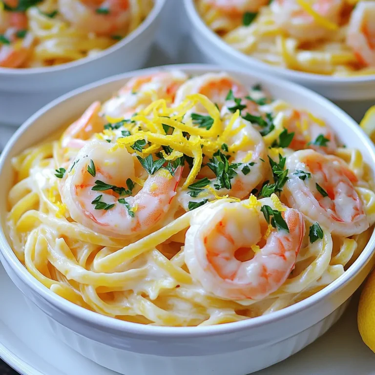 Für die cremige Zitronenbutter-Garnelenpasta brauchst du: - 225 g Spaghetti oder Linguine - 450 g große Garnelen, geschält und entdarmt - 56 g ungesalzene Butter (geteilt) - 30 ml Olivenöl - 4 Knoblauchzehen, fein gehackt - 240 ml Schlagsahne - 1 Zitrone, abgerieben und ausgepresst - 50 g geriebener Parmesan - Salz und Pfeffer nach Geschmack Die Gewürze verleihen dem Gericht Geschmack und Tiefe. Verwende: - 1/4 Teelöffel rote Pfefferflocken (optional) - Frische Petersilie, gehackt, zum Garnieren Du kannst das Gericht variieren. Probiere: - Mehr Parmesan für zusätzlichen Geschmack - Zitronenscheiben als frische Garnitur - Gegrilltes Gemüse für eine bunte Note Diese Zutaten machen deine Pasta zu einem echten Genuss! Bringe in einem großen Topf gesalzenes Wasser zum Kochen. Füge 225 g Spaghetti oder Linguine hinzu. Koche die Pasta, bis sie al dente ist, gemäß der Verpackungsanleitung. Danach gieße die Pasta ab, aber behalte 120 ml des Nudelwassers. Das Nudelwasser hilft, die Sauce später zu binden. In einer großen Pfanne erhitze 28 g Butter mit 30 ml Olivenöl bei mittlerer Hitze. Wenn die Butter geschmolzen ist, füge 4 fein gehackte Knoblauchzehen hinzu. Brate den Knoblauch für etwa 1 Minute, bis er duftet. Gib dann 450 g geschälte und entdarmte Garnelen in die Pfanne. Würze sie mit Salz, Pfeffer und optional mit 1/4 Teelöffel roten Pfefferflocken. Koche die Garnelen 2-3 Minuten auf jeder Seite, bis sie rosa und durchscheinend sind. Nimm die Garnelen aus der Pfanne und stelle sie beiseite. Reduziere die Hitze der Pfanne auf niedrig. Füge die restlichen 28 g Butter, 240 ml Schlagsahne, den Saft und den Abrieb von 1 Zitrone hinzu. Rühre die Mischung gut um und lasse sie 2-3 Minuten köcheln. Die Sauce wird leicht dicker. Jetzt kommst du mit der gekochten Pasta dazu. Wirf die Pasta in die Pfanne, damit sie die cremige Sauce aufnimmt. Ist die Sauce zu dick? Füge nach und nach etwas vom aufbewahrten Nudelwasser hinzu, bis die Konsistenz perfekt ist. Rühre 50 g geriebenen Parmesan unter die Sauce, bis er schmilzt. Gib dann die Garnelen zurück in die Pfanne und vermenge alles gut. Abschließend kannst du nach Geschmack mit Salz und Pfeffer würzen. Um die besten Garnelen zu bekommen, achte auf die Größe. Große Garnelen sind saftiger und geschmackvoller. Du solltest sie immer frisch kaufen, wenn möglich. Wenn du gefrorene Garnelen verwendest, tau sie vorher gut auf. Erhitze die Pfanne mit Butter und Olivenöl. Füge den Knoblauch hinzu, bis er duftet. Gib dann die Garnelen in die Pfanne. Koche sie kurz, bis sie rosa sind. Überkoche sie nicht, sonst werden sie gummiartig. Die Sauce ist der Star dieses Gerichts. Du kannst sie nach deinem Geschmack ändern. Wenn du es schärfer magst, füge mehr rote Pfefferflocken hinzu. Für mehr Frische kannst du auch etwas Zitronenschale oder -saft mehr verwenden. Wenn du die Sauce cremiger magst, gib mehr Sahne hinein. Für eine leichtere Version kannst du die Sahne durch griechischen Joghurt ersetzen. Experimentiere, bis du deine perfekte Mischung gefunden hast. Eine schöne Präsentation macht dein Essen noch besser. Verwende große, flache Schalen für die Pasta. Garniere das Gericht mit frischer Petersilie. Ein zusätzlicher Spritzer Zitronensaft kann auch ganz toll aussehen. Du kannst auch etwas Parmesan darüber reiben. Ein Zitronenschnitz an der Seite macht das Gericht einladend. Denke daran, das Essen warm zu servieren, damit die Aromen frisch bleiben. {{image_4}} Du kannst diese leckere Pasta ganz einfach vegetarisch machen. Statt Garnelen nimmst du gebratene Champignons oder Zucchini. Diese Gemüsesorten geben der Pasta einen tollen Geschmack. Die Zubereitung bleibt gleich. Koche die Pasta wie beschrieben und bereite die Sauce einfach ohne Garnelen vor. Du kannst auch etwas mehr Gemüse hinzufügen, zum Beispiel Spinat oder Brokkoli. Das macht das Gericht bunt und nahrhaft. Es gibt viele Möglichkeiten, den Geschmack zu variieren. Probiere verschiedene Kräuter wie Thymian oder Basilikum. Sie bringen frische Aromen in die Sauce. Du kannst auch etwas Weißwein in die Pfanne geben, bevor du die Sahne hinzufügst. Das verleiht dem Gericht eine feine Note. Wenn du es schärfer magst, füge mehr rote Pfefferflocken hinzu oder probiere frischen Chili. Um die Pasta noch nahrhafter zu machen, füge einfach Gemüse hinzu. Erbsen, Paprika oder Mangold passen gut dazu. Diese Zutaten steigern den Nährwert und bringen Farbe auf den Teller. Du kannst auch Nüsse wie Pinienkerne oder Walnüsse rösten und darüber streuen. Das gibt einen tollen Crunch und gesunde Fette. So wird deine Pasta nicht nur lecker, sondern auch voll von wichtigen Nährstoffen. Wenn du Reste von der cremigen Zitronenbutter-Garnelenpasta hast, bewahre sie in einem luftdichten Behälter auf. Achte darauf, dass die Pasta vollständig abgekühlt ist, bevor du sie verpackst. So bleibt der Geschmack frisch und die Konsistenz bleibt erhalten. Du kannst die Reste bis zu drei Tage im Kühlschrank lagern. Beim Wiedererwärmen empfehle ich, die Pasta in einer Pfanne bei mittlerer Hitze zu erwärmen. Füge einen Schuss Milch oder etwas Nudelwasser hinzu. Das hilft, die Sauce wieder cremig zu machen. Rühre die Pasta häufig um, damit sie gleichmäßig warm wird. Vermeide die Mikrowelle, da sie die Textur der Pasta verändern kann. Die Haltbarkeit dieser Pasta im Kühlschrank beträgt etwa drei Tage. Nach dieser Zeit kann die Qualität abnehmen. Wenn du die Pasta länger aufbewahren willst, friere sie ein. Im Gefrierschrank hält sie bis zu drei Monate. Achte darauf, die Pasta gut zu verpacken, um Gefrierbrand zu vermeiden. Um die Sauce leichter zu machen, nutzen Sie weniger Butter und Sahne. Ersetzen Sie einen Teil der Sahne durch Milch. Dies senkt die Kalorienzahl, ohne den Geschmack zu verlieren. Sie können auch griechischen Joghurt verwenden, um eine cremige Textur zu erhalten. Fügen Sie mehr Zitronensaft hinzu, um die Frische zu betonen. Ja, gefrorene Garnelen sind perfekt für dieses Rezept. Achten Sie darauf, die Garnelen vorher aufzutauen. Lassen Sie sie über Nacht im Kühlschrank oder tauen Sie sie schnell unter kaltem Wasser auf. So bleibt die Textur der Garnelen gut. Gefrorene Garnelen sind oft ebenso schmackhaft wie frische. Es gibt viele Pasta-Optionen für dieses Gericht. Linguine ist eine gute Wahl, da sie ähnlich ist. Sie können auch Fettuccine oder Penne verwenden. Wenn Sie eine glutenfreie Option möchten, probieren Sie glutenfreie Pasta. Sie können sogar Zucchini-Nudeln für eine leichtere Variante verwenden. In diesem Artikel haben wir die Zutaten und den Kochprozess für ein Garnelenpasta-Gericht behandelt. Wir haben Tipps zur perfekten Zubereitung gegeben und Variationen besprochen, wie z. B. vegetarische Alternativen. Auch Lagerinformationen und häufige Fragen wurden beantwortet. Die Zubereitung kann einfach und kreativ sein. Nutze die variablen Zutaten, um dein einzigartiges Gericht zu kreieren! Probiere verschiedene Gewürze aus und genieße die Vielfalt. Kochen macht Spaß und bringt Genuss auf den Tisch!