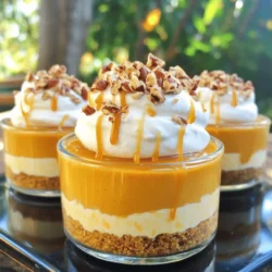 Für die Kürbiscreme benötigst du: - 1 Tasse Kürbispüree aus der Dose - 1 Tasse Frischkäse, weich - 1/2 Tasse Puderzucker - 1 Teelöffel Vanilleextrakt - 1 Teelöffel Pumpkin-Pie-Gewürz - 1 Tasse Schlagsahne oder Schlagsahne-Topping Diese Zutaten geben der Creme den leckeren Kürbisgeschmack. Das Kürbispüree sorgt für die perfekte Textur. Der Frischkäse macht die Creme schön cremig. Puderzucker süßt sie wunderbar, während Vanille und Gewürz ein tolles Aroma hinzufügen. Für die Kruste brauchst du: - 1 Tasse Graham-Cracker-Brösel - 1/4 Tasse geschmolzene Butter - 3 Esslöffel brauner Zucker Diese Zutaten geben der Kruste einen knusprigen Biss. Die Graham-Cracker-Brösel sind die Basis. Die geschmolzene Butter sorgt dafür, dass die Kruste gut zusammenhält. Brauner Zucker bringt einen feinen Karamellgeschmack. Für die Garnierung kannst du verwenden: - 4 Esslöffel Karamellsauce (zum Beträufeln) - Gehackte Pekannüsse oder Walnüsse Garnierungen machen die Becher noch schöner und leckerer. Die Karamellsauce gibt einen süßen Akzent. Die Nüsse bringen einen schönen Crunch und tollen Geschmack. So wird dein No-Bake Pumpkin Cream Pie Cup ein echter Hingucker! Um die Kruste zu machen, müssen Sie zuerst die Graham-Cracker-Brösel, die geschmolzene Butter und den braunen Zucker in eine Schüssel geben. Mischen Sie alles gut mit einem Löffel. Die Mischung sollte krümelig und feucht sein. Drücken Sie dann die Brösel fest in den Boden der Becher. Sie können Ihre Finger oder einen Löffel benutzen. Diese Kruste ist der perfekte Start für die Becher. Für die Kürbiscreme nehmen Sie eine große Schüssel. Geben Sie den weichen Frischkäse hinein und rühren Sie ihn glatt. Dann fügen Sie das Kürbispüree, den Puderzucker, den Vanilleextrakt und das Pumpkin-Pie-Gewürz hinzu. Rühren Sie alles gut zusammen, bis die Mischung cremig ist. Zum Schluss heben Sie vorsichtig die Schlagsahne darunter. Dies macht die Creme leicht und luftig. Nehmen Sie die fertige Kürbiscreme und füllen Sie sie in die Becher. Verwenden Sie dazu einen Löffel oder einen Spritzbeutel. Füllen Sie jeden Becher bis etwa drei Viertel voll. Danach stellen Sie die Becher für mindestens zwei Stunden in den Kühlschrank. Dies hilft der Creme, fest zu werden. Vor dem Servieren können Sie die Karamellsauce darüberträufeln. Wenn Sie möchten, streuen Sie gehackte Pekannüsse oder Walnüsse darauf. Um die beste Konsistenz zu erreichen, achte darauf, dass der Frischkäse weich ist. Das erleichtert das Mischen. Mische die Kürbiscreme gut, damit sie glatt wird. Wenn die Mischung zu dick ist, füge einen Schuss Sahne hinzu. So bleibt die Creme leicht und luftig. Du kannst deinen Bechern einen eigenen Twist geben. Probiere verschiedene Gewürze aus. Zimt oder Muskatnuss passen gut zu Kürbis. Du kannst auch einen Schuss Ahornsirup hinzufügen, um die Süße zu variieren. Für eine Schokoladen-Note, mische Kakaopulver unter die Creme. Achte darauf, die Kruste nicht zu fest zu drücken. Sie sollte locker bleiben, damit sie knusprig ist. Übermix die Kürbiscreme nicht, da sie sonst zu flüssig wird. Kühl die Becher lange genug im Kühlschrank. Das hilft der Creme, fest zu werden und sorgt für den besten Geschmack. {{image_4}} Wenn du glutenfrei essen möchtest, kannst du die Graham-Cracker-Brösel ersetzen. Verwende glutenfreie Kekse oder eine Mischung aus gemahlenen Mandeln und Kokosnussmehl. Diese Optionen bieten eine ähnliche Textur und Geschmack. Achte darauf, dass alle Zutaten glutenfrei sind. So genießt du die Becher ohne Sorge. Für eine vegane Version der Becher tausche den Frischkäse gegen veganen Frischkäse aus. Verwende auch eine pflanzliche Schlagsahne. Kürbispüree ist von Natur aus vegan, also bleibt es gleich. Nutze Agavensirup oder Kokosblütenzucker statt Puderzucker, um die Süße zu erreichen. Diese Anpassungen machen das Dessert für jeden zugänglich. Du kannst die Kürbiscreme mit verschiedenen Aromen anpassen. Probiere Zimt oder Muskatnuss für einen anderen Geschmack. Auch Schokoladenstückchen in der Creme sind eine tolle Idee. Du kannst die Karamellsauce durch Schokoladensauce ersetzen, um eine neue Note zu geben. Sei kreativ und mache die Becher nach deinem Geschmack! Bewahre die No-Bake Pumpkin Cream Pie Cups im Kühlschrank auf. Die Kälte hilft, die Creme fest zu halten. Stelle sicher, dass die Becher gut abgedeckt sind. Du kannst Frischhaltefolie oder einen Deckel verwenden. So bleibt die Creme frisch und lecker. Vermeide direkte Sonne oder Wärmequellen. Diese können die Textur und den Geschmack beeinträchtigen. Im Kühlschrank halten sich die Becher bis zu fünf Tage. Nach dieser Zeit kann die Qualität abnehmen. Die Creme könnte wässrig werden. Wenn du die Becher vorbereitet hast, plane, sie innerhalb der ersten paar Tage zu genießen. So bleibt der Geschmack frisch und intensiv. Überprüfe vor dem Essen immer auf Anzeichen von Verderb, wie einen unangenehmen Geruch. Das Einfrieren der Pumpkin Cream Pie Cups ist nicht ideal. Die Textur der Creme kann nach dem Auftauen leiden. Wenn du dennoch einfrieren möchtest, verwende luftdichte Behälter. Achte darauf, die Becher nicht zu überfüllen. Beim Auftauen stelle sie über Nacht in den Kühlschrank. So behält die Creme mehr von ihrer Textur. Serviere sie kalt für ein erfrischendes Dessert. Ja, du kannst frischen Kürbis verwenden. Koche den Kürbis zuerst. Danach püriere ihn glatt. Das gibt einen tollen Geschmack. Du kannst etwa eine Tasse frisches Kürbispüree nehmen. Achte darauf, dass es gut abgekühlt ist, bevor du es zur Creme gibst. Du kannst die Becher bis zu zwei Tage im Voraus zubereiten. Stelle sie einfach in den Kühlschrank. So ziehen die Aromen gut durch. Das macht die Becher sogar noch besser im Geschmack. Stelle sicher, dass sie gut abgedeckt sind, damit sie frisch bleiben. Es gibt viele tolle Toppings für diese Becher. Du kannst Schlagsahne darauf geben. Auch gehackte Nüsse wie Pekannüsse oder Walnüsse sind lecker. Ein Spritzer Karamellsauce oder Schokoladensauce macht sie besonders. Zudem kannst du einen Hauch von Zimt oder Muskatnuss oben drauf streuen. In diesem Artikel haben wir die Zutaten für leckere Kürbisbecher besprochen. Wir haben die Hauptzutaten für die Kürbiscreme und die Kruste sowie Optionen für Garnierungen behandelt. Ich habe Schritt für Schritt erklärt, wie du die Kruste zubereitest und die Becher füllst. Tipps helfen dir, die perfekte Konsistenz zu erreichen und Fehler zu vermeiden. Denk daran, dass du Varianten wie glutenfreie und vegane Optionen ausprobieren kannst. Mit diesen Tipps kannst du köstliche Kürbisbecher selbst machen und sie optimal lagern. Viel Spaß beim Ausprobieren!