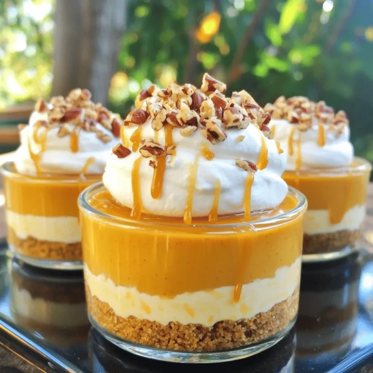 Für die Kürbiscreme benötigst du: - 1 Tasse Kürbispüree aus der Dose - 1 Tasse Frischkäse, weich - 1/2 Tasse Puderzucker - 1 Teelöffel Vanilleextrakt - 1 Teelöffel Pumpkin-Pie-Gewürz - 1 Tasse Schlagsahne oder Schlagsahne-Topping Diese Zutaten geben der Creme den leckeren Kürbisgeschmack. Das Kürbispüree sorgt für die perfekte Textur. Der Frischkäse macht die Creme schön cremig. Puderzucker süßt sie wunderbar, während Vanille und Gewürz ein tolles Aroma hinzufügen. Für die Kruste brauchst du: - 1 Tasse Graham-Cracker-Brösel - 1/4 Tasse geschmolzene Butter - 3 Esslöffel brauner Zucker Diese Zutaten geben der Kruste einen knusprigen Biss. Die Graham-Cracker-Brösel sind die Basis. Die geschmolzene Butter sorgt dafür, dass die Kruste gut zusammenhält. Brauner Zucker bringt einen feinen Karamellgeschmack. Für die Garnierung kannst du verwenden: - 4 Esslöffel Karamellsauce (zum Beträufeln) - Gehackte Pekannüsse oder Walnüsse Garnierungen machen die Becher noch schöner und leckerer. Die Karamellsauce gibt einen süßen Akzent. Die Nüsse bringen einen schönen Crunch und tollen Geschmack. So wird dein No-Bake Pumpkin Cream Pie Cup ein echter Hingucker! Um die Kruste zu machen, müssen Sie zuerst die Graham-Cracker-Brösel, die geschmolzene Butter und den braunen Zucker in eine Schüssel geben. Mischen Sie alles gut mit einem Löffel. Die Mischung sollte krümelig und feucht sein. Drücken Sie dann die Brösel fest in den Boden der Becher. Sie können Ihre Finger oder einen Löffel benutzen. Diese Kruste ist der perfekte Start für die Becher. Für die Kürbiscreme nehmen Sie eine große Schüssel. Geben Sie den weichen Frischkäse hinein und rühren Sie ihn glatt. Dann fügen Sie das Kürbispüree, den Puderzucker, den Vanilleextrakt und das Pumpkin-Pie-Gewürz hinzu. Rühren Sie alles gut zusammen, bis die Mischung cremig ist. Zum Schluss heben Sie vorsichtig die Schlagsahne darunter. Dies macht die Creme leicht und luftig. Nehmen Sie die fertige Kürbiscreme und füllen Sie sie in die Becher. Verwenden Sie dazu einen Löffel oder einen Spritzbeutel. Füllen Sie jeden Becher bis etwa drei Viertel voll. Danach stellen Sie die Becher für mindestens zwei Stunden in den Kühlschrank. Dies hilft der Creme, fest zu werden. Vor dem Servieren können Sie die Karamellsauce darüberträufeln. Wenn Sie möchten, streuen Sie gehackte Pekannüsse oder Walnüsse darauf. Um die beste Konsistenz zu erreichen, achte darauf, dass der Frischkäse weich ist. Das erleichtert das Mischen. Mische die Kürbiscreme gut, damit sie glatt wird. Wenn die Mischung zu dick ist, füge einen Schuss Sahne hinzu. So bleibt die Creme leicht und luftig. Du kannst deinen Bechern einen eigenen Twist geben. Probiere verschiedene Gewürze aus. Zimt oder Muskatnuss passen gut zu Kürbis. Du kannst auch einen Schuss Ahornsirup hinzufügen, um die Süße zu variieren. Für eine Schokoladen-Note, mische Kakaopulver unter die Creme. Achte darauf, die Kruste nicht zu fest zu drücken. Sie sollte locker bleiben, damit sie knusprig ist. Übermix die Kürbiscreme nicht, da sie sonst zu flüssig wird. Kühl die Becher lange genug im Kühlschrank. Das hilft der Creme, fest zu werden und sorgt für den besten Geschmack. {{image_4}} Wenn du glutenfrei essen möchtest, kannst du die Graham-Cracker-Brösel ersetzen. Verwende glutenfreie Kekse oder eine Mischung aus gemahlenen Mandeln und Kokosnussmehl. Diese Optionen bieten eine ähnliche Textur und Geschmack. Achte darauf, dass alle Zutaten glutenfrei sind. So genießt du die Becher ohne Sorge. Für eine vegane Version der Becher tausche den Frischkäse gegen veganen Frischkäse aus. Verwende auch eine pflanzliche Schlagsahne. Kürbispüree ist von Natur aus vegan, also bleibt es gleich. Nutze Agavensirup oder Kokosblütenzucker statt Puderzucker, um die Süße zu erreichen. Diese Anpassungen machen das Dessert für jeden zugänglich. Du kannst die Kürbiscreme mit verschiedenen Aromen anpassen. Probiere Zimt oder Muskatnuss für einen anderen Geschmack. Auch Schokoladenstückchen in der Creme sind eine tolle Idee. Du kannst die Karamellsauce durch Schokoladensauce ersetzen, um eine neue Note zu geben. Sei kreativ und mache die Becher nach deinem Geschmack! Bewahre die No-Bake Pumpkin Cream Pie Cups im Kühlschrank auf. Die Kälte hilft, die Creme fest zu halten. Stelle sicher, dass die Becher gut abgedeckt sind. Du kannst Frischhaltefolie oder einen Deckel verwenden. So bleibt die Creme frisch und lecker. Vermeide direkte Sonne oder Wärmequellen. Diese können die Textur und den Geschmack beeinträchtigen. Im Kühlschrank halten sich die Becher bis zu fünf Tage. Nach dieser Zeit kann die Qualität abnehmen. Die Creme könnte wässrig werden. Wenn du die Becher vorbereitet hast, plane, sie innerhalb der ersten paar Tage zu genießen. So bleibt der Geschmack frisch und intensiv. Überprüfe vor dem Essen immer auf Anzeichen von Verderb, wie einen unangenehmen Geruch. Das Einfrieren der Pumpkin Cream Pie Cups ist nicht ideal. Die Textur der Creme kann nach dem Auftauen leiden. Wenn du dennoch einfrieren möchtest, verwende luftdichte Behälter. Achte darauf, die Becher nicht zu überfüllen. Beim Auftauen stelle sie über Nacht in den Kühlschrank. So behält die Creme mehr von ihrer Textur. Serviere sie kalt für ein erfrischendes Dessert. Ja, du kannst frischen Kürbis verwenden. Koche den Kürbis zuerst. Danach püriere ihn glatt. Das gibt einen tollen Geschmack. Du kannst etwa eine Tasse frisches Kürbispüree nehmen. Achte darauf, dass es gut abgekühlt ist, bevor du es zur Creme gibst. Du kannst die Becher bis zu zwei Tage im Voraus zubereiten. Stelle sie einfach in den Kühlschrank. So ziehen die Aromen gut durch. Das macht die Becher sogar noch besser im Geschmack. Stelle sicher, dass sie gut abgedeckt sind, damit sie frisch bleiben. Es gibt viele tolle Toppings für diese Becher. Du kannst Schlagsahne darauf geben. Auch gehackte Nüsse wie Pekannüsse oder Walnüsse sind lecker. Ein Spritzer Karamellsauce oder Schokoladensauce macht sie besonders. Zudem kannst du einen Hauch von Zimt oder Muskatnuss oben drauf streuen. In diesem Artikel haben wir die Zutaten für leckere Kürbisbecher besprochen. Wir haben die Hauptzutaten für die Kürbiscreme und die Kruste sowie Optionen für Garnierungen behandelt. Ich habe Schritt für Schritt erklärt, wie du die Kruste zubereitest und die Becher füllst. Tipps helfen dir, die perfekte Konsistenz zu erreichen und Fehler zu vermeiden. Denk daran, dass du Varianten wie glutenfreie und vegane Optionen ausprobieren kannst. Mit diesen Tipps kannst du köstliche Kürbisbecher selbst machen und sie optimal lagern. Viel Spaß beim Ausprobieren!