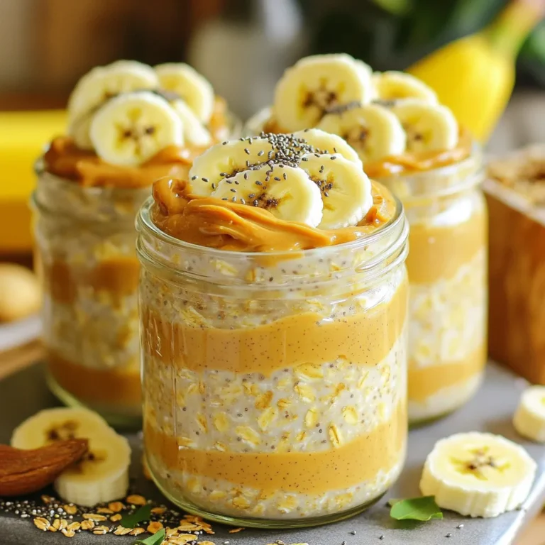 Für ein tolles Frühstück brauchst du einige einfache Zutaten. Diese sind: - 1 Tasse Haferflocken (gerollt) - 2 Tassen Mandelmilch (oder Milch nach Wahl) - 1 große reife Banane, zerdrückt - 2 Esslöffel natürliche Erdnussbutter - 1 Esslöffel Chiasamen - 1 Esslöffel Ahornsirup (oder Honig) - 1/2 Teelöffel Vanilleextrakt - Eine Prise Salz Jede Zutat bringt ihren eigenen Geschmack und Nährstoffe mit. Die Haferflocken geben dir Energie, während die Banane für Süße sorgt. Erdnussbutter macht das Ganze cremig und lecker. Du kannst die Overnight Oats nach deinem Geschmack anpassen. Hier sind einige Ideen für Toppings: - Geschnittene Banane - Ein Klecks Erdnussbutter - Gehackte Nüsse - Granola Toppings machen dein Frühstück noch spannender und fügen mehr Textur hinzu. Experimentiere mit verschiedenen Kombinationen! Wenn du mehr Protein willst, gibt es auch tolle Beigaben. Hier sind einige Optionen: - Griechischer Joghurt - Proteinpulver (z. B. Erbsenprotein) - Quark Diese Zutaten helfen dir, deinen Tag mit mehr Energie zu starten. Je mehr Protein, desto länger bleibst du satt. Kreiere dein persönliches Rezept, das zu dir passt! Um die perfekte Mischung für deine Erdnussbutter-Bananen-Haferflocken zu machen, folge diesen Schritten: 1. Nimm eine große Schüssel. Gib die Haferflocken und die Mandelmilch hinein. 2. Zerdrücke die große Banane und füge sie zur Schüssel hinzu. 3. Rühre alles gut um. Achte darauf, dass die Zutaten gleichmäßig verteilt sind. 4. Jetzt kommt die Erdnussbutter. Füge zwei Esslöffel hinzu. Das macht die Mischung cremig. 5. Gib einen Esslöffel Chiasamen, einen Esslöffel Ahornsirup, und einen halben Teelöffel Vanilleextrakt dazu. 6. Streue eine Prise Salz hinein. Das hebt den Geschmack. 7. Mische alles gründlich, bis die Mischung glatt ist. Jetzt ist es Zeit, die Mischung aufzuteilen und zu lagern: 1. Teile die Hafermischung gleichmäßig auf vier Gläser oder Behälter auf. 2. Achte darauf, dass die Behälter einen Deckel haben. 3. Verschließe die Gläser gut. Stelle sie über Nacht in den Kühlschrank. 4. Lass die Mischung mindestens sechs Stunden stehen. So saugen die Haferflocken die Flüssigkeit auf. Am Morgen kannst du die Haferflocken genießen: 1. Rühre die Mischung gut durch. Ist sie dir zu dick? Füge etwas mehr Mandelmilch hinzu. 2. Jetzt kommt der Spaß! Garniere jede Portion mit geschnittenen Bananen oder einem Klecks Erdnussbutter. 3. Du kannst auch gehackte Nüsse oder Granola hinzufügen. Das sorgt für einen schönen Crunch. 4. Serviere die Haferflocken in klaren Gläsern. So sieht es hübsch aus und die Schichten kommen gut zur Geltung. Ein häufiger Fehler ist, die Haferflocken nicht genug zu mischen. Achte darauf, dass alles gut vermischt ist. So nimmst du die besten Aromen auf. Ein weiterer Fehler ist, die Mischung nicht lange genug im Kühlschrank zu lassen. Mindestens sechs Stunden sind wichtig, damit die Haferflocken und Chiasamen die Flüssigkeit aufnehmen. Wenn du nicht genug Zeit hast, wird die Konsistenz nicht richtig. Wenn du laktoseintolerant bist, kannst du jede pflanzliche Milch verwenden. Mandelmilch ist eine gute Wahl, aber Hafer- oder Sojamilch funktioniert auch. Für Veganer lasse den Honig weg und nutze nur Ahornsirup. Du kannst auch die Erdnussbutter durch Mandelbutter oder Cashewbutter ersetzen. So passt das Rezept zu deinen Bedürfnissen. Bewahre die Overnight Oats in einem luftdichten Behälter auf. So bleiben sie frisch und lecker. Stelle die Gläser in den Kühlschrank. Du kannst sie bis zu fünf Tage aufbewahren. Wenn du sie länger lagern willst, friere sie ein. Achte darauf, dass genug Platz im Behälter ist, da sich die Mischung beim Einfrieren ausdehnt. {{image_4}} Du kannst die Erdnussbutter-Bananen-Haferflocken einfach anpassen. Probiere verschiedene Nussbutter, wie Mandel- oder Cashewbutter. Diese sorgen für andere Geschmäcker und Texturen. Auch die Banane ist nicht die einzige Option. Verwende Äpfel oder Beeren für eine fruchtige Note. Ein Teelöffel Zimt kann auch einen warmen, süßen Geschmack bringen. Sei kreativ, um neue Lieblingsvarianten zu finden! Wenn du noch mehr Protein möchtest, füge griechischen Joghurt hinzu. Ein Drittel Tasse reicht aus, um den Proteingehalt zu steigern. Du kannst auch Proteinpulver unterrühren. Wähle einen neutralen Geschmack, sodass er die anderen Aromen nicht überdeckt. Nüsse oder Samen sind ebenfalls gute Optionen. Mandeln oder Hanfsamen bringen gesunde Fette und mehr Protein in dein Frühstück. Für eine vegane Version benutze einfach pflanzliche Produkte. Ersetze die Milch durch Hafer- oder Kokosmilch. Auch Honig kannst du durch Agavensirup ersetzen. Achte darauf, glutenfreie Haferflocken zu wählen. Diese sind perfekt für alle, die Gluten meiden. So bleibt das Rezept lecker und gesund, egal welche Vorlieben du hast! Um die Erdnussbutter-Bananen-Overnight-Oats frisch zu halten, bewahre sie in einem geschlossenen Behälter auf. Glasbehälter sind ideal, da sie keine Chemikalien abgeben. Stelle sicher, dass die Haferflocken gut abgedeckt sind. So bleiben sie feucht und lecker. Die Overnight-Oats sind im Kühlschrank bis zu 4 Tage haltbar. Nach dieser Zeit können sie trocken werden oder einen anderen Geschmack entwickeln. Achte darauf, wie die Mischung riecht und aussieht. Wenn du einen merkwürdigen Geruch wahrnimmst, wirf sie weg. Wenn du die Overnight-Oats länger aufbewahren möchtest, friere sie ein. Verwende luftdichte Behälter oder Gefrierbeutel. Achte darauf, dass die Portionen gut verpackt sind, um Gefrierbrand zu vermeiden. Die gefrorenen Oats halten bis zu 3 Monate. Um sie zu essen, lasse sie einfach über Nacht im Kühlschrank auftauen. Die Overnight Oats sind bis zu fünf Tage im Kühlschrank haltbar. Sie bleiben frisch, wenn du sie in einem geschlossenen Behälter aufbewahrst. Nach ein paar Tagen können sie etwas dicker werden. Rühre einfach etwas Mandelmilch ein, um die gewünschte Konsistenz zu erreichen. Achte auf den Geruch und das Aussehen, um sicherzustellen, dass sie noch gut sind. Ja, du kannst die Banane ersetzen. Probiere stattdessen Apfelmus oder pürierte Avocado. Diese Optionen geben auch eine cremige Textur. Du kannst auch andere Früchte wie Beeren oder Pfirsiche verwenden. Diese Früchte bringen frische Aromen und Nährstoffe in dein Rezept. Denke daran, dass der Geschmack leicht anders sein kann. Um deine Overnight Oats proteinreicher zu machen, füge einfach mehr Proteinquellen hinzu. Hier sind einige Ideen: - 1/4 Tasse griechischer Joghurt - 1 Scoop Proteinpulver - 2 Esslöffel Nussbutter - 1 Esslöffel Hanfsamen - 1 Esslöffel Quark Diese Zutaten erhöhen den Proteingehalt und machen dein Frühstück noch nahrhafter. Experimentiere mit diesen Ergänzungen, um deinen perfekten Mix zu finden. Zusammenfassend haben wir die besten Zutaten für Erdnussbutter-Bananen-Haferflocken besprochen. Zudem habe ich Tipps gegeben, um häufige Fehler zu vermeiden und deine Overnight Oats anzupassen. Denke daran, für mehr Geschmack auch verschiedene Zutaten auszuprobieren. Beobachte die Lagerung, um die Frische zu erhalten und die Haltbarkeit zu maximieren. Übernachte Oats sind einfach, gesund und anpassbar. Experimentiere mit den Rezepten und genieße die Vielfalt!