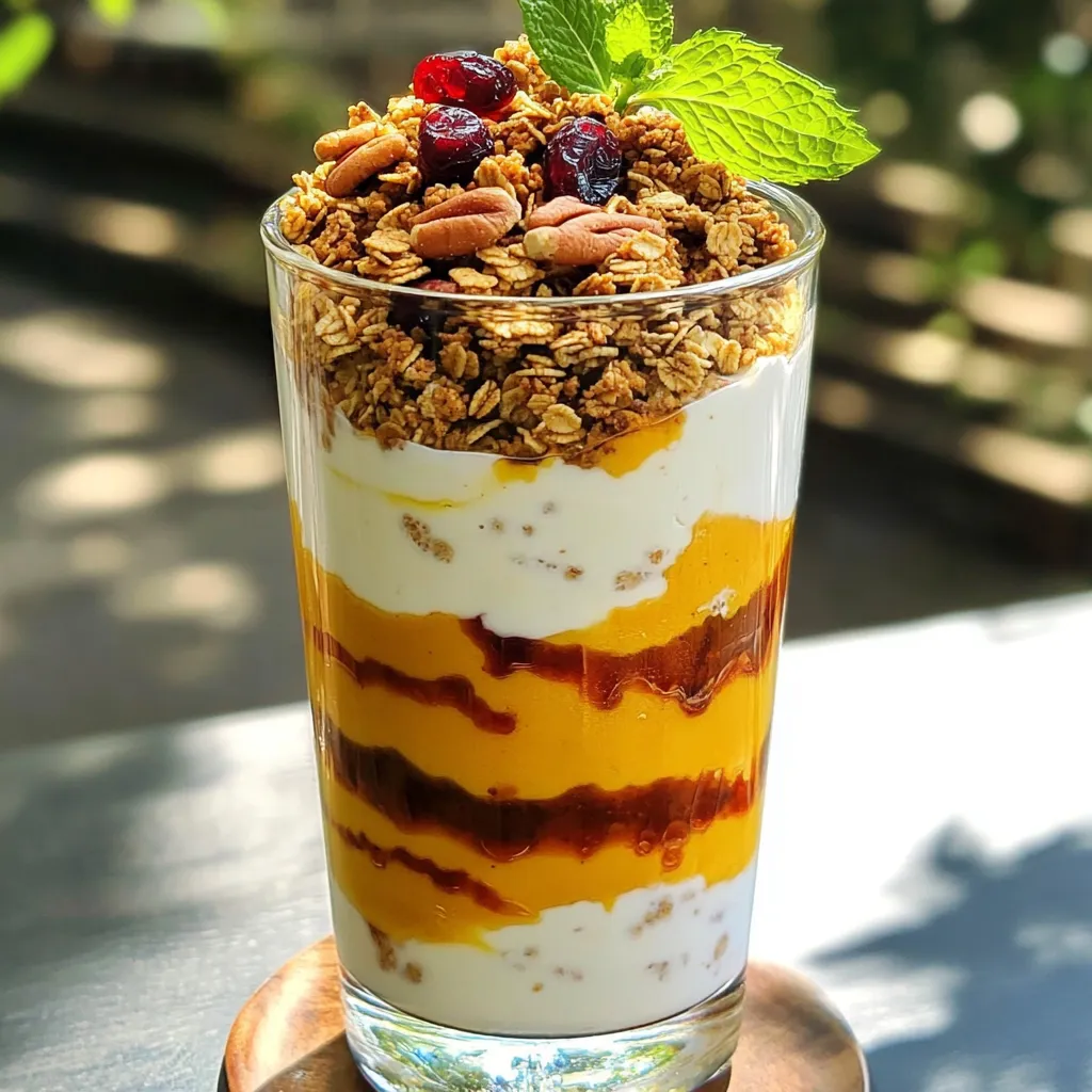 Für dein Kürbis-Joghurt-Parfait brauchst du folgende Hauptzutaten: - 2 Tassen griechischer Joghurt (natur) - 1 Tasse Kürbispüree aus der Dose - 2 Esslöffel Ahornsirup Diese Zutaten sind der Schlüssel für den cremigen und leckeren Geschmack. Griechischer Joghurt gibt eine tolle Basis. Er ist dick und reichhaltig. Kürbispüree bringt die süße Herbstnote. Der Ahornsirup sorgt für eine feine Süße. Die Gewürze machen dein Parfait besonders: - 1 Teelöffel Zimt - 1/2 Teelöffel Muskatnuss - 1/4 Teelöffel Ingwer (gemahlen) Diese Gewürze sind nicht nur lecker, sie bringen auch Wärme ins Gericht. Zimt und Muskatnuss sind typische Gewürze für den Herbst. Ingwer gibt einen Hauch Schärfe. Achte darauf, die Gewürze gut zu vermischen, damit sie gleichmäßig schmecken. Für das Topping kannst du kreativ werden: - 1 Tasse Granola (nach Wahl) - 1/2 Tasse gehackte Pecannüsse - 1/4 Tasse getrocknete Cranberries (optional) - Frische Minzblätter zur Garnitur Granola bringt einen tollen Crunch. Die Pecannüsse fügen eine nussige Note hinzu. Möchtest du es süßer? Die Cranberries sind eine tolle Wahl. Sie bringen Frische und Farbe. Minze ist nicht nur schön, sie gibt auch einen frischen Geschmack. Probiere verschiedene Kombinationen aus, um dein perfektes Parfait zu finden! Zuerst brauchst du eine mittelgroße Schüssel. Nimm die 2 Tassen griechischen Joghurt und 1 Tasse Kürbispüree. Füge 2 Esslöffel Ahornsirup hinzu. Dann kommen die Gewürze: 1 Teelöffel Zimt, 1/2 Teelöffel Muskatnuss und 1/4 Teelöffel Ingwer. Mische alles gut, bis es cremig aussieht. Dies gibt dem Parfait einen tollen Geschmack. Nimm ein hohes Glas oder ein Parfait-Glas. Beginne mit einer Schicht von 1/4 Tasse der Kürbis-Joghurt-Mischung am Boden. Darauf kommt eine Schicht Granola, etwa 2 Esslöffel. Streue einige gehackte Pecannüsse oben drauf. Wenn du magst, füge ein paar getrocknete Cranberries hinzu. Wiederhole diese Schichten. So baust du dein Parfait auf. Kröne es mit einer letzten Schicht Kürbis-Joghurt. Garniere es mit frischen Minzblättern. Serviere das Parfait sofort, um den Crunch vom Granola zu genießen. Du kannst es auch für bis zu einer Stunde in den Kühlschrank stellen. So vermischen sich die Aromen gut. Achte darauf, das Parfait schön zu präsentieren. Die Farben sind wichtig! Ein gut aussehendes Gericht macht mehr Spaß zu essen. Die Konsistenz ist wichtig für ein gutes Parfait. Du willst eine cremige Textur. Mische den griechischen Joghurt und das Kürbispüree gut. Achte darauf, dass keine Klumpen bleiben. Der Ahornsirup hilft, die Mischung geschmeidig zu machen. Wenn du es dicker magst, füge weniger Joghurt hinzu. Für eine leichtere Konsistenz kannst du mehr Joghurt verwenden. Jeder hat andere Vorlieben. Du kannst die Gewürze nach deinem Geschmack anpassen. Wenn du es süßer magst, füge mehr Ahornsirup hinzu. Für mehr Würze kannst du zusätzlichen Zimt oder Ingwer verwenden. Probiere auch andere Toppings aus! Mandeln oder Sonnenblumenkerne passen gut. Du kannst sogar frische Früchte hinzufügen, wie Äpfel oder Birnen. Die Qualität deiner Zutaten beeinflusst den Geschmack. Wähle frischen griechischen Joghurt. Achte darauf, dass das Kürbispüree ohne Zusatzstoffe ist. Bio-Ahornsirup hat oft einen besseren Geschmack. Für die Nüsse, nimm frisch gehackte Pecannüsse. Sie geben dem Parfait eine schöne Crunch-Textur. Wenn du Cranberries verwendest, achte darauf, dass sie ungesüßt sind. So bleibt das Parfait gesund und lecker. {{image_4}} Für eine vegane Variante kannst du den Joghurt ersetzen. Nutze pflanzlichen Joghurt aus Soja oder Kokosnuss. Diese Alternativen bieten eine ähnliche cremige Textur. Achte darauf, dass das Kürbispüree und die Gewürze gleich bleiben. Diese Mischung schmeckt lecker und bleibt gesund. Wenn du weniger Zucker magst, probiere Agavendicksaft oder Honig. Diese Süßungsmittel sind süß, aber gesünder. Du kannst auch pürierte Datteln verwenden. Sie geben eine natürliche Süße. Mische sie gut mit dem Kürbispüree, um die gleiche cremige Konsistenz zu erhalten. Du kannst das Rezept leicht anpassen. Füge Kakao für einen schokoladigen Geschmack hinzu. Auch Vanilleextrakt passt gut dazu. Experimentiere mit verschiedenen Nüssen, wie Mandeln oder Walnüssen. Du kannst auch frische Früchte, wie Äpfel oder Bananen, in die Schichten einbauen. Das macht dein Parfait bunt und lecker. Um Reste des Kürbis-Joghurt-Parfaits richtig zu lagern, benutze einen luftdichten Behälter. Stelle sicher, dass der Behälter gut verschlossen ist. So bleibt der Joghurt frisch. Du kannst das Parfait in Portionen aufteilen. So hast du immer einen schnellen Snack bereit. Das Parfait hält sich im Kühlschrank bis zu drei Tage. Achte darauf, es kühl zu lagern. Nach ein oder zwei Tagen kann die Konsistenz etwas weicher werden. Das ist normal, aber der Geschmack bleibt gleich. Du kannst die Kürbis-Joghurt-Mischung schon am Vorabend zubereiten. Lagere sie im Kühlschrank, bis du bereit bist, das Parfait zu schichten. So sparst du Zeit am Morgen. Bereite auch die Granola- und Nussmischung separat vor. Das macht das Schichten schnell und einfach. Der beste Joghurt für ein Kürbis-Joghurt-Parfait ist griechischer Joghurt. Er hat eine dicke, cremige Textur. Diese Konsistenz passt gut zu Kürbis. Außerdem hat er einen milden Geschmack. Das macht ihn vielseitig und lecker. Du kannst auch pflanzlichen Joghurt verwenden, wenn du eine vegane Option möchtest. Achte darauf, dass er ungesüßt ist, um den Geschmack des Kürbisses zu betonen. Ja, du kannst frischen Kürbis verwenden. Koche den Kürbis zuerst, bis er weich ist. Danach püriere ihn, bis er glatt ist. Das gibt deinem Parfait einen frischen, natürlichen Geschmack. Achte darauf, dass der Kürbis gut abgekühlt ist, bevor du ihn mit dem Joghurt mischst. So wird die Mischung nicht zu warm und bleibt cremig. Um das Parfait glutenfrei zu machen, wähle glutenfreies Granola. Viele Marken bieten solche Optionen an. Achte beim Kauf auf das Etikett. Du kannst auch Nüsse oder Samen anstelle von Granola verwenden. Das gibt deinem Parfait einen tollen Crunch und bleibt glutenfrei. So kannst du das Rezept genießen, ohne auf Gluten zu achten. Ein Kürbis-Joghurt-Parfait ist einfach zuzubereiten und voller gesunder Zutaten. Wir haben die Hauptzutaten, Gewürze und passende Toppings besprochen. Die Schritt-für-Schritt-Anleitung zeigt, wie man das Parfait perfekt schichtet. Wichtig sind die Tipps für konsistente Ergebnisse und Anpassungen an deinen Geschmack. Es gibt auch kreative Variationen, wie vegane Optionen und unterschiedliche Süßungsmittel. Wenn du es richtig lagerst, bleibt dein Parfait frisch. Bereite es im Voraus vor und genieße. Hol dir die besten Ideen und mach dein Parfait besonders!