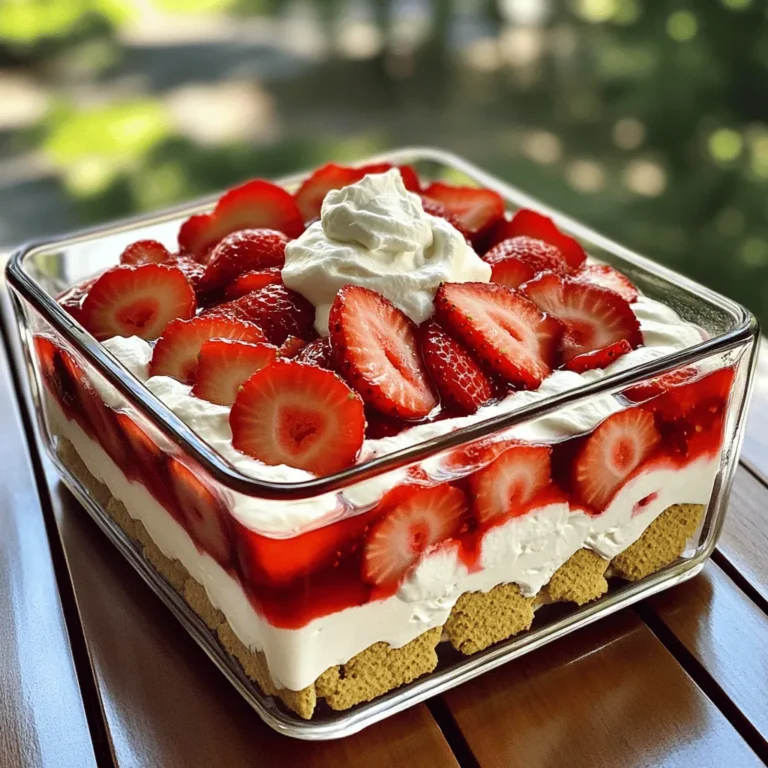Um diesen leckeren Erdbeerkuchen zuzubereiten, benötigen Sie einige einfache Hauptzutaten: - 900 g frische Erdbeeren, entstielt und in Scheiben geschnitten - 100 g Kristallzucker - 24 Graham Crackers - 240 g Mascarpone Diese Zutaten sind die Grundlage für einen köstlichen und erfrischenden Kuchen. Die Erdbeeren geben dem Dessert eine fruchtige Note, während die Graham Crackers eine knusprige Textur bieten. Für die Mascarponemischung brauchen Sie auch einige weitere Zutaten: - 240 ml Schlagsahne - 60 g Puderzucker - 1 Teelöffel Vanilleextrakt Diese Zutaten sorgen für eine cremige und süße Schicht, die perfekt mit den Erdbeeren harmoniert. Der Vanilleextrakt verleiht der Mischung ein wunderbares Aroma. Die Wahl der richtigen Erdbeeren ist wichtig. Hier sind einige Tipps: - Achten Sie auf leuchtend rote Erdbeeren ohne grüne Stellen. - Suchen Sie nach festeren Früchten, die nicht weich sind. - Riechen Sie an den Erdbeeren; sie sollten süß duften. Frische Erdbeeren sind der Schlüssel zu einem schmackhaften Erdbeerkuchen. Wenn Sie diese Tipps befolgen, können Sie sicherstellen, dass Ihr Dessert großartig schmeckt. Zuerst kümmern wir uns um die Erdbeeren. Du brauchst 900 g frische Erdbeeren. Entferne die Stiele und schneide sie in Scheiben. In einer Schüssel gib 100 g Kristallzucker dazu. Mische die Erdbeeren und den Zucker vorsichtig. Lass sie für 30 Minuten stehen. So ziehen sie Saft und machen einen leckeren Sirup. Jetzt bereiten wir die Mascarponemischung vor. Nimm eine separate Schüssel. Schlage 240 ml Schlagsahne mit 60 g Puderzucker und 1 Teelöffel Vanilleextrakt auf. Mische, bis weiche Spitzen entstehen. In einer anderen Schüssel rühre 240 g Mascarpone cremig. Heben die geschlagene Sahne vorsichtig unter die Mascarpone. Die Mischung sollte glatt und cremig sein. Jetzt kommt der Spaß! Nimm eine 23x33 cm große Backform. Beginne mit einer dünnen Schicht der Mascarponemischung auf dem Boden. Dann lege eine Schicht Graham Crackers darüber. Du kannst die Crackers brechen, damit sie gut passen. Gib jetzt eine Schicht der marinierten Erdbeeren und etwas Sirup über die Crackers. Darauf kommt wieder eine Schicht der Mascarponemischung. Wiederhole diese Schritte, bis alle Zutaten aufgebraucht sind. Beende mit einer Schicht der Mascarponemischung oben. Decke die Form ab. Du kannst Frischhaltefolie oder einen Deckel verwenden. Stelle den Kuchen für mindestens 4 Stunden in den Kühlschrank. Über Nacht ist noch besser. So ziehen die Aromen gut durch und der Kuchen wird fest. Vor dem Servieren kannst du den Kuchen mit frischen Erdbeerscheiben oder einem Klecks Schlagsahne garnieren. Serviere ihn kühl und schneide ihn in Quadrate. Ein paar frische Minzblätter geben eine schöne Note dazu. Ein häufiger Fehler ist, die Erdbeeren nicht lange genug ziehen zu lassen. Die Erdbeeren brauchen Zeit, um Saft zu ziehen. Ich empfehle, sie mindestens 30 Minuten ruhen zu lassen. So entsteht ein toller Sirup. Ein weiterer Fehler ist, die Schlagsahne zu lange zu schlagen. Achte darauf, nur bis zu weichen Spitzen zu schlagen. Übermixen kann die Sahne bitter machen. Wenn du den Kuchen für einen besonderen Anlass anrichtest, denke an die Präsentation. Kühl ihn vorher gut. Schneide ihn in schöne Quadrate. Füge frische Minzblätter hinzu, um Farbe und Frische zu bieten. Du kannst auch Erdbeerscheiben oder einen Klecks Schlagsahne oben drauf legen. Das macht den Kuchen noch einladender. Um die Aromen zu verstärken, nutze reife, frische Erdbeeren. Süße Erdbeeren bringen mehr Geschmack. Füge einen Spritzer Zitronensaft zu den Erdbeeren hinzu. Das hebt die Süße hervor und bringt eine frische Note. Für eine interessante Note kannst du etwas Zitronenabrieb in die Mascarponemischung geben. Das gibt dem Kuchen einen schönen Kick und macht ihn noch besonderer. {{image_4}} Du kannst viele Früchte für dein Erdbeerkuchen im Kühlschrank verwenden. Himbeeren sind eine tolle Wahl. Sie bringen eine frische Note. Auch Blaubeeren oder Pfirsiche passen gut. Schneide sie einfach klein und mische sie mit Zucker. Lass sie auch etwas stehen, damit sie Saft ziehen. Diese Früchte geben dem Kuchen eine neue Farbe und Geschmack. Wenn du glutenfrei oder vegan isst, gibt es einfache Alternativen. Verwende glutenfreie Kekse anstelle von Graham Crackers. Suche nach veganer Sahne und Mascarpone. Du kannst auch Kokosnusscreme verwenden. Sie gibt einen schönen, cremigen Geschmack. Achte darauf, dass alle Zutaten vegan sind, um den Kuchen anzupassen. Wenn du weniger oder mehr Portionen brauchst, ändere die Menge der Zutaten. Für eine kleinere Menge nimm einfach weniger Erdbeeren und Kekse. Für eine größere Menge verdopple die Zutaten. Achte darauf, dass die Schichten gleichmäßig bleiben. Nutze eine größere oder kleinere Form, je nach Bedarf. So kannst du den Kuchen leicht anpassen. Der Erdbeerkuchen im Kühlschrank sollte immer gut abgedeckt sein. Verwende Frischhaltefolie oder einen Deckel. So bleibt der Kuchen frisch und saftig. Stelle den Kuchen in den kältesten Teil deines Kühlschranks. Vermeide es, ihn in die Tür zu stellen, da dort die Temperatur schwankt. Dieser Kuchen bleibt etwa 3 bis 5 Tage frisch. Nach 3 Tagen kann die Textur etwas weicher werden. Das liegt daran, dass die Graham Crackers Feuchtigkeit aufnehmen. Achte darauf, den Kuchen in einer gut verschlossenen Form zu lagern, um den Geschmack zu bewahren. Wenn du Reste hast, kannst du kreativ werden! Mische die Reste mit Joghurt für ein schnelles Dessert. Du kannst die Erdbeeren auch auf Pancakes oder Waffeln legen. Die Mascarponemischung eignet sich gut als Füllung für andere Desserts. So wird nichts verschwendet und du genießt die Aromen erneut! Ja, gefrorene Erdbeeren können verwendet werden. Du solltest sie jedoch vorher auftauen. Damit sie saftig bleiben, drücke das überschüssige Wasser ab. Gefrorene Erdbeeren sind praktisch, wenn frische nicht verfügbar sind. Sie können auch einen leicht anderen Geschmack haben, aber das Ergebnis wird trotzdem lecker sein. Um den Kuchen frisch zu halten, decke ihn gut ab. Verwende Frischhaltefolie oder einen Deckel. Stelle sicher, dass er im Kühlschrank steht. So bleibt die Creme fest und die Erdbeeren frisch. Wenn möglich, serviere den Kuchen innerhalb von drei bis vier Tagen. Achte darauf, dass die Schichten nicht austrocknen. Ja, du kannst den Kuchen im Voraus machen! Bereite ihn einen Tag vorher zu. Lass ihn über Nacht im Kühlschrank ruhen. So zieht er gut durch und die Aromen vermischen sich. Das macht den Kuchen noch schmackhafter. Diese Methode spart Zeit und sorgt für einen leckeren Nachtisch. Der Erdbeerkuchen im Kühlschrank ist einfach und lecker. Wir haben die Hauptzutaten und die Mascarponemischung besprochen. Tipps zur Auswahl frischer Erdbeeren sind wichtig. Die Schritt-für-Schritt-Anleitung zeigt, wie man den Kuchen schichtet und kühlt. Ich habe Fehler aufgezeigt, die häufig passieren. Variationen wie glutenfreie Optionen helfen, alle zufrieden zu stellen. Achten Sie auf die Lagerung, damit der Kuchen frisch bleibt. Mit diesen Tipps gelingt der perfekte Erdbeerkuchen, der alle begeistert. Genießen Sie jede Schicht!