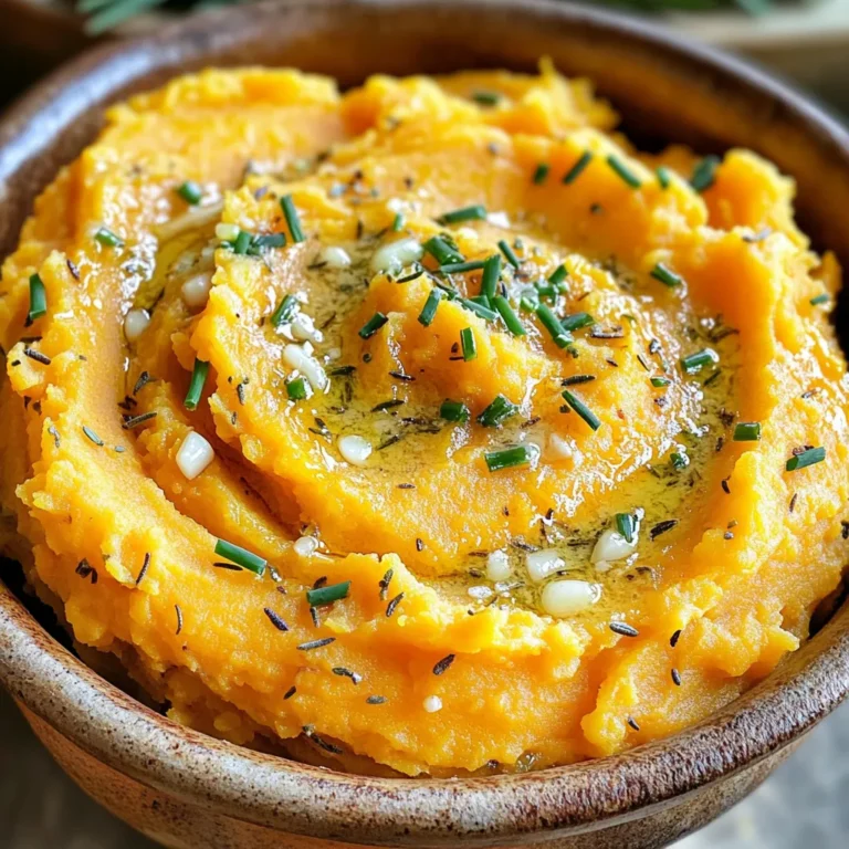 - 3 große Süßkartoffeln, geschält und gewürfelt - 4 Knoblauchzehen, fein gehackt - 125 g ungesalzene Butter Die Süßkartoffeln sind die Hauptzutat. Sie bringen eine natürliche Süße und eine schöne Farbe. Knoblauch gibt dem Püree einen tollen Geschmack. Butter sorgt für Cremigkeit und einen reichen Geschmack. - 120 ml Schlagsahne oder Milch - 1 Teelöffel getrockneter Thymian - 1 Teelöffel getrockneter Rosmarin - Salz und Pfeffer nach Geschmack Die Schlagsahne oder Milch macht das Püree noch cremiger. Thymian und Rosmarin fügen Kräuteraromen hinzu. Salz und Pfeffer helfen, den Geschmack zu würzen. - Frischer Schnittlauch, gehackt Schnittlauch ist die perfekte Garnitur. Er bringt Farbe und einen frischen Geschmack. Fügen Sie ihn kurz vor dem Servieren hinzu, um das Püree schöner zu machen. - Fülle einen großen Topf mit Wasser. - Füge eine Prise Salz hinzu. - Bringe das Wasser zum Kochen. - Gib die gewürfelten Süßkartoffeln ins Wasser. - Koche sie 15 bis 20 Minuten lang. - Prüfe mit einer Gabel, ob sie weich sind. Das Kochen der Süßkartoffeln ist einfach. Du willst sie so weich, dass sie leicht zerdrückt werden können. Das Wasser und das Salz helfen, den Geschmack zu verbessern. Achte darauf, dass sie nicht zu lange kochen, sonst werden sie matschig. - Erhitze die Butter in einer kleinen Pfanne. - Stelle die Hitze auf mittlere Stufe. - Füge den fein gehackten Knoblauch hinzu. - Brate den Knoblauch 2 bis 3 Minuten an. - Achte darauf, dass er nicht braun wird. Die Knoblauch-Butter-Mischung bringt viel Geschmack. Der Knoblauch sollte nur leicht anbraten, um seine Aromen freizusetzen. Er wird schnell aromatisch und gibt einen tollen Duft ab. - Lass die gekochten Süßkartoffeln abtropfen. - Gib sie zurück in den Topf. - Füge die Knoblauch-Butter-Mischung hinzu. - Gieße die Schlagsahne oder Milch hinein. - Streue den Thymian und Rosmarin dazu. - Zerdrücke die Mischung mit einem Kartoffelstampfer. - Püriere bis zur gewünschten Konsistenz. - Schmecke mit Salz und Pfeffer ab. Das Püree wird cremig und lecker. Du kannst die Konsistenz mit mehr Schlagsahne oder Milch anpassen. Achte darauf, alles gut zu vermischen, damit sich die Aromen verbinden. Das ist der Schlüssel zu einem perfekten Püree! Wie man die besten Süßkartoffeln auswählt Wählen Sie Süßkartoffeln mit glatter Haut. Sie sollten fest und schwer sein. Vermeiden Sie weiche oder schrumpelige Kartoffeln. Die Farbe spielt auch eine Rolle. Suchen Sie nach tief orangefarbenen Sorten. Diese sind süßer und geschmackvoller. Richtiges Kochen für cremige Textur Kochen Sie die Süßkartoffeln in gesalzenem Wasser. So entfalten sie ihren Geschmack besser. Schneiden Sie die Kartoffeln gleichmäßig, damit sie gleichmäßig garen. Kochen Sie sie etwa 15 bis 20 Minuten. Sie sind bereit, wenn eine Gabel leicht hindurchgeht. Lassen Sie sie gut abtropfen, bevor Sie sie pürieren. Verwendung frischer Kräuter Frische Kräuter bringen mehr Geschmack. Probieren Sie frischen Thymian oder Rosmarin. Hacken Sie die Kräuter fein und fügen Sie sie kurz vor dem Servieren hinzu. So bleibt ihr Aroma frisch. Sie können auch Petersilie oder Basilikum verwenden. Andere Gewürzoptionen Zimt oder Muskatnuss verleihen eine süßliche Note. Für mehr Schärfe können Sie Chili oder Paprika hinzufügen. Seien Sie kreativ mit den Gewürzen. Jeder kann seine eigene Mischung finden. Beilagenkombinationen Knoblauch Kräuter Süßkartoffeln passen gut zu gegrilltem Fleisch. Sie sind auch schön mit gebratenem Gemüse. Servieren Sie sie zu festlichen Anlässen als Beilage. Sie sehen auf jedem Tisch toll aus. Festliche Anlässe Dieses Püree ist perfekt für Feiertage. Es bringt Farbe und Geschmack auf jeden Tisch. Fügen Sie eine schöne Garnitur mit frischem Schnittlauch hinzu. So wird das Gericht noch ansprechender. {{image_4}} Um eine vegane Variante zu machen, verwende pflanzliche Butter. Kokosöl oder Olivenöl sind gute Alternativen. Für die Milch kannst du Hafermilch oder Mandelmilch nehmen. Diese Optionen bieten einen tollen Geschmack. Die Textur bleibt cremig und lecker. Du wirst den Unterschied nicht einmal merken! Möchtest du etwas mehr Geschmack? Füge Käse hinzu! Ziegenkäse oder Parmesan passen perfekt. Wenn du es knusprig magst, streue Nüsse oder Samen darüber. Walnüsse oder Sonnenblumenkerne sorgen für einen tollen Crunch. Diese Extras machen das Püree noch interessanter. Willst du etwas Neues probieren? Mische Zimt und Muskatnuss in die Süßkartoffeln. Diese Gewürze verleihen dem Püree eine süße Note. Für eine scharfe Variante füge Chili oder Cayennepfeffer hinzu. Diese Gewürze bringen richtig Schwung in das Gericht. Experimentiere mit diesen Variationen und finde deinen Favoriten! Um Knoblauch Kräuter Süßkartoffeln frisch zu halten, lege sie in den Kühlschrank. Verwende einen luftdichten Behälter. So bleiben die Aromen und die Textur erhalten. Das Püree hält sich im Kühlschrank etwa drei bis fünf Tage. Achte darauf, es vor dem Servieren gut durchzurühren. Wenn du das Püree länger aufbewahren möchtest, friere es ein. Verwende einen gefrierfesten Behälter oder einen Gefrierbeutel. Drücke die Luft gut heraus, um Gefrierbrand zu verhindern. Das Püree bleibt bis zu drei Monate frisch im Gefrierfach. Zum Auftauen, lege es über Nacht in den Kühlschrank. Um die beste Konsistenz nach dem Aufwärmen zu erhalten, erwärme das Püree langsam. Nutze einen Topf bei niedriger Hitze oder die Mikrowelle. Füge nach Bedarf etwas Schlagsahne oder Milch hinzu, um die Cremigkeit zu verbessern. Rühre gut um, damit es gleichmäßig warm wird. So bleibt der Geschmack frisch und lecker. Um das Püree vegan zu machen, ersetzen Sie die Butter und die Schlagsahne. Verwenden Sie pflanzliche Butter oder Olivenöl. Für die Sahne können Sie Mandelmilch oder Kokoscreme nutzen. Diese Alternativen geben einen tollen Geschmack und eine cremige Textur. Das Süßkartoffelpüree hält sich gut bis zu fünf Tage im Kühlschrank. Lagern Sie es in einem luftdichten Behälter. Achten Sie auf Anzeichen von Verderb. Wenn es seltsam riecht oder eine farbige Schicht hat, werfen Sie es weg. Ja, Sie können das Rezept im Voraus machen. Bereiten Sie das Püree bis zu zwei Tage vorher zu. Stellen Sie sicher, dass Sie es gut kühlen. Zum Aufwärmen geben Sie etwas Milch hinzu, um die Cremigkeit wiederherzustellen. Erwärmen Sie es langsam in einem Topf oder in der Mikrowelle. Das Süßkartoffelpüree ist einfach zuzubereiten und vielseitig. Wir haben die Hauptzutaten, die Zubereitung und viele Tipps vorgestellt. Denk daran, kreative Variationen auszuprobieren, um neue Geschmäcker zu entdecken. Richtig lagern und aufwärmen sorgt für optimale Frische. Nutze diese Anleitung, um dein perfektes Püree zu kreieren. Viel Spaß beim Kochen!
