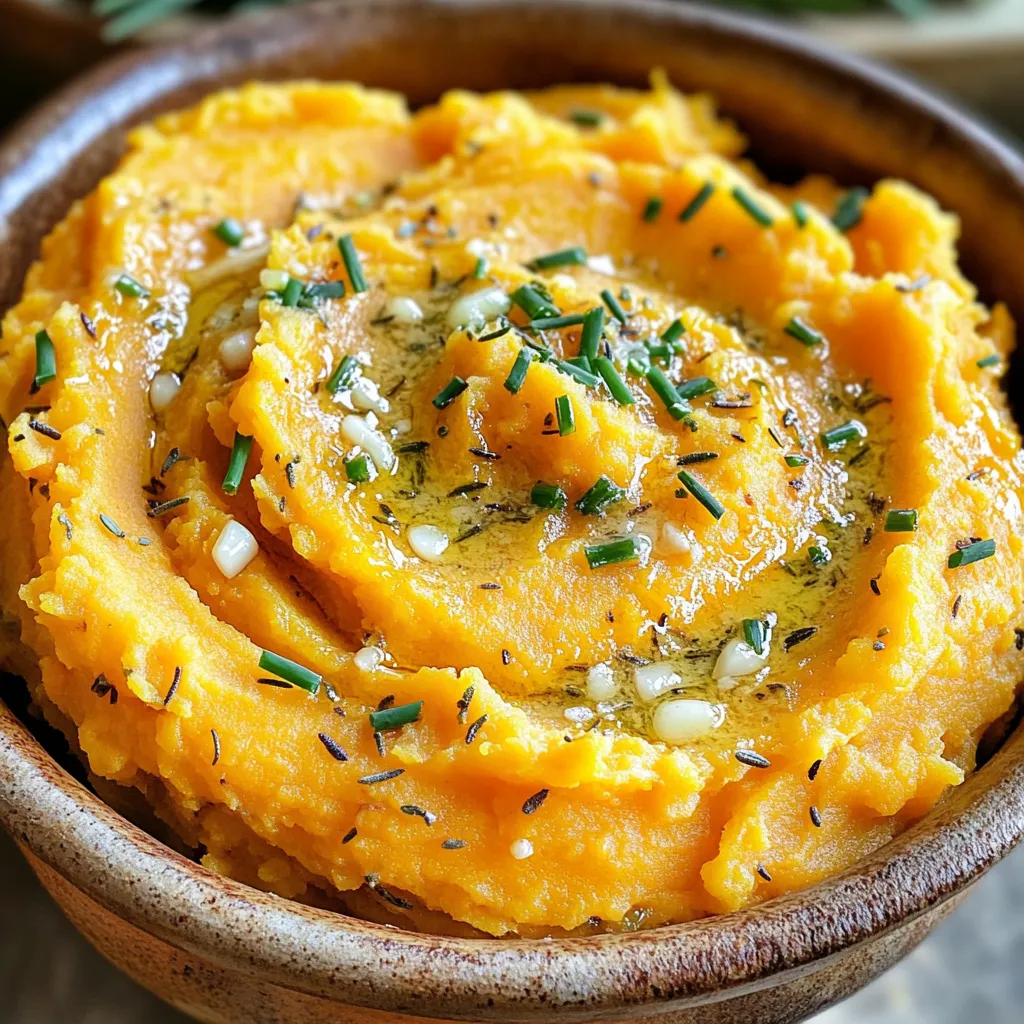 - 3 große Süßkartoffeln, geschält und gewürfelt - 4 Knoblauchzehen, fein gehackt - 125 g ungesalzene Butter Die Süßkartoffeln sind die Hauptzutat. Sie bringen eine natürliche Süße und eine schöne Farbe. Knoblauch gibt dem Püree einen tollen Geschmack. Butter sorgt für Cremigkeit und einen reichen Geschmack. - 120 ml Schlagsahne oder Milch - 1 Teelöffel getrockneter Thymian - 1 Teelöffel getrockneter Rosmarin - Salz und Pfeffer nach Geschmack Die Schlagsahne oder Milch macht das Püree noch cremiger. Thymian und Rosmarin fügen Kräuteraromen hinzu. Salz und Pfeffer helfen, den Geschmack zu würzen. - Frischer Schnittlauch, gehackt Schnittlauch ist die perfekte Garnitur. Er bringt Farbe und einen frischen Geschmack. Fügen Sie ihn kurz vor dem Servieren hinzu, um das Püree schöner zu machen. - Fülle einen großen Topf mit Wasser. - Füge eine Prise Salz hinzu. - Bringe das Wasser zum Kochen. - Gib die gewürfelten Süßkartoffeln ins Wasser. - Koche sie 15 bis 20 Minuten lang. - Prüfe mit einer Gabel, ob sie weich sind. Das Kochen der Süßkartoffeln ist einfach. Du willst sie so weich, dass sie leicht zerdrückt werden können. Das Wasser und das Salz helfen, den Geschmack zu verbessern. Achte darauf, dass sie nicht zu lange kochen, sonst werden sie matschig. - Erhitze die Butter in einer kleinen Pfanne. - Stelle die Hitze auf mittlere Stufe. - Füge den fein gehackten Knoblauch hinzu. - Brate den Knoblauch 2 bis 3 Minuten an. - Achte darauf, dass er nicht braun wird. Die Knoblauch-Butter-Mischung bringt viel Geschmack. Der Knoblauch sollte nur leicht anbraten, um seine Aromen freizusetzen. Er wird schnell aromatisch und gibt einen tollen Duft ab. - Lass die gekochten Süßkartoffeln abtropfen. - Gib sie zurück in den Topf. - Füge die Knoblauch-Butter-Mischung hinzu. - Gieße die Schlagsahne oder Milch hinein. - Streue den Thymian und Rosmarin dazu. - Zerdrücke die Mischung mit einem Kartoffelstampfer. - Püriere bis zur gewünschten Konsistenz. - Schmecke mit Salz und Pfeffer ab. Das Püree wird cremig und lecker. Du kannst die Konsistenz mit mehr Schlagsahne oder Milch anpassen. Achte darauf, alles gut zu vermischen, damit sich die Aromen verbinden. Das ist der Schlüssel zu einem perfekten Püree! Wie man die besten Süßkartoffeln auswählt Wählen Sie Süßkartoffeln mit glatter Haut. Sie sollten fest und schwer sein. Vermeiden Sie weiche oder schrumpelige Kartoffeln. Die Farbe spielt auch eine Rolle. Suchen Sie nach tief orangefarbenen Sorten. Diese sind süßer und geschmackvoller. Richtiges Kochen für cremige Textur Kochen Sie die Süßkartoffeln in gesalzenem Wasser. So entfalten sie ihren Geschmack besser. Schneiden Sie die Kartoffeln gleichmäßig, damit sie gleichmäßig garen. Kochen Sie sie etwa 15 bis 20 Minuten. Sie sind bereit, wenn eine Gabel leicht hindurchgeht. Lassen Sie sie gut abtropfen, bevor Sie sie pürieren. Verwendung frischer Kräuter Frische Kräuter bringen mehr Geschmack. Probieren Sie frischen Thymian oder Rosmarin. Hacken Sie die Kräuter fein und fügen Sie sie kurz vor dem Servieren hinzu. So bleibt ihr Aroma frisch. Sie können auch Petersilie oder Basilikum verwenden. Andere Gewürzoptionen Zimt oder Muskatnuss verleihen eine süßliche Note. Für mehr Schärfe können Sie Chili oder Paprika hinzufügen. Seien Sie kreativ mit den Gewürzen. Jeder kann seine eigene Mischung finden. Beilagenkombinationen Knoblauch Kräuter Süßkartoffeln passen gut zu gegrilltem Fleisch. Sie sind auch schön mit gebratenem Gemüse. Servieren Sie sie zu festlichen Anlässen als Beilage. Sie sehen auf jedem Tisch toll aus. Festliche Anlässe Dieses Püree ist perfekt für Feiertage. Es bringt Farbe und Geschmack auf jeden Tisch. Fügen Sie eine schöne Garnitur mit frischem Schnittlauch hinzu. So wird das Gericht noch ansprechender. {{image_4}} Um eine vegane Variante zu machen, verwende pflanzliche Butter. Kokosöl oder Olivenöl sind gute Alternativen. Für die Milch kannst du Hafermilch oder Mandelmilch nehmen. Diese Optionen bieten einen tollen Geschmack. Die Textur bleibt cremig und lecker. Du wirst den Unterschied nicht einmal merken! Möchtest du etwas mehr Geschmack? Füge Käse hinzu! Ziegenkäse oder Parmesan passen perfekt. Wenn du es knusprig magst, streue Nüsse oder Samen darüber. Walnüsse oder Sonnenblumenkerne sorgen für einen tollen Crunch. Diese Extras machen das Püree noch interessanter. Willst du etwas Neues probieren? Mische Zimt und Muskatnuss in die Süßkartoffeln. Diese Gewürze verleihen dem Püree eine süße Note. Für eine scharfe Variante füge Chili oder Cayennepfeffer hinzu. Diese Gewürze bringen richtig Schwung in das Gericht. Experimentiere mit diesen Variationen und finde deinen Favoriten! Um Knoblauch Kräuter Süßkartoffeln frisch zu halten, lege sie in den Kühlschrank. Verwende einen luftdichten Behälter. So bleiben die Aromen und die Textur erhalten. Das Püree hält sich im Kühlschrank etwa drei bis fünf Tage. Achte darauf, es vor dem Servieren gut durchzurühren. Wenn du das Püree länger aufbewahren möchtest, friere es ein. Verwende einen gefrierfesten Behälter oder einen Gefrierbeutel. Drücke die Luft gut heraus, um Gefrierbrand zu verhindern. Das Püree bleibt bis zu drei Monate frisch im Gefrierfach. Zum Auftauen, lege es über Nacht in den Kühlschrank. Um die beste Konsistenz nach dem Aufwärmen zu erhalten, erwärme das Püree langsam. Nutze einen Topf bei niedriger Hitze oder die Mikrowelle. Füge nach Bedarf etwas Schlagsahne oder Milch hinzu, um die Cremigkeit zu verbessern. Rühre gut um, damit es gleichmäßig warm wird. So bleibt der Geschmack frisch und lecker. Um das Püree vegan zu machen, ersetzen Sie die Butter und die Schlagsahne. Verwenden Sie pflanzliche Butter oder Olivenöl. Für die Sahne können Sie Mandelmilch oder Kokoscreme nutzen. Diese Alternativen geben einen tollen Geschmack und eine cremige Textur. Das Süßkartoffelpüree hält sich gut bis zu fünf Tage im Kühlschrank. Lagern Sie es in einem luftdichten Behälter. Achten Sie auf Anzeichen von Verderb. Wenn es seltsam riecht oder eine farbige Schicht hat, werfen Sie es weg. Ja, Sie können das Rezept im Voraus machen. Bereiten Sie das Püree bis zu zwei Tage vorher zu. Stellen Sie sicher, dass Sie es gut kühlen. Zum Aufwärmen geben Sie etwas Milch hinzu, um die Cremigkeit wiederherzustellen. Erwärmen Sie es langsam in einem Topf oder in der Mikrowelle. Das Süßkartoffelpüree ist einfach zuzubereiten und vielseitig. Wir haben die Hauptzutaten, die Zubereitung und viele Tipps vorgestellt. Denk daran, kreative Variationen auszuprobieren, um neue Geschmäcker zu entdecken. Richtig lagern und aufwärmen sorgt für optimale Frische. Nutze diese Anleitung, um dein perfektes Püree zu kreieren. Viel Spaß beim Kochen!