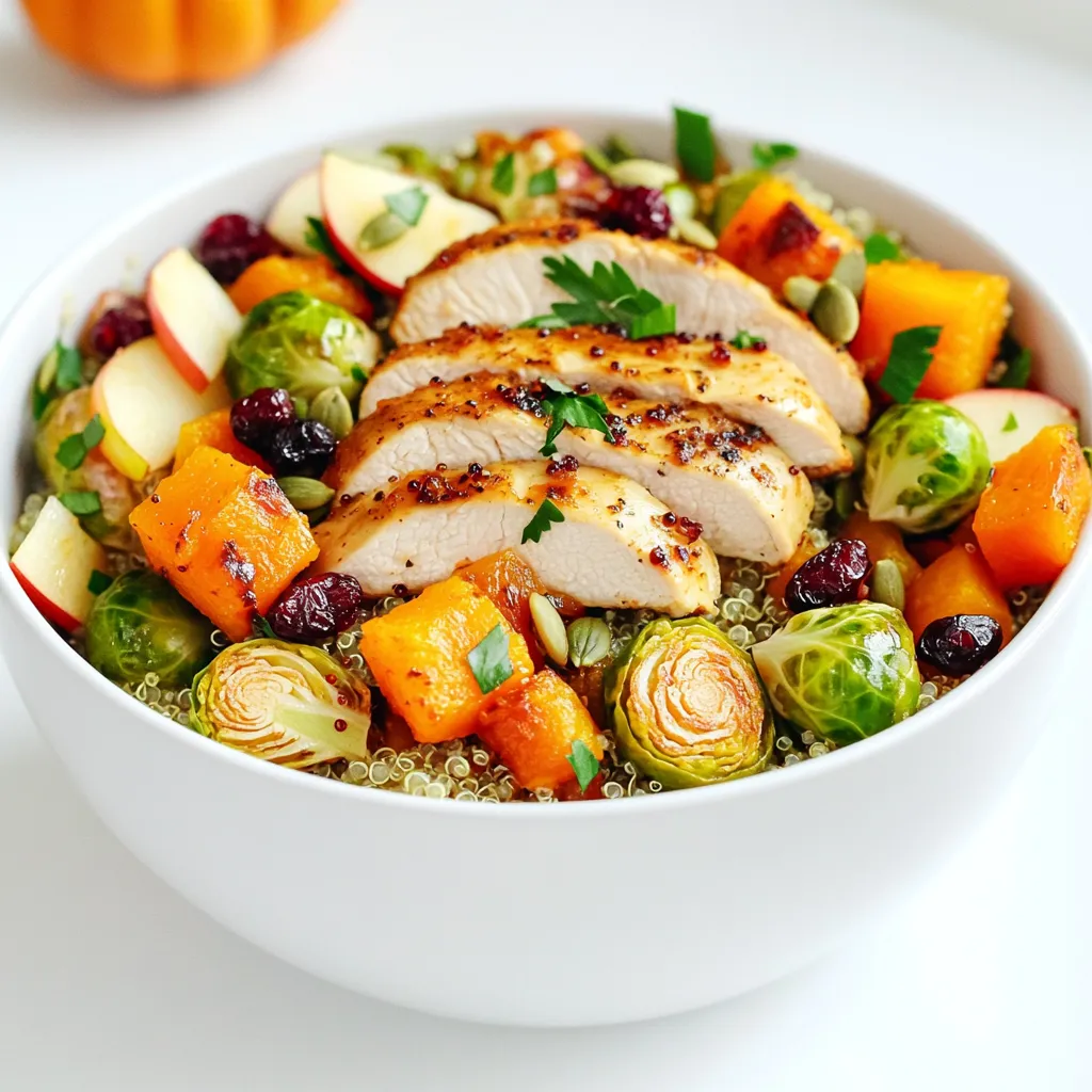 - 450 g Hähnchenbrustfilets ohne Knochen und Haut - 1 Tasse Quinoa, gründlich gewaschen - 2 Tassen Gemüse- oder Hühnerbrühe - 1 Tasse Butternusskürbis, gewürfelt - 1 Tasse Rosenkohl, halbiert - 1 Honigcrispa-Apfel, gewürfelt - 1/2 Tasse getrocknete Cranberries - 1/4 Tasse Kürbiskerne Diese Zutaten machen die Schalen nahrhaft und lecker. Die Hähnchenbrust bringt Protein. Quinoa ist eine tolle Quelle für Ballaststoffe. Butternusskürbis und Rosenkohl fügen Vitamine hinzu. Der Apfel sorgt für Süße, während die Cranberries und Kürbiskerne Knusprigkeit bringen. - 2 Esslöffel Olivenöl - 1 Teelöffel Zimt - 1 Teelöffel Kreuzkümmel - Salz und Pfeffer nach Geschmack - Frische Petersilie zur Garnierung Die Gewürze bringen viel Geschmack. Olivenöl macht das Gemüse schön zart. Zimt gibt einen warmen, süßen Geschmack. Kreuzkümmel fügt eine erdige Note hinzu. Petersilie ist nicht nur hübsch, sondern auch frisch im Geschmack. Diese Schalen sind voll von wichtigen Nährstoffen. Hähnchen gibt dir viel Protein. Quinoa enthält Aminosäuren. Butternusskürbis ist reich an Vitamin A. Rosenkohl bietet Vitamin C und K. Äpfel und Cranberries fügen Antioxidantien hinzu. Insgesamt sind diese Schalen eine gesunde Wahl für jede Mahlzeit. Heize deinen Ofen auf 200°C vor. Nimm eine große Schüssel. Gib den gewürfelten Butternusskürbis und die halbierten Rosenkohl dazu. Füge 1 Esslöffel Olivenöl, Zimt, Salz und Pfeffer hinzu. Mische alles gut. Verteile die Mischung gleichmäßig auf einem Backblech. Röste das Gemüse für 20-25 Minuten. Rühre es zur Hälfte der Zeit um, damit es gleichmäßig gar wird. Während das Gemüse röstet, erhitze das restliche Olivenöl in einer Pfanne. Würze die Hähnchenbrustfilets mit Salz, Pfeffer und Kreuzkümmel. Brate das Hähnchen für etwa 6-7 Minuten pro Seite. Das Hähnchen ist fertig, wenn es nicht mehr rosa ist. Nimm es vom Herd und lass es kurz ruhen. Schneide das Hähnchen dann in Scheiben. Nimm einen mittleren Kochtopf und gib die Quinoa und die Brühe hinein. Bring die Mischung zum Kochen. Reduziere die Hitze und decke den Topf ab. Lass die Quinoa 15 Minuten köcheln. Sie ist fertig, wenn sie fluffig ist und die Flüssigkeit aufgesogen wurde. Nimm eine große Schüssel und vermenge die gegarte Quinoa, das geröstete Gemüse, den gewürfelten Apfel, die getrockneten Cranberries und die Kürbiskerne. Mische alles vorsichtig. Teile die Mischung gleichmäßig auf die Servierschalen auf. Lege die geschnittenen Hähnchenbruststücke obenauf. Garnier jede Schüssel mit frischer Petersilie. Um Gemüse perfekt zu rösten, wähle frische Zutaten. Butternusskürbis und Rosenkohl sind ideal. Schneide das Gemüse gleichmäßig, damit es gleichmäßig gart. Ein guter Trick ist, das Gemüse nicht zu überladen. Lasse genug Platz auf dem Blech, damit die Luft zirkulieren kann. Dies hilft, das Gemüse knusprig zu machen. Rühre das Gemüse in der Mitte der Garzeit um. So wird es gleichmäßig goldbraun. Die Quinoa sollte fluffig und nicht matschig sein. Wasche die Quinoa gründlich, bevor du sie kochst. Verwende 1 Tasse Quinoa und 2 Tassen Brühe, um den besten Geschmack zu erzielen. Bring die Brühe zum Kochen und reduziere die Hitze dann sofort. Decke den Topf ab und lasse die Quinoa 15 Minuten köcheln. Lass die Quinoa nach dem Kochen ein paar Minuten stehen. Dies hilft, die Körner voneinander zu trennen. Das Würzen der Hähnchenbrust macht einen großen Unterschied. Verwende Salz, Pfeffer und Kreuzkümmel für einen tollen Geschmack. Reibe die Gewürze gut in das Hähnchen ein. Dies hilft, den Geschmack zu intensivieren. Brate das Hähnchen in Olivenöl bei mittlerer Hitze. Achte darauf, dass das Hähnchen nicht zu lange brät. Es sollte innen weich und saftig sein. Lass das Hähnchen nach dem Braten ruhen, bevor du es schneidest. So bleibt es zart und lecker. {{image_4}} Um eine leckere vegetarische Option zu machen, ersetzen Sie das Hähnchen. Sie können Tofu oder Tempeh verwenden. Würzen Sie es ähnlich wie das Hähnchen. Braten Sie es in der Pfanne, bis es goldbraun ist. Diese Alternativen geben Ihnen den gleichen herzhaften Geschmack. Passen Sie die Gemüse nach der Saison an. Im Frühling probieren Sie Spargel oder Erbsen. Im Sommer sind Zucchini und Paprika toll. Im Herbst können Sie Karotten oder Rüben verwenden. Im Winter sind Süßkartoffeln eine gute Wahl. Jede Gemüseart bringt ihren eigenen Geschmack in die Schalen. Sie können auch weitere Proteinquellen hinzufügen. Fügen Sie Kichererbsen oder schwarze Bohnen hinzu. Sie sind nahrhaft und geben eine schöne Textur. Auch Nüsse oder Samen sind eine tolle Wahl. Diese Ergänzungen machen Ihre Schalen noch sättigender. Nach dem Essen bleiben oft Reste übrig. Sie können die Schalen leicht kühlen. Teilen Sie die Reste in luftdichte Behälter auf. Lassen Sie die Schalen auf Raumtemperatur abkühlen. Stellen Sie sicher, dass sie gut verschlossen sind. So bleiben sie frisch. Im Kühlschrank halten sie sich etwa drei bis vier Tage. Möchten Sie die Schalen länger aufbewahren? Dann frieren Sie sie ein. Teilen Sie die Schalen in Portionen auf. Nutzen Sie gefrierfreundliche Behälter oder Beutel. Achten Sie darauf, die Luft herauszudrücken. So verhindern Sie Gefrierbrand. Die Schalen sind bis zu drei Monate haltbar. Zum Aufwärmen lassen Sie sie über Nacht im Kühlschrank auftauen. Um die Schalen wieder aufzuwärmen, gibt es verschiedene Optionen. Sie können die Schalen in der Mikrowelle erhitzen. Decken Sie sie mit einem feuchten Papiertuch ab. So bleibt die Feuchtigkeit erhalten. Eine andere Methode ist das Erhitzen im Ofen. Stellen Sie den Ofen auf 180°C ein. Legen Sie die Schalen in eine Auflaufform und decken Sie sie mit Folie ab. Erhitzen Sie sie etwa 20 Minuten. Prüfen Sie, ob sie durchgehend warm sind. Du kannst die Ernte-Hühnchen-Getreide-Schalen bis zu vier Tage im Kühlschrank aufbewahren. Stelle sicher, dass du sie in einem luftdichten Behälter lagern. So bleibt die Frische erhalten. Wenn du die Schalen länger aufbewahren willst, friere sie ein. Sie halten sich im Gefrierfach bis zu drei Monate. Ja, du kannst andere Getreidearten verwenden. Reis, Bulgur oder Hirse sind gute Optionen. Diese Getreidearten haben unterschiedliche Texturen und Geschmäcker. Probiere sie aus, um neue Aromen in deine Schalen zu bringen. Achte darauf, die Kochzeit je nach Getreideart anzupassen. Du kannst viele Gemüsesorten verwenden. Karotten, Paprika und Zucchini passen gut zu diesem Rezept. Sie fügen Geschmack und Farbe hinzu. Achte darauf, das Gemüse gleichmäßig zu schneiden, damit es gleichmäßig gart. Du kannst auch saisonales Gemüse wählen, um die Zutaten frisch zu halten. Um die Schalen vegan zu machen, ersetze das Hähnchen durch Tofu oder Kichererbsen. Diese Optionen bieten Protein und Geschmack. Verwende Gemüsebrühe statt Hühnerbrühe, um die Veganität zu erhalten. Du kannst auch mehr Gemüse hinzufügen, um die Schalen nahrhaft und lecker zu machen. Die Ernte-Hühnchen-Getreide-Schalen sind einfach und gesund. Wir haben die besten Zutaten, Schritt-für-Schritt-Anleitungen und nützliche Tipps besprochen. Variationen machen das Rezept flexibel für jeden Geschmack. Auch die Lagerung ist einfach, sodass Reste nicht verloren gehen. Denke daran, dass du die Schalen anpassen kannst, um sie zu deinem Favoriten zu machen. Probiere neue Kombinationen aus und genieße die Vielfalt. Kochen kann Spaß machen und lecker sein!