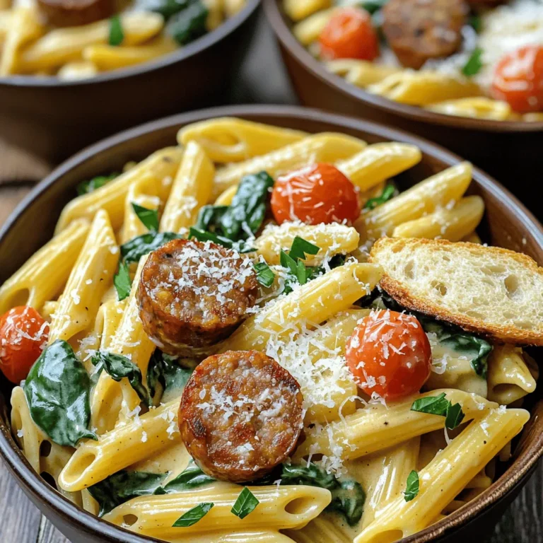 Für die One-Pot Creamy Cajun Sausage Pasta benötigst du folgende Zutaten: - 340 g Penne-Nudeln - 450 g Andouille-Wurst, in Scheiben geschnitten - 1 Esslöffel Olivenöl - 1 mittelgroße Zwiebel, gewürfelt - 3 Zehen Knoblauch, gehackt - 1 Paprika (rot oder grün), gewürfelt - 240 ml Schlagsahne - 480 ml Hühnerbrühe - 1 Esslöffel Cajun-Gewürzmischung - 150 g Kirschtomaten, halbiert - 150 g frischer Spinat - Salz und Pfeffer nach Geschmack - 30 g geriebener Parmesan - Frische Petersilie, gehackt (zum Garnieren) Falls du einige Zutaten nicht hast, gibt es gute Alternativen: - Statt Penne-Nudeln kannst du Fusilli oder Farfalle verwenden. - Eine andere Wurst wie Chorizo oder Hähnchenwurst funktioniert auch gut. - Verwende Kokosmilch statt Schlagsahne für eine laktosefreie Option. - Gemüsebrühe kann die Hühnerbrühe ersetzen. - Wenn du keinen frischen Spinat hast, nimm gefrorenen Spinat oder Mangold. Qualität macht den Unterschied in diesem Gericht. Wähle frische, hochwertige Zutaten: - Die Andouille-Wurst sollte würzig sein, um den Cajun-Geschmack zu bringen. - Frisches Gemüse hat mehr Geschmack und Nährstoffe. - Verwende echte Schlagsahne für die beste Cremigkeit. - Achte auf frische Kräuter, sie bringen Frische und Farbe ins Gericht. - Wenn möglich, greife zu Bio-Zutaten, um schädliche Rückstände zu vermeiden. Zuerst erhitze das Olivenöl in einem großen Topf. Die Hitze sollte mittel sein. Füge die geschnittene Andouille-Wurst hinzu. Brate die Wurst etwa 5-7 Minuten, bis sie schön braun ist. Das gibt dem Gericht viel Geschmack. Nimm die Wurst aus dem Topf und stelle sie beiseite. Jetzt ist es Zeit für das Gemüse. Gib die gewürfelte Zwiebel und die Paprika in den gleichen Topf. Brate sie für 3-4 Minuten. Sie sollten weich werden. Dann füge den gehackten Knoblauch hinzu. Koche für eine weitere Minute. Der Geruch wird lecker sein! Rühre nun die Penne-Nudeln in den Topf. Füge die Hühnerbrühe und die Cajun-Gewürzmischung hinzu. Vergiss nicht, Salz und Pfeffer nach Geschmack zuzugeben. Bring die Mischung zum Kochen. Wenn es kocht, reduziere die Hitze auf ein Köcheln. Decke den Topf ab und koche die Pasta 10-12 Minuten lang. Rühre gelegentlich um, bis die Nudeln al dente sind. Jetzt kommt die cremige Note. Füge die Schlagsahne, die halbierten Kirschtomaten und den frischen Spinat hinzu. Koche alles für weitere 2-3 Minuten. Der Spinat verwelkt und die Pasta wird cremig. Gib die gekochte Wurst zurück in den Topf. Mische alles gut. Jetzt ist der Parmesan dran. Rühre ihn ein, bis er schmilzt und die Sauce cremig wird. Probiere das Gericht. Passe die Gewürze nach deinem Geschmack an. Dein One-Pot Creamy Cajun Sausage Pasta ist nun bereit zum Servieren! Um die Sauce perfekt cremig zu machen, achte auf die Menge der Schlagsahne. Verwende immer frische Schlagsahne, um den besten Geschmack zu erzielen. Rühre die Sahne gut ein, wenn du sie hinzufügst. So wird die Sauce gleichmäßig cremig. Wenn die Sauce zu dick wird, kannst du etwas Hühnerbrühe hinzufügen, um die Konsistenz zu verbessern. Achte darauf, die Pasta nicht zu lange zu kochen, damit sie al dente bleibt. Du kannst die Cajun-Gewürzmischung nach deinem Geschmack anpassen. Wenn du es schärfer magst, füge etwas Cayennepfeffer hinzu. Für einen milderen Geschmack, reduziere die Gewürze. Du kannst auch andere Gemüsesorten wie Zucchini oder Brokkoli hinzufügen. Das bringt zusätzliche Nährstoffe und Farben in dein Gericht. Experimentiere mit verschiedenen Käsesorten, um neue Geschmäcker zu entdecken. Feta oder Gouda können tolle Alternativen sein. Für dieses Rezept benötigst du einen großen Topf, um alles zusammen zu kochen. Ein scharfes Messer hilft dir, die Zutaten schnell und sicher zu schneiden. Ein Holzlöffel ist ideal, um die Pasta zu rühren und die Sauce zu vermischen. Ein Messbecher für die Flüssigkeiten ist ebenfalls nützlich. Wenn du eine Küchenwaage hast, kannst du die Zutaten genau abwiegen. So stellst du sicher, dass alles perfekt in deinem Gericht harmoniert. {{image_4}} Wenn du eine vegetarische Version der One-Pot Creamy Cajun Sausage Pasta machen möchtest, gibt es viele einfache Optionen. Die Andouille-Wurst kannst du durch eine pflanzliche Wurst oder gebratene Champignons ersetzen. Beide geben viel Geschmack. Füge auch mehr Gemüse wie Zucchini oder Auberginen hinzu, um die Textur zu verbessern. Diese Alternativen machen das Gericht leicht und gesund. Die Cajun-Gewürzmischung bringt viel Schärfe und Geschmack. Wenn du es milder magst, verwende weniger von der Mischung. Du kannst auch andere Gewürze ausprobieren. Paprika, Kreuzkümmel oder Thymian passen gut zu diesem Gericht. Frische Kräuter wie Basilikum oder Oregano geben einen schönen Duft und frischen Geschmack. Experimentiere mit verschiedenen Kombinationen, um deinen perfekten Geschmack zu finden. Du kannst das Rezept noch interessanter machen, indem du zusätzliche Zutaten hinzufügst. Zum Beispiel passen geröstete Paprika oder Mais gut zu diesem Gericht. Auch schwarze Bohnen sind eine gute Wahl und fügen Proteine hinzu. Für eine extra cremige Note kannst du Frischkäse oder Ricotta unter die Pasta mischen. Diese Zutaten machen die Pasta noch schmackhafter und bunter. Um die Reste der One-Pot Creamy Cajun Sausage Pasta richtig zu lagern, lasse das Gericht zuerst auf Raumtemperatur abkühlen. Danach fülle die Pasta in einen luftdichten Behälter. So bleibt der Geschmack frisch. Du kannst die Reste bis zu drei Tage im Kühlschrank aufbewahren. Stelle sicher, dass der Behälter gut verschlossen ist, um Austrocknung zu vermeiden. Wenn du die Pasta wieder erhitzen möchtest, gibt es ein paar einfache Schritte. Du kannst sie in der Mikrowelle oder auf dem Herd aufwärmen. Für die Mikrowelle, gib die Pasta in eine Schüssel und decke sie locker mit einem Deckel oder einer Folie ab. Erwärme sie in 1-Minuten-Intervallen, bis sie heiß ist. Wenn du sie auf dem Herd erwärmst, füge einen Schuss Hühnerbrühe oder Sahne hinzu, um die Cremigkeit zu erhalten. Rühre oft um, damit sie gleichmäßig warm wird. Im Kühlschrank bleibt die Pasta drei Tage lang frisch. Wenn du sie länger aufbewahren möchtest, friere sie ein. Fülle die Pasta in gefriergeeignete Behälter oder Beutel. So bleibt sie bis zu drei Monate haltbar. Achte darauf, die Pasta vor dem Einfrieren gut abzukühlen. Zum Auftauen, lasse die Pasta über Nacht im Kühlschrank oder erwärme sie direkt aus dem Gefrierschrank. Die Zubereitung der One-Pot Pasta dauert etwa 30 Minuten. Die Vorbereitungszeit ist schnell, nur etwa 15 Minuten. Die Hauptkochzeit für die Pasta beträgt 10 bis 12 Minuten. So hast du in kurzer Zeit ein leckeres Gericht. Ja, du kannst frische Nudeln verwenden. Sie kochen schneller als getrocknete Nudeln. Achte darauf, die Kochzeit zu verkürzen. Frische Nudeln brauchen etwa 3 bis 4 Minuten. Teste sie auf Bissfestigkeit, um die perfekte Konsistenz zu erreichen. Ja, du kannst glutenfreie Pasta verwenden. Es gibt viele Marken, die glutenfreie Penne anbieten. Achte darauf, die Kochzeit gemäß den Anweisungen auf der Verpackung anzupassen. So kannst du die Pasta genießen, ohne Gluten zu konsumieren. In diesem Artikel haben wir die wichtigsten Zutaten für One-Pot Pasta betrachtet. Wir haben auch Ersatzprodukte und Qualitätsrichtlinien besprochen. Die Schritt-für-Schritt-Anleitung hat Ihnen geholfen, das Gericht schnell zuzubereiten. Unsere Tipps und Tricks geben Ihnen die nötigen Werkzeuge für den perfekten Geschmack. Variationen und Aufbewahrungshinweise erweitern Ihre Möglichkeiten. Nutzen Sie diese Informationen, um ein leckeres Gericht zu kochen, das immer gelingt. Kochen Sie los und genießen Sie Ihre eigene Kreation!