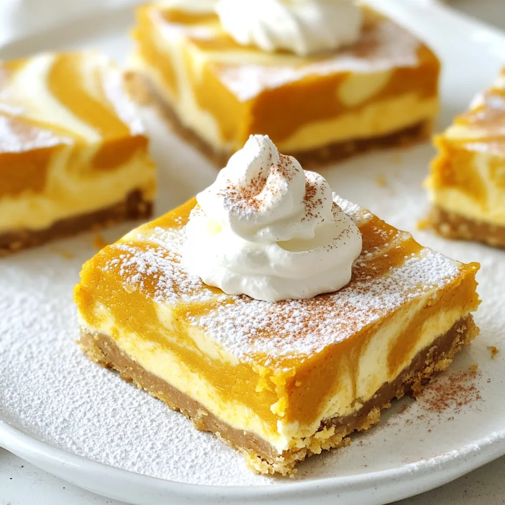 - 240 g Weizenmehl - 100 g brauner Zucker - 115 g ungesalzene Butter - 1 Teelöffel Zimt - 1 Teelöffel Backpulver - ¼ Teelöffel Salz - 240 g Kürbispüree aus der Dose - 240 g Frischkäse, weich gemacht - 2 große Eier - 1 Teelöffel Vanilleextrakt - 100 g Zucker - ½ Teelöffel Muskatnuss Ich liebe es, diese Zutaten zusammenzustellen. Sie sind einfach zu finden und machen den Riegel lecker. Weizenmehl gibt die Basis. Brauner Zucker fügt Süße und einen tollen Geschmack hinzu. Ungesalzene Butter sorgt für eine reiche, cremige Textur. Zimt, Backpulver und Salz bringen die Aromen ins Gleichgewicht. Kürbispüree gibt den Riegeln die perfekte Herbstnote. Frischkäse macht sie schön cremig. Eier halten alles zusammen und sorgen für eine feste Struktur. Vanilleextrakt bringt Tiefe, und Muskatnuss rundet den Geschmack ab. Jede Zutat spielt eine wichtige Rolle. Wenn Sie sie in der richtigen Menge verwenden, gelingen die Riegel jedes Mal perfekt. Heize deinen Ofen auf 175°C vor. Nimm eine 20x20 cm Backform und lege sie mit Backpapier aus. Lass dabei etwas überstehen. Das hilft dir später, die Riegel einfach herauszunehmen. In einer Schüssel vermischst du die geschmolzene Butter, den braunen Zucker, Zimt, Backpulver, Salz und das Weizenmehl. Rühre alles gut um. Du willst eine gleichmäßige Teigmasse. Drücke diese gleichmäßig in die Backform. So hast du eine feste Kruste. In einer anderen Schüssel schlägst du den weichen Frischkäse glatt. Füge dann Zucker, Vanilleextrakt und die Eier hinzu. Mixe alles, bis die Mischung cremig und gleichmäßig ist. Rühre das Kürbispüree und die Muskatnuss in die Frischkäsemischung. Gieße diese Mischung gleichmäßig über die Kruste. Verteile sie gut. Nimm ein Messer oder einen Spieß und mache sanfte Swirls in die Mischung. So entsteht ein schönes Muster. Backe die Riegel für 25-30 Minuten. Sie sind fertig, wenn die Masse fest ist und ein Zahnstocher sauber herauskommt. Lass die Riegel in der Form bei Raumtemperatur abkühlen. Danach stelle sie für mindestens 2 Stunden in den Kühlschrank. So werden sie fest. Ziehe die Riegel vorsichtig mit dem Backpapier aus der Form. Schneide sie in Quadrate und serviere sie. Um die beste Konsistenz zu erhalten, ist es wichtig, die Zutaten gut zu mischen. Achte darauf, dass der Frischkäse weich ist. So wird die Mischung schön glatt. Wenn der Teig zu trocken wirkt, kannst du etwas mehr geschmolzene Butter hinzufügen. Um den Geschmack zu verbessern, füge etwas Ingwer oder Nelken hinzu. Diese Gewürze passen gut zum Kürbis. Du kannst auch einen Schuss Ahornsirup in die Mischung geben. Das bringt zusätzliche Süße und Tiefe. Ein häufiger Fehler ist, die Riegel zu lange zu backen. Überprüfe die Riegel nach 25 Minuten. Ein Zahnstocher sollte sauber herauskommen, aber die Riegel sollten noch leicht wackeln. Lass sie nach dem Backen abkühlen, bevor du sie in Stücke schneidest. So bleiben sie saftig und lecker. {{image_4}} Schokoladenstückchen sind eine tolle Ergänzung zu diesen Riegeln. Die süße Schokolade passt gut zum Kürbis und Käsekuchen. Du kannst 100 g Zartbitterschokolade oder Milchschokolade verwenden. Mische die Stückchen einfach in die Frischkäsemischung. So wird jeder Biss noch schmackhafter und aufregender. Für eine glutenfreie Variante kannst du Mandel- oder Kokosmehl verwenden. Diese Mehle geben dem Teig eine andere Textur, aber sie sind lecker. Wenn du eine vegane Option suchst, ersetze die Eier durch einen Chia- oder Leinsamen-Ei-Ersatz. Mische 1 Esslöffel Chiasamen oder Leinsamen mit 2,5 Esslöffeln Wasser. Lass es kurz quellen, bevor du es hinzufügst. Wenn du neue Geschmäcker magst, versuche, andere Gewürze hinzuzufügen. Eine Prise Ingwer oder ein Hauch Vanille können den Riegeln Tiefe geben. Du kannst auch geröstete Nüsse wie Walnüsse oder Pekannüsse hinzufügen. Diese geben einen schönen Crunch und machen die Riegel noch besser. Kürbis-Käsekuchen-Swirl-Riegel sind am besten frisch. Bei Raumtemperatur halten sie sich etwa 1-2 Stunden. Danach empfehle ich, sie in den Kühlschrank zu stellen. Die Wärme kann die Konsistenz der Füllung beeinträchtigen. Im Kühlschrank sind die Riegel bis zu einer Woche haltbar. Lagern Sie sie in einem luftdichten Behälter. So bleibt die Frische erhalten. Wenn Sie die Riegel aus dem Kühlschrank nehmen, lassen Sie sie kurz bei Raumtemperatur stehen. So schmecken sie wieder besser. Sie können die Riegel auch einfrieren. Wickeln Sie sie gut in Frischhaltefolie und legen Sie sie in einen Gefrierbeutel. So bleiben sie bis zu drei Monate frisch. Wenn Sie sie essen möchten, lassen Sie sie über Nacht im Kühlschrank auftauen. Sie werden fast wie frisch gebacken schmecken! Die Riegel sind bei Raumtemperatur etwa drei Tage haltbar. Lagern Sie sie in einem luftdichten Behälter. Im Kühlschrank halten sie bis zu eine Woche frisch. Achten Sie darauf, die Riegel gut abzudecken, damit sie nicht austrocknen. Wenn Sie sie länger aufbewahren möchten, frieren Sie sie ein. So bleiben sie bis zu drei Monate genießbar. Ja, Sie können Frischkäse durch griechischen Joghurt ersetzen. Das gibt Ihnen eine ähnliche Cremigkeit. Eine andere Option ist Quark, der auch gut funktioniert. Wenn Sie eine vegane Variante suchen, wählen Sie veganen Frischkäse. Achten Sie darauf, die Konsistenz im Rezept zu überprüfen. Die Riegel können einfach mit Puderzucker bestäubt werden. Für mehr Geschmack fügen Sie einen Klecks Schlagsahne hinzu. Ein Hauch Zimt obendrauf macht sie festlich. Für ein schönes Aussehen können Sie auch Karamellsauce oder Schokoladensauce träufeln. Zu den Riegeln passen viele Dinge. Ein frischer Obstsalat bringt Farbe und Frische. Auch eine Tasse Kaffee oder Tee ergänzt die Riegel gut. Wenn Sie etwas Besonderes möchten, servieren Sie sie mit einer Kugel Vanilleeis. Die Zutaten für die Kürbis-Käsekuchen-Swirl-Riegel sind einfach und lecker. In dieser Anleitung hast du Schritt für Schritt erfahren, wie du sie zubereitest. Zusätzlich gibt es Tipps, um die perfekte Konsistenz zu erreichen und Fehler zu vermeiden. Variationen erlauben es dir, kreativ zu sein und neue Geschmäcker auszuprobieren. Achte auf die Lagerung, um die Riegel frisch zu halten. Diese Riegel sind einfach zuzubereiten und schmecken fantastisch. Probiere es aus und genieße jeden Bissen!