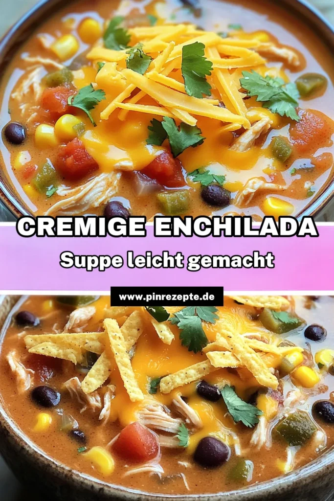 Entdecken Sie das Rezept für cremige Hähnchen-Enchilada-Suppe, das perfekt für kalte Tage ist! Mit zartem Hähnchen, schmackhaften Bohnen, Mais und einer verführerischen Mischung aus Gewürzen zaubern Sie ein Gericht, das nicht nur einfach zuzubereiten ist, sondern Ihre Familie begeistern wird. Klicken Sie jetzt, um die Schritt-für-Schritt-Anleitung zu sehen und diese köstliche Suppe selbst zu genießen!