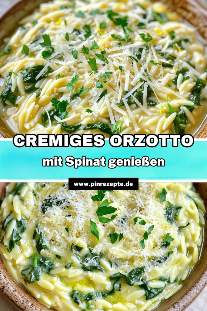 Entdecken Sie unser cremiges Knoblauch-Spinat-Orzotto, das in nur 25 Minuten zubereitet wird! Diese köstliche Kombination aus Orzo-Pasta, frischem Spinat und aromatischem Knoblauch sorgt für ein echtes Wohlfühlessen. Perfekt für ein schnelles Abendessen oder eine besondere Gelegenheit. Lassen Sie sich inspirieren und klicken Sie, um das vollständige Rezept zu entdecken! #Knoblauch #CremigeRezepte #Orzotto #GesundeErnährung