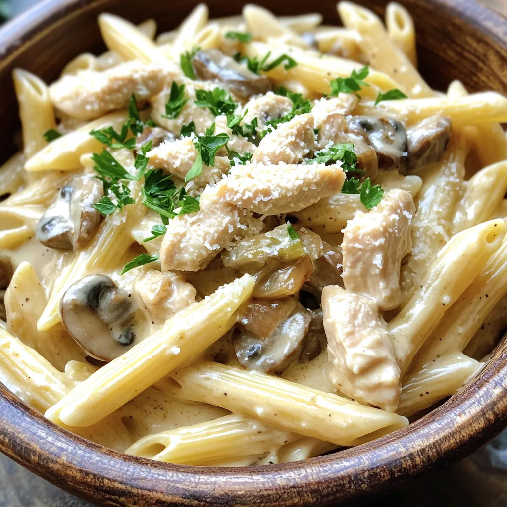 Die Hauptzutaten für dieses Gericht sind einfach und frisch. Sie benötigen: - 2 Hähnchenbrustfilets ohne Knochen und Haut, gewürfelt - 225 g Penne-Pasta - 500 ml Hühnerbrühe - 240 ml Schlagsahne - 100 g Cremini-Pilze, in Scheiben geschnitten - 1 kleine Zwiebel, fein gehackt - 3 Knoblauchzehen, gehackt Diese Zutaten sorgen für einen vollen Geschmack und eine schöne Textur. Das Hähnchen liefert Proteine, die Pilze bringen Umami, und die Pasta hält alles zusammen. Die richtigen Gewürze und Öle machen den Unterschied. Hier sind sie: - 1 Teelöffel getrockneter Thymian - 1 Teelöffel getrockneter Oregano - 1 Esslöffel Olivenöl - Salz und Pfeffer nach Geschmack Olivenöl bringt gesundes Fett und eine frische Note. Thymian und Oregano geben ein tolles Aroma. Salz und Pfeffer sind notwendig, um die Aromen zu heben. Garnierungen machen das Gericht noch schöner. Verwenden Sie: - Frische Petersilie, gehackt (zum Garnieren) - Geriebener Parmesan (zum Servieren) Die Petersilie sorgt für eine frische Farbe und schmeckt gut. Parmesan fügt einen herzhaften Geschmack hinzu und macht das Gericht noch cremiger. Beginne mit zwei Hähnchenbrustfilets. Schneide sie in gleich große Stücke. Dies sorgt für ein gleichmäßiges Garen. Erhitze einen großen Topf auf mittlerer bis hoher Hitze. Gib einen Esslöffel Olivenöl hinein. Füge die Hähnchenstücke hinzu und würze sie mit Salz und Pfeffer. Brate sie für etwa 5 bis 7 Minuten, bis sie schön goldbraun sind. Achte darauf, sie gut zu wenden. Nimm das Hähnchen dann aus dem Topf und stelle es beiseite. So bleibt es saftig und zart. Im gleichen Topf, ohne das Öl zu entfernen, füge jetzt die fein gehackte Zwiebel hinzu. Koche sie für etwa 4 bis 5 Minuten, bis sie weich und durchscheinend ist. Dann kommen die geschnittenen Cremini-Pilze dazu. Rühre alles gut um. Die Pilze geben einen tollen Geschmack. Koche sie, bis sie zart sind. Jetzt ist der richtige Moment, um den gehackten Knoblauch und die getrockneten Kräuter hinzuzufügen. Rühre für eine Minute um, bis das Aroma die Küche füllt. Jetzt ist es Zeit für die Pasta. Gib 225 g Penne-Pasta und 500 ml Hühnerbrühe in den Topf. Rühre alles gut um, sodass die Pasta in der Brühe schwimmt. Bringe die Mischung zum Kochen. Reduziere dann die Hitze auf niedrig und decke den Topf ab. Lasse die Pasta etwa 12 Minuten kochen, bis sie al dente ist. Rühre gelegentlich um, damit nichts kleben bleibt. Nach dem Kochen füge die 240 ml Schlagsahne und das Hähnchen wieder hinzu. Mische alles gut und lasse es 2 bis 3 Minuten köcheln. So wird es schön cremig. Schmecke es mit Salz und Pfeffer ab. Lass die Pasta vor dem Servieren ein paar Minuten ruhen. Das hilft, die Sauce leicht anzudicken. Serviere deine cremige Hähnchen Marsala Pasta in tiefen Schalen und garniere sie mit frischer Petersilie und geriebenem Parmesan für den perfekten Genuss. Die Kochzeit ist wichtig. Bei Penne braucht die Pasta etwa 12 Minuten. Achte darauf, die Pasta al dente zu kochen. So bleibt sie bissfest und nimmt die Sauce gut auf. Rühre die Pasta während des Kochens gelegentlich um. So kleben die Stücke nicht zusammen. Du kannst neue Geschmäcker hinzufügen. Probiere frische Kräuter wie Basilikum oder Rosmarin. Sie geben der Sauce einen frischen Kick. Auch etwas Weißwein kann den Geschmack vertiefen. Füge ihn einfach zu den Zwiebeln und Pilzen hinzu. Die Sauce wird dadurch noch aromatischer. Beachte folgende Tipps, um Fehler zu vermeiden: - Verwende genug Brühe. Die Pasta braucht Flüssigkeit. - Koche die Zwiebeln und Pilze gut an. So entwickeln sie ihr volles Aroma. - Mische die Sahne erst am Ende unter. So bleibt die Sauce schön cremig. - Lass die Pasta einige Minuten ruhen, bevor du servierst. Dadurch wird sie fester. Mit diesen Tipps wird deine cremige Hähnchen Marsala Pasta perfekt! {{image_4}} Wenn Sie eine vegetarische Variante meiner cremigen Hähnchen Marsala Pasta probieren möchten, ersetzen Sie das Hähnchen durch Tofu. Wählen Sie festen Tofu, schneiden Sie ihn in Würfel und braten Sie ihn goldbraun an. Sie können auch mehr Pilze verwenden, um den Geschmack zu verstärken. Portobello-Pilze sind eine großartige Wahl, da sie fleischig und herzhaft sind. Fügen Sie zusätzlich Gemüse wie Spinat oder Zucchini hinzu, um mehr Farbe und Nährstoffe zu bekommen. Für zusätzliche Proteine können Sie einfach Garnelen oder Lachs hinzufügen. Diese Fischarten passen gut zur cremigen Sauce und verleihen dem Gericht eine köstliche Note. Braten Sie die Garnelen oder den Lachs in Olivenöl an, bevor Sie die Zwiebeln und Pilze hinzufügen. Achten Sie darauf, die Garzeit anzupassen, damit alles gleichmäßig gart. Wenn Sie mehr Eiweiß wünschen, fügen Sie auch einige Kichererbsen hinzu. Sie sind nahrhaft und fügen einen tollen Biss hinzu. Wenn Sie keine Penne-Pasta haben, können Sie andere Sorten verwenden. Fusilli oder Farfalle sind gute Alternativen, da sie die Sauce gut festhalten. Denken Sie daran, die Kochzeit der Pasta anzupassen, abhängig von der gewählten Sorte. Glutenfreie Pasta ist ebenfalls eine Option, falls jemand in Ihrer Familie Gluten meiden muss. Achten Sie auch hier auf die richtige Kochzeit, um die beste Textur zu gewährleisten. Die Reste von cremiger Hähnchen Marsala Pasta sind einfach zu lagern. Lassen Sie die Pasta zuerst abkühlen. Füllen Sie sie dann in einen luftdichten Behälter. Sie hält sich im Kühlschrank für bis zu drei Tage. Achten Sie darauf, die Pasta gut abzudecken. So bleibt sie frisch und schmackhaft. Wenn Sie die Pasta länger aufbewahren möchten, können Sie sie auch einfrieren. Teilen Sie die Reste in Portionen auf. Verwenden Sie gefrierfeste Behälter oder Beutel. So bleibt die Pasta bis zu drei Monate haltbar. Achten Sie darauf, die Luft aus den Beuteln zu drücken. Das verhindert Gefrierbrand. Um die Pasta aufzuwärmen, nehmen Sie sie aus dem Kühlschrank oder Gefrierfach. Wenn sie gefroren ist, lassen Sie sie zuerst im Kühlschrank auftauen. Erhitzen Sie die Pasta dann in einer Pfanne bei mittlerer Hitze. Fügen Sie etwas Hühnerbrühe oder Sahne hinzu. So bleibt die Pasta cremig und lecker. Rühren Sie gut um, bis alles warm ist. Du kannst die Reste der cremigen Hähnchen Marsala Pasta bis zu drei Tage im Kühlschrank aufbewahren. Stelle sicher, dass du sie in einem luftdichten Behälter lagerst. So bleibt der Geschmack frisch und lecker. Wenn du die Reste in einem größeren Behälter hast, achte darauf, dass sie gut abgedeckt sind, damit sie nicht austrocknen. Ja, du kannst die Schlagsahne durch verschiedene Alternativen ersetzen. Eine gute Option ist griechischer Joghurt. Das macht die Sauce cremig und gibt einen extra Nährstoffschub. Eine andere Möglichkeit ist Kokosmilch, für einen leicht süßen Geschmack. Du kannst auch eine pflanzliche Sahne verwenden, wenn du eine vegane Version möchtest. Zu Hähnchen Marsala Pasta passen viele Beilagen gut. Ein frischer grüner Salat bringt eine knackige Note. Auch geröstetes Gemüse ergänzt das Gericht schön. Du kannst auch Knoblauchbrot servieren, um die Sauce aufzutunken. Wenn du es herzhaft magst, sind auch Parmesan-Spinat-Röllchen eine tolle Wahl. In diesem Artikel haben wir die Hauptzutaten für cremige Hähnchen Marsala Pasta besprochen. Wir haben die Zubereitung des Hähnchens und der Beilagen detailliert behandelt. Tipps helfen dir, häufige Fehler zu vermeiden. Du hast auch verschiedene Varianten und Lagerungsmethoden kennengelernt. Nutze diese Informationen, um dein Gericht zu perfektionieren. Experimentiere mit neuen Zutaten. So wird jede Mahlzeit ein Genuss. Viel Spaß beim Kochen und guten Appetit!