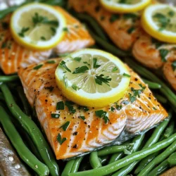 Für diesen leckeren Zitronen-Kräuterlachs benötigst du folgende Hauptzutaten: - 4 Lachsfilets (je etwa 170 g) - 2 Zitronen (1 für den Saft, 1 in Scheiben) - 3 Knoblauchzehen, fein gehackt - 1 Teelöffel getrockneter Oregano - 1 Teelöffel getrockneter Thymian - Salz und Pfeffer nach Geschmack Der Lachs ist eine großartige Proteinquelle. Er bietet gesunde Fette und ist einfach zuzubereiten. Die Zitronen bringen Frische ins Gericht und die Kräuter sorgen für einen aromatischen Geschmack. Die Beilagen sind ebenso wichtig. Hier sind die Zutaten für die grünen Bohnen: - 450 g frische grüne Bohnen, geputzt - 3 Esslöffel Olivenöl, aufgeteilt - Salz und Pfeffer nach Geschmack Grüne Bohnen sind knackig und nährstoffreich. Sie ergänzen den Lachs perfekt. Mit etwas Öl und Gewürzen schmecken sie einfach köstlich. Für dieses Rezept empfehle ich: - Olivenöl für die Marinade und die Bohnen - Frische Petersilie zum Garnieren Olivenöl ist gesund und gibt dem Gericht einen tollen Geschmack. Die frische Petersilie sieht nicht nur gut aus, sondern bietet auch einen zusätzlichen Frischekick. Diese Zutaten machen dein Essen nicht nur lecker, sondern auch schön anzusehen. Heize deinen Ofen auf 200°C vor. Das sorgt dafür, dass der Lachs gleichmäßig gart. Lege ein großes Backblech mit Backpapier aus. Das erleichtert die Reinigung nach dem Kochen. Jetzt bist du bereit, die Zutaten vorzubereiten und alles zu marinieren. Nimm eine kleine Schüssel und vermische 2 Esslöffel Olivenöl, den Saft von einer Zitrone, die gehackten Knoblauchzehen, Oregano, Thymian, Salz und Pfeffer. Rühre alles gut um, bis die Mischung gut verbunden ist. Diese Marinade gibt dem Lachs viel Geschmack. Lege die Lachsfilets auf eine Seite des Backblechs. Bestreiche die Filets großzügig mit der Marinade. Auf der anderen Seite füge die geputzten grünen Bohnen hinzu. Beträufle sie mit dem restlichen Esslöffel Olivenöl und würze sie mit Salz und Pfeffer. Schwenke die Bohnen, damit sie gleichmäßig gewürzt sind. Schneide die zweite Zitrone in Scheiben und lege sie auf die Lachsfilets und die Bohnen. Jetzt ist alles bereit fürs Backen! Um den perfekten Lachs zu erzielen, achte auf die Garzeit. Backe die Filets für 12 bis 15 Minuten. Der Lachs sollte innen zart und leicht rosa sein. Wenn du die Gabel hineinsteckst, sollte sich das Fleisch leicht teilen. Ist der Lachs zu lange im Ofen, wird er trocken. Du kannst auch ein Fleischthermometer verwenden. Eine Temperatur von 62°C (145°F) ist ideal. Die Gewürze sind wichtig für den Geschmack. Du kannst sie nach deinem eigenen Geschmack anpassen. Füge mehr Knoblauch hinzu, wenn du es magst. Magst du es schärfer? Probiere etwas Chili. Verwende frische Kräuter wie Basilikum oder Dill für mehr Aroma. Salz und Pfeffer sind grundlegend, aber scheue dich nicht, kreativ zu sein. Die Präsentation macht das Gericht noch besser. Serviere den Lachs und die Bohnen auf einer großen Platte. Träufle die Säfte vom Blech darüber. Das bringt zusätzlichen Geschmack. Lege frische Zitronenscheiben und gehackte Petersilie dazu. Das sieht nicht nur gut aus, sondern sorgt auch für frische Aromen. Achte darauf, dass alles bunt und einladend wirkt. {{image_4}} Du kannst den Lachs auch mit anderen Kräutern zubereiten. Probiere frischen Dill oder Basilikum. Diese Kräuter geben dem Gericht einen neuen Geschmack. Mische die Kräuter in die Marinade. So bleibt der Lachs saftig und aromatisch. Wenn du eine vegane Option suchst, nutze Tofu oder Tempeh. Diese Zutaten nehmen die Aromen gut auf. Mariniere den Tofu genauso wie den Lachs. Auch für die Bohnen kannst du andere Gemüse wählen, wie Zucchini oder Karotten. Sie sind gesund und lecker. Das Blechgericht kann vielfältig sein. Du kannst auch Paprika, Brokkoli oder Spargel hinzufügen. Diese Gemüsesorten sind einfach zuzubereiten und passen gut zu Lachs. Achte darauf, die Garzeiten anzupassen, damit alles gleichmäßig gart. So bleibt dein Blechgericht bunt und nahrhaft. Wenn du Reste hast, lass das Gericht zuerst abkühlen. Lege den Lachs und die grünen Bohnen in einen luftdichten Behälter. Verwende am besten getrennte Behälter für jeden. Das hält die Aromen frisch. Du kannst die Reste bis zu drei Tage im Kühlschrank aufbewahren. Wenn du mehr Zeit brauchst, kannst du die Reste auch einfrieren. Achte darauf, dass sie gut verpackt sind, um Gefrierbrand zu vermeiden. Um den Lachs und die Bohnen wieder aufzuwärmen, benutze den Ofen. Heize ihn auf 180°C vor. Lege die Reste auf ein Backblech und decke sie mit Alufolie ab. So bleiben sie saftig und warm. Backe sie für etwa 10 Minuten oder bis alles heiß ist. Du kannst auch die Mikrowelle verwenden. Stelle die Leistung auf mittlere Stufe, um ein gleichmäßiges Erwärmen zu gewährleisten. Frische Zutaten sind der Schlüssel zu diesem Gericht. Lachs bleibt im Kühlschrank etwa zwei Tage frisch. Grüne Bohnen halten sich im Kühlschrank bis zu einer Woche. Verwende sie schnell, um den besten Geschmack zu erreichen. Die Marinade kannst du im Kühlschrank bis zu fünf Tage aufbewahren. Achte darauf, sie in einem luftdichten Behälter zu lagern. So bleibt die Frische der Aromen erhalten. Der Lachs benötigt 12 bis 15 Minuten im Ofen. Du weißt, dass er fertig ist, wenn er leicht mit einer Gabel zerfällt. Achte darauf, dass die Innentemperatur 63°C erreicht. So bleibt der Lachs saftig und zart. Ja, gefrorener Lachs ist eine gute Option. Du solltest ihn jedoch zuerst auftauen. Lasse ihn über Nacht im Kühlschrank. Wenn du es eilig hast, lege ihn in kaltes Wasser für 30 Minuten. Beachte, dass gefrorener Lachs etwas länger im Ofen braucht. Grüne Bohnen sind perfekt, aber du kannst auch andere Gemüse verwenden. Probier Karotten oder Brokkoli. Ein frischer Salat passt auch gut dazu. Du kannst auch Reis oder Quinoa als Beilage servieren, um das Gericht abzurunden. In diesem Artikel haben wir die besten Zutaten für Zitronen-Kräuterlachs besprochen. Du hast gelernt, wie du den Lachs marinierst und die Beilagen vorbereitest. Tipps helfen dir, den perfekten Lachs zu erreichen und die Präsentation zu verbessern. Du kannst auch einfache Variationen ausprobieren und Reste richtig lagern. Das Kochen kann Spaß machen. Experimentiere mit verschiedenen Kombinationen und finde deinen Favoriten. Viel Freude beim Ausprobieren!