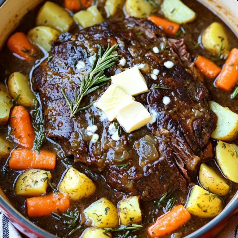 - 1,5-2 kg Rinderchuckbraten - 120 g ungesalzene Butter, geteilt - 500 ml Rinderbrühe Der Rinderchuckbraten ist das Herzstück dieses Rezepts. Er hat viel Geschmack und wird beim langsamen Garen zart. Butter und Rinderbrühe bringen zusätzlichen Geschmack und Saftigkeit. Diese Zutaten sind einfach zu finden und gut für Ihr Gericht. - 1 große Zwiebel, in Scheiben geschnitten - 4 Knoblauchzehen, zerdrückt - 4 große Karotten, in Stücke geschnitten - 4 mittelgroße Kartoffeln, gewürfelt - 2 Teelöffel getrockneter Thymian - 2 Teelöffel Rosmarin - 1 Esslöffel Worcestershire-Sauce Gemüse bringt Farbe und Nährstoffe. Die Zwiebel und der Knoblauch geben einen tollen Duft. Karotten und Kartoffeln sind perfekt, um das Gericht herzhaft zu machen. Thymian und Rosmarin fügen frische Aromen hinzu. Worcestershire-Sauce sorgt für eine tiefere Geschmacksnote. - Salz und Pfeffer nach Geschmack - Hausratsvarianten und Alternativen Salz und Pfeffer sind wichtig, um das Fleisch gut zu würzen. Sie heben die Aromen hervor. Wenn Sie andere Kräuter oder Gewürze mögen, probieren Sie diese aus. Sie können auch anderes Gemüse verwenden, wie Sellerie oder Pilze. Seien Sie kreativ und passen Sie das Rezept an Ihren Geschmack an. Um den Rinderchuckbraten vorzubereiten, beginne mit dem Würzen. Nimm Salz und Pfeffer und streue sie großzügig über das Fleisch. Dies sorgt für einen tollen Geschmack. Dann erhitze 2 Esslöffel Butter in einer großen Pfanne. Lass die Butter schmelzen und brate den Braten an. Brate ihn etwa 5 Minuten pro Seite an, bis er goldbraun ist. Dieser Schritt bringt viel Geschmack in dein Gericht. Jetzt ist es Zeit, das Gemüse vorzubereiten. Schneide die Zwiebel in Scheiben und zerdrücke die Knoblauchzehen. Gib sie in die Pfanne, in der du das Fleisch angebraten hast. Brate sie 2 bis 3 Minuten an, bis sie leicht golden und duftend sind. Lege dann die Karotten und Kartoffeln rund um den Braten im Slow Cooker. Das Gemüse wird während des Kochens zart und nimmt die Aromen auf. Mische in einer Schüssel die Rinderbrühe mit Worcestershire-Sauce, Thymian und Rosmarin. Gieße diese Mischung gleichmäßig über den Braten und das Gemüse im Slow Cooker. Schneide die restliche Butter in Scheiben und lege sie auf den Braten. Setze nun den Deckel auf den Slow Cooker. Stelle ihn auf niedrige Stufe für 8 bis 10 Stunden oder auf hohe Stufe für 4 bis 5 Stunden ein. Das Fleisch wird zart und lässt sich leicht zerkleinern. Nach dem Garen nimm den Braten aus dem Slow Cooker und lass ihn kurz ruhen. Dann kannst du ihn in Scheiben schneiden oder zerkleinern. Serviere den Rinderbraten mit dem Gemüse und der herzhaften Brühe. Die Garzeit ist wichtig für einen guten Braten. Garen Sie den Rinderchuckbraten auf niedriger Stufe für 8-10 Stunden. Auf hoher Stufe reicht 4-5 Stunden. So wird das Fleisch zart und geschmackvoll. Um das zarte Fleisch zu erreichen, braten Sie den Braten zuerst in Butter an. Diese Technik gibt dem Fleisch einen tollen Geschmack. Die restliche Butter erhöht die Saftigkeit beim Garen. Ein häufiger Fehler ist das Überwürzen. Verwenden Sie Salz und Pfeffer in Maßen. Zu viel Gewürz überdeckt den feinen Geschmack des Fleisches. Die Garzeit ist ebenfalls wichtig. Wenn das Fleisch zu kurz gart, bleibt es zäh. Achten Sie darauf, den Braten lange genug zu garen, damit er zart wird. Für die Präsentation empfehle ich, den Rinderbraten auf einer großen Platte zu servieren. Garnieren Sie ihn mit frischen Rosmarinzweigen. Das sieht hübsch aus und schmeckt gut. Als Beilage passen Kartoffeln und Karotten gut. Auch frisches Brot oder ein Salat sind tolle Ergänzungen. Diese Optionen machen das Gericht noch schmackhafter. {{image_4}} Weitere Kräuter und Gewürze Wenn du das Rezept anpassen möchtest, probiere neue Kräuter. Oregano und Basilikum geben eine frische Note. Petersilie bringt Farbe und Geschmack. Du kannst auch etwas Paprika für einen Hauch von Schärfe hinzufügen. Gemüsevariationen Denke daran, dass du das Gemüse variieren kannst. Statt Karotten kannst du Sellerie oder Süßkartoffeln verwenden. Auch Zucchini oder Kürbis sind tolle Optionen. Sie verleihen dem Gericht neue Geschmäcker und Farben. Alternativen zum Rinderbraten Wenn du Rindfleisch meiden möchtest, gibt es Alternativen. Probier Lamm oder Schweinefleisch für andere Aromen. Hähnchenbrust eignet sich auch gut, braucht aber weniger Garzeit. Achte darauf, die Garzeit entsprechend anzupassen. Vegane Optionen Für eine pflanzliche Variante nutze Tofu oder Seitan. Diese Proteine nehmen die Aromen gut auf. Du kannst auch Kichererbsen oder Linsen verwenden. Sie sind nahrhaft und machen das Gericht sättigend. Varianten für die Brühe Die Brühe kannst du ganz nach deinem Geschmack anpassen. Verwende Gemüsebrühe für eine leichtere Option. Füge etwas Rotwein hinzu für mehr Tiefe im Geschmack. Sojasauce kann auch den Umami-Geschmack verstärken. Beilagensaucen Serviere das Gericht mit verschiedenen Saucen. Eine cremige Pilzsauce passt gut zu Rinderbraten. Eine einfache Senfsauce bringt Schärfe. Auch eine frische Salsa kann das Gericht aufpeppen und einen fruchtigen Kontrast bieten. Wie lange bleibt der Braten frisch? Der Braten bleibt im Kühlschrank etwa 3 bis 4 Tage frisch. Achte darauf, ihn gut abzudecken. Richtige Behälter verwenden Verwende luftdichte Behälter oder Frischhaltefolie. So bleibt der Geschmack erhalten. Tipps zum Einfrieren Um den Braten einzufrieren, lasse ihn zuerst abkühlen. Schneide ihn in Portionen. Packe ihn dann in Gefrierbeutel oder -behälter. Auftau- und Erwärmungshinweise Lass den Braten im Kühlschrank auftauen. Dies dauert 24 Stunden. Du kannst ihn dann im Ofen oder in der Mikrowelle erwärmen. Rezepte für übrig gebliebenes Fleisch Du kannst Reste in Sandwiches verwenden oder in einer Suppe verarbeiten. Auch in einem Eintopf schmeckt das Fleisch gut. Kreative Verwendungsideen Bereite eine Rinderbraten-Pasta oder Tacos mit den Resten zu. So verwandelst du Reste in neue Gerichte. Die Zubereitung dauert etwa 15 Minuten. Die Garzeit im Slow Cooker beträgt 8-10 Stunden auf niedriger Stufe oder 4-5 Stunden auf hoher Stufe. Diese lange Garzeit macht das Fleisch zart. Der Slow Cooker arbeitet langsam, damit die Aromen gut durchziehen. Ja, zusätzliches Gemüse ist eine tolle Idee! Sie können Sellerie, Paprika oder Pilze verwenden. Achten Sie darauf, das Gemüse in Stücke zu schneiden. So gart es gleichmäßig. Fügen Sie das Gemüse einfach um den Braten im Slow Cooker hinzu. Es wird köstlich und gesund. Um sicherzustellen, dass das Fleisch gut durchgegart ist, prüfen Sie die Temperatur. Das Fleisch sollte mindestens 70 Grad Celsius erreichen. Es sollte zart sein und leicht mit einer Gabel zerkleinern. Wenn es fest ist, braucht es mehr Zeit im Slow Cooker. Zu Rinderbraten passen viele Beilagen. Überlegen Sie Kartoffelpüree, gedämpftes Gemüse oder einen frischen Salat. Auch knuspriges Brot ist eine gute Wahl. Diese Beilagen ergänzen den Geschmack des Bratens perfekt. Servieren Sie die Brühe dazu, um alles noch leckerer zu machen. Der Artikel bietet eine klare Anleitung zur Zubereitung eines perfekten Rinderbratens. Wir haben die Hauptzutaten, die Schritt-für-Schritt-Anleitung und wertvolle Tipps durchgearbeitet. Jetzt wissen Sie, wie Sie das Gericht optimal zubereiten und variieren können. Achten Sie darauf, die Garzeit genau einzuhalten und Spaß beim Kochen zu haben. Nutzen Sie die Reste kreativ und genießen Sie verschiedene Beilagen. Mit diesen Tipps gelingt Ihr Rinderbraten ganz sicher!