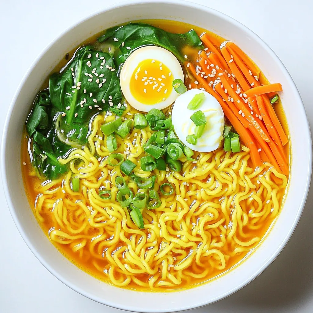 - 2 Packungen Instant-Ramen-Nudeln - 4 Tassen Gemüsebrühe - 2 Esslöffel Chili-Geschmacksoße - 1 Esslöffel Sojasauce - 1 Teelöffel Sesamöl - 1 Esslöffel gehackter Knoblauch - 1 Teelöffel geriebener Ingwer - 2 Frühlingszwiebeln, in Ringe geschnitten - 1 Tasse Baby-Spinat - 1 Karotte, Julienned (fein geschnitten) Ich liebe es, mit frischen und aromatischen Zutaten zu arbeiten. Die Hauptzutaten sind der Schlüssel zu einem schnellen und schmackhaften Gericht. Die Instant-Ramen-Nudeln machen die Zubereitung einfach und schnell. Gemüsebrühe bringt Tiefe und Geschmack. Die Chili-Geschmacksoße sorgt für die nötige Schärfe und Würze. Aromatische Zusätze wie Sojasauce, Sesamöl, Knoblauch und Ingwer verleihen dem Gericht eine besondere Note. Diese Zutaten harmonieren perfekt und heben die Aromen hervor. Knoblauch und Ingwer bringen Frische und einen tollen Duft in die Küche. Frische Zutaten sind das i-Tüpfelchen. Frühlingszwiebeln bringen Farbe und einen milden Geschmack. Baby-Spinat ist nicht nur gesund, sondern auch eine schöne Ergänzung. Karotten sorgen für einen knackigen Biss und süße Noten. Diese Kombination macht das Gericht bunt und einladend. Nutzen Sie diese Zutaten, um Ihr Gericht zu verbessern. Experimentieren Sie mit den Mengen und finden Sie Ihre perfekte Mischung! Erhitze zuerst die Gemüsebrühe in einem mittelgroßen Topf. Stelle die Hitze auf mittlere Stufe. Warte, bis die Brühe sanft kocht. Das dauert etwa 5 Minuten. Danach füge den gehackten Knoblauch und den geriebenen Ingwer hinzu. Rühre die Mischung für 2-3 Minuten. So entfalten sich die Aromen gut. Jetzt ist es Zeit für den Geschmack. Gib die Chili-Geschmacksoße und die Sojasauce in die Brühe. Rühre alles gut um, damit sich die Saucen vermischen. Wenn du es schärfer magst, füge mehr Chili-Geschmacksoße hinzu. Probiere die Brühe und passe sie nach deinem Wunsch an. Füge nun die Instant-Ramen-Nudeln hinzu. Koche sie gemäß der Anleitung auf der Verpackung. Das dauert normalerweise 3-4 Minuten. In den letzten Minuten der Kochzeit, gib den Baby-Spinat und die Julienned-Karotte in den Topf. Rühre sie leicht ein, damit sie zusammenfallen. Nach dem Kochen nimm den Topf vom Herd. Rühre das Sesamöl unter und schmecke die Brühe mit Salz und Pfeffer ab. Genieße deine köstlichen Ramen! Um die besten Nudeln zu bekommen, koche die Instant-Ramen al dente. Das bedeutet, sie sollten leicht fest sein. So bleiben sie in der Brühe knackig und lecker. Schmecke die Brühe gut ab. Du willst, dass die Aromen stark und klar sind. Wenn nötig, füge mehr Chili-Geschmacksoße oder Sojasauce hinzu. Dies macht die Brühe noch schmackhafter. Die Präsentation deiner Ramen zählt viel. Serviere sie in schönen Schalen. Platziere das weich gekochte Ei in der Mitte. Streue die geschnittenen Frühlingszwiebeln und Sesamsamen gleichmäßig darüber. Frische Kräuter wie Koriander machen das Gericht noch ansprechender. Sie bringen Farbe und einen tollen Geschmack. Du kannst die Schärfe anpassen, indem du die Chili-Geschmacksoße variierst. Wenn du es schärfer magst, füge mehr hinzu. Experimentiere mit anderen Gewürzen. Zum Beispiel passen Kreuzkümmel oder Paprika gut dazu. Diese kleinen Änderungen können einen großen Unterschied machen und deinen Ramen neuen Schwung geben. {{image_4}} Um dein Minute Spicy Chili Garlic Ramen noch nahrhafter zu machen, füge Tofu oder Hähnchen hinzu. Tofu gibt eine tolle Textur und nimmt die Aromen gut auf. Schneide das Tofu in kleine Würfel und brate es an, bevor du es in die Brühe gibst. Hähnchen ist eine weitere köstliche Wahl. Du kannst es kochen oder braten und dann in Stücke schneiden. Eine weitere einfache Möglichkeit, dein Gericht zu verfeinern, ist die Garnierung mit einem weich gekochten Ei. Das Ei bringt Cremigkeit in die Suppe und ergänzt die Schärfe der Ramen. Gemüse macht dein Ramen nicht nur bunt, sondern auch gesund. Du kannst verschiedene Gemüsesorten verwenden, um mehr Geschmack und Nährstoffe hinzuzufügen. Brokkoli, Paprika oder Zucchini sind gute Optionen. Sie bringen verschiedene Texturen und Farben in dein Gericht. Denke auch daran, saisonales Gemüse zu integrieren. Im Frühling sind Spargel und Erbsen frisch. Im Herbst kannst du Kürbis oder Rosenkohl verwenden. So bleibt dein Ramen immer spannend und frisch! Falls du glutenfrei essen möchtest, gibt es tolle Alternativen. Verwende glutenfreie Ramen-Nudeln. Diese sind oft aus Reis oder Buchweizen gemacht. So kannst du das Gericht genießen, ohne auf den Geschmack zu verzichten. Außerdem achte darauf, eine Gemüsebrühe ohne Gluten zu wählen. Viele Brühen enthalten Weizen. Lies die Etiketten sorgfältig, um sicherzustellen, dass du ein sicheres Produkt wählst. So bleibt dein Minute Spicy Chili Garlic Ramen für alle Genuss pur! Die beste Zeit, um Ihre Minute Spicy Chili Garlic Ramen zu essen, ist gleich nach der Zubereitung. Die Aromen sind frisch und lebendig. Wenn Sie etwas übrig haben, bewahren Sie es in einem luftdichten Behälter auf. So bleibt der Geschmack erhalten. Lagern Sie die Ramen im Kühlschrank. Sie können sie bis zu drei Tage aufbewahren. Wenn Sie aufwärmen möchten, nutzen Sie die Mikrowelle. Geben Sie etwas Brühe hinzu, um die Konsistenz zu verbessern. Mikrowellenfreundlich sind sie in einer Schüssel mit Deckel. Wenn Sie eine größere Menge zubereitet haben, können Sie auch einfrieren. Füllen Sie die Ramen in einen gefrierfesten Behälter. Lassen Sie etwas Platz, damit sich die Flüssigkeit ausdehnen kann. Zum Auftauen stellen Sie den Behälter einfach in den Kühlschrank über Nacht. Erhitzen Sie die Ramen in einem Topf oder in der Mikrowelle, bis sie heiß sind. Achten Sie darauf, die Brühe gut zu rühren, damit alles gleichmäßig warm wird. Um die Schärfe zu steuern, probiere diese Tipps: - Füge mehr oder weniger Chili-Geschmacksoße hinzu. - Nutze milde Saucen wie Sweet Chili für weniger Schärfe. - Probiere sriracha oder scharfe Paprika als Alternativen. Schärfe ist ein persönlicher Geschmack. Du kannst immer wieder anpassen, bis es passt. Ja, dieses Rezept lässt sich leicht vegan machen. Hier sind einige Vorschläge: - Ersetze die Gemüsebrühe durch eine vegane Brühe. - Nutze Sojasauce, die ohne tierische Produkte ist. - Lass das Ei weg oder ersetze es durch Tofu. So bleibt der Geschmack stark und lecker. Die Ramen schmecken frisch am besten. Hier sind einige Tipps zur Lagerung: - Im Kühlschrank halten sie sich 2-3 Tage. - Bewahre sie in einem luftdichten Behälter auf. - Wenn du sie aufwärmst, füge etwas Brühe hinzu. Achte darauf, die Qualität der Zutaten zu prüfen, bevor du sie isst. Zusammengefasst können Sie mit diesem Rezept ein leckeres Gericht kreieren. Die Kombination aus Instant-Ramen-Nudeln, frischem Gemüse und schmackhaften Gewürzen ist einfach. Ich hoffe, die Anleitung und Tipps helfen Ihnen, Ihre Ramen anzupassen. Experimentieren Sie mit verschiedenen Zutaten, um neue Geschmäcker zu entdecken. Genießen Sie Ihre Ramen frisch oder bewahren Sie Reste gut auf. Kochen macht Spaß, also viel Freude beim Ausprobieren!