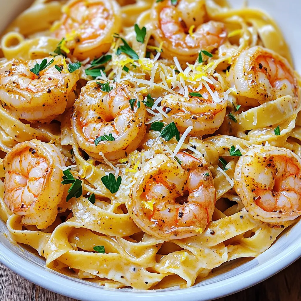 - 225 g Fettuccine-Pasta - 450 g große Garnelen, geschält und entdarmt - 2 Esslöffel Cajun-Gewürz Die Fettuccine-Pasta bildet die Basis für dieses Gericht. Sie hat eine ideale Form, um die cremige Sauce festzuhalten. Große Garnelen bringen den typischen Geschmack und die Cajun-Gewürze geben dem Gericht eine feurige Note. - 2 Esslöffel Olivenöl - 1 Esslöffel Butter - 3 Knoblauchzehen, fein gehackt Olivenöl und Butter sorgen für eine reiche Textur. Der Knoblauch bringt ein tolles Aroma, das die Garnelen perfekt ergänzt. Diese Zutaten sind einfach, aber wichtig. - 1/2 Teelöffel Salz und 1/4 Teelöffel schwarzer Pfeffer - 50 g frisch geriebener Parmesan - 1/4 Tasse frische Petersilie, gehackt Salz und Pfeffer bringen den Geschmack zum Leben. Parmesan fügt eine cremige Tiefe hinzu, während die Petersilie Frische und Farbe bringt. Diese Gewürze und Kräuter verwandeln das Gericht in ein Festmahl. - Bringen Sie in einem großen Topf gesalzenes Wasser zum Kochen. - Kochen Sie die Fettuccine nach den Anweisungen auf der Verpackung al dente. - Bewahren Sie 120 ml des Nudelwassers auf, bevor Sie die Pasta abtropfen lassen. - Würzen Sie die Garnelen in einer Schüssel mit Cajun-Gewürz. - Mischen Sie, bis die Garnelen gleichmäßig bedeckt sind. - Erhitzen Sie in einer großen Pfanne Olivenöl und Butter bei mittlerer Hitze. - Fügen Sie die Garnelen hinzu und braten Sie sie 2-3 Minuten pro Seite, bis sie rosa sind. - Nehmen Sie die Garnelen aus der Pfanne und stellen Sie sie beiseite. - Geben Sie den gehackten Knoblauch in die Pfanne und braten Sie ihn 1 Minute an. - Gießen Sie die Sahne hinein und rühren Sie konstant, bis die Mischung köchelt. - Reduzieren Sie die Hitze und rühren Sie Parmesan, Salz und Pfeffer ein, bis der Käse schmilzt. - Fügen Sie die gekochte Pasta und die Garnelen in die Sauce. - Mischen Sie alles gut, damit die Pasta gleichmäßig mit der Sauce bedeckt ist. - Gießen Sie das aufbewahrte Nudelwasser nach Bedarf hinzu, um die Konsistenz zu erreichen. - Rühren Sie die Zitronenzeste und die Petersilie unter. - Servieren Sie die Pasta in flachen Schalen. - Garnieren Sie mit zusätzlicher Petersilie und Parmesan für einen schönen Look. - Ein Zitronenschnitz an der Seite sorgt für Frische. Wie brät man Garnelen richtig? Zuerst würzen Sie die Garnelen gut. Verwenden Sie Cajun-Gewürz für einen tollen Geschmack. Erhitzen Sie dann Olivenöl und Butter in einer Pfanne. Braten Sie die Garnelen bei mittlerer Hitze an. Achten Sie darauf, dass sie nicht überkochen. Garnelen sind perfekt, wenn sie rosa und undurchsichtig sind. Um übergarte Garnelen zu vermeiden, achten Sie auf die Zeit. Braten Sie sie nur 2-3 Minuten pro Seite. Wenn sie zu lange in der Pfanne bleiben, werden sie zäh. Nehmen Sie die Garnelen rechtzeitig heraus. Wie passt man die Konsistenz der Sauce an? Wenn die Sauce zu dick ist, fügen Sie etwas Nudelwasser hinzu. Das macht die Sauce cremig und gut fließend. Sie können auch mehr Sahne verwenden, um die Konsistenz zu ändern. Für Varianten der Sauce können Sie frische Kräuter hinzufügen. Basilikum oder Thymian passen gut. Auch ein Spritzer Zitronensaft bringt Frische. So wird die Sauce noch leckerer und vielfältiger. Wie erhöht man die Geschmacksintensität? Verwenden Sie zusätzliche Kräuter wie Petersilie oder Schnittlauch. Sie bringen Farbe und Geschmack. Frischer Knoblauch verstärkt den Geschmack ebenfalls. Die Cajun-Würzung können Sie anpassen. Fügen Sie mehr Gewürz hinzu, wenn Sie es schärfer mögen. Oder reduzieren Sie die Menge für einen milderen Geschmack. So bleibt das Gericht nach Ihrem Wunsch. {{image_4}} Du kannst Gemüse in deine cremige Cajun Garnelen Pasta einfügen. Das gibt Farbe und Nährstoffe. Hier sind einige Ideen für Gemüsekombinationen: - Zucchini - Paprika - Spinat - Brokkoli Diese Gemüsesorten sind leicht zu finden und einfach zuzubereiten. Sie passen gut zu den Garnelen und der Sauce. Für gesunde Alternativen kannst du auch Blumenkohl oder grüne Bohnen verwenden. Sie bringen zusätzlichen Biss und frische Aromen. Wenn du keine Garnelen magst, kannst du Hühnchen oder Tofu verwenden. Beide Optionen sind lecker und einfach zu machen. Du würzt das Hühnchen genau wie die Garnelen. Bei Tofu empfehle ich, ihn vorher zu marinieren, um den Geschmack zu verbessern. Fisch ist auch eine gute Wahl. Lachs oder Kabeljau passen gut in die Sauce. Achte darauf, den Fisch nicht zu lange zu garen. So bleibt er saftig und zart. Wenn du glutenfrei essen möchtest, gibt es tolle Alternativen zur normalen Pasta. Viele Marken bieten glutenfreie Fettuccine an, die gut schmecken. Du kannst auch Zucchini-Nudeln oder Reisnudeln verwenden. Diese Optionen sind leicht und gesund. Die Zubereitung bleibt gleich. Koche die glutenfreie Pasta nach Anleitung. Mixe dann alles wie im Rezept beschrieben. So bekommst du ein schmackhaftes Gericht, das jeder genießen kann. Um deine Reste frisch zu halten, lege die Pasta in einen luftdichten Behälter. Das schützt vor Austrocknung. Stelle den Behälter in den Kühlschrank. So bleibt die Pasta für zwei bis drei Tage genießbar. Du kannst die Pasta auch einfrieren. Teile sie in Portionen und lege sie in Gefrierbeutel. Drücke die Luft heraus, bevor du sie verschließt. So bleibt die Qualität hoch. Die Pasta kann bis zu drei Monate im Gefrierfach bleiben. Um die Reste aufzu wärmen, kannst du die Mikrowelle oder den Herd nutzen. Gib die Pasta in eine Pfanne mit etwas Wasser oder Sahne. Erhitze sie bei mittlerer Hitze und rühre häufig um. So bleibt die Konsistenz cremig. Füge nach Bedarf mehr Sahne hinzu, um die Sauce wieder geschmeidig zu machen. Um cremige Cajun-Garnelen-Pasta zu machen, befolge diese Schritte: 1. Pasta Kochen: Koche 225 g Fettuccine-Pasta in gesalzenem Wasser bis sie al dente ist. Hebe 120 ml Nudelwasser auf. 2. Garnelen Würzen: Vermische 450 g geschälte, entdarmte Garnelen mit 2 Esslöffeln Cajun-Gewürz. 3. Garnelen Anbraten: Erhitze 2 Esslöffel Olivenöl und 1 Esslöffel Butter in einer Pfanne. Brate die Garnelen 2-3 Minuten pro Seite. 4. Sauce Zubereiten: Brate 3 gehackte Knoblauchzehen in der gleichen Pfanne. Gieße 240 ml Sahne hinein und lasse sie köcheln. 5. Käse und Gewürze Hinzufügen: Rühre 50 g Parmesan, 1/2 Teelöffel Salz und 1/4 Teelöffel Pfeffer ein. 6. Pasta und Garnelen Kombinieren: Gib die gekochte Pasta und Garnelen in die Sauce. Mische gut und füge das Nudelwasser nach Bedarf hinzu. 7. Abschließend Frisch Machen: Füge die Zeste von 1 Zitrone und 1/4 Tasse gehackte Petersilie hinzu. Ja, du kannst die Rezeptmenge anpassen. Wenn du mehr Portionen brauchst, verdopple einfach die Zutaten. Reduziere die Menge, wenn du weniger brauchst. Achte darauf, auch die Kochzeiten leicht anzupassen, wenn du die Menge änderst. Wenn du kein Cajun-Gewürz hast, kannst du Paprika, Knoblauchpulver und Zwiebelpulver verwenden. Diese Gewürze geben einen ähnlichen Geschmack. Du kannst auch italienische Kräuter wie Oregano oder Basilikum ausprobieren. Ja, das Gericht hat einen gewissen Schärfegrad durch das Cajun-Gewürz. Wenn du es milder magst, verwende weniger Cajun-Gewürz. Du kannst auch etwas Zucker hinzufügen, um die Schärfe zu mildern. Ja, du kannst die Garnelen durch gebratenes Gemüse wie Zucchini, Paprika oder Champignons ersetzen. Eine weitere Option ist, Tofu zu verwenden. Achte darauf, den Tofu gut zu würzen für mehr Geschmack. Diese Cajun-Garnelen-Pasta ist einfach zuzubereiten und voller Geschmack. Wir haben die Hauptzutaten, Zubereitungsschritte und nützliche Tipps besprochen. Vergessen Sie nicht, die Garnelen richtig zu braten und die Sauce bei Bedarf anzupassen. Sie können auch kreativ werden, indem Sie Gemüse oder andere Proteine hinzufügen. Dieses Gericht lässt sich gut aufbewahren und aufwärmen. Genießen Sie die Vielseitigkeit und die leckeren Aromen in Ihrer Küche!