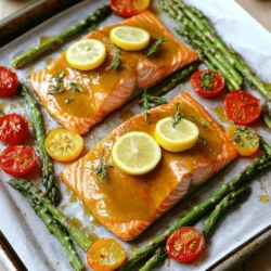 Für den Ahorn-Senf-glasierten Lachs benötigst du folgende Hauptzutaten: - 4 Lachsfilets (je 170 g) - 60 ml reiner Ahornsirup - 30 g Dijon-Senf - 15 ml Olivenöl - 2 Knoblauchzehen, fein gehackt - 1 Teelöffel frische Thymianblätter - Salz und Pfeffer nach Geschmack - 450 g grüner Spargel, die holzigen Enden entfernt - 150 g Kirschtomaten, halbiert - 1 Zitrone, in Scheiben geschnitten Diese Zutaten sind einfach zu finden. Der Lachs ist die Hauptattraktion. Der Ahornsirup gibt süße Noten, während der Dijon-Senf eine angenehme Schärfe bringt. Die Gewürze und Öle spielen eine große Rolle in diesem Rezept. Du verwendest: - Olivenöl: Es bringt einen milden Geschmack und hilft beim Garen. - Salz und Pfeffer: Diese sind wichtig für das Würzen. Sie bringen die Aromen zum Strahlen. - Frische Thymianblätter: Sie sind perfekt für den Lachs und das Gemüse. Thymian hat einen feinen, leicht süßlichen Geschmack. Diese Gewürze und Öle machen das Gericht lebendig. Du kannst mit den Mengen spielen, um deine Lieblingsgeschmäcker zu finden. Zusätzlich zu dem Lachs und Gemüse kannst du folgende Beilagen und Garnituren nutzen: - Zitronenscheiben: Sie bringen Frische und einen spritzigen Geschmack. - Frische Thymianblätter: Diese sind ideal zum Garnieren. Sie sehen toll aus und schmecken gut. - Du kannst auch Reis oder Quinoa als Beilage servieren. Diese passen gut zu den Aromen des Gerichts. Die Beilagen machen das Gericht noch köstlicher. Sie bringen Farbe und zusätzliche Geschmäcker auf den Teller. Heize deinen Ofen auf 200°C vor. Das ist wichtig, um den Lachs gleichmäßig zu garen. Lege ein großes Backblech mit Backpapier aus. Das Papier hilft bei der Reinigung und sorgt dafür, dass nichts anklebt. Nimm eine kleine Schüssel. Vermische 60 ml reinen Ahornsirup, 30 g Dijon-Senf und 15 ml Olivenöl. Füge 2 fein gehackte Knoblauchzehen und 1 Teelöffel frische Thymianblätter hinzu. Würze mit Salz und Pfeffer. Rühre alles gut um. Diese Glasur gibt dem Lachs einen tollen Geschmack. Lege die Lachsfilets mit der Hautseite nach unten auf das Backblech. Bestreiche jedes Filet gut mit der Glasur. Auf der anderen Seite des Backblechs kommst der grüne Spargel und die halbierten Kirschtomaten. Beträufle das Gemüse mit etwas Olivenöl. Vergiss nicht, auch hier Salz und Pfeffer hinzuzufügen. Lege einige Zitronenscheiben auf den Lachs. Diese geben frischen Geschmack. Schiebe das Backblech in den Ofen. Backe alles für 15-20 Minuten. Der Lachs ist fertig, wenn er leicht mit einer Gabel zerfällt. Der Spargel sollte zart und knackig sein. Wenn du eine schöne Grillnote magst, stell den Ofen auf broil und lasse das Blech für 2-3 Minuten unter dem Grill. Achte darauf, dass nichts verbrennt. Lass das Gericht einige Minuten ruhen, bevor du es servierst. Die ideale Garzeit für Lachs beträgt 15 bis 20 Minuten. Der Lachs sollte zart und saftig sein. Eine Gabel kann leicht durch das Fleisch gleiten. Wenn er zu lange im Ofen bleibt, wird er trocken. Überprüfen Sie die Temperatur mit einem Fleischthermometer. 60 Grad Celsius zeigt an, dass der Lachs fertig ist. Frische Kräuter bringen viel Geschmack in das Gericht. Thymian passt sehr gut zu Lachs und Gemüse. Sie können auch andere Kräuter wie Dill oder Petersilie verwenden. Fügen Sie die Kräuter am besten kurz vor dem Servieren hinzu. So bleibt ihr Aroma stärker. Frische Kräuter sind auch eine tolle Dekoration. Für die perfekte Glasur ist die Mischung von Ahornsirup und Dijon-Senf wichtig. Diese Kombination gibt dem Lachs eine süße und würzige Note. Tragen Sie die Glasur dick auf, damit sie gut haftet. Wenn die Glasur karamellisiert, wird sie besonders lecker. Achten Sie darauf, dass sie nicht verbrennt. Ein kurzes Broilieren am Ende macht die Glasur knusprig. {{image_4}} Sie können viele verschiedene Gemüse für dieses Rezept verwenden. Wenn Sie keinen Spargel mögen, probieren Sie Brokkoli oder Blumenkohl. Auch Zucchini und Paprika passen gut. Schneiden Sie das Gemüse in gleich große Stücke. So garen sie gleichmäßig im Ofen. Sie müssen nicht nur Lachs verwenden. Forelle oder Heilbutt sind ebenfalls tolle Optionen. Diese Fische nehmen die Glasur gut auf und bleiben saftig. Achten Sie darauf, die Garzeit anzupassen, wenn Sie eine andere Fischart wählen. Für eine glutenfreie Variante verwenden Sie sicher, dass der Dijon-Senf glutenfrei ist. Für vegane Anpassungen können Sie den Lachs durch Tofu ersetzen. Marinierten Tofu nimmt die Aromen der Glasur gut an. Garen Sie ihn wie den Lachs, bis er zart ist. Wenn Sie Reste haben, bewahren Sie den Lachs und das Gemüse in einem luftdichten Behälter auf. Lassen Sie das Essen zuerst auf Raumtemperatur abkühlen. Stellen Sie sicher, dass Sie den Behälter gut verschließen. So bleiben die Aromen frisch und lecker. Zum Aufwärmen gibt es verschiedene einfache Methoden. Sie können den Lachs und das Gemüse in der Mikrowelle erwärmen. Stellen Sie die Mikrowelle auf mittlere Hitze und erwärmen Sie in 30-Sekunden-Intervallen. Alternativ können Sie das Gericht im Ofen auf 180°C erhitzen. Decken Sie es mit Alufolie ab, um ein Austrocknen zu vermeiden. Im Kühlschrank bleibt das Gericht bis zu drei Tage frisch. Lagern Sie es in einem luftdichten Behälter. Im Gefrierfach können Sie die Reste bis zu drei Monate aufbewahren. Achten Sie darauf, das Essen gut einzufrieren, um Gefrierbrand zu vermeiden. Vor dem Essen sollten Sie es über Nacht im Kühlschrank auftauen lassen. Der Lachs braucht 15 bis 20 Minuten im Ofen. Bei 200°C wird er perfekt gar. Die Filets sind fertig, wenn sie leicht mit einer Gabel zerfallen. Achten Sie darauf, dass der Lachs nicht trocken wird. Wenn Sie eine schöne Kruste möchten, grillen Sie ihn für 2-3 Minuten am Ende. Ja, das Gemüse kann leicht geändert werden. Verwenden Sie Brokkoli, Zucchini oder Paprika. Diese Gemüsesorten passen gut zu Lachs. Achten Sie darauf, die Garzeit anzupassen. Dünneres Gemüse braucht weniger Zeit. Dickere Sorten brauchen vielleicht etwas länger. Zu diesem Gericht passen Reis oder Quinoa hervorragend. Beides ergänzt den Lachs und das Gemüse gut. Ein frischer Salat ist auch eine tolle Idee. Er bringt eine knackige Note dazu. Für einen besonderen Touch können Sie etwas Feta-Käse darüberstreuen. In diesem Artikel habe ich die Hauptzutaten und Schritte für ein köstliches Lachsgericht vorgestellt. Wir haben die besten Gewürze, Beilagen und Tricks besprochen. Die Variationen rund um Gemüse und Fischarten bieten viele Optionen. Du kannst Reste einfach aufbewahren und aufwärmen. Damit wirst du sicher ein tolles Essen zubereiten. Denke daran, kreativ zu sein und Spaß beim Kochen zu haben!
